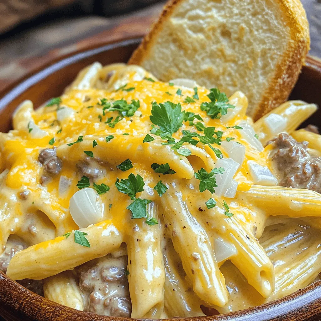 - 450 g Rinderhackfleisch - 340 g Penne-Nudeln - 1 kleine Zwiebel, gewürfelt - 2 Knoblauchzehen, fein gehackt Die Hauptzutaten machen dieses Gericht besonders. Das Rinderhackfleisch gibt einen tollen Geschmack. Die Penne-Nudeln sorgen für die perfekte Textur. Zwiebel und Knoblauch bringen eine leckere Duftnote. Ich finde, dass die Kombination dieser Zutaten den Grundstein für ein großartiges Gericht legt. - 1 Teelöffel italienische Gewürzmischung - 1 Teelöffel geräuchertes Paprika-Pulver - 480 ml Rinderbrühe - 240 ml Schlagsahne Die Gewürze bringen das Gericht zum Leben. Die italienische Gewürzmischung sorgt für einen authentischen Geschmack. Geräuchertes Paprika-Pulver gibt eine rauchige Note. Rinderbrühe und Schlagsahne machen die Pasta cremig und reichhaltig. Diese Kombination ist einfach köstlich und macht jeden Bissen zu einem Genuss. - Frische Petersilie zur Garnierung - Käse zum Servieren Die Garnitur macht das Gericht schöner. Frische Petersilie bringt Farbe und Frische. Ein wenig Käse darüber macht das Gericht noch besser. Dies sind einfache, aber wichtige Ergänzungen, die den Geschmack abrunden. Wenn Sie mehr Geschmack wünschen, probieren Sie verschiedene Käsesorten oder Kräuter aus. Beginnen Sie mit der Vorbereitung. Schneiden Sie die Zwiebel in kleine Würfel. Hacken Sie den Knoblauch fein. Diese beiden Zutaten bringen viel Geschmack. Jetzt nehmen Sie das Rinderhackfleisch. Würzen Sie es mit Salz, Pfeffer und der italienischen Gewürzmischung. So bekommt das Fleisch eine tolle Basis. Erhitzen Sie das Olivenöl in einem großen Topf. Fügen Sie die Zwiebeln hinzu und braten Sie sie an, bis sie glasig sind. Das dauert etwa drei bis vier Minuten. Geben Sie dann den Knoblauch dazu. Braten Sie alles ein bis zwei Minuten weiter. Jetzt erhöhen Sie die Hitze und fügen das Rinderhackfleisch hinzu. Braten Sie es braun und zerbrechen Sie es mit einem Spatel. Das dauert ungefähr fünf bis sieben Minuten. Jetzt kommt der spannende Teil! Rühren Sie die Penne-Nudeln unter das Fleisch. Mischen Sie alles gut. Gießen Sie die Rinderbrühe hinein und bringen Sie die Mischung zum Kochen. Decken Sie den Topf ab und lassen Sie alles zehn bis zwölf Minuten köcheln, bis die Pasta gar ist. Sobald die Pasta weich ist, fügen Sie die Schlagsahne und den geriebenen Cheddar-Käse hinzu. Rühren Sie alles gut um, bis der Käse schmilzt. Schmecken Sie das Gericht ab. Passen Sie die Gewürze nach Ihrem Geschmack an, indem Sie mehr Salz oder Pfeffer hinzufügen. Lassen Sie das Gericht ein paar Minuten ruhen. Servieren Sie es heiß und genießen Sie die cremige Rindfleisch-Pasta. Für das vollständige Rezept schauen Sie sich die [Full Recipe] an. Um das beste Aroma zu erreichen, achte auf die Gewürze. Die italienische Gewürzmischung bringt viel Geschmack. Das geräucherte Paprika-Pulver gibt eine rauchige Note. Probiere, die Gewürze schrittweise hinzuzufügen. So kannst du den Geschmack anpassen. Wenn du mehr Gewürz magst, füge einfach mehr hinzu. Die Garzeit für die Pasta ist wichtig. Koche die Penne-Nudeln, bis sie weich, aber noch bissfest sind. Das dauert etwa 10-12 Minuten. Rühre während des Kochens regelmäßig um. So verhinderst du, dass die Nudeln am Boden kleben. Füge Gemüse für mehr Textur und Geschmack hinzu. Erbsen, Spinat oder Paprika passen gut. Diese Gemüse sind gesund und machen das Gericht bunter. Wenn du Käse magst, probiere verschiedene Sorten. Parmesan oder Mozzarella können die Pasta noch cremiger machen. Du kannst auch mit verschiedenen Pastasorten experimentieren. Zum Beispiel eignen sich Fusilli oder Farfalle gut. Sie nehmen die Sauce besser auf. So wird jeder Biss ein Genuss. Besuche auch den Full Recipe für weitere Ideen und Details. {{image_4}} Wenn Sie eine vegetarische Option wünschen, können Sie pflanzliches Hack verwenden. Es gibt viele leckere Alternativen aus Erbsen oder Soja. Diese ersetzen das Rinderhackfleisch gut. Tauschen Sie auch die Rinderbrühe gegen Gemüsebrühe aus. So bleibt der Geschmack reichhaltig und voll. Sie werden den Unterschied kaum bemerken! Möchten Sie etwas mehr Kick in Ihrem Gericht? Fügen Sie Chilipulver oder frische Chilis hinzu. Diese bringen die richtige Schärfe. Nutzen Sie würzigen Käse wie Pepper Jack, um das Gericht weiter zu verstärken. Kombinieren Sie das mit der cremigen Konsistenz der Pasta und Sie haben ein echtes Feuerwerk auf dem Teller. Servieren Sie die Pasta mit einem frischen Salat. Ein einfacher grüner Salat passt perfekt. Auch knuspriges Brot macht das Essen noch besser. Ein Stück Knoblauchbrot gibt einen tollen Geschmack. So wird Ihr Gericht zu einem vollwertigen Essen. Nehmen Sie sich Zeit, um die Beilagen auszuwählen. Um die Reste der One-Pot Creamy Beef Pasta gut zu lagern, sollten Sie sie in den Kühlschrank stellen. Legen Sie die Pasta in einen luftdichten Behälter. So bleibt der Geschmack frisch und lecker. Es ist wichtig, die Reste innerhalb von 3 bis 4 Tagen zu essen. Wenn Sie die Reste länger aufbewahren wollen, ist das Einfrieren eine gute Option. Wenn Sie die fertige Pasta einfrieren möchten, lassen Sie sie zuerst abkühlen. Teilen Sie die Pasta in Portionen auf. Nutzen Sie gefriergeeignete Beutel oder Behälter. So sparen Sie Platz im Gefrierfach. Die Pasta kann bis zu 3 Monate eingefroren werden. Zum Auftauen legen Sie die Portionen einfach in den Kühlschrank über Nacht. Um die Pasta wieder zu erwärmen, können Sie sie in einer Pfanne oder in der Mikrowelle erhitzen. Fügen Sie etwas Brühe oder Sahne hinzu, um die Cremigkeit zu erhalten. Um die Pasta cremiger zu machen, können Sie mehr Schlagsahne hinzufügen. Ich empfehle, die Menge auf 360 ml zu erhöhen. Sie können auch Frischkäse oder griechischen Joghurt verwenden. Mischen Sie diese Zutaten gut ein. Das sorgt für eine noch reichhaltigere Sauce. Ein Spritzer Zitronensaft kann auch helfen, das Gericht aufzuhellen. Ja, Sie können das Gericht im Voraus zubereiten. Kochen Sie die Pasta wie im Rezept angegeben. Lassen Sie sie dann abkühlen und füllen Sie sie in einen luftdichten Behälter. Sie können das Gericht bis zu drei Tage im Kühlschrank aufbewahren. Erwärmen Sie es einfach auf dem Herd oder in der Mikrowelle. Fügen Sie etwas zusätzliche Schlagsahne hinzu, wenn es zu dick wird. Zu cremiger Rindfleisch-Pasta passen frische Salate sehr gut. Ein einfacher grüner Salat mit einem leichten Dressing ist perfekt. Auch ein Caesar-Salat harmoniert gut. Für Brot empfehle ich knuspriges Knoblauchbrot oder ein Baguette. Diese ergänzen die cremige Sauce und machen das Essen noch besser. Diese Anleitung zeigt dir, wie du eine leckere Rindfleisch-Pasta zubereitest. Du verwendest einfache Zutaten wie Rinderhackfleisch, Penne und Gewürze. Beachte die Tipps für optimale Ergebnisse und Variationen. Du kannst das Gericht sogar vegetarian oder schärfer machen. Vergiss nicht, Reste richtig zu lagern. So bleibt der Geschmack frisch. Probiere es aus und genieße dein selbstgemachtes Essen!