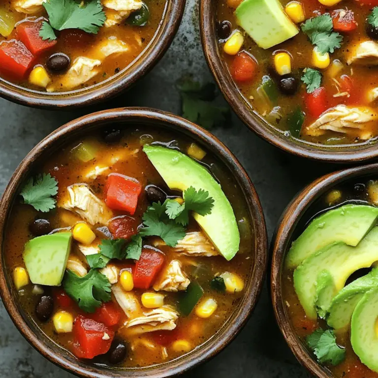 Für diese einfache Chicken Fajita Soup benötigst du folgende Hauptzutaten: - 2 Hähnchenbrustfilets - 1 Liter Hühnerbrühe - 1 Dose gehackte Tomaten - 1 Tasse Mais Diese Zutaten bilden die Basis für deine Suppe. Das Hähnchen gibt der Suppe Proteine. Die Hühnerbrühe sorgt für einen leckeren Geschmack. Gehackte Tomaten fügen Süße und Säure hinzu. Der Mais bringt eine knackige Textur. Um die Suppe aufzupeppen, brauchst du auch einige Gewürze: - Chili-Pulver - Kreuzkümmel - Geräucherte Paprika Chili-Pulver gibt der Suppe Schärfe. Kreuzkümmel fügt erdige Noten hinzu. Geräucherte Paprika bringt ein rauchiges Aroma. Diese Gewürze machen deine Suppe besonders und lecker. Die Garnierungen machen das Gericht komplett: - Frischer Koriander - Avocadoscheiben - Sauerrahm Frischer Koriander bringt Frische. Avocadoscheiben sorgen für Cremigkeit. Sauerrahm rundet den Geschmack ab. Du kannst auch geriebenen Käse hinzufügen, wenn du magst. Diese Beilagen machen deine Suppe noch köstlicher und schöner. Mit diesen Zutaten bereitest du die beste Chicken Fajita Soup zu. Für das vollständige Rezept, schau dir den [Full Recipe] an. Um die einfache Chicken Fajita Soup zuzubereiten, beginne mit der Vorbereitung der Zutaten. - Hähnchenbrust filetiert und gewürfelt: Nimm zwei Hähnchenbrustfilets. Entferne die Haut und Knochen. Würfle die Bruststücke in gleich große Stücke. Dies hilft beim gleichmäßigen Garen. - Gemüse schneiden: Schneide eine mittlere Zwiebel in grobe Stücke. Nimm eine rote und eine grüne Paprika. Schneide sie in Streifen. Hacke zwei Knoblauchzehen fein. Jetzt geht es an das Kochen. - Zwiebel und Hähnchen anbraten: Erhitze einen großen Topf bei mittlerer Hitze. Gib einen Esslöffel Olivenöl hinein. Füge die Zwiebel hinzu und brate sie 3-4 Minuten, bis sie weich wird. Dann kommen die gewürfelten Hähnchenstücke hinein. Brate sie 5-6 Minuten, bis sie goldbraun sind. - Weitere Zutaten hinzufügen: Rühre die geschnittenen Paprika und den Knoblauch unter. Koche das Ganze für 3 Minuten weiter. Füge nun die gehackten Tomaten, Hühnerbrühe, Chili-Pulver, Kreuzkümmel und geräucherten Paprika hinzu. Lass die Mischung aufkochen. Jetzt ist es Zeit, die Suppe zu servieren. - Garnierung und Serviervorschläge: Verteile die Suppe auf Schalen. Garniere sie mit frischem Koriander. Füge Avocadoscheiben, geriebenen Käse und Sauerrahm nach Wunsch hinzu. - Zubereitungszeit und Portionen: Die Zubereitung dauert 15 Minuten. Die gesamte Kochzeit beträgt 35 Minuten. Diese Suppe reicht für 4-6 Portionen. Für die vollständige Rezeptanleitung, schau dir das [Full Recipe] an. - Hähnchen richtig anbraten: Beginne mit der Hähnchenbrust. Schneide sie in kleine Würfel. Erhitze das Olivenöl in einem großen Topf. Brate das Hähnchen bei mittlerer Hitze, bis es goldbraun ist. Das dauert etwa 5 bis 6 Minuten. Eine schöne Bräunung bringt mehr Geschmack. - Temperaturkontrolle: Halte die Hitze gleichmäßig. Zu hohe Hitze kann das Hähnchen außen anbrennen und innen roh lassen. Stelle sicher, dass die Hitze ideal ist, um eine gleichmäßige Garung zu erreichen. - Limettensaft hinzufügen: Kurz vor dem Servieren, füge frischen Limettensaft hinzu. Das gibt der Suppe einen frischen Kick. Es hebt die Aromen und macht die Suppe lebendig. - Gewürze nach persönlichem Geschmack anpassen: Jeder hat andere Vorlieben. Probiere die Suppe und passe die Gewürze an. Mehr Chili-Pulver für Schärfe oder mehr Kreuzkümmel für einen erdigen Geschmack. - Gemüsevariationen: Du kannst das Gemüse variieren. Füge Zucchini, Karotten oder sogar Spinat hinzu. Das macht die Suppe gesünder und bunter. - Verwendung von frischen Kräutern: Frische Kräuter wie Koriander oder Petersilie bringen noch mehr Geschmack. Streue sie oben auf die Suppe, kurz bevor du servierst. Sie sorgen für Farbe und ein frisches Aroma. Für das vollständige Rezept, schau dir [Full Recipe] an. {{image_4}} Für eine vegetarische Variante der Chicken Fajita Soup können Sie Tofu oder Tempeh verwenden. Schneiden Sie den Tofu in Würfel oder zerbröseln Sie Tempeh. Braten Sie diese in Öl an, bis sie goldbraun sind. Ersetzen Sie dann die Hühnerbrühe durch Gemüsebrühe. So bleibt der Geschmack intensiv und herzhaft. Wenn Sie es scharf mögen, fügen Sie Jalapeños oder andere scharfe Chilis hinzu. Diese bringen nicht nur Hitze, sondern auch tollen Geschmack. Sie können auch scharfen Paprika verwenden, um die Suppe noch würziger zu machen. Passen Sie die Menge nach Ihrem Geschmack an. Variieren Sie die Bohnen, um neue Aromen zu entdecken. Kidneybohnen oder Kichererbsen passen gut in die Suppe. Auch saisonales Gemüse ist eine tolle Ergänzung. Denken Sie an Zucchini oder Karotten. So bleibt die Suppe frisch und spannend. Für die vollständige Zubereitung schauen Sie sich das [Full Recipe] an. Um die Suppe frisch zu halten, lagere sie im Kühlschrank. Nutze einen luftdichten Behälter. Die Suppe bleibt bis zu fünf Tage frisch. Lass sie zuerst abkühlen. Dann kannst du sie in den Behälter füllen. Wenn du die Suppe länger aufbewahren willst, friere sie ein. Verwende gefriergeeignete Behälter oder Beutel. So bleibt die Suppe bis zu drei Monate gut. Achte darauf, die Suppe vor dem Einfrieren in Portionen zu teilen. Das erleichtert das spätere Auftauen. Die Haltbarkeit der Suppe hängt von den Zutaten ab. Frische Zutaten verlängern die Haltbarkeit. Wenn du die Suppe im Kühlschrank aufbewahrst, iss sie innerhalb von fünf Tagen. Schaue dir die Zutaten genau an. Wenn sie nicht mehr frisch aussehen, ist es besser, sie wegzuwerfen. Im Gefrierfach hält die Suppe länger. Achte darauf, dass die Zutaten gut sind, bevor du sie einfrierst. So bleibt der Geschmack erhalten. Um die Suppe wieder aufzuwärmen, benutze einen Topf oder die Mikrowelle. Erhitze sie langsam, damit sie nicht anbrennt. Wenn die Suppe zu dick ist, füge etwas Wasser oder Brühe hinzu. Rühre gut um, damit sich alles gleichmäßig verteilt. In der Mikrowelle, stelle die Suppe in eine mikrowellengeeignete Schüssel. Decke sie ab, damit sie nicht spritzt. Erwärme sie in Intervallen von einer Minute. Rühre nach jeder Minute um, bis sie heiß ist. So bleibt die Konsistenz perfekt. Die Zubereitung der Easy Chicken Fajita Soup dauert etwa 15 Minuten. Die Kochzeit beträgt etwa 20 Minuten. Damit ist die gesamte Zeit rund 35 Minuten. Diese Suppe ist also schnell gemacht. Perfekt für einen stressigen Tag! Ja, du kannst Geflügelbrühe durch Gemüsebrühe ersetzen. Das macht die Suppe vegetarisch. Der Geschmack wird leicht anders, aber immer noch lecker. Du kannst auch andere Brühen ausprobieren, um neue Aromen zu finden. Zu dieser Suppe passen viele Beilagen gut. Hier sind einige Vorschläge: - Knuspriges Baguette - Tortilla-Chips - Frische Avocadoscheiben - Geriebener Käse - Sauerrahm Diese Beilagen bieten tolle Texturen und Geschmäcker. Sie machen das Essen noch besser! Probiere sie aus! Ein einfaches Rezept für eine köstliche Hähnchen-Fajita-Suppe ist nun nur noch einige Schritte entfernt. Du hast gelernt, welche Zutaten und Gewürze du benötigst. Die Schritt-für-Schritt-Anleitung hilft dir beim Kochen. Tipps zur Zubereitung und Variationen zeigen dir, wie du die Suppe anpassen kannst. Egal, ob du es scharf magst oder vegetarische Optionen probierst, die Möglichkeiten sind groß. Genieße die Suppe frisch oder bewahre sie für später auf. Mit diesen Ideen wird deine nächste Mahlzeit lecker und einfach!