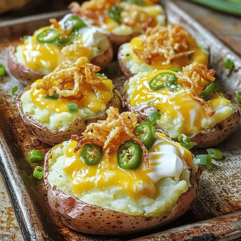 - 900 g Babykartoffeln - 240 g Frischkäse, weich - 100 g geriebener, scharfer Cheddar-Käse - 125 g Jalapeños, ohne Kerne und fein gehackt - 60 g saure Sahne - 2 Esslöffel Frühlingszwiebeln, gehackt - 60 g ungesalzene Butter, geschmolzen - Salz und Pfeffer nach Geschmack - Optional: knusprige Röstzwiebeln zum Bestreuen Die Hauptzutaten sind einfach und lecker. Babykartoffeln geben den perfekten Biss. Der Frischkäse sorgt für Cremigkeit. Der scharfe Cheddar-Käse gibt dem Gericht seine würzige Note. Die zusätzlichen Zutaten bringen noch mehr Geschmack. Jalapeños fügen eine angenehme Schärfe hinzu. Saure Sahne macht die Mischung schön glatt. Frühlingszwiebeln geben einen frischen Crunch. Die Gewürze und Extras sind wichtig. Schmelzende Butter sorgt für eine goldene Kruste. Salz und Pfeffer runden den Geschmack ab. Wenn du magst, füge knusprige Röstzwiebeln hinzu. Diese sorgen für einen tollen Crunch. Für die vollständige Rezeptur, klicke auf den Link zur [Full Recipe]. - Kartoffeln in einen großen Topf geben und mit kaltem Wasser bedecken. - Eine Prise Salz hinzufügen und zum Kochen bringen. Kochen Sie die Kartoffeln etwa 15-20 Minuten. Sie sollen zart sein. - In einer Rührschüssel den Frischkäse, geriebenen Cheddar, Jalapeños und saure Sahne vermengen. - Mit Salz und Pfeffer abschmecken. Rühren Sie gut, bis alles gleichmäßig verteilt ist. - Kartoffeln auf ein Backblech legen und mit einem Kartoffelstampfer zerdrücken. - Käsemischung auf jede Kartoffel geben und mit Butter beträufeln. Vergewissern Sie sich, dass jede Kartoffel schön bedeckt ist. - Im Ofen backen, bis der Käse sprudelnd und goldbraun ist. Das dauert etwa 20-25 Minuten. Für das vollständige Rezept, schauen Sie sich die [Full Recipe] an. Um perfekte Smashed Potatoes zu machen, ist die Kochzeit wichtig. Kochen Sie die Babykartoffeln etwa 15-20 Minuten. Sie sollten zart, aber nicht matschig sein. Überprüfen Sie mit einer Gabel, ob sie weich sind. Wenn die Kartoffeln die richtige Konsistenz haben, gießen Sie sie ab und lassen sie kurz abkühlen. Die Wahl des Käses beeinflusst den Geschmack stark. Ich empfehle, scharfen Cheddar-Käse zu verwenden. Er gibt den Kartoffeln die nötige Würze. Frischkäse sorgt für eine cremige Textur. Wenn Sie es milder mögen, nutzen Sie milden Cheddar oder Gouda. Für eine tolle Käsemischung vermengen Sie den Frischkäse mit dem Cheddar. Fügen Sie die gehackten Jalapeños hinzu. Diese geben den Kartoffeln den speziellen Kick. Die Mischung sollte cremig, aber nicht zu flüssig sein. Wenn Sie sie zu dick finden, fügen Sie etwas saure Sahne hinzu. Sie können auch andere Zutaten ausprobieren. Fügen Sie zum Beispiel geräucherten Paprika für einen rauchigen Geschmack hinzu. Zwiebelpulver gibt der Mischung mehr Tiefe. Seien Sie kreativ und passen Sie die Mischung Ihrem Geschmack an. Um Ihre Jalapeño Popper Smashed Potatoes schön zu präsentieren, richten Sie sie auf einer großen Platte an. Stellen Sie sicher, dass sie gleichmäßig verteilt sind. Garnieren Sie sie mit gehackten Frühlingszwiebeln für einen frischen Farbkontrast. Zusätzlich können Sie einen Klecks saure Sahne obenauf geben. Ein paar knusprige Röstzwiebeln verleihen zusätzlichen Crunch. Diese Details machen nicht nur das Essen schöner, sie sorgen auch für mehr Geschmack. Wenn Sie mehr Ideen suchen, schauen Sie sich die Full Recipe für weitere Inspirationen an. {{image_4}} Für eine vegane Version der Jalapeño Popper Smashed Potatoes ersetzen Sie den Frischkäse und den Cheddar mit veganen Käsealternativen. Diese Produkte gibt es in vielen Geschäften. Achten Sie darauf, dass die Alternativen gut schmelzen. Für zusätzlichen Geschmack können Sie Nussmus oder Cashewcreme verwenden. Sie können auch die saure Sahne durch vegane Joghurtalternativen ersetzen. Diese geben eine ähnliche Cremigkeit. Fügen Sie frische Kräuter wie Koriander oder Petersilie hinzu. Diese sorgen für Frische und einen tollen Geschmack. Um sicherzustellen, dass die Jalapeño Popper Smashed Potatoes glutenfrei sind, prüfen Sie alle verwendeten Zutaten. Achten Sie besonders auf die verwendeten Käsesorten und die saure Sahne. Viele Marken bieten glutenfreie Produkte an. Für eine glutenfreie Variante können Sie die Kartoffeln mit Quinoa oder Reis kombinieren. Diese Zutaten sind ebenfalls lecker und passen gut. Ihre Gäste werden den Unterschied nicht bemerken. Um den Geschmack der Jalapeño Popper Smashed Potatoes zu verändern, fügen Sie andere Gewürze und Kräuter hinzu. Paprika oder Knoblauchpulver bringen eine interessante Note. Sie können auch frische Kräuter wie Thymian oder Oregano ausprobieren. Eine Kombination mit verschiedenen Käsesorten ist ebenfalls möglich. Versuchen Sie Gouda oder Monterey Jack für eine andere Geschmacksrichtung. Diese Käsesorten schmelzen gut und sorgen für eine köstliche Vielfalt. Für das vollständige Rezept empfehle ich, die Full Recipe zu besuchen. Um die restlichen Jalapeño Popper Smashed Potatoes frisch zu halten, lagern Sie sie im Kühlschrank. Legen Sie die Kartoffeln in einen luftdichten Behälter. So bleiben sie einige Tage lecker. Stellen Sie sicher, dass sie abgekühlt sind, bevor Sie sie einpacken. Wenn Sie noch mehr Zeit sparen möchten, können Sie die Kartoffeln auch einfrieren. Teilen Sie sie in Portionen auf und legen Sie sie in Gefrierbeutel. Drücken Sie die Luft heraus und verschließen Sie sie gut. So bleiben sie bis zu drei Monate frisch. Um die Reste der Jalapeño Popper Smashed Potatoes aufzuwärmen, gibt es zwei gute Methoden. Die erste ist der Ofen. Heizen Sie ihn auf 180 Grad vor. Legen Sie die Kartoffeln auf ein Backblech und decken Sie sie mit Aluminiumfolie ab. So bleiben sie saftig. Backen Sie sie für etwa 15 Minuten, bis sie warm sind. Die zweite Methode ist die Mikrowelle. Legen Sie die Kartoffeln auf einen mikrowellengeeigneten Teller. Erwärmen Sie sie in Intervallen von 30 Sekunden. Rühren Sie zwischendurch um. So vermeiden Sie, dass sie zu heiß werden. Die restlichen Jalapeño Popper Smashed Potatoes sind im Kühlschrank bis zu vier Tage haltbar. Überprüfen Sie die Kartoffeln auf Geruch oder Schimmel. Wenn sie unangenehm riechen oder seltsam aussehen, ist es besser, sie wegzuwerfen. Achten Sie darauf, die Kartoffeln richtig zu lagern. So vermeiden Sie, dass sie schnell verderben. Frische und Geschmack sind wichtig für das beste Genusserlebnis. Die Zubereitung von Jalapeño Popper Smashed Potatoes dauert etwa 15 Minuten. Die Kochzeit für die Kartoffeln beträgt 15 bis 20 Minuten. Ingesamt benötigst du also etwa 50 Minuten. Diese Zeit ist schnell gut investiert. Du wirst mit einem köstlichen Gericht belohnt. Ja, du kannst diese Kartoffeln im Voraus zubereiten. Koche die Kartoffeln und bereite die Käsemischung vor. Lasse alles abkühlen und bewahre es im Kühlschrank auf. Du kannst die Kartoffeln bis zu zwei Tage im Voraus machen. Wenn du bereit bist, backe sie für 20 bis 25 Minuten im Ofen. Diese leckeren Kartoffeln passen gut zu vielen Gerichten. Du kannst sie mit gegrilltem Fleisch oder Gemüse servieren. Auch ein einfacher grüner Salat ergänzt das Gericht perfekt. Für eine vollständige Mahlzeit empfehle ich, etwas saure Sahne oder scharfe Soße dazu zu reichen. Das gibt einen tollen Geschmack. Jalapeño Popper Smashed Potatoes sind einfach und lecker. In diesem Blogbeitrag habe ich die Hauptzutaten, die Zubereitung und tolle Tipps geteilt. Du kannst sie ganz nach deinem Geschmack abwandeln. Ob vegan oder glutenfrei, es gibt viele Varianten. Lagerungshinweise sichern, dass deine Reste frisch bleiben. Diese Beilage passt perfekt zu vielen Gerichten. Probiere es aus und genieße die köstlichen Aromen!