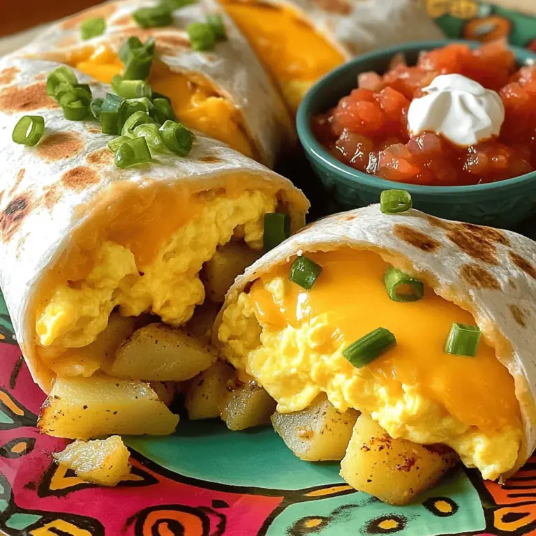 - Kartoffeln, Eier, Käse und Milch: Diese Grundzutaten machen den Burrito herzhaft. Die Kartoffeln geben eine tolle Textur. Die Eier sorgen für Proteine. Der Käse bringt Geschmack, während die Milch die Eier schön cremig macht. - Gewürze und Kräuter für den Geschmack: Ich benutze Knoblauchpulver und Paprika. Diese Gewürze verleihen dem Gericht Tiefe und Wärme. Frischer Schnittlauch bringt einen frischen, grünen Akzent. Du kannst auch andere Kräuter verwenden, die du magst. - Tortillas und optionale Beilagen: Große Weizentortillas halten die Füllung gut zusammen. Du kannst auch Mais-Tortillas verwenden, wenn du das magst. Salsa und saure Sahne sind tolle Beilagen. Sie bringen Frische und Säure, die perfekt zu den Burritos passen. Für die genauen Mengen und Schritte schau dir das [Full Recipe] an. Zuerst schneiden Sie die Kartoffeln in kleine Würfel. Das sorgt für eine gleichmäßige Garung. In einer großen Pfanne erhitzen Sie das Olivenöl bei mittlerer Hitze. Fügen Sie die gewürfelten Kartoffeln hinzu. Jetzt ist es Zeit, die Kartoffeln zu würzen. Nutzen Sie Salz, Pfeffer, Knoblauchpulver und Paprika für den besten Geschmack. Braten Sie die Kartoffeln etwa 15 bis 20 Minuten lang an. Rühren Sie gelegentlich um, damit sie gleichmäßig garen. Die Kartoffeln sind fertig, wenn sie goldbraun und zart sind. Als Nächstes bereiten Sie die Eier vor. Nehmen Sie eine Schüssel und geben Sie die Eier hinein. Fügen Sie eine Tasse Milch sowie eine Prise Salz und Pfeffer hinzu. Verquirlen Sie die Mischung gut, bis alles gut vermischt ist. Nehmen Sie eine separate Pfanne und gießen Sie die Eiermischung hinein. Lassen Sie die Mischung eine Minute ruhen. Dann rühren Sie vorsichtig mit einem Spatel um. Kochen Sie die Eier bei mittlerer Hitze für etwa 4 bis 5 Minuten. Die Rühreier sollen weich und gerade durchgegart sein. Nehmen Sie die Pfanne vom Herd und fügen Sie den geriebenen Cheddar und den Schnittlauch hinzu. Jetzt stellen Sie die Burritos zusammen. Legen Sie eine Tortilla auf eine saubere Fläche. Geben Sie eine Portion der Kartoffelmischung in die Mitte. Fügen Sie dann eine Portion der Rühreimischung hinzu. Klappen Sie die Ränder der Tortilla ein und rollen Sie sie fest auf. Wiederholen Sie diesen Schritt mit den restlichen Tortillas. Nun rösten Sie die Burritos. Platzieren Sie sie mit der Nahtseite nach unten in die Pfanne, die Sie zuvor für die Kartoffeln verwendet haben. Rösten Sie die Burritos für etwa 2 bis 3 Minuten auf jeder Seite, bis sie goldbraun und knusprig sind. Servieren Sie die Burritos warm, idealerweise mit Salsa und saurer Sahne. Für die vollständige Anleitung, einschließlich der genauen Mengen, schauen Sie sich das Full Recipe an. Um perfekte Frühstücksburritos zu machen, ist das Timing wichtig. Du musst die Eier richtig garen. Wenn du die Eier zu lange kochst, werden sie hart. Rühre sie sanft, bis sie gerade durch sind. Sie sollten weich und cremig bleiben. Das macht den Burrito leckerer. Der Käse ist ebenfalls entscheidend. Wähle den richtigen Käse für deinen Geschmack. Cheddar ist eine gute Wahl, da er schmilzt und einen tollen Geschmack hat. Andere Käsesorten wie Monterey Jack oder Gouda funktionieren auch gut. Probiere verschiedene Käsesorten aus, um den perfekten Geschmack zu finden. Für mehr Geschmack kannst du Salsa oder andere Toppings hinzufügen. Salsa bringt Frische und einen schönen Kick. Du kannst scharfe oder milde Salsa wählen, je nach Vorliebe. Auch Avocado oder eingelegte Jalapeños sind gute Optionen. Frische Kräuter machen die Burritos lebendiger. Schnittlauch passt gut zu den Eiern. Du kannst auch Koriander oder Petersilie verwenden. Diese Kräuter bringen frische Aromen und Farbe auf deinen Teller. Experimentiere mit verschiedenen Kräutern, um deinen Burritos eine persönliche Note zu geben. {{image_4}} Für vegetarische Frühstücksburritos können Sie mehr Gemüse hinzufügen. Ich empfehle, Paprika, Zwiebeln und Spinat zu verwenden. Diese Füllungen bringen frische Aromen und Farben. Sie können die Gemüse in der Pfanne anbraten, bis sie weich sind. Eine gute Proteinquelle sind auch schwarze Bohnen oder Kichererbsen. Diese Bohnen machen das Gericht nahrhaft und sättigend. Um die Aromen zu variieren, probieren Sie unterschiedliche Gewürzmischungen aus. Geräucherter Paprika gibt einen tollen Geschmack. Oder verwenden Sie Kreuzkümmel für eine erdige Note. Schärfere Varianten mit Chili oder Cayennepfeffer sind ebenfalls eine gute Wahl. Diese Gewürze bringen Wärme in Ihre Burritos. Experimentieren Sie, bis Sie Ihre perfekte Mischung finden. Um die Frühstücksburritos frisch zu halten, lagere sie im Kühlschrank. Wickel jeden Burrito in Frischhaltefolie oder lege sie in einen luftdichten Behälter. So bleiben sie bis zu drei Tage gut. Achte darauf, die Burritos vollständig abkühlen zu lassen, bevor du sie lagerst. Wenn du die Burritos für später aufbewahren möchtest, friere sie ein. Wickel sie fest in Folie und lege sie in einen Gefrierbeutel. So bleiben sie bis zu drei Monate frisch. Beschrifte die Beutel mit dem Datum, damit du weißt, wie lange sie schon im Gefrierfach sind. Zum Aufwärmen kannst du die Mikrowelle oder eine Pfanne nutzen. In der Mikrowelle erwärmst du einen Burrito für etwa 1-2 Minuten. Achte darauf, ihn dabei abzudecken, damit er nicht austrocknet. Wenn du eine Pfanne nutzt, erhitze sie bei mittlerer Hitze. Lege den Burrito in die Pfanne und wärme ihn 2-3 Minuten auf jeder Seite. So bleibt der Burrito knusprig und lecker. Halte die Burritos frisch, indem du sie nur einmal aufwärmst. Wiederholtes Erwärmen kann den Geschmack und die Textur beeinträchtigen. Die Zubereitung der Frühstücksburritos dauert insgesamt etwa 40 Minuten. Sie benötigen 15 Minuten für die Vorbereitung. Dann kochen Sie die Kartoffeln und Eier, was ca. 25 Minuten in Anspruch nimmt. In dieser Zeit können Sie die Zutaten gut mischen. So können Sie alles frisch und lecker halten. Ja, Frühstücksburritos können im Voraus zubereitet werden. Bereiten Sie die Füllung einfach im Voraus zu. Kochen Sie die Kartoffeln und die Eier, dann lassen Sie sie abkühlen. Wickeln Sie die Burritos in Folie, um sie frisch zu halten. Sie können sie dann im Kühlschrank lagern. Wenn Sie bereit sind, sie zu essen, rösten Sie sie kurz in der Pfanne. Die besten Beilagen für Frühstücksburritos sind einfach und schmackhaft. Hier sind einige Vorschläge: - Frische Salsa - Saure Sahne - Avocado oder Guacamole - Ein einfacher grüner Salat - Ein Glas Orangensaft Diese Beilagen ergänzen die Burritos perfekt und machen Ihr Frühstück noch besser. In diesem Artikel haben wir die wichtigsten Schritte für perfekte Frühstücksburritos besprochen. Von den Zutaten wie Kartoffeln und Eiern bis hin zu Schritt-für-Schritt-Anleitungen. Wir haben auch Tipps für perfekte Burritos gegeben und verschiedene Variationen vorgestellt. Du kannst diese Burritos leicht anpassen, um sie noch besser zu machen. Egal, ob du sie frisch zubereitest oder für später lagerst, Frühstücksburritos sind immer eine tolle Wahl. Probiere es aus und genieße dein leckeres Frühstück!