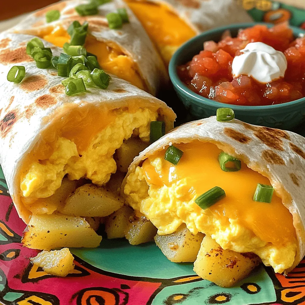 - Kartoffeln, Eier, Käse und Milch: Diese Grundzutaten machen den Burrito herzhaft. Die Kartoffeln geben eine tolle Textur. Die Eier sorgen für Proteine. Der Käse bringt Geschmack, während die Milch die Eier schön cremig macht. - Gewürze und Kräuter für den Geschmack: Ich benutze Knoblauchpulver und Paprika. Diese Gewürze verleihen dem Gericht Tiefe und Wärme. Frischer Schnittlauch bringt einen frischen, grünen Akzent. Du kannst auch andere Kräuter verwenden, die du magst. - Tortillas und optionale Beilagen: Große Weizentortillas halten die Füllung gut zusammen. Du kannst auch Mais-Tortillas verwenden, wenn du das magst. Salsa und saure Sahne sind tolle Beilagen. Sie bringen Frische und Säure, die perfekt zu den Burritos passen. Für die genauen Mengen und Schritte schau dir das [Full Recipe] an. Zuerst schneiden Sie die Kartoffeln in kleine Würfel. Das sorgt für eine gleichmäßige Garung. In einer großen Pfanne erhitzen Sie das Olivenöl bei mittlerer Hitze. Fügen Sie die gewürfelten Kartoffeln hinzu. Jetzt ist es Zeit, die Kartoffeln zu würzen. Nutzen Sie Salz, Pfeffer, Knoblauchpulver und Paprika für den besten Geschmack. Braten Sie die Kartoffeln etwa 15 bis 20 Minuten lang an. Rühren Sie gelegentlich um, damit sie gleichmäßig garen. Die Kartoffeln sind fertig, wenn sie goldbraun und zart sind. Als Nächstes bereiten Sie die Eier vor. Nehmen Sie eine Schüssel und geben Sie die Eier hinein. Fügen Sie eine Tasse Milch sowie eine Prise Salz und Pfeffer hinzu. Verquirlen Sie die Mischung gut, bis alles gut vermischt ist. Nehmen Sie eine separate Pfanne und gießen Sie die Eiermischung hinein. Lassen Sie die Mischung eine Minute ruhen. Dann rühren Sie vorsichtig mit einem Spatel um. Kochen Sie die Eier bei mittlerer Hitze für etwa 4 bis 5 Minuten. Die Rühreier sollen weich und gerade durchgegart sein. Nehmen Sie die Pfanne vom Herd und fügen Sie den geriebenen Cheddar und den Schnittlauch hinzu. Jetzt stellen Sie die Burritos zusammen. Legen Sie eine Tortilla auf eine saubere Fläche. Geben Sie eine Portion der Kartoffelmischung in die Mitte. Fügen Sie dann eine Portion der Rühreimischung hinzu. Klappen Sie die Ränder der Tortilla ein und rollen Sie sie fest auf. Wiederholen Sie diesen Schritt mit den restlichen Tortillas. Nun rösten Sie die Burritos. Platzieren Sie sie mit der Nahtseite nach unten in die Pfanne, die Sie zuvor für die Kartoffeln verwendet haben. Rösten Sie die Burritos für etwa 2 bis 3 Minuten auf jeder Seite, bis sie goldbraun und knusprig sind. Servieren Sie die Burritos warm, idealerweise mit Salsa und saurer Sahne. Für die vollständige Anleitung, einschließlich der genauen Mengen, schauen Sie sich das Full Recipe an. Um perfekte Frühstücksburritos zu machen, ist das Timing wichtig. Du musst die Eier richtig garen. Wenn du die Eier zu lange kochst, werden sie hart. Rühre sie sanft, bis sie gerade durch sind. Sie sollten weich und cremig bleiben. Das macht den Burrito leckerer. Der Käse ist ebenfalls entscheidend. Wähle den richtigen Käse für deinen Geschmack. Cheddar ist eine gute Wahl, da er schmilzt und einen tollen Geschmack hat. Andere Käsesorten wie Monterey Jack oder Gouda funktionieren auch gut. Probiere verschiedene Käsesorten aus, um den perfekten Geschmack zu finden. Für mehr Geschmack kannst du Salsa oder andere Toppings hinzufügen. Salsa bringt Frische und einen schönen Kick. Du kannst scharfe oder milde Salsa wählen, je nach Vorliebe. Auch Avocado oder eingelegte Jalapeños sind gute Optionen. Frische Kräuter machen die Burritos lebendiger. Schnittlauch passt gut zu den Eiern. Du kannst auch Koriander oder Petersilie verwenden. Diese Kräuter bringen frische Aromen und Farbe auf deinen Teller. Experimentiere mit verschiedenen Kräutern, um deinen Burritos eine persönliche Note zu geben. {{image_4}} Für vegetarische Frühstücksburritos können Sie mehr Gemüse hinzufügen. Ich empfehle, Paprika, Zwiebeln und Spinat zu verwenden. Diese Füllungen bringen frische Aromen und Farben. Sie können die Gemüse in der Pfanne anbraten, bis sie weich sind. Eine gute Proteinquelle sind auch schwarze Bohnen oder Kichererbsen. Diese Bohnen machen das Gericht nahrhaft und sättigend. Um die Aromen zu variieren, probieren Sie unterschiedliche Gewürzmischungen aus. Geräucherter Paprika gibt einen tollen Geschmack. Oder verwenden Sie Kreuzkümmel für eine erdige Note. Schärfere Varianten mit Chili oder Cayennepfeffer sind ebenfalls eine gute Wahl. Diese Gewürze bringen Wärme in Ihre Burritos. Experimentieren Sie, bis Sie Ihre perfekte Mischung finden. Um die Frühstücksburritos frisch zu halten, lagere sie im Kühlschrank. Wickel jeden Burrito in Frischhaltefolie oder lege sie in einen luftdichten Behälter. So bleiben sie bis zu drei Tage gut. Achte darauf, die Burritos vollständig abkühlen zu lassen, bevor du sie lagerst. Wenn du die Burritos für später aufbewahren möchtest, friere sie ein. Wickel sie fest in Folie und lege sie in einen Gefrierbeutel. So bleiben sie bis zu drei Monate frisch. Beschrifte die Beutel mit dem Datum, damit du weißt, wie lange sie schon im Gefrierfach sind. Zum Aufwärmen kannst du die Mikrowelle oder eine Pfanne nutzen. In der Mikrowelle erwärmst du einen Burrito für etwa 1-2 Minuten. Achte darauf, ihn dabei abzudecken, damit er nicht austrocknet. Wenn du eine Pfanne nutzt, erhitze sie bei mittlerer Hitze. Lege den Burrito in die Pfanne und wärme ihn 2-3 Minuten auf jeder Seite. So bleibt der Burrito knusprig und lecker. Halte die Burritos frisch, indem du sie nur einmal aufwärmst. Wiederholtes Erwärmen kann den Geschmack und die Textur beeinträchtigen. Die Zubereitung der Frühstücksburritos dauert insgesamt etwa 40 Minuten. Sie benötigen 15 Minuten für die Vorbereitung. Dann kochen Sie die Kartoffeln und Eier, was ca. 25 Minuten in Anspruch nimmt. In dieser Zeit können Sie die Zutaten gut mischen. So können Sie alles frisch und lecker halten. Ja, Frühstücksburritos können im Voraus zubereitet werden. Bereiten Sie die Füllung einfach im Voraus zu. Kochen Sie die Kartoffeln und die Eier, dann lassen Sie sie abkühlen. Wickeln Sie die Burritos in Folie, um sie frisch zu halten. Sie können sie dann im Kühlschrank lagern. Wenn Sie bereit sind, sie zu essen, rösten Sie sie kurz in der Pfanne. Die besten Beilagen für Frühstücksburritos sind einfach und schmackhaft. Hier sind einige Vorschläge: - Frische Salsa - Saure Sahne - Avocado oder Guacamole - Ein einfacher grüner Salat - Ein Glas Orangensaft Diese Beilagen ergänzen die Burritos perfekt und machen Ihr Frühstück noch besser. In diesem Artikel haben wir die wichtigsten Schritte für perfekte Frühstücksburritos besprochen. Von den Zutaten wie Kartoffeln und Eiern bis hin zu Schritt-für-Schritt-Anleitungen. Wir haben auch Tipps für perfekte Burritos gegeben und verschiedene Variationen vorgestellt. Du kannst diese Burritos leicht anpassen, um sie noch besser zu machen. Egal, ob du sie frisch zubereitest oder für später lagerst, Frühstücksburritos sind immer eine tolle Wahl. Probiere es aus und genieße dein leckeres Frühstück!