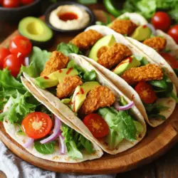 - 1 Tasse pflanzliche Chik’n-Streifen - 4 Vollkorn-Tortilla-Wraps - 1 Tasse gemischte Blattsalate - 1/2 Tasse Kirschtomaten Die Hauptzutaten sind die Basis für die Wraps. Ich verwende gerne pflanzliche Chik’n-Streifen, da sie die Textur von Hähnchen gut nachahmen. Diese Streifen sorgen für den herzhaften Geschmack. Vollkorn-Tortilla-Wraps geben dem Snack eine gesunde Note. Die gemischten Blattsalate bringen Frische und Farbe. Kirschtomaten fügen Süße hinzu und machen die Wraps noch leckerer. - 1/4 Tasse rote Zwiebel - 1/2 Avocado - 1/4 Tasse Hummus - Gewürze und Öle Zusätzliche Zutaten machen die Wraps noch interessanter. Rote Zwiebeln geben einen scharfen Kick. Avocado bringt Cremigkeit und gesunde Fette. Hummus dient als perfekter Aufstrich und hält die Füllung zusammen. Ich empfehle, Olivenöl, Salz und Pfeffer zu verwenden, um den Wraps mehr Geschmack zu verleihen. Gewürze wie Paprika oder Knoblauchpulver können ebenfalls hinzugefügt werden, um die Aromen zu variieren. Für die vollständige Zubereitung und weitere Details können Sie die Full Recipe ansehen. Zuerst erhitzen wir das Olivenöl in einer Pfanne. Ich nehme mittlere Hitze. Das Öl sollte warm, aber nicht rauchend sein. Jetzt kommen die pflanzlichen Chik’n-Streifen in die Pfanne. Braten Sie sie für etwa 5 bis 7 Minuten. Sie sollten goldbraun und leicht knusprig sein. Vergessen Sie nicht, sie mit Salz und Pfeffer zu würzen. Wenn Sie mögen, fügen Sie Nährhefe hinzu, um einen käsigen Geschmack zu erhalten. Nehmen Sie die Pfanne vom Herd und stellen Sie die Streifen beiseite. Legen Sie einen Vollkorn-Tortilla-Wrap auf eine saubere Oberfläche. Nehmen Sie 1 Esslöffel Hummus und verteilen Sie ihn großzügig in der Mitte des Wraps. Das gibt dem Wrap einen tollen Geschmack. Jetzt kommt eine Handvoll gemischte Blattsalate darauf. Das gibt Frische und Farbe. Fügen Sie dann eine Schicht der gebratenen Chik’n-Streifen hinzu. So sieht der Wrap schon lecker aus! Nun wird es bunt. Verteilen Sie die halbierten Kirschtomaten, die roten Zwiebeln und die Avocadoscheiben gleichmäßig auf dem Wrap. Wenn Sie es scharf mögen, träufeln Sie etwas Sriracha darüber. Jetzt kommt der spannende Teil: Falten Sie die Seiten des Wraps ein. Rollen Sie ihn dann straff von unten nach oben ein. Schneiden Sie jeden Wrap schräg in der Mitte durch. Das macht das Essen einfacher und sieht toll aus. Für eine schöne Präsentation, servieren Sie die Wraps auf einem Holzbrett oder bunten Teller. Fügen Sie ein kleines Schälchen Hummus zum Dippen hinzu. Genießen Sie diese leckeren Vegan Chik’n Snack Wraps! Wenn es um die Zubereitung von Chik’n-Streifen geht, gibt es zwei Hauptmethoden: anbraten oder backen. Anbraten bringt einen tollen Geschmack und eine knusprige Textur. Bei dieser Methode erhitzen Sie etwas Olivenöl in einer Pfanne. Fügen Sie die Chik’n-Streifen hinzu und braten Sie sie an. Achten Sie darauf, sie regelmäßig zu wenden. So werden sie gleichmäßig knusprig. Das Backen ist eine gesündere Alternative. Sie legen die Chik’n-Streifen auf ein Backblech und backen sie im Ofen. Dadurch sparen Sie Fett und erhalten dennoch einen guten Geschmack. Beide Methoden sind einfach und lecker. Die Wahl hängt von Ihrer Vorliebe ab! Die Vegan Chik’n Snack Wraps sind vielseitig. Sie können sie mit verschiedenen Beilagen und Dips servieren. Ein frischer Salat passt immer gut dazu. Sie können auch Pommes oder Gemüse-Sticks anbieten. Für einen extra Kick können Sie Hummus oder Guacamole als Dip verwenden. Diese passen perfekt zu den Wraps und machen das Essen noch spannender. Wenn Sie glutenfreie Optionen suchen, gibt es viele Möglichkeiten. Verwenden Sie glutenfreie Tortillas oder Salatblätter als Wrap. So können auch Menschen mit Glutenunverträglichkeit die Wraps genießen. Für nussfreie Alternativen können Sie Sonnenblumenkerne oder Kürbiskerne verwenden. Diese geben einen tollen Crunch und sind nussfrei. Achten Sie darauf, dass die Zutaten immer frisch und sicher sind. So können alle genießen! {{image_4}} Für deine Vegan Chik’n Snack Wraps kannst du viele verschiedene Gemüsearten nutzen. Probiere zum Beispiel Paprika, Gurken oder Karotten. Diese bringen Farbe und Frische. Auch das Hinzufügen von Avocado gibt eine cremige Note. Eine tolle Proteinalternative ist Tofu oder Seitan. Diese Optionen geben dir eine gute Konsistenz. Du kannst sie einfach anbraten oder marinieren. Nutze deine Lieblingsgewürze, um den Geschmack zu verstärken. Hausgemachte Saucen machen deine Wraps noch besser. Mische einfach Joghurt mit Kräutern für einen leichten Dip. Auch eine einfache Senf- oder BBQ-Sauce passt gut dazu. Verschiedene Hummus-Geschmäcker bringen Abwechslung. Probiere Hummus mit Rote Bete oder Knoblauch. Diese Geschmäcker fügen eine neue Dimension hinzu. Diese Wraps sind perfekt für Partys. Schneide sie in kleine Stücke für einen tollen Snack. Sie sind leicht zu essen und sehen ansprechend aus. Für Meal-Prep kannst du die Wraps am Sonntag vorbereiten. Sie bleiben frisch im Kühlschrank und sind eine schnelle Option für die Woche. Du kannst sie auch einfrieren, wenn du mehr zubereitest. Für das vollständige Rezept schau dir die Anleitung an. Um die frischen Aromen deiner Vegan Chik’n Snack Wraps zu bewahren, lagere sie im Kühlschrank. Wickele die Wraps fest in Frischhaltefolie oder lege sie in einen luftdichten Behälter. So bleiben sie bis zu drei Tage frisch. Achte darauf, die Wraps nicht zu stapeln, um ein Quetschen zu vermeiden. Wenn du die Wraps für später aufbewahren möchtest, kannst du sie einfrieren. Wickele jeden Wrap in Frischhaltefolie und lege sie in einen gefriergeeigneten Beutel. Achte darauf, so viel Luft wie möglich herauszudrücken. So bleiben die Wraps bis zu drei Monate haltbar. Wenn du sie auftauen möchtest, lege sie einfach über Nacht in den Kühlschrank. Um die Wraps optimal aufzuwärmen, nutze eine Pfanne oder einen Ofen. Erhitze die Pfanne bei mittlerer Hitze und lege die Wraps hinein. Wende sie nach ein paar Minuten, damit sie gleichmäßig heiß werden. Im Ofen kannst du die Wraps bei 180 Grad Celsius für etwa 10 Minuten erwärmen. So bleibt die Füllung saftig und der Wrap knusprig. Die Vegan Chik’n Snack Wraps bleiben frisch für etwa 3 bis 4 Tage im Kühlschrank. Bewahre sie in einem luftdichten Behälter auf. So bleiben die Wraps saftig und lecker. Achte darauf, sie nicht zu lange stehen zu lassen. Wenn du sie länger aufbewahren möchtest, friere sie besser ein. Ja, das geht ganz einfach! Bereite die Chik’n-Streifen bis zu zwei Tage im Voraus zu. Brate sie einfach an und lasse sie abkühlen. Danach kannst du sie in einem Behälter im Kühlschrank lagern. So sparst du Zeit, wenn du deine Wraps schnell machen möchtest. Du kannst auch die anderen Zutaten vorbereiten und dann alles zusammenstellen. Zu den Vegan Chik’n Snack Wraps passen viele leckere Beilagen. Hier sind einige Vorschläge: - Ein frischer grüner Salat - Gemischtes Gemüse, wie Karotten und Gurken - Eine leckere Suppe, wie Tomatensuppe - Guacamole oder Salsa als Dip Ja, du kannst die Wraps nach dem Einfrieren aufwärmen. Wickele sie in Alufolie und lege sie in den Ofen. Bei 180 Grad Celsius brauchen sie etwa 15 bis 20 Minuten. Du kannst sie auch in der Mikrowelle aufwärmen. Achte darauf, sie nicht zu lange zu lassen, damit sie nicht trocken werden. So sind die Wraps schnell wieder heiß und lecker. Dieses Rezept für die veganen Chik’n-Snack-Wraps ist einfach und lecker. Du hast gelernt, welche Zutaten du brauchst und wie du sie zubereitest. Denk an die Tipps zur Lagerung und die Variationen für besondere Anlässe. Kreiere deine eigenen Wraps mit verschiedenen Füllungen und Dips. Sie sind perfekt für jeden Snack oder zum Meal-Prep. Viel Spaß beim Ausprobieren und Genießen deiner gesunden Wraps!