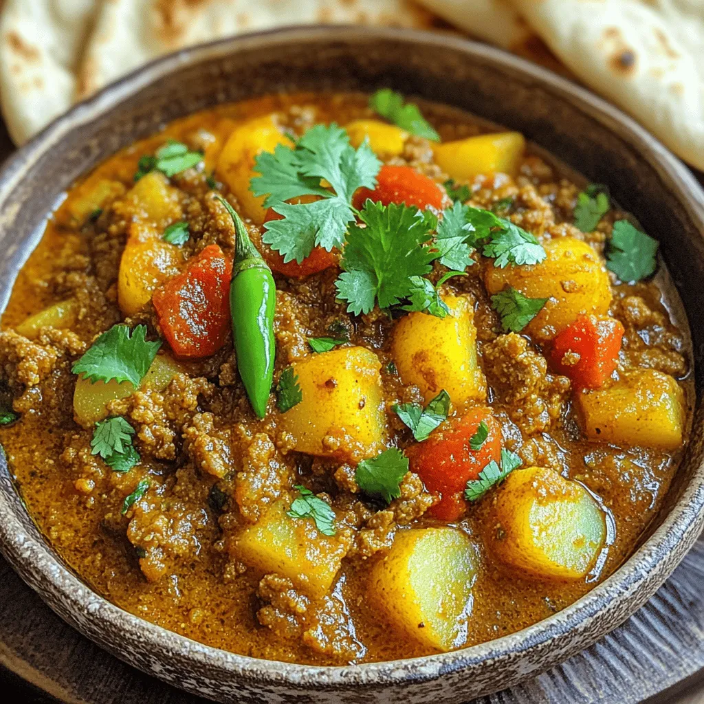 Für ein gutes Aloo Keema brauchst du folgende Hauptzutaten: - 500 g Hackfleisch (Lamm oder Hähnchen) - 2 mittelgroße Kartoffeln, geschält und gewürfelt - 1 große Zwiebel, fein gehackt - 2 Tomaten, gewürfelt - 2 grüne Chilischoten, längs eingeschnitten - 3 Knoblauchzehen, gehackt - Ein Stück Ingwer (ca. 2,5 cm), gerieben - 2 Esslöffel Pflanzenöl - Salz nach Geschmack - Frische Korianderblätter zum Garnieren Diese Zutaten sind die Basis für das Gericht. Sie sorgen für Geschmack und Textur. Die Gewürze geben dem Aloo Keema seinen besonderen Kick. Du benötigst: - 1 Teelöffel Kreuzkümmelsamen - 1 Teelöffel Garam Masala - 1/2 Teelöffel Kurkumapulver - 1 Teelöffel Paprikapulver - 1/2 Teelöffel Korianderpulver Kreuzkümmel bringt Wärme. Garam Masala fügt Tiefe hinzu. Kurkuma gibt Farbe und Paprika einen milden Geschmack. Wenn du einige Zutaten nicht hast, gibt es Alternativen: - Verwende Rindfleisch anstelle von Lamm oder Hähnchen. - Ersetze frische Tomaten durch Dosentomaten. - Nutze Süßkartoffeln statt normaler Kartoffeln für einen anderen Geschmack. Diese Alternativen helfen dir, das Gericht nach deinem Geschmack anzupassen. Du kannst auch mehr Gemüse hinzufügen, um es gesünder zu machen. Um Aloo Keema zuzubereiten, benötigen wir frische und aromatische Zutaten. Hier ist, was Sie brauchen: - 500 g Hackfleisch (Lamm oder Hähnchen) - 2 mittelgroße Kartoffeln, geschält und gewürfelt - 1 große Zwiebel, fein gehackt - 2 Tomaten, gewürfelt - 2 grüne Chilischoten, längs eingeschnitten (nach Geschmack anpassen) - 3 Knoblauchzehen, gehackt - Ein Stück Ingwer (ca. 2,5 cm), gerieben - 1 Teelöffel Kreuzkümmelsamen - 1 Teelöffel Garam Masala - 1/2 Teelöffel Kurkumapulver - 1 Teelöffel Paprikapulver (nach Geschmack anpassen) - 1/2 Teelöffel Korianderpulver - 2 Esslöffel Pflanzenöl - Salz nach Geschmack - Frische Korianderblätter zum Garnieren - 125 ml Wasser (bei Bedarf mehr hinzufügen) Sobald Sie alle Zutaten bereit haben, wird der Spaß beginnen! 1. Erhitzen Sie das Pflanzenöl in einer großen Pfanne bei mittlerer Hitze. Die Kreuzkümmelsamen sollten für einige Sekunden brutzeln. Dies bringt ihren Geschmack hervor. 2. Fügen Sie die gehackten Zwiebeln hinzu. Braten Sie sie an, bis sie weich und goldbraun sind. Geben Sie dann den gehackten Knoblauch und den geriebenen Ingwer dazu. Braten Sie diese Mischung für zwei Minuten an. 3. Jetzt kommen die gewürfelten Tomaten und die grünen Chilischoten in die Pfanne. Kochen Sie alles, bis die Tomaten weich werden. Das dauert etwa fünf Minuten. 4. Geben Sie das Hackfleisch in die Pfanne. Zerkleinern Sie es mit einem Löffel. Lassen Sie es braten, bis es durchgegart und braun ist. Das dauert etwa sieben bis zehn Minuten. 5. Rühren Sie die Kartoffeln, das Kurkumapulver, das Paprikapulver, das Korianderpulver und das Salz ein. Mischen Sie alles gut, damit die Kartoffeln und das Fleisch gleichmäßig gewürzt sind. 6. Gießen Sie das Wasser hinzu und bringen Sie die Mischung zum Kochen. Decken Sie die Pfanne ab und reduzieren Sie die Hitze auf niedrig. Lassen Sie das Gericht kochen, bis die Kartoffeln zart sind. Das dauert etwa 15 bis 20 Minuten. 7. Wenn die Kartoffeln gar sind, streuen Sie das Garam Masala darüber. Mischen Sie vorsichtig, um den Geschmack zu verteilen. Passen Sie das Würzen nach Bedarf an. Garnieren Sie das Aloo Keema vor dem Servieren mit frischen Korianderblättern. Dies bringt Farbe und Frische ins Gericht. Servieren Sie es heiß mit Naan oder Reis. Ein Becher Joghurt oder Raita passt perfekt dazu. Für das vollständige Rezept, schauen Sie sich die [Full Recipe] an. Diese einfache Anleitung macht das Kochen von Aloo Keema zum Kinderspiel. Die Gewürze machen den Unterschied. Beginne mit den Basisgewürzen: Kreuzkümmel, Kurkuma und Garam Masala. Diese geben deinem Aloo Keema Tiefe und Aroma. Du kannst die Schärfe mit mehr oder weniger Chili anpassen. Für eine süßere Note füge eine Prise Zucker hinzu. Experimentiere mit Gewürzen, die dir gefallen. So machst du das Gericht ganz nach deinem Geschmack. Die Konsistenz ist wichtig. Aloo Keema sollte saftig, aber nicht zu flüssig sein. Die Kartoffeln helfen, das Gericht zu binden. Wenn du es flüssiger magst, füge mehr Wasser hinzu. Wenn du eine festere Mischung möchtest, koche es länger. Achte darauf, dass die Kartoffeln weich sind, aber nicht zerfallen. So bleibt die Textur angenehm. Timing ist der Schlüssel für den perfekten Geschmack. Brate die Zwiebeln goldbraun, um Süße zu entwickeln. Achte darauf, das Hackfleisch gut durchzubraten, damit es sein volles Aroma entfaltet. Lass das Gericht dann etwa 15-20 Minuten köcheln. So nehmen die Kartoffeln alle Aromen auf. Diese Schritte sorgen für ein köstliches Aloo Keema. Für das beste Ergebnis folge meiner [Full Recipe]. {{image_4}} Wenn Sie eine vegetarische Version von Aloo Keema möchten, ist das einfach. Tauschen Sie das Hackfleisch gegen Linsen oder Kichererbsen aus. Diese Hülsenfrüchte sind nahrhaft und geben dem Gericht eine gute Textur. Verwenden Sie die gleichen Gewürze und folgen Sie der Zubereitung. Die Linsen oder Kichererbsen sollten gut gekocht sein, damit sie die Aromen aufnehmen. Diese Variante ist auch ideal für Vegetarier und Veganer. Aloo Keema ist sehr anpassungsfähig. Sie können verschiedene Fleischsorten ausprobieren. Rindfleisch oder Schweinefleisch passen gut dazu. Jedes Fleisch bringt einen eigenen Geschmack ins Gericht. Achten Sie darauf, die Kochzeit entsprechend anzupassen. Hähnchenfleisch kocht schneller, während Rindfleisch länger braucht. Genießen Sie diese Variationen und entdecken Sie neue Geschmäcker. In Indien gibt es viele regionale Variationen von Aloo Keema. In Punjab verwenden die Leute oft mehr Gewürze, um einen intensiveren Geschmack zu erzielen. In Gujarat fügen sie manchmal Erbsen hinzu, um das Gericht bunter zu machen. Probieren Sie, die Gewürze nach Ihrem Geschmack anzupassen. Fügen Sie auch frische Kräuter hinzu, um den Geschmack zu verbessern. Jede Region hat ihre eigenen Geheimnisse, die Aloo Keema einzigartig machen. Entdecken Sie die Vielfalt in Ihrem eigenen Kochen. Um Aloo Keema richtig zu lagern, lassen Sie es zuerst auf Raumtemperatur abkühlen. Danach füllen Sie das Gericht in einen luftdichten Behälter. So bleibt die Frische erhalten. Lagern Sie den Behälter im Kühlschrank. Achten Sie darauf, dass es gut verschlossen ist, um Gerüche zu vermeiden. Wenn Sie Aloo Keema aufwärmen, verwenden Sie einen Topf oder eine Mikrowelle. Im Topf erhitzen Sie es langsam bei mittlerer Hitze. Rühren Sie regelmäßig um, damit es gleichmäßig warm wird. In der Mikrowelle können Sie es in kurzen Intervallen aufwärmen. Decken Sie das Gericht ab, um Spritzer zu vermeiden. Fügen Sie bei Bedarf einen Esslöffel Wasser hinzu, um die Feuchtigkeit zu halten. Aloo Keema bleibt im Kühlschrank etwa drei bis vier Tage frisch. Wenn Sie es länger aufbewahren möchten, frieren Sie es ein. Im Gefrierschrank hält es bis zu drei Monate. Achten Sie darauf, es in einem geeigneten Behälter zu lagern, um Gefrierbrand zu vermeiden. Zum Auftauen stellen Sie den Behälter einfach in den Kühlschrank. So bleibt der Geschmack erhalten. Sie können die Anleitung für das Gericht in der Full Recipe finden. Aloo Keema kombiniert Hackfleisch mit Kartoffeln. Andere Keema-Rezepte nutzen oft nur Fleisch. Der Kartoffelanteil macht das Gericht sättigender und gibt ihm eine besondere Textur. Aloo Keema ist auch milder im Geschmack. Manchmal kommen zusätzliche Gemüse oder Hülsenfrüchte in anderen Varianten vor, die es von Aloo Keema unterscheiden. Um Aloo Keema schärfer zu machen, füge mehr grüne Chilischoten hinzu. Du kannst auch getrocknete rote Chiliflocken verwenden. Diese Zutaten geben dem Gericht mehr Hitze. Achte darauf, die Schärfe langsam zu steigern. So kannst du den perfekten Geschmack finden, der dir gefällt. Ja, Aloo Keema lässt sich gut im Voraus zubereiten. Koche es und lasse es abkühlen. Danach bewahre es in einem luftdichten Behälter im Kühlschrank auf. Es bleibt dort bis zu drei Tage frisch. Du kannst es auch einfrieren. Achte darauf, es gut zu verpacken, damit es nicht austrocknet. Wenn du es wieder aufwärmst, füge etwas Wasser hinzu, um die Konsistenz zu verbessern. Für die vollständige Anleitung und alle Details, schau dir das [Full Recipe] an. Zusammenfassend erkundeten wir die Zutaten für Aloo Keema, seine Zubereitung und Variationen. Ich erklärte, wie man die Hauptzutaten perfekt vorbereitet und die besten Gewürze auswählt. Die Tipps zur Konsistenz und dem Timing helfen dir, das Gericht perfekt zu machen. Du kannst auch viele Variationen ausprobieren, sei es vegetarisch oder mit Fleisch. Mit der richtigen Lagerung bleibt dein Aloo Keema frisch. Experimentiere mit diesen Ideen und entdecke, was am besten für dich funktioniert. Viel Spaß beim Kochen!