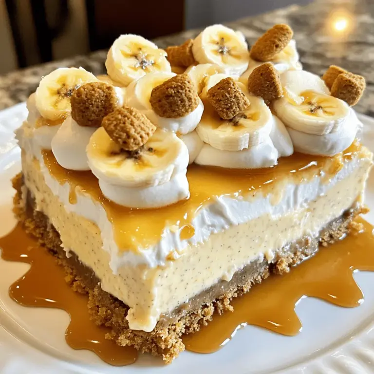 Hier sind die Zutaten, die du für die leckere Banana Pudding Cheesecake brauchst: - 1 1/2 Tassen Graham-Cracker-Brösel - 1/4 Tasse Kristallzucker - 1/2 Tasse ungesalzene Butter, geschmolzen - 450 g Frischkäse, weich - 1 Tasse Puderzucker - 1 TL Vanilleextrakt - 2 reife Bananen, zerdrückt - 1 Tasse Schlagsahne (fertig gekauft oder selbstgemacht) - 1 Tasse Bananenpudding (zubereitet) - 1/2 Tasse Mini-Vanille-Waffeln (zum Bestreuen) - Bananenscheiben (zur Dekoration) Jede Zutat hat ihren eigenen Zweck. Die Graham-Cracker-Brösel geben der Kruste den perfekten Crunch. Kristallzucker bringt die Süße. Die Butter hält alles zusammen. Frischkäse sorgt für die cremige Basis. Puderzucker macht die Füllung süß und leicht. Vanilleextrakt bringt den Geschmack hervor. Reife Bananen fügen die Fruchtigkeit hinzu. Schlagsahne macht die Füllung luftig. Bananenpudding rundet den Geschmack ab. Mini-Vanille-Waffeln sind für die Dekoration und einen extra Crunch. Diese Zutaten zusammen ergeben eine tolle Kombination. Sie machen den Käsekuchen zu einem echten Genuss. Wenn du mehr wissen möchtest, schau dir das [Full Recipe] an. Um die Kruste zu machen, mische zuerst die Graham-Cracker-Brösel mit dem Kristallzucker. Danach füge die geschmolzene Butter hinzu. Rühre alles gut um, bis die Mischung gleichmäßig feucht ist. Nimm eine Springform und drücke die Mischung gleichmäßig auf den Boden. Achte darauf, dass die Kruste fest und gleichmäßig ist. Lege die Springform beiseite. In einer großen Schüssel nimm den weichen Frischkäse. Schlage ihn mit einem Handmixer glatt. Füge nach und nach den Puderzucker hinzu und rühre weiter. Jetzt gib den Vanilleextrakt und die zerdrückten Bananen dazu. Mixe alles bei niedriger Geschwindigkeit, bis die Bananen gut vermischt sind. Nimm die Schlagsahne und hebe sie vorsichtig unter die Frischkäsemischung. Rühre nicht zu stark, da die Mischung leicht und luftig bleiben soll. Jetzt füge den Bananenpudding hinzu und rühre vorsichtig, bis alles gut vermischt ist. Gieße die Füllung in die vorbereitete Kruste. Glätte die Oberfläche mit einem Spatel. Decke die Springform ab und stelle sie für mindestens vier Stunden in den Kühlschrank. Über Nacht kühlen ist am besten. Für das vollständige Rezept, schau dir die [Full Recipe] an. Um die perfekte Konsistenz für deinen Banana Pudding Cheesecake zu erreichen, ist das Unterheben der Schlagsahne wichtig. Du solltest die Schlagsahne vorsichtig unter die Frischkäsemischung heben. Verwende einen großen Löffel oder einen Spatel. Rühre sanft von unten nach oben. So bleibt die Mischung leicht und luftig. Kühlen ist der nächste Schritt. Lass den Käsekuchen mindestens vier Stunden im Kühlschrank stehen. Noch besser ist es, wenn du ihn über Nacht kühlen kannst. Das macht ihn fester und die Aromen vermischen sich gut. Frische Bananen sind toll für die Dekoration. Schneide sie in dünne Scheiben und lege sie auf die Oberfläche. So sieht dein Käsekuchen frisch und einladend aus. Du kannst auch weitere Toppings verwenden. Mini-Vanille-Waffeln geben einen netten Crunch. Ein Spritzer Karamellsauce macht das Dessert noch besser. Sei kreativ und finde deine Lieblingskombinationen. Für die vollständige Anleitung und weitere Details schaue dir das Rezept an: [Full Recipe]. {{image_4}} Wenn Sie Gluten meiden, haben Sie tolle Alternativen. Sie können die Graham-Cracker durch glutenfreie Kekse ersetzen. Diese Kekse bieten eine ähnliche Textur und Süße. Achten Sie darauf, dass sie gut zermahlen sind. Für die Puddingmischung gibt es auch glutenfreie Optionen. Viele Marken bieten solche Puddingmischungen an. So bleibt Ihr Käsekuchen lecker und glutenfrei! Die klassische Variante ist nicht die einzige. Sie können den Käsekuchen auch aufpeppen. Ein Schokoladen-Bananen-Käsekuchen ist eine großartige Option. Fügen Sie einfach Kakaopulver zur Käsekuchenfüllung hinzu. Das verleiht dem Dessert einen tiefen, schokoladigen Geschmack. Eine weitere leckere Wahl ist die Erdnussbutter-Bananen-Option. Mischen Sie Erdnussbutter mit der Frischkäsemischung. Dies gibt dem Käsekuchen eine cremige und nussige Note. Mit diesen Variationen wird Ihr Käsekuchen nie langweilig! Für das vollständige Rezept, schauen Sie sich die [Full Recipe] an. Um deinen leckeren Banana Pudding Cheesecake frisch zu halten, decke ihn gut ab. Nutze Frischhaltefolie oder einen Deckel für die Springform. Dadurch bleibt die Feuchtigkeit erhalten und der Käsekuchen trocknet nicht aus. Für längere Haltbarkeit bewahre den Käsekuchen im Kühlschrank auf. Er kann dort bis zu fünf Tage frisch bleiben. Stelle sicher, dass er gut abgedeckt ist, um den Geschmack zu bewahren. Möchtest du den Käsekuchen einfrieren? Das ist ganz einfach! Schneide ihn zuerst in Portionen. Dann lege die Stücke auf ein Backblech, um sie einzufrieren. Wenn sie fest sind, packe sie in einen luftdichten Behälter oder in Folie. Um den Käsekuchen wieder aufzutauen, lege die Stücke einfach in den Kühlschrank. Lass sie dort über Nacht auftauen. So bleibt der Geschmack und die Textur erhalten. Für eine schnelle Lösung kannst du auch die Mikrowelle nutzen. Stelle die Stücke einfach für einige Sekunden bei niedriger Leistung ein. Achte darauf, sie nicht zu überhitzen! Für laktosefreien Käsekuchen kann man Quark oder Cashew-Creme nutzen. Diese Optionen sind cremig und haben einen ähnlichen Geschmack. Quark bietet eine gute Textur und ist leicht zu finden. Cashew-Creme ist eine tolle Wahl für eine nussige Note. Sie können Cashews über Nacht einweichen und dann pürieren, um eine glatte Konsistenz zu erreichen. Im Kühlschrank hält sich der Käsekuchen etwa 5 bis 7 Tage. Achten Sie darauf, ihn gut abzudecken. So bleibt er frisch und lecker. Im Gefrierschrank kann der Käsekuchen bis zu 3 Monate aufbewahrt werden. Teilen Sie ihn in Portionen, um das Auftauen zu erleichtern. Lassen Sie ihn einfach über Nacht im Kühlschrank auftauen. Ja, Sie können den Käsekuchen am Vortag vorbereiten. Das verbessert den Geschmack und die Textur. Stellen Sie sicher, dass Sie ihn gut abdecken, damit er nicht austrocknet. Kühlen Sie ihn mindestens 4 Stunden, besser über Nacht. So wird er fest und lässt sich gut schneiden. Ja, Sie können eine vegane Variante machen. Verwenden Sie stattdessen pflanzlichen Frischkäse oder pürierte Seidentofu. Für die Sahne können Sie Kokoscreme oder pflanzliche Sahne verwenden. Diese Optionen geben dem Käsekuchen eine cremige Textur. Achten Sie darauf, dass alle anderen Zutaten auch vegan sind, wie der Pudding. In diesem Artikel haben wir alle wichtigen Zutaten und Schritte für einen köstlichen Bananen-Käsekuchen behandelt. Wir haben Tipps gegeben, wie du die perfekte Konsistenz erreichst und wie du deinen Käsekuchen dekorieren kannst. Du hast auch verschiedene Variationen und Lagerungshinweise kennengelernt. Denke daran, die passenden Zutaten auszuwählen und keine Angst vor deinen eigenen Kreativität zu haben. Mit diesen Informationen kannst du ein leckeres Dessert zaubern, das allen gefällt. Viel Spaß beim Ausprobieren!