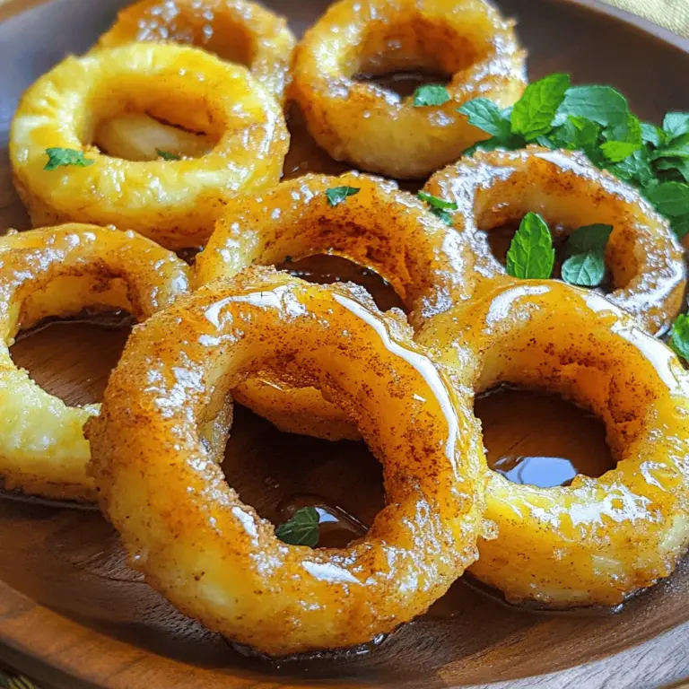 Die Hauptzutaten für frittierte Ananasscheiben machen diesen Snack besonders lecker. Du brauchst: - 1 frische Ananas, geschält, entkernt und in Ringe geschnitten - ½ Tasse Allzweckmehl - ½ Tasse Maisstärke - 1 Teelöffel Backpulver - ½ Teelöffel Zimt - ¼ Teelöffel Salz - 1 Ei - ½ Tasse Sprudelwasser - Öl zum Frittieren (pflanzliches oder Kokosöl) Jede dieser Zutaten hat ihren eigenen Zweck. Die Ananas sorgt für die süße Frische. Mehl und Maisstärke bilden die Grundlage für den Teig. Backpulver macht den Teig luftiger. Zimt und Salz geben den Ananasscheiben den besonderen Geschmack. Die Teigbestandteile sind sehr wichtig. Sie geben den Ananasscheiben den knusprigen Biss. Mehl und Maisstärke wirken zusammen, um eine perfekte Kruste zu bilden. Das Backpulver sorgt dafür, dass der Teig beim Frittieren aufgeht. Das Ei bindet alles und macht die Mischung geschmeidig. Sprudelwasser bringt Luft in den Teig. Das macht ihn leicht und kross. Zusätzlich zu den Hauptzutaten kannst du einige optionale Zutaten verwenden. Honig oder Ahornsirup sind perfekt, um die Ananasscheiben zu süßen. Gehackte Minze bringt einen frischen Geschmack. Diese Zutaten machen das Gericht noch besser. Du kannst auch andere Gewürze hinzufügen, um deinen eigenen Twist zu geben. Experimentiere mit deinen Favoriten! Zuerst schneiden Sie die Ananas. Nehmen Sie eine frische Ananas und schälen Sie sie sorgfältig. Entfernen Sie den harten Kern aus jedem Ring. Die Ringe sollten etwa 1,5 cm dick sein. Diese Dicke sorgt dafür, dass die Ananas beim Frittieren saftig bleibt. Sie können die Ringe mit einem kleinen Ausstecher oder einem scharfen Messer bearbeiten. Achten Sie darauf, die Ananas gleichmäßig zu schneiden, damit sie gleichmäßig frittiert. Jetzt geht es um den Teig. Nehmen Sie eine mittelgroße Schüssel und mischen Sie das Mehl, die Maisstärke, das Backpulver, den Zimt und das Salz zusammen. Diese Zutaten geben dem Teig die perfekte Struktur. In einer separaten Schüssel schlagen Sie ein Ei auf und fügen dann das Sprudelwasser hinzu. Rühren Sie die Mischung gut durch. Fügen Sie die trockenen Zutaten nach und nach hinzu. Mischen Sie alles, bis der Teig glatt ist. Er sollte dick genug sein, um die Ananasscheiben zu umhüllen. Jetzt ist es Zeit zu frittieren. Erhitzen Sie etwa 2,5 cm Öl in einer großen Pfanne bei mittlerer Hitze. Um zu testen, ob das Öl heiß genug ist, geben Sie einen kleinen Löffel Teig hinein. Wenn es zischt, ist das Öl bereit. Tauchen Sie jeden Ananasscheibe in den Teig. Stellen Sie sicher, dass sie gut umhüllt ist. Legen Sie die Ringe vorsichtig ins heiße Öl. Frittieren Sie sie für 2-3 Minuten pro Seite, bis sie goldbraun sind. Nutzen Sie eine Schaumkelle, um die Ringe herauszunehmen. Legen Sie sie auf einen Teller mit Papiertüchern, um überschüssiges Öl aufzusaugen. Servieren Sie die frittierten Ananasscheiben warm. Für einen besonderen Genuss träufeln Sie etwas Honig oder Ahornsirup darüber. Beim Frittieren kann es leicht zu Fehlern kommen. Ein häufiger Fehler ist, die Ananasscheiben nicht gut abzutrocknen. Feuchtigkeit kann das Frittieren erschweren. Wischen Sie die Ringe vor dem Eintauchen in den Teig mit einem Küchentuch ab. Ein weiterer Fehler ist, den Teig zu dünn zu machen. Der Teig sollte dick genug sein, um die Ananasscheiben gut zu umhüllen. Achten Sie darauf, dass das Öl nicht zu heiß ist. Zu heißes Öl kann die Ananas außen verbrennen, während sie innen noch roh ist. Die richtige Öltemperatur ist wichtig für knusprige Ananasscheiben. Erhitzen Sie das Öl auf etwa 180 Grad Celsius. Um sicherzugehen, dass das Öl bereit ist, verwenden Sie einen Holzlöffel. Stecken Sie ihn ins Öl. Wenn kleine Blasen aufsteigen, ist es perfekt. Frittieren Sie die Ananasscheiben in kleinen Portionen. So bleibt die Temperatur konstant. Wenn das Öl zu stark abkühlt, werden die Ringe fettig und matschig. Der Teig für die Ananasscheiben sollte eine glatte, dicke Konsistenz haben. Beginnen Sie mit dem Mehl, der Maisstärke, dem Backpulver, dem Zimt und dem Salz. Diese Mischung gibt dem Teig Struktur. Fügen Sie dann das Ei und das Sprudelwasser hinzu. Rühren Sie langsam, um Klumpen zu vermeiden. Wenn der Teig zu dick ist, können Sie etwas Sprudelwasser hinzufügen. Wenn er zu dünn ist, fügen Sie mehr Mehl hinzu. Probieren Sie den Teig, um sicherzustellen, dass er gut gewürzt ist. Ein gut gewürzter Teig macht den Unterschied. Für mehr Details schauen Sie sich das Full Recipe an. {{image_4}} Ich liebe es, frittierte Ananasscheiben mit Kokosnuss zu machen. Der Geschmack von Kokos passt perfekt zur Süße der Ananas. Um diese Variante zu erstellen, füge ich einfach geraspelte Kokosnuss in den Teig hinzu. Etwa ½ Tasse ist ideal. Die Kokosnuss sorgt für eine knusprige Textur und einen tropischen Geschmack. Du kannst auch die Ananasscheiben vor dem Frittieren in Kokosraspeln wälzen. Das gibt einen zusätzlichen Crunch und macht die Ringe noch schmackhafter. Gewürze können frittierte Ananasscheiben aufpeppen. Zimt ist ein einfacher, aber leckerer Zusatz. Du kannst auch Muskatnuss oder Vanilleextrakt verwenden. Ich empfehle, eine Prise Muskatnuss in den Teig zu geben. Das gibt den Ringen eine besondere Note. Wenn du es schärfer magst, probiere eine Prise Cayennepfeffer. Der Kontrast zwischen der Süße der Ananas und der Schärfe des Pfeffers ist interessant. Für eine glutenfreie Variante verwende ich Reismehl oder Mandelmehl. Diese Mehle haben einen eigenen Geschmack, der gut zur Ananas passt. Mische einfach die glutenfreien Mehle mit Maisstärke. Das sorgt für die nötige Knusprigkeit. Achte darauf, dass alle anderen Zutaten auch glutenfrei sind. So kannst du jeden Genuss ohne Sorgen teilen! Für die genauen Zubereitungsschritte und Mengen kannst du die Full Recipe anschauen. Wenn Sie einige Ananasscheiben übrig haben, lagern Sie sie in einem luftdichten Behälter. Stellen Sie sicher, dass die Ananas vollständig abgekühlt ist, bevor Sie sie einpacken. So bleibt die Knusprigkeit besser erhalten. Im Kühlschrank halten sie sich etwa 2 bis 3 Tage. Wenn Sie sie länger aufbewahren möchten, frieren Sie die Ringe ein. Legen Sie sie dazu in einer einzigen Schicht auf ein Backblech. Sobald sie gefroren sind, können Sie sie in einen Gefrierbeutel umfüllen. So vermeiden Sie, dass sie zusammenkleben. Um die Ananasscheiben wieder knusprig zu machen, erhitzen Sie eine Pfanne auf mittlerer Hitze. Geben Sie etwas Öl hinein und fügen Sie die Ananasscheiben hinzu. Frittieren Sie sie für 1 bis 2 Minuten pro Seite, bis sie goldbraun sind. Alternativ können Sie sie im Ofen auf 180 Grad Celsius erwärmen. Legen Sie die Ringe auf ein Backblech und backen Sie sie für etwa 10 Minuten. Diese Methoden helfen, den leckeren Geschmack zu erhalten. Frittierte Speisen können bei manchen Menschen Sodbrennen auslösen. Um dies zu vermeiden, essen Sie die Ananasscheiben in Maßen. Kombinieren Sie sie mit einer leichten Beilage, wie einem Salat. Ein guter Trick ist auch, sie mit etwas Joghurt zu genießen. Der Joghurt kann helfen, die Säure der Ananas zu mildern. Achten Sie darauf, gut zu kauen und langsam zu essen. So reduzieren Sie das Risiko von Sodbrennen. Frittierte Ananasscheiben bleiben frisch, wenn Sie sie richtig lagern. Sie können sie in einem luftdichten Behälter bis zu zwei Tage im Kühlschrank aufbewahren. Achten Sie darauf, die Scheiben zwischen Lagen von Papiertüchern zu lagern. So bleibt die Knusprigkeit länger erhalten. Zum Aufwärmen empfehle ich die Mikrowelle oder eine Pfanne. Ja, Sie können Ananas aus der Dose verwenden. Achten Sie darauf, die Ananas gut abzutropfen. Die Konsistenz wird anders sein, aber die süße Note bleibt. Verwenden Sie die gleiche Teigmischung wie im Rezept. Die Frittierzeit könnte kürzer sein, also beobachten Sie die Ringe gut, um sie nicht zu verbrennen. Frittierte Ananasscheiben sind vielseitig und passen zu vielen Dips. Ich empfehle: - Vanilleeis für einen süßen Kontrast - Joghurt mit Honig für Frische - Karamellsauce für zusätzlichen Genuss - Schokoladensauce für Schokoladenliebhaber Jeder Dip bringt eine neue Geschmacksebene. Experimentieren Sie und finden Sie Ihre Lieblingskombination! Frittierte Ananasscheiben sind eine köstliche Leckerei, die einfach zuzubereiten ist. Wir haben die Hauptzutaten, die richtige Teigzubereitung und das Frittieren dieser süßen Scheiben behandelt. Mit nützlichen Tipps und Variationen haben Sie viele Möglichkeiten, Ihren eigenen Geschmack zu finden. Denken Sie daran, die Ananasscheiben richtig zu lagern und aufzuwärmen, um Sodbrennen zu vermeiden. Experimentieren Sie mit verschiedenen Zutaten und lassen Sie Ihrer Kreativität freien Lauf. Genießen Sie jede knusprige, süße Bissen dieser tropischen Köstlichkeit!