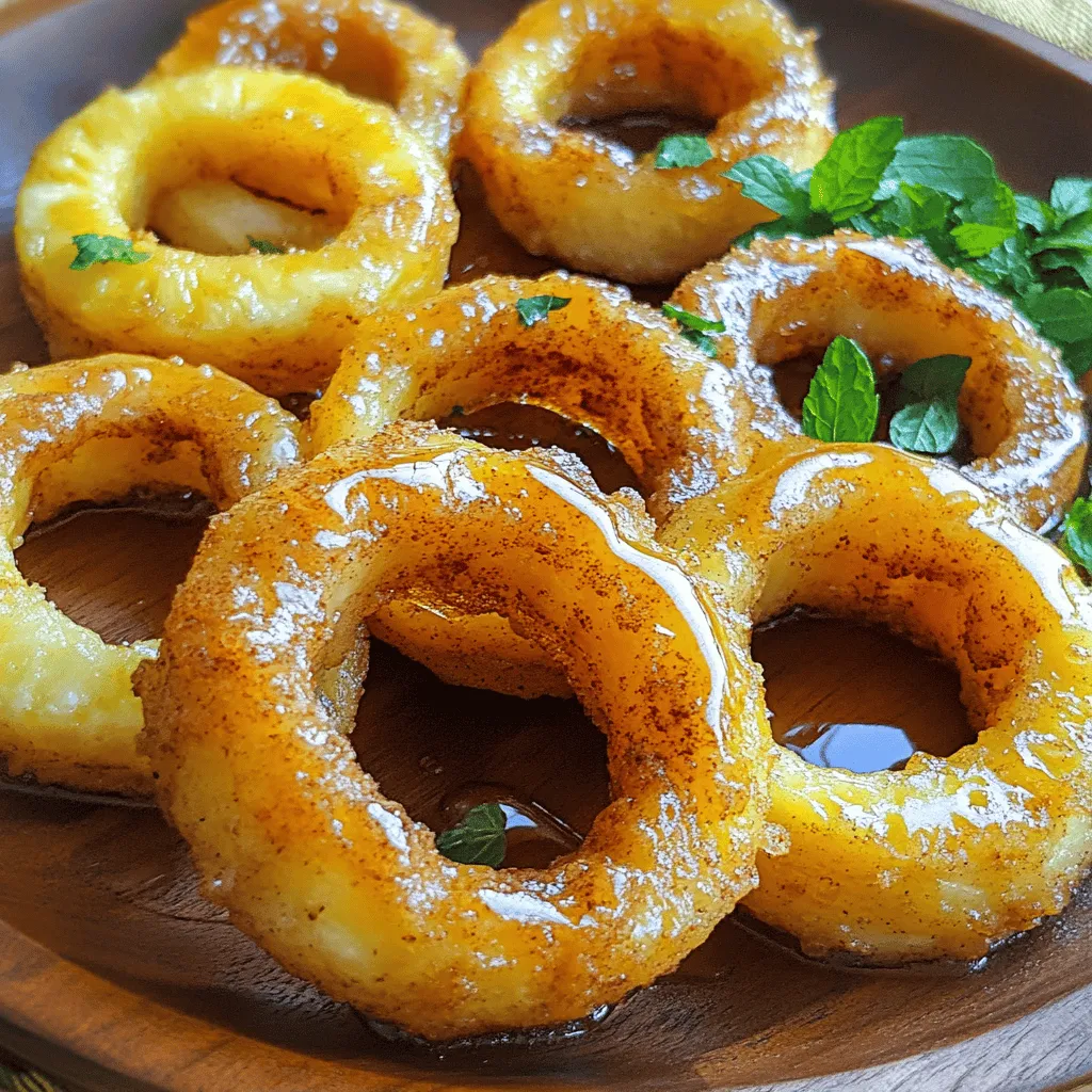 Die Hauptzutaten für frittierte Ananasscheiben machen diesen Snack besonders lecker. Du brauchst: - 1 frische Ananas, geschält, entkernt und in Ringe geschnitten - ½ Tasse Allzweckmehl - ½ Tasse Maisstärke - 1 Teelöffel Backpulver - ½ Teelöffel Zimt - ¼ Teelöffel Salz - 1 Ei - ½ Tasse Sprudelwasser - Öl zum Frittieren (pflanzliches oder Kokosöl) Jede dieser Zutaten hat ihren eigenen Zweck. Die Ananas sorgt für die süße Frische. Mehl und Maisstärke bilden die Grundlage für den Teig. Backpulver macht den Teig luftiger. Zimt und Salz geben den Ananasscheiben den besonderen Geschmack. Die Teigbestandteile sind sehr wichtig. Sie geben den Ananasscheiben den knusprigen Biss. Mehl und Maisstärke wirken zusammen, um eine perfekte Kruste zu bilden. Das Backpulver sorgt dafür, dass der Teig beim Frittieren aufgeht. Das Ei bindet alles und macht die Mischung geschmeidig. Sprudelwasser bringt Luft in den Teig. Das macht ihn leicht und kross. Zusätzlich zu den Hauptzutaten kannst du einige optionale Zutaten verwenden. Honig oder Ahornsirup sind perfekt, um die Ananasscheiben zu süßen. Gehackte Minze bringt einen frischen Geschmack. Diese Zutaten machen das Gericht noch besser. Du kannst auch andere Gewürze hinzufügen, um deinen eigenen Twist zu geben. Experimentiere mit deinen Favoriten! Zuerst schneiden Sie die Ananas. Nehmen Sie eine frische Ananas und schälen Sie sie sorgfältig. Entfernen Sie den harten Kern aus jedem Ring. Die Ringe sollten etwa 1,5 cm dick sein. Diese Dicke sorgt dafür, dass die Ananas beim Frittieren saftig bleibt. Sie können die Ringe mit einem kleinen Ausstecher oder einem scharfen Messer bearbeiten. Achten Sie darauf, die Ananas gleichmäßig zu schneiden, damit sie gleichmäßig frittiert. Jetzt geht es um den Teig. Nehmen Sie eine mittelgroße Schüssel und mischen Sie das Mehl, die Maisstärke, das Backpulver, den Zimt und das Salz zusammen. Diese Zutaten geben dem Teig die perfekte Struktur. In einer separaten Schüssel schlagen Sie ein Ei auf und fügen dann das Sprudelwasser hinzu. Rühren Sie die Mischung gut durch. Fügen Sie die trockenen Zutaten nach und nach hinzu. Mischen Sie alles, bis der Teig glatt ist. Er sollte dick genug sein, um die Ananasscheiben zu umhüllen. Jetzt ist es Zeit zu frittieren. Erhitzen Sie etwa 2,5 cm Öl in einer großen Pfanne bei mittlerer Hitze. Um zu testen, ob das Öl heiß genug ist, geben Sie einen kleinen Löffel Teig hinein. Wenn es zischt, ist das Öl bereit. Tauchen Sie jeden Ananasscheibe in den Teig. Stellen Sie sicher, dass sie gut umhüllt ist. Legen Sie die Ringe vorsichtig ins heiße Öl. Frittieren Sie sie für 2-3 Minuten pro Seite, bis sie goldbraun sind. Nutzen Sie eine Schaumkelle, um die Ringe herauszunehmen. Legen Sie sie auf einen Teller mit Papiertüchern, um überschüssiges Öl aufzusaugen. Servieren Sie die frittierten Ananasscheiben warm. Für einen besonderen Genuss träufeln Sie etwas Honig oder Ahornsirup darüber. Beim Frittieren kann es leicht zu Fehlern kommen. Ein häufiger Fehler ist, die Ananasscheiben nicht gut abzutrocknen. Feuchtigkeit kann das Frittieren erschweren. Wischen Sie die Ringe vor dem Eintauchen in den Teig mit einem Küchentuch ab. Ein weiterer Fehler ist, den Teig zu dünn zu machen. Der Teig sollte dick genug sein, um die Ananasscheiben gut zu umhüllen. Achten Sie darauf, dass das Öl nicht zu heiß ist. Zu heißes Öl kann die Ananas außen verbrennen, während sie innen noch roh ist. Die richtige Öltemperatur ist wichtig für knusprige Ananasscheiben. Erhitzen Sie das Öl auf etwa 180 Grad Celsius. Um sicherzugehen, dass das Öl bereit ist, verwenden Sie einen Holzlöffel. Stecken Sie ihn ins Öl. Wenn kleine Blasen aufsteigen, ist es perfekt. Frittieren Sie die Ananasscheiben in kleinen Portionen. So bleibt die Temperatur konstant. Wenn das Öl zu stark abkühlt, werden die Ringe fettig und matschig. Der Teig für die Ananasscheiben sollte eine glatte, dicke Konsistenz haben. Beginnen Sie mit dem Mehl, der Maisstärke, dem Backpulver, dem Zimt und dem Salz. Diese Mischung gibt dem Teig Struktur. Fügen Sie dann das Ei und das Sprudelwasser hinzu. Rühren Sie langsam, um Klumpen zu vermeiden. Wenn der Teig zu dick ist, können Sie etwas Sprudelwasser hinzufügen. Wenn er zu dünn ist, fügen Sie mehr Mehl hinzu. Probieren Sie den Teig, um sicherzustellen, dass er gut gewürzt ist. Ein gut gewürzter Teig macht den Unterschied. Für mehr Details schauen Sie sich das Full Recipe an. {{image_4}} Ich liebe es, frittierte Ananasscheiben mit Kokosnuss zu machen. Der Geschmack von Kokos passt perfekt zur Süße der Ananas. Um diese Variante zu erstellen, füge ich einfach geraspelte Kokosnuss in den Teig hinzu. Etwa ½ Tasse ist ideal. Die Kokosnuss sorgt für eine knusprige Textur und einen tropischen Geschmack. Du kannst auch die Ananasscheiben vor dem Frittieren in Kokosraspeln wälzen. Das gibt einen zusätzlichen Crunch und macht die Ringe noch schmackhafter. Gewürze können frittierte Ananasscheiben aufpeppen. Zimt ist ein einfacher, aber leckerer Zusatz. Du kannst auch Muskatnuss oder Vanilleextrakt verwenden. Ich empfehle, eine Prise Muskatnuss in den Teig zu geben. Das gibt den Ringen eine besondere Note. Wenn du es schärfer magst, probiere eine Prise Cayennepfeffer. Der Kontrast zwischen der Süße der Ananas und der Schärfe des Pfeffers ist interessant. Für eine glutenfreie Variante verwende ich Reismehl oder Mandelmehl. Diese Mehle haben einen eigenen Geschmack, der gut zur Ananas passt. Mische einfach die glutenfreien Mehle mit Maisstärke. Das sorgt für die nötige Knusprigkeit. Achte darauf, dass alle anderen Zutaten auch glutenfrei sind. So kannst du jeden Genuss ohne Sorgen teilen! Für die genauen Zubereitungsschritte und Mengen kannst du die Full Recipe anschauen. Wenn Sie einige Ananasscheiben übrig haben, lagern Sie sie in einem luftdichten Behälter. Stellen Sie sicher, dass die Ananas vollständig abgekühlt ist, bevor Sie sie einpacken. So bleibt die Knusprigkeit besser erhalten. Im Kühlschrank halten sie sich etwa 2 bis 3 Tage. Wenn Sie sie länger aufbewahren möchten, frieren Sie die Ringe ein. Legen Sie sie dazu in einer einzigen Schicht auf ein Backblech. Sobald sie gefroren sind, können Sie sie in einen Gefrierbeutel umfüllen. So vermeiden Sie, dass sie zusammenkleben. Um die Ananasscheiben wieder knusprig zu machen, erhitzen Sie eine Pfanne auf mittlerer Hitze. Geben Sie etwas Öl hinein und fügen Sie die Ananasscheiben hinzu. Frittieren Sie sie für 1 bis 2 Minuten pro Seite, bis sie goldbraun sind. Alternativ können Sie sie im Ofen auf 180 Grad Celsius erwärmen. Legen Sie die Ringe auf ein Backblech und backen Sie sie für etwa 10 Minuten. Diese Methoden helfen, den leckeren Geschmack zu erhalten. Frittierte Speisen können bei manchen Menschen Sodbrennen auslösen. Um dies zu vermeiden, essen Sie die Ananasscheiben in Maßen. Kombinieren Sie sie mit einer leichten Beilage, wie einem Salat. Ein guter Trick ist auch, sie mit etwas Joghurt zu genießen. Der Joghurt kann helfen, die Säure der Ananas zu mildern. Achten Sie darauf, gut zu kauen und langsam zu essen. So reduzieren Sie das Risiko von Sodbrennen. Frittierte Ananasscheiben bleiben frisch, wenn Sie sie richtig lagern. Sie können sie in einem luftdichten Behälter bis zu zwei Tage im Kühlschrank aufbewahren. Achten Sie darauf, die Scheiben zwischen Lagen von Papiertüchern zu lagern. So bleibt die Knusprigkeit länger erhalten. Zum Aufwärmen empfehle ich die Mikrowelle oder eine Pfanne. Ja, Sie können Ananas aus der Dose verwenden. Achten Sie darauf, die Ananas gut abzutropfen. Die Konsistenz wird anders sein, aber die süße Note bleibt. Verwenden Sie die gleiche Teigmischung wie im Rezept. Die Frittierzeit könnte kürzer sein, also beobachten Sie die Ringe gut, um sie nicht zu verbrennen. Frittierte Ananasscheiben sind vielseitig und passen zu vielen Dips. Ich empfehle: - Vanilleeis für einen süßen Kontrast - Joghurt mit Honig für Frische - Karamellsauce für zusätzlichen Genuss - Schokoladensauce für Schokoladenliebhaber Jeder Dip bringt eine neue Geschmacksebene. Experimentieren Sie und finden Sie Ihre Lieblingskombination! Frittierte Ananasscheiben sind eine köstliche Leckerei, die einfach zuzubereiten ist. Wir haben die Hauptzutaten, die richtige Teigzubereitung und das Frittieren dieser süßen Scheiben behandelt. Mit nützlichen Tipps und Variationen haben Sie viele Möglichkeiten, Ihren eigenen Geschmack zu finden. Denken Sie daran, die Ananasscheiben richtig zu lagern und aufzuwärmen, um Sodbrennen zu vermeiden. Experimentieren Sie mit verschiedenen Zutaten und lassen Sie Ihrer Kreativität freien Lauf. Genießen Sie jede knusprige, süße Bissen dieser tropischen Köstlichkeit!