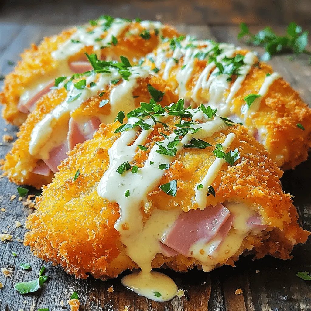 - 4 Hähnchenbrustfilets, ohne Knochen und Haut - 4 Scheiben Schinken (am besten geräuchert oder honigliebig) - 4 Scheiben Schweizer Käse - 1 Tasse Weizenmehl - 2 große Eier, verquirlt - 1 Tasse Semmelbrösel (am besten Panko für extra Crunch) - 1 Esslöffel Dijon-Senf - 1/2 Teelöffel Knoblauchpulver - 1/2 Teelöffel getrockneter Thymian - 1 Tasse Schlagsahne - 1/2 Tasse geriebener Parmesan - Olivenöl, Salz und Pfeffer nach Geschmack - 1 Esslöffel frischer Schnittlauch, gehackt (zum Garnieren) Um ein leckeres Creamy Chicken Cordon Bleu zuzubereiten, brauchst du frische, hochwertige Zutaten. Die Hauptzutaten sind Hähnchenbrustfilets, Schinken und Schweizer Käse. Achte darauf, dass die Hähnchenbrustfilets gut gewaschen und trocken sind. Der Schinken kann geräuchert oder honigliebig sein, je nach deinem Geschmack. Für die Panierung sind Mehl, Eier und Semmelbrösel notwendig. Ich empfehle Panko, da es extra knusprig wird. Bei der Sauce verwenden wir Schlagsahne und Parmesan, die das Gericht cremig machen. Die Gewürze wie Dijon-Senf, Knoblauchpulver und Thymian bringen zusätzlichen Geschmack. Wenn du die Zutaten bereit hast, bist du bereit für die Zubereitung. Du kannst das volle Rezept [Full Recipe] abrufen, um alle Schritte zu sehen. Heize deinen Ofen auf 190°C (375°F) vor. Nimm die Hähnchenbrustfilets und lege sie zwischen zwei Schichten Frischhaltefolie. Klopfe sie mit einem Fleischklopfer auf eine gleichmäßige Dicke von etwa 1,2 cm. Würze das Hähnchen von beiden Seiten mit Salz, Pfeffer, Knoblauchpulver und getrocknetem Thymian. So wird der Geschmack toll. Jetzt kommt der spaßige Teil! Lege auf jedes Hähnchenbrustfilet eine Scheibe Schinken und eine Scheibe Schweizer Käse. Falte das Hähnchen um die Füllung. Wenn nötig, sichere es mit Zahnstochern. Richten Sie eine Panierstation ein: Gib das Mehl in eine flache Schüssel. In eine zweite Schüssel kommen die verquirlten Eier. Die dritte Schüssel füllst du mit Semmelbröseln, die mit Dijon-Senf vermischt sind. Wende jedes gefüllte Hähnchen zuerst im Mehl, dann im Ei und schließlich in den Semmelbröseln. Erhitze in einer großen, ofenfesten Pfanne das Olivenöl auf mittlerer bis hoher Hitze. Wenn das Öl heiß ist, lege die panierten Hähnchenbrustfilets hinein. Brate sie etwa 4-5 Minuten pro Seite, bis sie goldbraun sind. Übertrage die Pfanne dann in den vorgeheizten Ofen. Backe das Hähnchen 25-30 Minuten, bis es durchgegart ist. Die Innentemperatur sollte 74°C (165°F) betragen. In einem kleinen Topf vermenge die Schlagsahne und den geriebenen Parmesan bei schwacher Hitze. Rühre ständig, bis eine glatte, cremige Sauce entsteht. Würze die Sauce mit Salz und Pfeffer nach Geschmack. Wenn das Hähnchen fertig ist, nimm es aus dem Ofen. Träufle die cremige Käsesauce darüber. Garniere das Gericht mit frisch gehacktem Schnittlauch. Für das vollständige Rezept, schau dir die Anleitung in der [Full Recipe] an. Die perfekte Innentemperatur für Hähnchen liegt bei 74°C. Dies sorgt dafür, dass das Hähnchen saftig bleibt. Um trockenes Fleisch zu vermeiden, brate das Hähnchen nur so lange, bis es goldbraun ist. Danach backst du es im Ofen. Die Hitze im Ofen hilft, das Hähnchen gleichmäßig zu garen. Um Zeit zu sparen, bereite alle Zutaten im Voraus vor. Lege die Schinken- und Käsescheiben bereit, bevor du das Hähnchen bearbeitest. Du kannst auch bereits vorbereitete Zutaten nutzen. Zum Beispiel, kaufe fertig gewürztes Hähnchen oder Panko-Brösel, um die Zubereitung zu beschleunigen. Für eine ansprechende Präsentation serviere das Cordon Bleu auf einem großen Teller. Füge einen frischen Beilagensalat oder geröstetes Gemüse hinzu. Diese Beilagen bieten einen schönen Kontrast zur cremigen Textur des Hähnchens. Du kannst auch die Käsesauce kunstvoll über das Hähnchen träufeln, um das Gericht noch schmackhafter aussehen zu lassen. {{image_4}} Du kannst das Rezept für Hähnchen Cordon Bleu toll anpassen. Probiere verschiedene Käsesorten aus. Mozzarella oder Gouda geben dem Gericht eine neue Note. Auch Kräuterfrischkäse sorgt für eine cremige Füllung. Wenn du es würziger magst, füge Feta-Käse hinzu. Gemüse- oder Speckvariationen sind ebenfalls spannend. Füge Spinat oder getrocknete Tomaten für mehr Geschmack hinzu. Du kannst auch knusprigen Speck für extra Crunch verwenden. Diese Variationen bringen frischen Wind in dein Gericht. Für eine glutenfreie Option gibt es einfache Alternativen. Ersetze das Weizenmehl mit Reismehl oder Mandelmehl. Anstelle von Semmelbröseln kannst du glutenfreie Brösel oder gemahlene Mandeln nutzen. Die Zubereitung bleibt fast gleich. Achte darauf, dass alle Zutaten glutenfrei sind. So kannst du den vollen Geschmack ohne Gluten genießen. Wenn du auf Kohlenhydrate achtest, ist dies auch möglich. Nutze Zucchini oder Auberginen anstelle von Hähnchen. Diese Gemüsesorten sind leicht und lecker. Für eine ketogene Ernährung kannst du das Hähnchen mit einer Käsekruste überbacken. Dies gibt dir den gleichen köstlichen Geschmack, aber mit weniger Kohlenhydraten. So bleibt das Gericht gesund und schmackhaft. Für das vollständige Rezept, schau dir die [Full Recipe] an. Wenn Sie Reste von Ihrem Hähnchen Cordon Bleu haben, lagern Sie diese gut. Wickeln Sie das Hähnchen fest in Frischhaltefolie oder legen Sie es in einen luftdichten Behälter. So bleibt es frisch und saftig. Sie können die Reste bis zu drei Tage im Kühlschrank aufbewahren. Denken Sie daran, das Hähnchen vor dem Verzehr zu überprüfen. Es sollte gut riechen und keine Anzeichen von Verderb zeigen. Um die Frische zu bewahren, können Sie das Hähnchen auch einfrieren. Lassen Sie das Gericht zuerst vollständig abkühlen. Wickeln Sie es dann in Folie und legen Sie es in einen Gefrierbeutel. Achten Sie darauf, die Luft herauszudrücken, um Frost zu vermeiden. So bleibt das Hähnchen bis zu drei Monate haltbar. Wenn Sie es später essen möchten, tauen Sie es im Kühlschrank auf. Das dauert einige Stunden oder über Nacht. Das Aufwärmen erfordert etwas Sorgfalt, um die Qualität zu erhalten. Der beste Weg ist, das Hähnchen im Ofen zu erwärmen. Stellen Sie den Ofen auf 180°C (350°F) ein. Legen Sie das Hähnchen in eine Auflaufform und decken Sie es mit Folie ab, damit es nicht austrocknet. Erwärmen Sie es für etwa 15-20 Minuten. Alternativ können Sie die Mikrowelle verwenden. Stellen Sie die Leistung auf mittel ein und erwärmen Sie das Hähnchen in kurzen Intervallen. So bleibt es saftig und lecker. Die Zubereitung von Hähnchen Cordon Bleu dauert etwa 20 Minuten. Das Kochen im Ofen benötigt 25 bis 30 Minuten. Somit sind Sie in etwa 60 Minuten fertig. Diese Zeit ist ideal, um ein leckeres Gericht zu zaubern, ohne lange in der Küche zu stehen. Ja, Sie können das Hähnchen im Voraus zubereiten. Bereiten Sie die Hähnchenbrustfilets mit Schinken und Käse vor. Wickeln Sie sie gut ein und lagern Sie sie im Kühlschrank. So sparen Sie Zeit, wenn es zum Kochen kommt. Sie können die Hähnchen auch panieren und einfrieren, um sie später zu verwenden. Hähnchen Cordon Bleu passt gut zu frischem Salat. Auch geröstetes Gemüse ergänzt das Gericht hervorragend. Kartoffelpüree oder Reis können ebenfalls eine gute Wahl sein. Diese Beilagen bieten einen schönen Kontrast zur cremigen Sauce und dem herzhaften Geschmack des Hähnchens. Sie können das Rezept leicht anpassen. Probieren Sie verschiedene Käsesorten wie Gouda oder Mozzarella. Für eine gesündere Variante können Sie Gemüse wie Spinat oder Pilze hinzufügen. Auch eine glutenfreie Version ist möglich, indem Sie glutenfreies Mehl und Brösel verwenden. Diese Anpassungen machen das Gericht noch vielseitiger und persönlicher. Das Rezept für Hähnchen Cordon Bleu bietet eine einfache und leckere Möglichkeit, eine klassische Speise zu genießen. Wir haben die Hauptzutaten, die Schritt-für-Schritt-Anleitung und wertvolle Tipps besprochen. Verschiedene Variationen und Aufbewahrungsmöglichkeiten helfen dir, das Gericht an deinen Geschmack anzupassen. Denke daran, die Innentemperatur des Hähnchens zu überprüfen, um ein optimales Ergebnis zu erzielen. Genieße das Kochen und experimentiere mit neuen Zutaten!