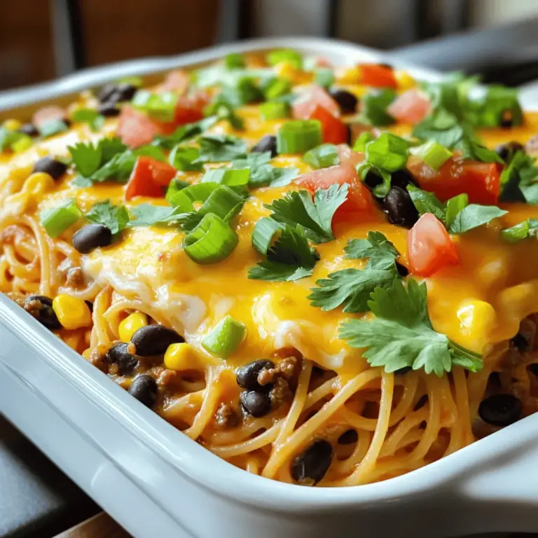 Für das Taco Spaghetti Casserole brauchen wir einige einfache Zutaten. - Rinderhackfleisch oder Truthahn: Beides funktioniert gut. Ich mag Rinderhackfleisch, weil es mehr Geschmack hat. - Spaghetti und das passende Gemüse: Die Spaghetti machen das Gericht sättigend. Fügen Sie Gemüse wie Paprika oder Zucchini hinzu. - Gewürze und Saucen: Taco-Gewürzmischung bringt den besonderen Geschmack. Verwenden Sie Salsa für die Würze. Diese Zutaten sorgen für ein leckeres und herzhaftes Gericht. Sie können sie in jedem Supermarkt finden. Das Garnieren macht das Essen noch schöner. Hier sind einige Ideen: - Frischer Koriander: Er gibt einen tollen Geschmack und sieht schön aus. - Gehackte grüne Zwiebeln: Sie fügen Frische hinzu und sind einfach zu schneiden. Wenn Sie das Taco Spaghetti Casserole zubereiten, denken Sie daran, diese Garnierungen hinzuzufügen. Sie machen das Gericht noch attraktiver. Für das vollständige Rezept schauen Sie sich die Details im Abschnitt "Full Recipe" an. Heize deinen Ofen auf 190°C vor. Das ist die perfekte Temperatur für die Casserole. Koche nun die Spaghetti nach den Anweisungen auf der Verpackung. Achte darauf, sie al dente zu kochen. Sobald sie fertig sind, lass sie abtropfen und stelle sie beiseite. In einer großen Pfanne brate das Rinderhackfleisch oder den Truthahn bei mittlerer Hitze an. Zerkleinere das Fleisch mit einem Spatel, bis es gleichmäßig bräunt. Entferne überschüssiges Fett. Das Fleisch sollte gut durchgegart sein. Jetzt kommt der spannende Teil! Füge die Taco-Gewürzmischung zum gebratenen Fleisch hinzu. Rühre gut um, damit alle Aromen sich verbinden. Dann gib die schwarzen Bohnen, den Mais und die gewürfelten Tomaten in die Pfanne. Rühre alles gut durch und lasse es fünf Minuten köcheln. Vergiss nicht, mit Salz und Pfeffer abzuschmecken. In einer großen Schüssel vermenge die gekochten Spaghetti mit der Fleischmischung. Rühre alles gut um, bis die Spaghetti gleichmäßig mit der Mischung bedeckt sind. Nimm eine gefettete Auflaufform und gib die Hälfte der Spaghetti-Mischung hinein. Streue die Hälfte des geriebenen Käses gleichmäßig darüber. Dann lege die restliche Spaghetti-Mischung darauf. Streue den restlichen Käse oben drauf. Decke die Auflaufform mit Aluminiumfolie ab. Backe sie im vorgeheizten Ofen für 20 Minuten. Entferne dann die Folie und backe weitere 10 bis 15 Minuten, bis der Käse golden und sprudelnd ist. Lass die Casserole ein paar Minuten abkühlen. Garniere sie nach Belieben mit gehackten grünen Zwiebeln und frischem Koriander. Heiß servieren! Um die perfekte Textur für Ihre Taco Spaghetti Casserole zu erreichen, müssen Sie die Spaghetti al dente kochen. Al dente bedeutet, dass die Nudeln weich, aber noch bissfest sind. Kochen Sie die Spaghetti nach den Anweisungen auf der Verpackung, aber testen Sie sie ein oder zwei Minuten früher. So bleiben sie beim Backen nicht zu weich. Der Käse ist ebenfalls wichtig. Verwenden Sie eine Mischung aus Cheddar und Monterey Jack. Diese Käse schmelzen gut und geben einen tollen Geschmack. Streuen Sie den Käse gleichmäßig über die Casserole, um eine schöne, goldene Kruste zu bekommen. Um die Vorbereitungszeit zu optimieren, können Sie die Zutaten im Voraus schneiden und abmessen. So sind Sie schneller fertig. Kochen Sie die Spaghetti und braten Sie das Fleisch zur gleichen Zeit, um Zeit zu sparen. Möchten Sie den Geschmack anpassen? Sie können die Taco-Gewürzmischung nach Ihrem Geschmack anpassen. Fügen Sie mehr Chiliflocken hinzu, wenn Sie es würzig mögen. Wenn Sie es milder mögen, reduzieren Sie die Menge. Für eine vegetarische Option ersetzen Sie das Fleisch durch schwarze Bohnen oder Soja-Hack. Das gibt Ihnen eine ähnliche Textur und einen tollen Geschmack. Sie können auch zusätzliches Gemüse wie Paprika oder Zucchini hinzufügen, um mehr Nährstoffe zu bekommen. Die Casserole schmeckt großartig mit frischen Beilagen. Servieren Sie einen einfachen grünen Salat dazu. Auch nachos oder Tortilla-Chips passen gut. Für Getränke sind Limonade oder ein leichtes Bier eine gute Wahl. Um Ihre Casserole schön anzurichten, servieren Sie sie direkt aus der Auflaufform auf dem Tisch. Garnieren Sie die Portionen mit frischem Koriander und gehackten grünen Zwiebeln. Das sorgt für einen schönen Farbkontrast und macht das Gericht noch einladender. {{image_4}} Für die Taco Spaghetti Casserole kannst du verschiedene Fleischsorten wählen. Rinderhackfleisch ist klassisch. Truthahn ist eine leichtere Alternative. Du kannst auch vegane Optionen verwenden, wie Soja- oder Linsenfleisch. Diese Varianten bringen einen neuen Geschmack und sind gesund. Gemüse gibt deiner Casserole Farbe und Nährstoffe. Zucchini ist eine großartige Ergänzung. Sie macht das Gericht saftig. Paprika bringt Süße und einen schönen Crunch. Mais sorgt für eine süße Note und zusätzliche Textur. Du kannst auch andere Gemüse hinzufügen, wie Spinat oder schwarze Oliven. Der Käse ist der Star der Casserole. Du kannst verschiedene Käsesorten verwenden. Cheddar ist würzig und schmilzt gut. Monterey Jack gibt einen milden, cremigen Geschmack. Für etwas mehr Kick, probiere Jalapeño-Käse. Experimentiere mit deinen Lieblingssorten, um die perfekte Mischung zu finden. Um die Reste der Taco Spaghetti Casserole gut zu lagern, sollten Sie diese zuerst abkühlen lassen. Danach können Sie die Reste in einem luftdichten Behälter im Kühlschrank aufbewahren. So bleiben sie bis zu drei Tage frisch. Wenn Sie die Casserole länger aufbewahren möchten, frieren Sie sie ein. Teilen Sie die Reste in Portionen auf und verwenden Sie gefrierfeste Behälter. So bleibt die Casserole bis zu drei Monate gut. Die Taco Spaghetti Casserole hält sich im Kühlschrank etwa drei Tage. Im Gefrierschrank kann sie bis zu drei Monate aufbewahrt werden. Achten Sie darauf, die Reste gut zu verpacken. So verhindern Sie Gefrierbrand und schützen den Geschmack. Wenn es Zeit zum Aufwärmen ist, haben Sie zwei Optionen: die Mikrowelle oder den Ofen. Die Mikrowelle ist schnell und einfach. Geben Sie die Portion in eine mikrowellengeeignete Schüssel. Decken Sie die Schüssel ab, um Spritzer zu vermeiden. Erhitzen Sie die Casserole in 1-Minuten-Intervallen, bis sie heiß ist. Der Ofen bietet die beste Konsistenz. Heizen Sie ihn auf 180°C vor. Legen Sie die Casserole in eine Auflaufform und decken Sie sie mit Folie ab. Backen Sie sie etwa 20 Minuten, bis sie durchgehend warm ist. Um die beste Konsistenz zu erreichen, fügen Sie vor dem Aufwärmen einen Esslöffel Wasser hinzu. Dies hilft, die Casserole feucht zu halten. Vermeiden Sie Überhitzung, damit die Pasta nicht austrocknet. Genießen Sie die Reste warm und frisch! Taco Spaghetti Casserole bleibt im Kühlschrank etwa drei bis fünf Tage frisch. Bewahren Sie es in einem luftdichten Behälter auf. Für längere Lagerung können Sie die Casserole einfrieren. Im Gefrierschrank hält sie bis zu drei Monate. Achten Sie darauf, die Casserole gut abzudecken, um Gefrierbrand zu vermeiden. Ja, Sie können die Casserole im Voraus zubereiten. Kochen Sie die Spaghetti und die Fleischmischung. Lassen Sie beides abkühlen. Schichten Sie dann die Zutaten in die Auflaufform. Decken Sie die Form ab und stellen Sie sie in den Kühlschrank. Backen Sie die Casserole am nächsten Tag, wenn Sie sie brauchen. So sparen Sie Zeit und Stress. Taco Spaghetti Casserole ist perfekt für Kinder! Sie können den Geschmack leicht anpassen. Verwenden Sie weniger Gewürze, um es milder zu machen. Fügen Sie zusätzliches Gemüse hinzu, das Ihre Kinder mögen, wie Erbsen oder Karotten. So essen sie gesund und genießen es gleichzeitig. Das vollständige Rezept für Taco Spaghetti Casserole finden Sie im Rezeptabschnitt. Dort sind alle Zutaten und Schritte klar aufgelistet. Taco Spaghetti Casserole ist einfach und lecker. Wir haben die Hauptzutaten und Schritte besprochen. Du kannst frische Kräuter oder verschiedene Käsesorten nutzen. Sei kreativ bei den Variationen und passe die Gewürze an. Reste sind leicht aufzubewahren und schmecken auch beim Aufwärmen gut. Egal, ob für die Familie oder für Gäste, dieses Gericht wird sicher begeistern. Bereite es vor und genieße die Zeit am Tisch. Probier es aus und lass dich inspirieren!