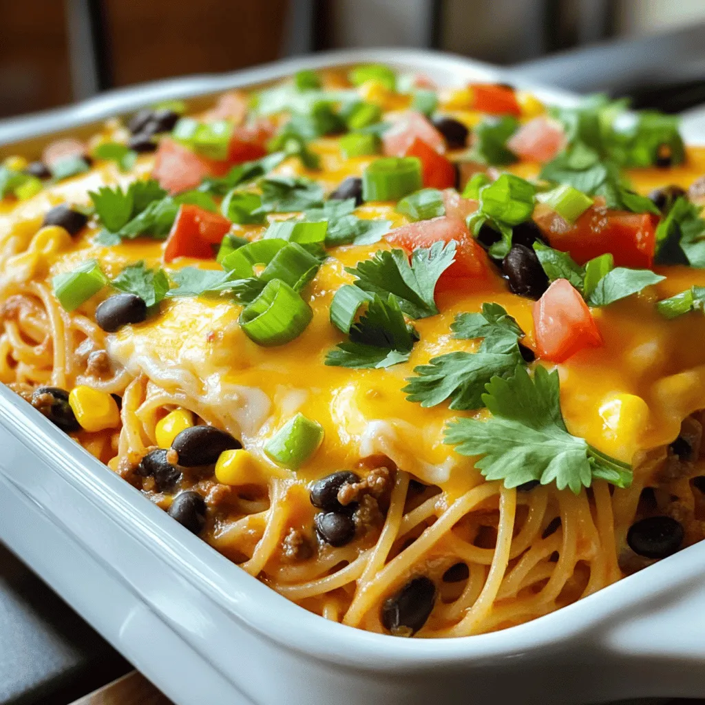 Für das Taco Spaghetti Casserole brauchen wir einige einfache Zutaten. - Rinderhackfleisch oder Truthahn: Beides funktioniert gut. Ich mag Rinderhackfleisch, weil es mehr Geschmack hat. - Spaghetti und das passende Gemüse: Die Spaghetti machen das Gericht sättigend. Fügen Sie Gemüse wie Paprika oder Zucchini hinzu. - Gewürze und Saucen: Taco-Gewürzmischung bringt den besonderen Geschmack. Verwenden Sie Salsa für die Würze. Diese Zutaten sorgen für ein leckeres und herzhaftes Gericht. Sie können sie in jedem Supermarkt finden. Das Garnieren macht das Essen noch schöner. Hier sind einige Ideen: - Frischer Koriander: Er gibt einen tollen Geschmack und sieht schön aus. - Gehackte grüne Zwiebeln: Sie fügen Frische hinzu und sind einfach zu schneiden. Wenn Sie das Taco Spaghetti Casserole zubereiten, denken Sie daran, diese Garnierungen hinzuzufügen. Sie machen das Gericht noch attraktiver. Für das vollständige Rezept schauen Sie sich die Details im Abschnitt "Full Recipe" an. Heize deinen Ofen auf 190°C vor. Das ist die perfekte Temperatur für die Casserole. Koche nun die Spaghetti nach den Anweisungen auf der Verpackung. Achte darauf, sie al dente zu kochen. Sobald sie fertig sind, lass sie abtropfen und stelle sie beiseite. In einer großen Pfanne brate das Rinderhackfleisch oder den Truthahn bei mittlerer Hitze an. Zerkleinere das Fleisch mit einem Spatel, bis es gleichmäßig bräunt. Entferne überschüssiges Fett. Das Fleisch sollte gut durchgegart sein. Jetzt kommt der spannende Teil! Füge die Taco-Gewürzmischung zum gebratenen Fleisch hinzu. Rühre gut um, damit alle Aromen sich verbinden. Dann gib die schwarzen Bohnen, den Mais und die gewürfelten Tomaten in die Pfanne. Rühre alles gut durch und lasse es fünf Minuten köcheln. Vergiss nicht, mit Salz und Pfeffer abzuschmecken. In einer großen Schüssel vermenge die gekochten Spaghetti mit der Fleischmischung. Rühre alles gut um, bis die Spaghetti gleichmäßig mit der Mischung bedeckt sind. Nimm eine gefettete Auflaufform und gib die Hälfte der Spaghetti-Mischung hinein. Streue die Hälfte des geriebenen Käses gleichmäßig darüber. Dann lege die restliche Spaghetti-Mischung darauf. Streue den restlichen Käse oben drauf. Decke die Auflaufform mit Aluminiumfolie ab. Backe sie im vorgeheizten Ofen für 20 Minuten. Entferne dann die Folie und backe weitere 10 bis 15 Minuten, bis der Käse golden und sprudelnd ist. Lass die Casserole ein paar Minuten abkühlen. Garniere sie nach Belieben mit gehackten grünen Zwiebeln und frischem Koriander. Heiß servieren! Um die perfekte Textur für Ihre Taco Spaghetti Casserole zu erreichen, müssen Sie die Spaghetti al dente kochen. Al dente bedeutet, dass die Nudeln weich, aber noch bissfest sind. Kochen Sie die Spaghetti nach den Anweisungen auf der Verpackung, aber testen Sie sie ein oder zwei Minuten früher. So bleiben sie beim Backen nicht zu weich. Der Käse ist ebenfalls wichtig. Verwenden Sie eine Mischung aus Cheddar und Monterey Jack. Diese Käse schmelzen gut und geben einen tollen Geschmack. Streuen Sie den Käse gleichmäßig über die Casserole, um eine schöne, goldene Kruste zu bekommen. Um die Vorbereitungszeit zu optimieren, können Sie die Zutaten im Voraus schneiden und abmessen. So sind Sie schneller fertig. Kochen Sie die Spaghetti und braten Sie das Fleisch zur gleichen Zeit, um Zeit zu sparen. Möchten Sie den Geschmack anpassen? Sie können die Taco-Gewürzmischung nach Ihrem Geschmack anpassen. Fügen Sie mehr Chiliflocken hinzu, wenn Sie es würzig mögen. Wenn Sie es milder mögen, reduzieren Sie die Menge. Für eine vegetarische Option ersetzen Sie das Fleisch durch schwarze Bohnen oder Soja-Hack. Das gibt Ihnen eine ähnliche Textur und einen tollen Geschmack. Sie können auch zusätzliches Gemüse wie Paprika oder Zucchini hinzufügen, um mehr Nährstoffe zu bekommen. Die Casserole schmeckt großartig mit frischen Beilagen. Servieren Sie einen einfachen grünen Salat dazu. Auch nachos oder Tortilla-Chips passen gut. Für Getränke sind Limonade oder ein leichtes Bier eine gute Wahl. Um Ihre Casserole schön anzurichten, servieren Sie sie direkt aus der Auflaufform auf dem Tisch. Garnieren Sie die Portionen mit frischem Koriander und gehackten grünen Zwiebeln. Das sorgt für einen schönen Farbkontrast und macht das Gericht noch einladender. {{image_4}} Für die Taco Spaghetti Casserole kannst du verschiedene Fleischsorten wählen. Rinderhackfleisch ist klassisch. Truthahn ist eine leichtere Alternative. Du kannst auch vegane Optionen verwenden, wie Soja- oder Linsenfleisch. Diese Varianten bringen einen neuen Geschmack und sind gesund. Gemüse gibt deiner Casserole Farbe und Nährstoffe. Zucchini ist eine großartige Ergänzung. Sie macht das Gericht saftig. Paprika bringt Süße und einen schönen Crunch. Mais sorgt für eine süße Note und zusätzliche Textur. Du kannst auch andere Gemüse hinzufügen, wie Spinat oder schwarze Oliven. Der Käse ist der Star der Casserole. Du kannst verschiedene Käsesorten verwenden. Cheddar ist würzig und schmilzt gut. Monterey Jack gibt einen milden, cremigen Geschmack. Für etwas mehr Kick, probiere Jalapeño-Käse. Experimentiere mit deinen Lieblingssorten, um die perfekte Mischung zu finden. Um die Reste der Taco Spaghetti Casserole gut zu lagern, sollten Sie diese zuerst abkühlen lassen. Danach können Sie die Reste in einem luftdichten Behälter im Kühlschrank aufbewahren. So bleiben sie bis zu drei Tage frisch. Wenn Sie die Casserole länger aufbewahren möchten, frieren Sie sie ein. Teilen Sie die Reste in Portionen auf und verwenden Sie gefrierfeste Behälter. So bleibt die Casserole bis zu drei Monate gut. Die Taco Spaghetti Casserole hält sich im Kühlschrank etwa drei Tage. Im Gefrierschrank kann sie bis zu drei Monate aufbewahrt werden. Achten Sie darauf, die Reste gut zu verpacken. So verhindern Sie Gefrierbrand und schützen den Geschmack. Wenn es Zeit zum Aufwärmen ist, haben Sie zwei Optionen: die Mikrowelle oder den Ofen. Die Mikrowelle ist schnell und einfach. Geben Sie die Portion in eine mikrowellengeeignete Schüssel. Decken Sie die Schüssel ab, um Spritzer zu vermeiden. Erhitzen Sie die Casserole in 1-Minuten-Intervallen, bis sie heiß ist. Der Ofen bietet die beste Konsistenz. Heizen Sie ihn auf 180°C vor. Legen Sie die Casserole in eine Auflaufform und decken Sie sie mit Folie ab. Backen Sie sie etwa 20 Minuten, bis sie durchgehend warm ist. Um die beste Konsistenz zu erreichen, fügen Sie vor dem Aufwärmen einen Esslöffel Wasser hinzu. Dies hilft, die Casserole feucht zu halten. Vermeiden Sie Überhitzung, damit die Pasta nicht austrocknet. Genießen Sie die Reste warm und frisch! Taco Spaghetti Casserole bleibt im Kühlschrank etwa drei bis fünf Tage frisch. Bewahren Sie es in einem luftdichten Behälter auf. Für längere Lagerung können Sie die Casserole einfrieren. Im Gefrierschrank hält sie bis zu drei Monate. Achten Sie darauf, die Casserole gut abzudecken, um Gefrierbrand zu vermeiden. Ja, Sie können die Casserole im Voraus zubereiten. Kochen Sie die Spaghetti und die Fleischmischung. Lassen Sie beides abkühlen. Schichten Sie dann die Zutaten in die Auflaufform. Decken Sie die Form ab und stellen Sie sie in den Kühlschrank. Backen Sie die Casserole am nächsten Tag, wenn Sie sie brauchen. So sparen Sie Zeit und Stress. Taco Spaghetti Casserole ist perfekt für Kinder! Sie können den Geschmack leicht anpassen. Verwenden Sie weniger Gewürze, um es milder zu machen. Fügen Sie zusätzliches Gemüse hinzu, das Ihre Kinder mögen, wie Erbsen oder Karotten. So essen sie gesund und genießen es gleichzeitig. Das vollständige Rezept für Taco Spaghetti Casserole finden Sie im Rezeptabschnitt. Dort sind alle Zutaten und Schritte klar aufgelistet. Taco Spaghetti Casserole ist einfach und lecker. Wir haben die Hauptzutaten und Schritte besprochen. Du kannst frische Kräuter oder verschiedene Käsesorten nutzen. Sei kreativ bei den Variationen und passe die Gewürze an. Reste sind leicht aufzubewahren und schmecken auch beim Aufwärmen gut. Egal, ob für die Familie oder für Gäste, dieses Gericht wird sicher begeistern. Bereite es vor und genieße die Zeit am Tisch. Probier es aus und lass dich inspirieren!