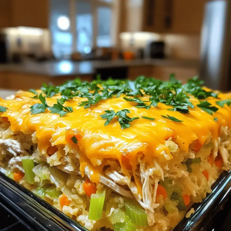 Um Dolly’s Chicken Stuffing Casserole zuzubereiten, brauchen Sie: - 2 Tassen gekochtes, zerrissenes Hühnchen - 1 Tasse Sellerie, gehackt - 1 Tasse Zwiebel, fein gehackt - 1 Tasse gekochte Karotten, gewürfelt - 4 Tassen gewürzte Füllmischung mit Kräutern - 2 Tassen Hühnerbrühe - 1 Tasse saure Sahne - 1 Tasse geriebener Cheddar-Käse - 1 Teelöffel Knoblauchpulver - 1 Teelöffel Zwiebelpulver - Salz und Pfeffer nach Geschmack - Frische Petersilie zum Garnieren Einige Zutaten sind besonders wichtig. Das zerrissene Hühnchen sorgt für einen herzhaften Geschmack und ist die Hauptzutat. Sellerie und Zwiebeln bringen Frische und einen leckeren Crunch. Die gewürzte Füllmischung gibt dem Auflauf eine tolle Textur und Geschmack. Hühnerbrühe macht das Gericht saftig. Saure Sahne fügt Cremigkeit hinzu und rundet den Geschmack ab. Falls Sie kein Hühnchen haben, können Sie Pute verwenden. Für eine vegetarische Option ersetzen Sie das Hühnchen durch gekochte Quinoa oder Linsen. Anstelle von saurer Sahne können Sie griechischen Joghurt nutzen, um das Gericht leichter zu machen. Wenn Sie es schärfer mögen, fügen Sie etwas Cayennepfeffer hinzu. Zuerst heizen Sie Ihren Ofen auf 175°C (350°F) vor. Nehmen Sie eine große Rührschüssel und fügen Sie die Hauptzutaten hinzu. Geben Sie 2 Tassen gekochtes, zerrissenes Hühnchen in die Schüssel. Fügen Sie dann 1 Tasse gehackten Sellerie, 1 Tasse fein gehackte Zwiebel und 1 Tasse gewürfelte, gekochte Karotten hinzu. Mischen Sie alles gut. Achten Sie darauf, dass die Zutaten gleichmäßig verteilt sind. In einer separaten Schüssel verquirlen Sie 2 Tassen Hühnerbrühe und 1 Tasse saure Sahne. Fügen Sie 1 Teelöffel Knoblauchpulver, 1 Teelöffel Zwiebelpulver sowie Salz und Pfeffer nach Geschmack hinzu. Rühren Sie, bis die Mischung glatt ist. Diese Mischung wird später alles verbinden. Fügen Sie nun die gewürzte Füllmischung (4 Tassen) zu der Hühnchen-Mischung hinzu. Gießen Sie die Brühe-Sahne-Mischung darüber. Rühren Sie alles vorsichtig um, sodass alle Zutaten gut vermengt sind. Fetten Sie eine Auflaufform (ca. 23x33 cm) ein und verteilen Sie die Mischung gleichmäßig. Decken Sie die Form mit Aluminiumfolie ab und backen Sie das Gericht 25 Minuten lang. Entfernen Sie die Folie und backen Sie es für weitere 15-20 Minuten. Der Käse sollte sprudelnd und goldbraun sein. Lassen Sie den Auflauf einige Minuten abkühlen, bevor Sie ihn servieren. Garnieren Sie mit frischer Petersilie. Um die perfekte Konsistenz zu erreichen, mischen Sie die Zutaten gut. Achten Sie darauf, dass die Füllung nicht zu trocken ist. Fügen Sie mehr Brühe hinzu, wenn nötig. Wenn der Käse zu schnell bräunt, decken Sie den Auflauf wieder mit Folie ab. Das hilft, eine zarte und saftige Textur zu erhalten. Für mehr Informationen besuchen Sie das [Full Recipe]. Ein häufiger Fehler ist, das Hühnchen nicht gut zu zerkleinern. Achte darauf, dass die Stücke klein sind. So mischen sie sich besser mit der Füllung. Vermeide es auch, die Füllmischung zu trocken zu machen. Zu wenig Brühe führt zu einem trockenen Gericht. Ein weiterer Fehler ist, das Gericht zu lange abzudecken. Dadurch wird der Käse nicht schön knusprig. Um Zeit zu sparen, koche das Hühnchen im Voraus. Wenn du übrig gebliebenes Hühnchen hast, ist das perfekt. Du kannst auch gefrorenes, vorgekochtes Hühnchen verwenden. Schneide das Gemüse im Voraus oder kaufe es bereits gehackt. Das spart dir Zeit in der Küche. Die Füllmischung kann ebenfalls vorab vorbereitet werden. So hast du alles bereit, wenn du den Auflauf machst. Dolly’s Chicken Stuffing Casserole passt gut zu einem frischen Salat. Ein grüner Salat mit einem leichten Dressing ergänzt das Gericht. Auch gedünstetes Gemüse ist eine gute Wahl. Versuche Brokkoli oder grüne Bohnen. Du kannst das Gericht mit frischer Petersilie garnieren. Das sieht toll aus und bringt zusätzlichen Geschmack. Für eine deftige Note serviere etwas Cranberry-Sauce dazu. {{image_4}} Wenn du spezielle Diätanforderungen hast, kannst du Dolly’s Chicken Stuffing Casserole leicht anpassen. Für eine glutenfreie Option, wähle glutenfreie Füllmischung. Nutze auch glutenfreie Brühe. Für eine kalorienärmere Version, ersetze die saure Sahne durch griechischen Joghurt. Das gibt dir die gleiche cremige Textur mit weniger Fett. Du kannst auch weniger Käse verwenden oder ihn ganz weglassen. Statt Hühnchen kannst du auch andere Proteine verwenden. Zum Beispiel schmeckt der Auflauf mit Putenfleisch genauso gut. Du kannst auch Rindfleisch oder Schweinefleisch verwenden. Falls du eine vegetarische Option willst, nimm Kichererbsen oder Tofu. Diese Alternativen geben dem Gericht eine neue Note und sind eine tolle Wahl für jeden Geschmack. Die Kräuter machen einen großen Unterschied im Geschmack. Du kannst frische Kräuter wie Thymian, Rosmarin oder Petersilie hinzufügen. Diese Kräuter passen wunderbar zu Hühnchen. Für einen kräftigen Geschmack, füge Basilikum oder Oregano hinzu. Wenn du es würziger magst, probiere Paprika oder Chili-Flocken. Diese Variationen bringen frischen Wind in dieses klassische Gericht. Du kannst die Kombinationen ganz nach deinem eigenen Geschmack anpassen. Für das gesamte Rezept schau dir den [Full Recipe] an. Nach dem Kochen können Sie Dolly’s Chicken Stuffing Casserole leicht im Kühlschrank lagern. Lassen Sie den Auflauf zuerst abkühlen. Nachdem er auf Raumtemperatur ist, decken Sie ihn gut ab. Verwenden Sie Frischhaltefolie oder einen luftdichten Behälter. So bleibt der Auflauf frisch. Im Kühlschrank hält er sich etwa 3 bis 4 Tage. Wenn Sie den Auflauf länger aufbewahren möchten, können Sie ihn einfrieren. Teilen Sie den Auflauf in Portionen auf. Legen Sie jede Portion in einen gefrierfesten Behälter. Achten Sie darauf, dass keine Luftblasen im Behälter bleiben. So vermeiden Sie Gefrierbrand. Der Auflauf hält sich im Gefrierfach bis zu 3 Monate. Denken Sie daran, die Portionen zu markieren, damit Sie wissen, wann Sie sie eingefroren haben. Um den Auflauf aufzuwärmen, nehmen Sie ihn aus dem Kühlschrank oder Gefrierfach. Wenn er gefroren ist, lassen Sie ihn zuerst im Kühlschrank auftauen. Heizen Sie den Ofen auf 175°C (350°F) vor. Legen Sie den Auflauf in eine Auflaufform und decken Sie ihn mit Aluminiumfolie ab. Backen Sie ihn für etwa 25 Minuten. Entfernen Sie die Folie und backen Sie ihn für weitere 10 bis 15 Minuten, bis er heiß ist. Garnieren Sie ihn vor dem Servieren mit frischer Petersilie. So bleibt das Gericht appetitlich und frisch. Für die vollständige Zubereitung von Dolly’s Chicken Stuffing Casserole, schauen Sie sich das [Full Recipe] an. Das Backen von Dolly’s Chicken Stuffing Casserole dauert insgesamt 40 bis 45 Minuten. Zuerst deckst du den Auflauf mit Folie und backst ihn 25 Minuten. Danach nimmst du die Folie ab und backst ihn weitere 15 bis 20 Minuten. So wird der Käse schön goldbraun und sprudelnd. Ja, du kannst das Rezept im Voraus zubereiten. Du kannst die Mischung aus Hühnchen und Füllung bis zu einem Tag vorher machen. Bewahre sie im Kühlschrank auf. Am Tag des Servierens kannst du sie dann einfach in den Ofen schieben. Das spart Zeit und macht das Essen stressfreier. Dolly’s Chicken Stuffing Casserole schmeckt toll mit verschiedenen Beilagen. Hier sind einige Vorschläge: - Grüner Salat für Frische - Gedämpftes Gemüse wie Brokkoli oder grüne Bohnen - Kartoffelpüree für einen herzhaften Kontrast - Cranberry-Sauce für etwas Süße Diese Beilagen ergänzen den Auflauf perfekt und sorgen für ein ausgewogenes Essen. In diesem Blogbeitrag haben wir die Zutaten für Dolly’s Chicken Stuffing Casserole detailliert erkundet. Ich habe auch Schritt-für-Schritt-Anleitungen für die Zubereitung geteilt. Zudem gab es nützliche Tipps, Fehler zu vermeiden und Variationen für jeden Geschmack. Denke daran, beim Kochen kreativ zu sein und verschiedene Zutaten auszuprobieren. Die richtige Lagerung sorgt dafür, dass dein Auflauf länger frisch bleibt. Genieße dein Gericht mit leckeren Beilagen und beeindrucke deine Gäste!