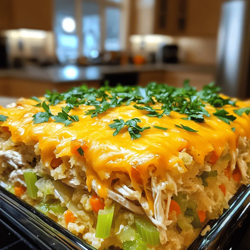 Um Dolly’s Chicken Stuffing Casserole zuzubereiten, brauchen Sie: - 2 Tassen gekochtes, zerrissenes Hühnchen - 1 Tasse Sellerie, gehackt - 1 Tasse Zwiebel, fein gehackt - 1 Tasse gekochte Karotten, gewürfelt - 4 Tassen gewürzte Füllmischung mit Kräutern - 2 Tassen Hühnerbrühe - 1 Tasse saure Sahne - 1 Tasse geriebener Cheddar-Käse - 1 Teelöffel Knoblauchpulver - 1 Teelöffel Zwiebelpulver - Salz und Pfeffer nach Geschmack - Frische Petersilie zum Garnieren Einige Zutaten sind besonders wichtig. Das zerrissene Hühnchen sorgt für einen herzhaften Geschmack und ist die Hauptzutat. Sellerie und Zwiebeln bringen Frische und einen leckeren Crunch. Die gewürzte Füllmischung gibt dem Auflauf eine tolle Textur und Geschmack. Hühnerbrühe macht das Gericht saftig. Saure Sahne fügt Cremigkeit hinzu und rundet den Geschmack ab. Falls Sie kein Hühnchen haben, können Sie Pute verwenden. Für eine vegetarische Option ersetzen Sie das Hühnchen durch gekochte Quinoa oder Linsen. Anstelle von saurer Sahne können Sie griechischen Joghurt nutzen, um das Gericht leichter zu machen. Wenn Sie es schärfer mögen, fügen Sie etwas Cayennepfeffer hinzu. Zuerst heizen Sie Ihren Ofen auf 175°C (350°F) vor. Nehmen Sie eine große Rührschüssel und fügen Sie die Hauptzutaten hinzu. Geben Sie 2 Tassen gekochtes, zerrissenes Hühnchen in die Schüssel. Fügen Sie dann 1 Tasse gehackten Sellerie, 1 Tasse fein gehackte Zwiebel und 1 Tasse gewürfelte, gekochte Karotten hinzu. Mischen Sie alles gut. Achten Sie darauf, dass die Zutaten gleichmäßig verteilt sind. In einer separaten Schüssel verquirlen Sie 2 Tassen Hühnerbrühe und 1 Tasse saure Sahne. Fügen Sie 1 Teelöffel Knoblauchpulver, 1 Teelöffel Zwiebelpulver sowie Salz und Pfeffer nach Geschmack hinzu. Rühren Sie, bis die Mischung glatt ist. Diese Mischung wird später alles verbinden. Fügen Sie nun die gewürzte Füllmischung (4 Tassen) zu der Hühnchen-Mischung hinzu. Gießen Sie die Brühe-Sahne-Mischung darüber. Rühren Sie alles vorsichtig um, sodass alle Zutaten gut vermengt sind. Fetten Sie eine Auflaufform (ca. 23x33 cm) ein und verteilen Sie die Mischung gleichmäßig. Decken Sie die Form mit Aluminiumfolie ab und backen Sie das Gericht 25 Minuten lang. Entfernen Sie die Folie und backen Sie es für weitere 15-20 Minuten. Der Käse sollte sprudelnd und goldbraun sein. Lassen Sie den Auflauf einige Minuten abkühlen, bevor Sie ihn servieren. Garnieren Sie mit frischer Petersilie. Um die perfekte Konsistenz zu erreichen, mischen Sie die Zutaten gut. Achten Sie darauf, dass die Füllung nicht zu trocken ist. Fügen Sie mehr Brühe hinzu, wenn nötig. Wenn der Käse zu schnell bräunt, decken Sie den Auflauf wieder mit Folie ab. Das hilft, eine zarte und saftige Textur zu erhalten. Für mehr Informationen besuchen Sie das [Full Recipe]. Ein häufiger Fehler ist, das Hühnchen nicht gut zu zerkleinern. Achte darauf, dass die Stücke klein sind. So mischen sie sich besser mit der Füllung. Vermeide es auch, die Füllmischung zu trocken zu machen. Zu wenig Brühe führt zu einem trockenen Gericht. Ein weiterer Fehler ist, das Gericht zu lange abzudecken. Dadurch wird der Käse nicht schön knusprig. Um Zeit zu sparen, koche das Hühnchen im Voraus. Wenn du übrig gebliebenes Hühnchen hast, ist das perfekt. Du kannst auch gefrorenes, vorgekochtes Hühnchen verwenden. Schneide das Gemüse im Voraus oder kaufe es bereits gehackt. Das spart dir Zeit in der Küche. Die Füllmischung kann ebenfalls vorab vorbereitet werden. So hast du alles bereit, wenn du den Auflauf machst. Dolly’s Chicken Stuffing Casserole passt gut zu einem frischen Salat. Ein grüner Salat mit einem leichten Dressing ergänzt das Gericht. Auch gedünstetes Gemüse ist eine gute Wahl. Versuche Brokkoli oder grüne Bohnen. Du kannst das Gericht mit frischer Petersilie garnieren. Das sieht toll aus und bringt zusätzlichen Geschmack. Für eine deftige Note serviere etwas Cranberry-Sauce dazu. {{image_4}} Wenn du spezielle Diätanforderungen hast, kannst du Dolly’s Chicken Stuffing Casserole leicht anpassen. Für eine glutenfreie Option, wähle glutenfreie Füllmischung. Nutze auch glutenfreie Brühe. Für eine kalorienärmere Version, ersetze die saure Sahne durch griechischen Joghurt. Das gibt dir die gleiche cremige Textur mit weniger Fett. Du kannst auch weniger Käse verwenden oder ihn ganz weglassen. Statt Hühnchen kannst du auch andere Proteine verwenden. Zum Beispiel schmeckt der Auflauf mit Putenfleisch genauso gut. Du kannst auch Rindfleisch oder Schweinefleisch verwenden. Falls du eine vegetarische Option willst, nimm Kichererbsen oder Tofu. Diese Alternativen geben dem Gericht eine neue Note und sind eine tolle Wahl für jeden Geschmack. Die Kräuter machen einen großen Unterschied im Geschmack. Du kannst frische Kräuter wie Thymian, Rosmarin oder Petersilie hinzufügen. Diese Kräuter passen wunderbar zu Hühnchen. Für einen kräftigen Geschmack, füge Basilikum oder Oregano hinzu. Wenn du es würziger magst, probiere Paprika oder Chili-Flocken. Diese Variationen bringen frischen Wind in dieses klassische Gericht. Du kannst die Kombinationen ganz nach deinem eigenen Geschmack anpassen. Für das gesamte Rezept schau dir den [Full Recipe] an. Nach dem Kochen können Sie Dolly’s Chicken Stuffing Casserole leicht im Kühlschrank lagern. Lassen Sie den Auflauf zuerst abkühlen. Nachdem er auf Raumtemperatur ist, decken Sie ihn gut ab. Verwenden Sie Frischhaltefolie oder einen luftdichten Behälter. So bleibt der Auflauf frisch. Im Kühlschrank hält er sich etwa 3 bis 4 Tage. Wenn Sie den Auflauf länger aufbewahren möchten, können Sie ihn einfrieren. Teilen Sie den Auflauf in Portionen auf. Legen Sie jede Portion in einen gefrierfesten Behälter. Achten Sie darauf, dass keine Luftblasen im Behälter bleiben. So vermeiden Sie Gefrierbrand. Der Auflauf hält sich im Gefrierfach bis zu 3 Monate. Denken Sie daran, die Portionen zu markieren, damit Sie wissen, wann Sie sie eingefroren haben. Um den Auflauf aufzuwärmen, nehmen Sie ihn aus dem Kühlschrank oder Gefrierfach. Wenn er gefroren ist, lassen Sie ihn zuerst im Kühlschrank auftauen. Heizen Sie den Ofen auf 175°C (350°F) vor. Legen Sie den Auflauf in eine Auflaufform und decken Sie ihn mit Aluminiumfolie ab. Backen Sie ihn für etwa 25 Minuten. Entfernen Sie die Folie und backen Sie ihn für weitere 10 bis 15 Minuten, bis er heiß ist. Garnieren Sie ihn vor dem Servieren mit frischer Petersilie. So bleibt das Gericht appetitlich und frisch. Für die vollständige Zubereitung von Dolly’s Chicken Stuffing Casserole, schauen Sie sich das [Full Recipe] an. Das Backen von Dolly’s Chicken Stuffing Casserole dauert insgesamt 40 bis 45 Minuten. Zuerst deckst du den Auflauf mit Folie und backst ihn 25 Minuten. Danach nimmst du die Folie ab und backst ihn weitere 15 bis 20 Minuten. So wird der Käse schön goldbraun und sprudelnd. Ja, du kannst das Rezept im Voraus zubereiten. Du kannst die Mischung aus Hühnchen und Füllung bis zu einem Tag vorher machen. Bewahre sie im Kühlschrank auf. Am Tag des Servierens kannst du sie dann einfach in den Ofen schieben. Das spart Zeit und macht das Essen stressfreier. Dolly’s Chicken Stuffing Casserole schmeckt toll mit verschiedenen Beilagen. Hier sind einige Vorschläge: - Grüner Salat für Frische - Gedämpftes Gemüse wie Brokkoli oder grüne Bohnen - Kartoffelpüree für einen herzhaften Kontrast - Cranberry-Sauce für etwas Süße Diese Beilagen ergänzen den Auflauf perfekt und sorgen für ein ausgewogenes Essen. In diesem Blogbeitrag haben wir die Zutaten für Dolly’s Chicken Stuffing Casserole detailliert erkundet. Ich habe auch Schritt-für-Schritt-Anleitungen für die Zubereitung geteilt. Zudem gab es nützliche Tipps, Fehler zu vermeiden und Variationen für jeden Geschmack. Denke daran, beim Kochen kreativ zu sein und verschiedene Zutaten auszuprobieren. Die richtige Lagerung sorgt dafür, dass dein Auflauf länger frisch bleibt. Genieße dein Gericht mit leckeren Beilagen und beeindrucke deine Gäste!