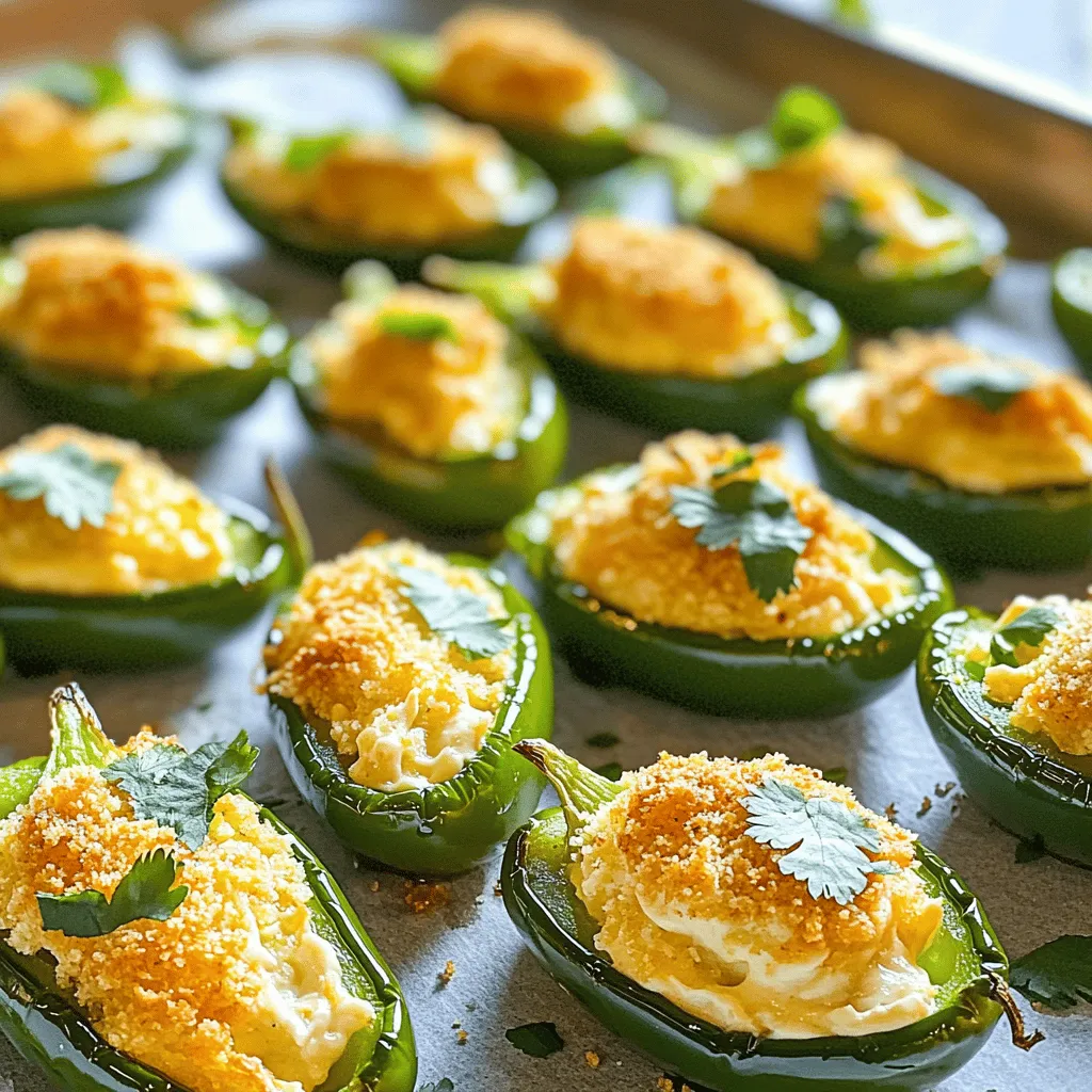 - 8 frische Jalapeños, halbiert und entkernt - 1 Tasse Frischkäse, weich - 1 Tasse geriebener scharfer Cheddar-Käse - 1/2 Tasse Semmelbrösel (am besten Panko für extra Knusprigkeit) - 1/4 Teelöffel Knoblauchpulver - 1/4 Teelöffel Zwiebelpulver - 1/4 Teelöffel geräuchertes Paprikapulver - Salz und Pfeffer nach Geschmack - Frischer Koriander, zum Garnieren Die Hauptzutaten sind einfach und leicht zu finden. Frische Jalapeños bringen die Schärfe. Frischkäse und Cheddar bieten die Cremigkeit und den Geschmack. Semmelbrösel sorgen für den Crunch. Gewürze wie Knoblauchpulver und Zwiebelpulver heben die Aromen hervor. - Kochspray oder Olivenöl - Chopping und Mixing Utensilien Kochspray oder Olivenöl hilft, die Jalapeño Popper Bites knusprig zu machen. Chopping und Mixing Utensilien sind nötig, um alles gut vorzubereiten. Ein scharfes Messer macht das Schneiden der Jalapeños einfach. Eine Schüssel hilft beim Mischen der Käsefüllung. Für das vollständige Rezept, schauen Sie bitte auf [Full Recipe]. Zuerst nehmen Sie die frischen Jalapeños. Sie brauchen acht Stück. Halbieren Sie sie vorsichtig der Länge nach. Entfernen Sie die Kerne und die weißen Stränge. So wird der Snack weniger scharf. Danach wählen Sie ein Backblech aus. Decken Sie es mit Backpapier aus. So bleibt nichts kleben und die Reinigung ist einfach. Jetzt kommen wir zur Käsemischung. Nehmen Sie eine große Schüssel. Geben Sie eine Tasse weichen Frischkäse hinein. Fügen Sie eine Tasse geriebenen Cheddar-Käse und Gewürze hinzu. Verwenden Sie 1/4 Teelöffel Knoblauchpulver, Zwiebelpulver und geräuchertes Paprikapulver. Schmecken Sie die Mischung mit Salz und Pfeffer ab. Rühren Sie alles gut um, bis es eine glatte Masse ergibt. Jetzt ist es Zeit zu füllen. Nehmen Sie einen Löffel oder eine Spritztüte. Füllen Sie jede Jalapeño-Hälfte großzügig mit der Käsemischung. Drücken Sie leicht, um die Füllung zu sichern. Für den Crunch brauchen Sie Semmelbrösel. Geben Sie diese in eine separate Schüssel. Würzen Sie sie leicht mit Salz und Pfeffer. Drücken Sie jede gefüllte Jalapeño in die Semmelbrösel. Achten Sie darauf, dass die Füllung gut bedeckt ist. Platzieren Sie die Jalapeño-Popper-Bites auf dem Backblech. Für extra Knusprigkeit können Sie die Oberseite leicht mit Kochspray oder Olivenöl bestreichen. Heizen Sie den Ofen auf 190°C vor. Backen Sie die Jalapeño-Popper-Bites 20 bis 25 Minuten lang. Sie sind fertig, wenn die Jalapeños zart sind und die Semmelbrösel goldbraun sind. Lassen Sie die Bites einige Minuten abkühlen. Garnieren Sie sie mit frischem Koriander. Diese Jalapeno Popper Bites sind ein Genuss! Sie können das Rezept hier finden: [Full Recipe]. Um perfekte Jalapeno Popper Bites zu machen, achte auf das richtige Verhältnis von Käse zu Jalapeños. Ich empfehle, eine Tasse Frischkäse und eine Tasse Cheddar-Käse zu verwenden. Diese Mischung sorgt für einen tollen Geschmack. Vermeide überfüllte Jalapeños. Wenn du zu viel Füllung hineingibst, wird es messy. Die Mischung sollte locker in die Hälften passen, damit sie beim Backen nicht überlaufen. Dips und Saucen passen toll zu Jalapeno Popper Bites. Ein würziges Ranch-Dressing ist eine gute Wahl. Auch Avocado-Limetten-Sauce bringt frischen Geschmack. Für die Anrichtung lege die Bites auf eine schöne Platte. Garniere sie mit frischem Koriander für Farbe. Diese Präsentation macht den Snack noch einladender. Du kannst das ganze Rezept in der [Full Recipe] finden. {{image_4}} Jalapeño Popper Bites sind schon lecker, aber du kannst sie noch besser machen. Eine tolle Option ist, verschiedene Käsesorten zu verwenden. Probiere zum Beispiel Gouda oder Brie für einen cremigen Geschmack. Du kannst auch etwas Feta hinzufügen, um den Bissen eine salzige Note zu geben. Wenn du Gemüse magst, füge etwas gewürfelte Paprika oder Zucchini hinzu. Das gibt nicht nur Geschmack, sondern auch Farbe. Diese Variationen machen die Bites noch gesünder und interessanter. Schärfe ist wichtig bei Jalapeño Popper Bites. Wenn du es milder magst, verwende weniger Jalapeños oder entferne die Samen ganz. Du kannst auch milde Paprika wie Poblano oder Anaheim verwenden. Diese geben einen tollen Geschmack ohne viel Schärfe. Wenn du etwas mehr Hitze willst, füge etwas Chili-Pulver oder Cayenne-Pfeffer zur Käsemischung hinzu. So kannst du die Schärfe ganz nach deinem Geschmack anpassen. Du kannst Jalapeño Popper Bites leicht anpassen, um sie glutenfrei zu machen. Verwende einfach glutenfreie Semmelbrösel oder zerbröselte Reiswaffeln. So bleibt die Knusprigkeit erhalten, ohne Gluten. Für eine milchfreie Option, ersetze den Frischkäse und den Cheddar mit pflanzlichen Alternativen. Es gibt viele köstliche Optionen auf dem Markt, die gut schmelzen. Diese Anpassungen machen die Bites für alle zugänglich, ohne den Geschmack zu verlieren. Du findest das vollständige Rezept unter [Full Recipe]. Für die Lagerung von Jalapeño Popper Bites gibt es zwei Optionen. - Kühlschrank: Bewahren Sie die Reste in einem luftdichten Behälter im Kühlschrank auf. So bleiben sie frisch für bis zu drei Tage. - Gefriertruhe: Wenn Sie die Bites länger aufbewahren möchten, frieren Sie sie ein. Legen Sie sie nach dem Abkühlen in einen Gefrierbeutel. So halten sie bis zu drei Monate. Die optimalen Lagerbedingungen sind wichtig. Stellen Sie sicher, dass die Bites vollständig abgekühlt sind, bevor Sie sie lagern. Dies verhindert Kondensation und hält sie knusprig. Um die Jalapeño Popper Bites wieder heiß und knusprig zu machen, gibt es zwei gute Methoden. - Ofen: Heizen Sie den Ofen auf 180°C vor. Legen Sie die Bites auf ein Backblech und backen Sie sie etwa 10-15 Minuten. So werden sie schön knusprig. - Mikrowelle: Diese Methode ist schneller, aber die Bites werden nicht so knusprig. Legen Sie die Bites auf einen mikrowellengeeigneten Teller und erhitzen Sie sie für 30 Sekunden. Überprüfen Sie dann die Temperatur. Die Ofenmethode ist besser für knusprige Ergebnisse. Wenn Sie wenig Zeit haben, nutzen Sie die Mikrowelle. Jalapenos haben einen mittleren Schärfegrad. Ihr Schärfegrad liegt zwischen 2.500 und 8.000 Scoville-Einheiten. Sie schmecken frisch, fruchtig und leicht rauchig. Wenn du die Schärfe mildern möchtest, entferne die Samen und die weißen Innenwände. Diese Teile enthalten die meiste Schärfe. Du kannst auch einen milden Käse oder mehr Frischkäse verwenden, um die Schärfe zu reduzieren. Ja, du kannst Jalapeno Popper Bites im Voraus zubereiten. Fülle die Jalapeños und lege sie auf das Backblech. Decke sie gut ab und stelle sie in den Kühlschrank. So bleiben sie frisch. Du kannst sie auch einfrieren. Backe sie dann einfach, wenn du sie brauchst. Das macht sie ideal für Partys oder Snacks. Beliebte Dips für Jalapeno Popper Bites sind Ranch-Dressing und Avocado-Limetten-Sauce. Diese Dips ergänzen den Geschmack der Jalapeños perfekt. Du kannst auch eine scharfe Salsa oder Käse-Dip probieren. Wenn du eigene Saucen machst, kombiniere griechischen Joghurt mit Kräutern. So erhältst du leckere, gesunde Dips. Jalapeno-Popper stammen aus der mexikanischen Küche. Sie sind beliebt in den USA, besonders bei Grillpartys. Ursprünglich wurden gefüllte Jalapeños als Snack oder Vorspeise serviert. Heute sind sie in vielen Restaurants zu finden. Ihre Beliebtheit wächst weltweit, da viele Menschen ihren würzigen Geschmack lieben. Die Zubereitung von Jalapeno Popper Bites erfordert frische Zutaten und einfache Schritte. Wir haben die Hauptzutaten, Zubereitungsanweisungen, Tipps und Variationen durchgenommen. Diese Bites sind perfekt für jede Gelegenheit. Halte die Schärfe im Griff und variiere die Rezepte nach deinem Geschmack. Mit den richtigen Dips wird dieser Snack ein echter Hit. Probier es aus! Die Freude am Kochen und Genießen wartet auf dich.