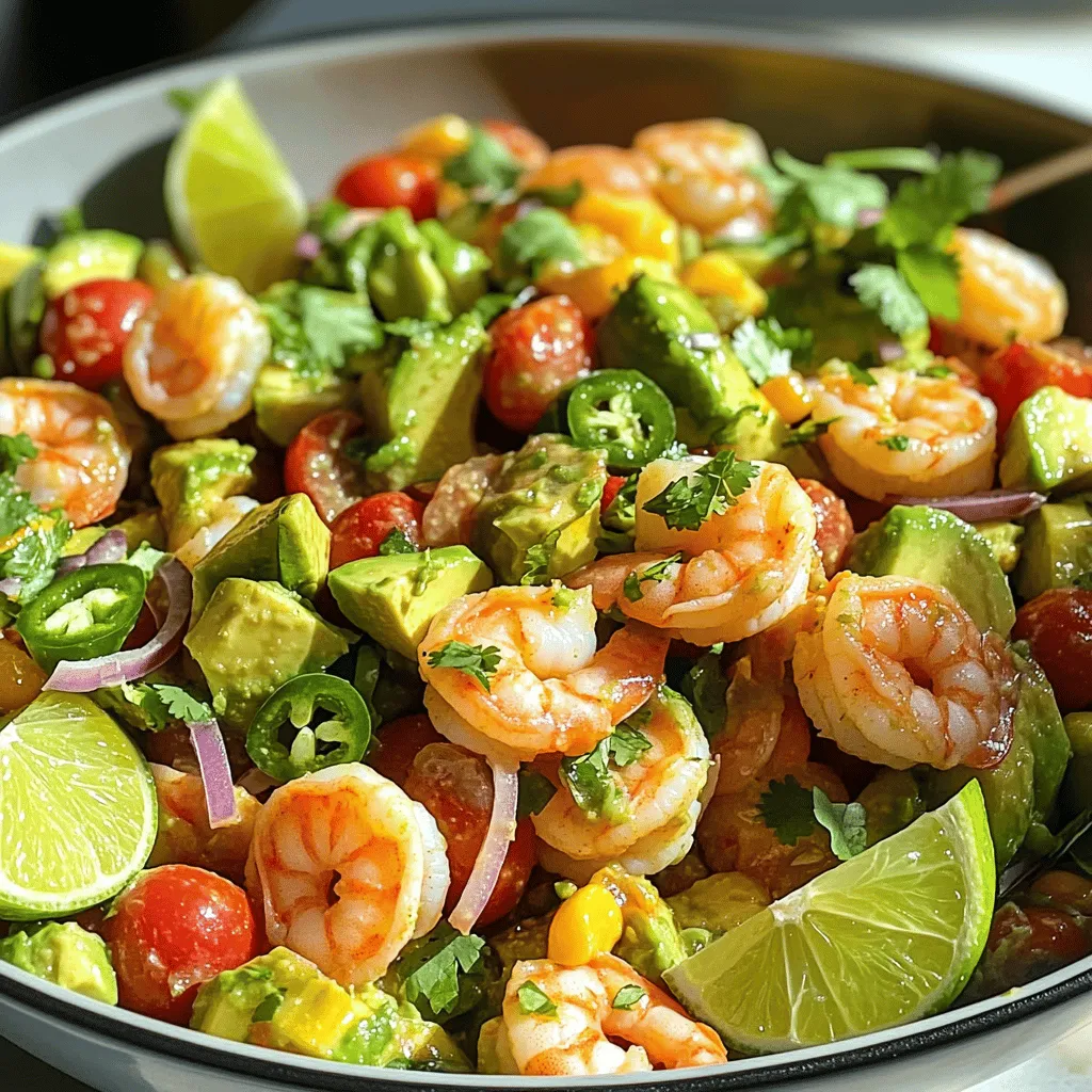 - Garnelen: 450 g, geschält und entdarmt - Avocados: 2 reife, gewürfelt - Kirschtomaten: 1 Tasse, halbiert - Rote Zwiebel: 1/2 Tasse, fein gehackt - Jalapeño: 1, entkernt und fein gehackt - Frischer Koriander: 1/4 Tasse, gehackt - Limettensaft: Saft von 2 Limetten - Olivenöl: 2 Esslöffel - Gewürze: Salz und Pfeffer nach Geschmack Die Auswahl der Zutaten ist wichtig. Frische Zutaten machen den Salat besonders lecker. Ich empfehle, reife Avocados zu wählen. Sie geben dem Gericht eine cremige Konsistenz. Die Garnelen sollten frisch sein. Sie sind der Hauptbestandteil und bringen Geschmack. Kirschtomaten bringen eine süße Note, die gut mit der Schärfe der Jalapeño harmoniert. Für das Dressing nutze ich frischen Limettensaft. Er gibt dem Salat eine spritzige Frische. Olivenöl sorgt für einen feinen Geschmack. Salz und Pfeffer runden das Ganze ab. Wenn du mehr Würze magst, kannst du experimentieren. Füge mehr Jalapeño hinzu oder verwende Gewürze nach Wahl. Wenn du nach dem besten Rezept suchst, schau dir das Full Recipe an. Dort findest du alles, was du brauchst, um diesen gesunden Avocado Salsa Garnelen Salat zu machen. Um den Salat lecker zu machen, koche zuerst die Garnelen. Bring Wasser in einem mittelgroßen Topf zum Kochen. Füge die geschälten und entdarmten Garnelen hinzu. Koche sie 2-3 Minuten lang, bis sie rosa und undurchsichtig sind. Dann gieße die Garnelen ab und lass sie abkühlen. Jetzt geht es ans Gemüse. Nimm eine große Schüssel. Vermenge darin die gewürfelten Avocados, halbierten Kirschtomaten, gehackte rote Zwiebel, fein gehackte Jalapeño und frischen Koriander. Diese Mischung bringt frische Aromen in den Salat. Für das Dressing mische in einer kleinen Schüssel den Limettensaft, das Olivenöl, Salz und Pfeffer. Rühre alles gut um, bis es gut vermischt ist. Das Dressing gibt dem Salat den letzten Schliff. Jetzt kommt der spannende Teil! Füge die gekochten Garnelen zur Gemüsemischung in der großen Schüssel hinzu. Gieße das Limettendressing über die Mischung. Jetzt musst du alles vorsichtig vermengen. Achte darauf, dass du die Avocados nicht zerdrückst. Das sieht nicht nur gut aus, sondern schmeckt auch toll. Wenn du magst, kannst du den Salat sofort genießen oder ihn für 15-20 Minuten im Kühlschrank kühlen. So vermischen sich die Aromen besser. Du findest das gesamte Rezept unter [Full Recipe]. - Milderung der Schärfe: Passen Sie die Menge Jalapeño nach Ihrem Geschmack an. Wenn Sie es mild mögen, nehmen Sie weniger. Mögen Sie es schärfer? Fügen Sie mehr hinzu. - Avocados reif wählen: Wählen Sie reife Avocados. Sie sollten leicht auf Druck nachgeben. Reife Avocados sorgen für eine cremige Konsistenz und einen tollen Geschmack. - Präsentationstipps: Servieren Sie den Salat in großen Schalen. Alternativ können Sie ihn auf individuellen Tellern anrichten. Dies macht den Salat ansprechender. - Garnituren: Garnieren Sie den Salat mit frischem Koriander und Limettenschnitzen. Diese Farben machen das Gericht lebendig und einladend. - Vorbereitungszeit: Die Vorbereitungszeit beträgt nur 15 Minuten. Dies macht den Salat zu einer schnellen Wahl. - Gesamtzeit: Die gesamte Zeit liegt bei 30 Minuten. Ideal, wenn Sie ein schnelles Essen zubereiten wollen. {{image_4}} Für diesen Salat können Sie andere Proteine verwenden. Wenn Sie Garnelen nicht mögen, probieren Sie Hühnchen. Das zarte Fleisch gibt einen tollen Geschmack. Tofu ist eine gute Wahl für Veganer. Er nimmt die Aromen gut auf. Lachs ist ebenfalls lecker. Er hat einen reichen, buttrigen Geschmack und passt perfekt zu Avocado. Fügen Sie mehr Gemüse hinzu, um den Salat aufzufrischen. Paprika bringt Farbe und Crunch. Außerdem sind sie knackig und süß. Mais gibt dem Salat eine süße Note. Schwarze Bohnen sind proteinreich und sättigend. Sie machen den Salat nahrhafter. Für mehr Geschmack können Sie Feta-Käse hinzufügen. Er hat einen salzigen, cremigen Geschmack. Wenn Sie es schärfer mögen, probieren Sie Jalapeño-Popper. Sie bringen eine würzige Überraschung in jeden Bissen. Experimentieren Sie mit Dressings, um Abwechslung zu schaffen. Balsamico verleiht eine süß-saure Note. Es passt gut zur Frische der Avocados. Joghurtdressing ist eine weitere gute Option. Es macht den Salat cremig und leicht. Probieren Sie verschiedene Kombinationen, um Ihr perfektes Dressing zu finden. Für die genaue Zubereitung und die Zutaten, schauen Sie sich das Full Recipe an. Lagern Sie den Salat in einem luftdichten Behälter. So bleibt er frisch und lecker. Im Kühlschrank hält er sich bis zu 2 Tage. Wenn Sie ihn länger aufbewahren, wird die Textur der Avocados beeinträchtigt. Achten Sie darauf, dass der Behälter gut verschlossen ist, um die Frische zu bewahren. Planen Sie Ihre Mahlzeiten im Voraus! Bereiten Sie den Salat portionsweise vor. So haben Sie schnelle und gesunde Mahlzeiten bereit. Sie können die Garnelen auch separat einfrieren. Dadurch bleibt das Gemüse frisch und knusprig. Es ist eine großartige Möglichkeit, Zeit zu sparen. Wenn Sie die Garnelen wieder aufwärmen möchten, gehen Sie vorsichtig vor. Nutzen Sie die Mikrowelle oder eine Pfanne. Erhitzen Sie sie leicht, um den Geschmack zu bewahren. Achten Sie darauf, sie nicht zu lange zu erhitzen, sonst werden sie zäh. Genießen Sie den Salat frisch, um die Aromen am besten zu erleben. Ja, am besten die Garnelen und das Gemüse getrennt halten. So bleibt alles frisch. Wenn Sie den Salat aufbewahren, wird das Gemüse matschig. Bereiten Sie die Garnelen und das Dressing zuerst vor. Mischen Sie dann alles kurz vor dem Servieren. Ja, die Kalorienzahlen sind gering und nährstoffreich. Die Hauptzutaten sind gesund und bieten viele Vitamine. Garnelen sind eine großartige Eiweißquelle. Avocados liefern gesunde Fette. Dies macht den Salat zu einer guten Wahl für leichte Mahlzeiten. Ja, ersetzen Sie Garnelen durch Tofu oder Kichererbsen und verwenden Sie ein pflanzliches Dressing. Tofu bietet die gleiche Textur wie Garnelen. Kichererbsen sind proteinreich und sättigend. Beide Optionen machen den Salat auch lecker und gesund. In diesem Blogbeitrag haben wir einen leckeren Garnelensalat in wenigen Schritten erstellt. Wir haben die Zutaten aufgelistet und die Zubereitung erklärt. Der Salat bietet viele Anpassungsmöglichkeiten, um ihn nach Ihrem Geschmack zu gestalten. Denken Sie an frische Avocados und leckere Dressings. Bewahren Sie den Salat richtig auf, um die Frische zu erhalten. Fertigen Sie ihn gerne im Voraus an. Genießen Sie diesen einfachen, gesunden Salat bei Ihrem nächsten Essen!