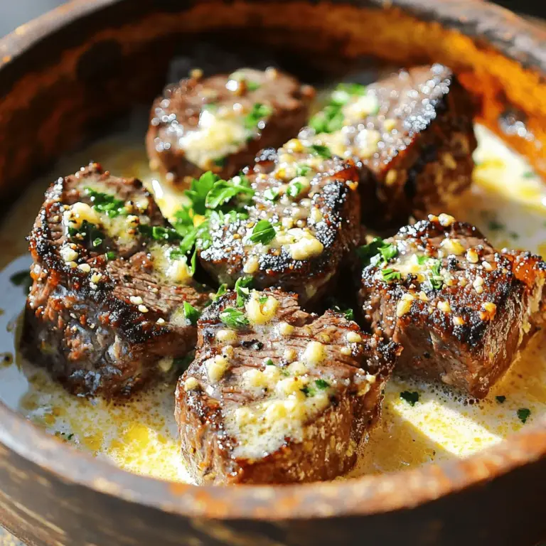 - 450 g Filetsteak, in mundgerechte Stücke geschnitten - 4 Esslöffel ungesalzene Butter - 4 Knoblauchzehen, fein gehackt - 1 Teelöffel getrockneter Thymian - 1 Teelöffel geräuchertes Paprikapulver - Salz und Pfeffer nach Geschmack - 240 ml Sahne - 100 g geriebenen Parmesan - Frische Petersilie, gehackt (zum Garnieren) Ich liebe es, frische Zutaten zu nutzen, um das Beste aus jedem Gericht herauszuholen. Bei diesem Rezept sind die Zutaten einfach, aber voller Geschmack. Das Filetsteak ist zart und saftig. Die ungesalzene Butter gibt ein reichhaltiges Aroma. Der Knoblauch bringt einen starken, köstlichen Geschmack. Thymian und geräuchertes Paprikapulver fügen Tiefe hinzu. Salz und Pfeffer sind die klassischen Gewürze, die das Gericht abrunden. Die Sahne sorgt für die cremige Textur. Parmesan macht die Sauce herzhaft. Frische Petersilie bringt Farbe und Frische ins Spiel. Für das beste Ergebnis verwende ich frische Kräuter und hochwertigen Käse. Diese Zutaten machen das Gericht besonders lecker. Wenn du mehr über die Zubereitung erfahren möchtest, schaue dir das vollständige Rezept an. Erhitze eine große Pfanne bei mittelhoher Hitze. Füge 2 Esslöffel Butter hinzu. Während die Butter schmilzt, würze die Steakstücke mit Salz, Pfeffer, Thymian und geräuchertem Paprika. Wenn die Butter heiß ist, lege die Steakbissen in die Pfanne. Brate sie 2-3 Minuten pro Seite. Achte darauf, dass die Stücke schön gebräunt sind. Überlade die Pfanne nicht. Nimm die gebratenen Steakbissen heraus und lege sie beiseite. In die gleiche Pfanne gib die restlichen 2 Esslöffel Butter. Lass sie schmelzen. Füge den fein gehackten Knoblauch hinzu und sautier ihn etwa 30 Sekunden. Der Knoblauch sollte duften, aber nicht anbrennen. Das gibt deinem Gericht einen tollen Geschmack. Reduziere die Hitze auf mittlere Temperatur. Gieße die Sahne in die Pfanne und rühre ständig. Lass die Sauce 2-3 Minuten köcheln, bis sie leicht eingedickt ist. Danach rühre den geriebenen Parmesan ein. Warte, bis er vollständig geschmolzen ist. Schmecke die Sauce mit einer Prise Salz und Pfeffer ab. Gib die angebratenen Steakbissen zurück in die Pfanne. Wende sie in der cremigen Parmesan-Sauce, bis sie gut überzogen sind. Lass alles eine weitere Minute zusammen erhitzen. Übertrage die Knoblauchbutter Steakbissen auf einen Teller. Träufle die restliche Sauce darüber. Garniere das Gericht mit frisch gehackter Petersilie. Für die vollständige Rezeptur, schau dir die Full Recipe an. Um das perfekte Steak zu erreichen, achte auf die Garstufen. Es gibt viele Möglichkeiten, aber die wichtigsten sind rare, medium und well done. - Rare: 50-52 °C, innen rot und kühl. - Medium: 60-65 °C, innen rosa und warm. - Well Done: 70 °C und mehr, vollständig durchgegart. Verwende ein Fleischthermometer, um sicher zu sein. So wird das Steak nie über- oder untergart. Frische Kräuter heben den Geschmack deiner Knoblauchbutter Steakbissen. Thymian, Petersilie und Rosmarin sind tolle Optionen. - Thymian: Gibt eine leichte, erdige Note. - Petersilie: Frisch und hell, perfekt für die Garnitur. - Rosmarin: Stark im Geschmack, nutze ihn sparsam. Füge die Kräuter am Ende des Kochens hinzu. So bleiben die Aromen frisch und stark. Die Sauce sollte cremig, aber nicht zu dick sein. Um die richtige Konsistenz zu erreichen, passe die Sahne und den Parmesan an. - Für eine dickere Sauce: Lasse sie länger köcheln. - Für eine dünnere Sauce: Füge etwas Brühe oder Wasser hinzu. Rühre ständig, um Klumpen zu vermeiden. So bleibt die Sauce samtig und lecker. Für die genaue Zubereitung schau dir das Full Recipe an. {{image_4}} Um Abwechslung zu schaffen, können Sie verschiedene Gewürze verwenden. Versuchen Sie, die Steakbissen mit italienischen Kräutern wie Oregano und Basilikum zu würzen. Diese geben dem Gericht einen mediterranen Flair. Wenn Sie es würziger mögen, fügen Sie etwas Cayennepfeffer oder Chili-Pulver hinzu. Auch eine Mischung aus Knoblauchpulver und Zwiebelpulver kann den Geschmack intensivieren. Experimentieren Sie mit den Gewürzen, die Sie mögen. Es gibt auch leckere Alternativen zur Parmesan-Cremesauce. Eine einfache Option ist eine Cashew-Sauce. Weichen Sie rohe Cashews über Nacht ein und pürieren Sie sie mit etwas Wasser, Knoblauch und Zitronensaft. Diese Sauce ist cremig und voller Geschmack. Sie können auch eine Soja- oder Hafercreme benutzen, um eine ähnliche Konsistenz zu erzielen. Fügen Sie geriebenen veganen Käse hinzu, um den käsigen Geschmack zu erreichen. Zu Knoblauchbutter Steakbissen passen viele Beilagen. Knuspriges Brot ist immer eine gute Wahl. Es hilft, die köstliche Sauce aufzunehmen. Auch ein frischer grüner Salat mit Zitronen-Dressing ergänzt das Gericht gut. Wenn Sie etwas Herzhaftes möchten, probieren Sie gebratene Kartoffeln oder einen herzhaften Reis. Gemischtes Gemüse, leicht gedünstet, passt ebenfalls gut dazu. Achten Sie darauf, die Beilagen so zu wählen, dass sie den Geschmack der Steakbissen unterstützen. Um die Reste der Knoblauchbutter Steakbissen mit Parmesan-Cremesauce optimal zu lagern, nutzen Sie einen luftdichten Behälter. Stellen Sie sicher, dass die Reste abgekühlt sind, bevor Sie sie einpacken. So vermeiden Sie Kondensation. Legen Sie die Reste in den Kühlschrank. Dies hilft, den Geschmack und die Frische zu bewahren. Beim Wiedererwärmen der Steakbissen empfehle ich die Mikrowelle oder eine Pfanne. In der Mikrowelle erhitzen Sie die Bissen in Intervallen von 30 Sekunden. Rühren Sie zwischendurch um. So wird die Sauce gleichmäßig warm und die Bissen bleiben saftig. In einer Pfanne erhitzen Sie die Bissen bei mittlerer Hitze. Fügen Sie etwas Wasser oder Brühe hinzu, um die Sauce geschmeidig zu halten. Die Knoblauchbutter Steakbissen mit Parmesan-Cremesauce halten im Kühlschrank etwa 3 bis 4 Tage. Achten Sie darauf, die Reste gut zu verpacken. Wenn Sie die Reste länger aufbewahren möchten, können Sie sie auch einfrieren. Im Gefrierschrank halten sie bis zu 2 Monate. Achten Sie darauf, die Bissen in einem gefrierfesten Behälter zu lagern. Die Zubereitung dauert insgesamt etwa 30 Minuten. Sie brauchen 10 Minuten für die Vorbereitung und 20 Minuten für das Kochen. So haben Sie schnell ein leckeres Gericht auf dem Tisch. Ja, Sie können die Sahne durch Joghurt oder Milch ersetzen. Diese Optionen machen die Sauce leichter. Achten Sie darauf, die Hitze niedrig zu halten, um ein Gerinnen zu vermeiden. Um die Portionen anzupassen, erhöhen oder vermindern Sie die Menge an Steak und Sauce. Zum Beispiel, für zwei Portionen, halbieren Sie einfach die Zutaten. Für mehr Portionen, verdoppeln Sie sie. Gute Beilagen sind gemischter Salat, gebratene Kartoffeln oder knuspriges Brot. Diese passen gut zu den reichhaltigen Steakbissen. Sie können auch Gemüse wie grüne Bohnen oder Brokkoli servieren. Ja, frisches Gemüse passt gut zu diesem Gericht. Sie können zum Beispiel Zucchini oder Paprika in der Pfanne anbraten. Dies bringt mehr Farbe und Geschmack. Achten Sie darauf, das Gemüse vor den Steakbissen hinzuzufügen, damit es gut garen kann. In diesem Artikel haben wir die wichtigsten Zutaten für ein leckeres Gericht besprochen. Wir haben die Zubereitung der Steakbissen, die Knoblauchbutter und die Parmesan-Cremesauce detailliert erklärt. Tipps für perfekte Garstufen und Variationen helfen dir, das Rezept anzupassen. Du lernst auch, wie du Reste richtig lagerst. Die Kombination aus Aromen macht das Gericht besonders. Du kannst kreativ sein und die Rezepte nach deinem Geschmack variieren. Viel Spaß beim Kochen!