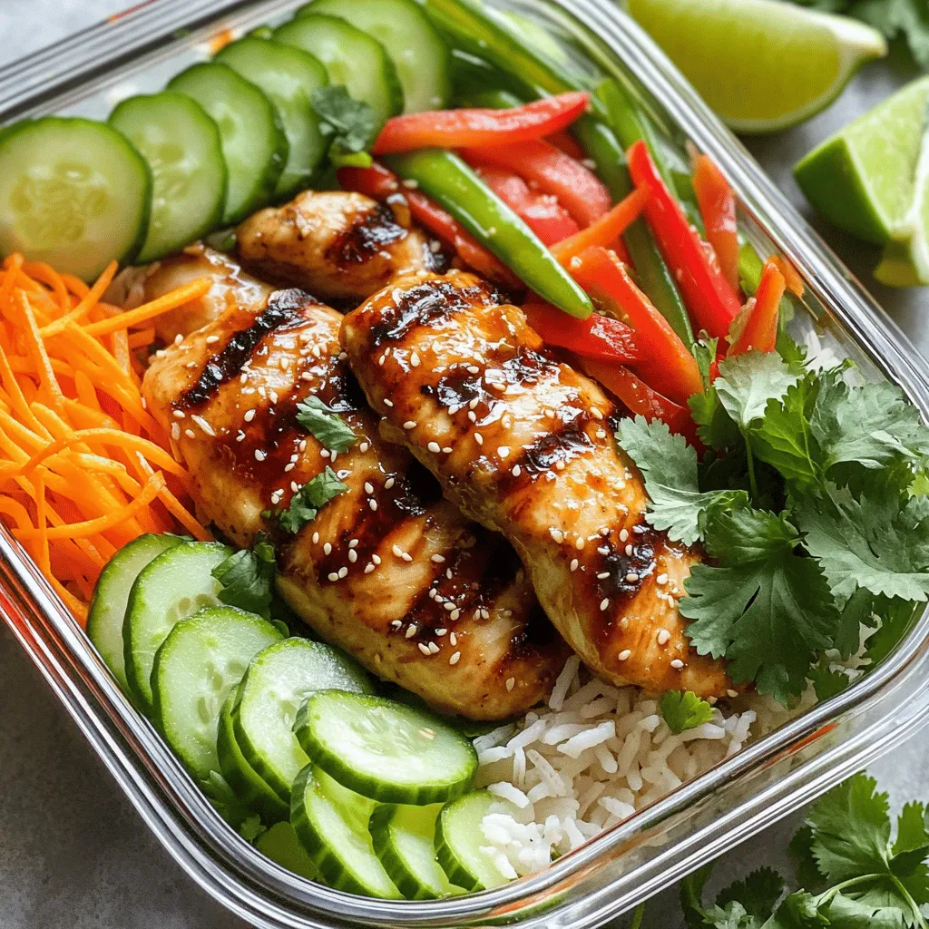 Für die vietnamesischen Hühnchen-Mahlzeitenschalen benötigen Sie: - 2 Hähnchenbrustfilets, entbeint und ohne Haut - 2 Esslöffel Hoisinsauce - 1 Esslöffel Sojasauce - 1 Esslöffel Sesamöl - 2 Knoblauchzehen, fein gehackt - 1 Teelöffel frischer Ingwer, gerieben - 1 Tasse gekochter Jasminreis - 1 Tasse geraspelte Karotten - 1 Tasse Gurke, dünn aufgeschnitten - 1 rote Paprika, in Juliennestreifen geschnitten - 1 Tasse Zuckerschoten oder grüne Bohnen - Frische Koriander- und Minzblätter zur Dekoration - Limettenviertel zum Servieren - Salz und Pfeffer nach Geschmack Diese Zutaten bringen frische und lebendige Aromen in Ihre Schalen. Ich liebe die Kombination aus zartem Hühnchen und knackigem Gemüse. Die Hoisinsauce ist eine geheime Zutat in diesem Rezept. Sie sorgt für eine süße und salzige Note. Die Sauce hat auch eine dicke Textur, die das Hühnchen schön bedeckt. So bleibt das Fleisch saftig und geschmackvoll. Hoisinsauce hat ihren Ursprung in der chinesischen Küche. Sie passt perfekt zu asiatischen Gerichten. Wenn Sie eine vegetarische Option suchen, können Sie das Hähnchen ganz einfach ersetzen. Verwenden Sie stattdessen Tofu oder Tempeh. Diese Alternativen nehmen die Marinade gut auf. Für die restlichen Zutaten können Sie alles gleich lassen. So bleibt der Geschmack auch ohne Fleisch intensiv. Fühlen Sie sich frei, saisonales Gemüse hinzuzufügen. Das macht die Schalen noch bunter und gesünder. Zuerst marinieren wir das Hähnchen. Mischen Sie in einer Schüssel die Hoisinsauce, Sojasauce, Sesamöl, gehackten Knoblauch und den geriebenen Ingwer. Legen Sie die Hähnchenbrustfilets in die Marinade. Stellen Sie sicher, dass sie gut bedeckt sind. Decken Sie die Schüssel ab und lassen Sie sie für mindestens 30 Minuten im Kühlschrank. Dies hilft, den Geschmack zu intensivieren. Heizen Sie danach den Grill oder eine Pfanne auf mittelhohe Hitze vor. Nehmen Sie das Hähnchen aus der Marinade. Braten Sie es 6-7 Minuten auf jeder Seite. Achten Sie darauf, dass die Innentemperatur 75°C erreicht. Lassen Sie das Hähnchen nach dem Garen 5 Minuten ruhen. Schneiden Sie es dann in Stücke. Während das Hähnchen kocht, können Sie das Gemüse vorbereiten. Nehmen Sie eine separate Schüssel. Mischen Sie die geraspelten Karotten, die Gurkenscheiben und die rote Paprika. Geben Sie nach Wunsch eine Prise Salz und Pfeffer hinzu. So wird das Gemüse noch schmackhafter. Richten Sie das Gemüse schön an. Sie können die Farben der Zutaten nutzen, um das Gericht lebendig und einladend zu gestalten. Jetzt kommt der spannende Teil: das Anrichten der Schalen. Füllen Sie zuerst die Behälter mit einer Schicht Jasminreis. Legen Sie die geschnittenen Hähnchenstücke darüber. Arrangieren Sie das Gemüse, die Zuckerschoten oder grünen Bohnen an der Seite. Um das Ganze abzurunden, garnieren Sie jede Schüssel mit frischen Koriander- und Minzblättern. Servieren Sie Limettenviertel dazu. So kann man frisch über die Schalen drücken, bevor man isst. Diese Präsentation sieht nicht nur gut aus, sondern schmeckt auch großartig! Meal-Prep kann einfach sein. Beginne mit der Planung deiner Woche. Wähle einen Tag, um alles vorzubereiten. Koche mehrere Portionen auf einmal. Dies spart Zeit und Energie. Verwende luftdichte Behälter für die Lagerung. So bleibt dein Essen frisch. Das Hähnchen sollte 6-7 Minuten pro Seite braten. Die Innentemperatur muss 75°C (165°F) erreichen. Lass das Hähnchen nach dem Garen ruhen. Dadurch bleibt es saftig und zart. Schneide es erst danach in Stücke. So behält es seinen Geschmack. Für die Schalen ist die Anordnung wichtig. Beginne mit einer Schicht Reis. Füge dann das Hähnchen hinzu. Arrangiere das Gemüse farbenfroh. Dies sieht nicht nur gut aus, sondern hält auch alles frisch. Verwende klare Deckel für die Behälter. So kannst du die frischen Zutaten sehen und sie bleiben knackig. Du kannst die vollständige Anleitung im [Full Recipe] finden. {{image_4}} Jeder hat andere Vorlieben. Du kannst das Rezept nach deinem Geschmack anpassen. Wenn du es schärfer magst, füge ein wenig Sriracha oder frische Chili hinzu. Für eine süßere Note kannst du etwas Honig oder Agavendicksaft hinzufügen. Vegetarier können das Hähnchen durch Tofu ersetzen. Achte darauf, den Tofu gut zu pressen und zu marinieren. Toppings machen jedes Gericht interessanter. Probiere geröstete Erdnüsse oder Cashews für einen knusprigen Biss. Frische Kräuter wie Thai-Basilikum oder Minze bringen Frische. Du kannst auch Erdnusssauce oder eine scharfe Sojasauce drüber träufeln. Diese kleinen Extras verleihen deinen Schalen mehr Geschmack und Textur. Die Wahl der Zutaten kann von der Saison abhängen. Im Frühling sind frische Erbsen und Spargel köstlich. Im Sommer füge saftige Tomaten oder Paprika hinzu. Im Herbst kannst du Kürbiswürfel einarbeiten. Im Winter sind Wurzelgemüse wie Rüben oder Karotten immer gut. So bleibst du kreativ und nutzt, was die Natur dir bietet. Um die vietnamesischen Hühnchen-Mahlzeitenschalen frisch zu halten, verwende luftdichte Behälter. Diese Behälter schützen die Zutaten vor Feuchtigkeit und Gerüchen. Fülle die Schalen so, dass die Zutaten nicht überlaufen. Lege die Deckel fest auf die Behälter, um die Frische zu bewahren. Im Kühlschrank halte ich die Schalen bis zu vier Tage frisch. Die Aromen bleiben intensiv, wenn du sie in einem luftdichten Behälter aufbewahrst. Im Gefrierfach kannst du die Schalen bis zu drei Monate lagern. Achte darauf, sie vollständig abzukühlen, bevor du sie einfrierst. So vermeidest du Eiskristalle und Geschmacksverlust. Um die Schalen aufzuwärmen, nutze die Mikrowelle oder den Herd. Wenn du die Mikrowelle verwendest, stelle die Leistung auf mittel. Erwärme die Schalen für zwei bis drei Minuten. Rühre zwischendurch um, um gleichmäßige Wärme zu erreichen. Auf dem Herd erhitze die Schalen bei mittlerer Hitze. Füge einen Schuss Wasser oder Brühe hinzu, um das Gericht saftig zu halten. Für die besten Ergebnisse, genieße die Schalen frisch. Wenn du die vollständige Anleitung zur Zubereitung möchtest, schau dir das [Full Recipe](#) an. Du kannst die Hühnchen-Mahlzeitenschalen bis zu fünf Tage im Kühlschrank aufbewahren. Achte darauf, die Schalen in luftdichten Behältern zu lagern. So bleibt das Hühnchen frisch und lecker. Wenn du sie länger aufbewahren willst, friere sie einfach ein. Im Gefrierfach bleiben sie bis zu drei Monate gut. Achte darauf, sie gut zu beschriften, damit du weißt, wann du sie gemacht hast. Ja, du kannst andere Proteine verwenden. Tofu, Garnelen oder Rindfleisch sind tolle Alternativen. Für Tofu schneide ihn in Würfel und mariniere ihn wie das Hühnchen. Gar die Garnelen nur kurz, da sie schnell gar sind. Rindfleisch solltest du dünn schneiden, um die Garzeit zu verkürzen. Diese Variationen bringen neue Geschmäcker in deine Schalen. Um die Schalen gesünder zu machen, nutze mehr Gemüse. Füge Brokkoli, Zucchini oder Spinat hinzu. Diese Gemüsesorten sind nahrhaft und lecker. Du kannst auch braunen Reis statt Jasminreis verwenden. Das macht die Schalen ballaststoffreicher. Verwende weniger Hoisinsauce oder eine zuckerfreie Version, um den Zuckergehalt zu senken. So bleibt dein Gericht gesund und schmackhaft. [Full Recipe] Zusammenfassend haben wir die Hauptzutaten für vietnamesische Hühnchen-Mahlzeitenschalen besprochen. Die Hoisinsauce bringt besonderen Geschmack. Ich habe auch vegetarische Alternativen vorgestellt. Die Schritt-für-Schritt-Anleitung macht die Zubereitung einfach. Tipps und Tricks helfen beim Meal Prep und der Frische. Variationen passen sich verschiedenen Geschmäckern an. Zuletzt gab es wichtige Lagerungsinformationen und häufige Fragen. Mit diesen Tipps kannst du leckere und gesunde Schalen kreieren. Viel Spaß beim Ausprobieren!