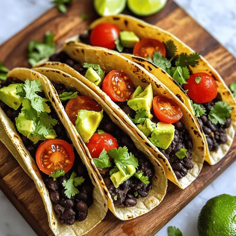 - Dose schwarze Bohnen - Maistortillas - Frisches Gemüse Die Basis für meine schwarzen Bohnen Tacos sind die Hauptzutaten. Ich verwende immer eine Dose schwarze Bohnen. Sie sind nahrhaft und schnell bereit. Maistortillas sind perfekt, um die Füllung zu halten. Frisches Gemüse bringt Farbe und Geschmack in die Tacos. Ich mag Cherry-Tomaten und Avocado besonders. - Olivenöl und Gewürze für den Geschmack - Salz und Pfeffer anpassen Um die Bohnen zu würzen, nutze ich Olivenöl und einige Gewürze. Ich empfehle Kreuzkümmel und geräuchertes Paprikapulver. Diese Gewürze geben den Tacos Tiefe. Salz und Pfeffer sind wichtig, um den Geschmack anzupassen. Jeder kann die Menge nach Belieben variieren. - Belagsideen - Limettenstücke für den frischen Geschmack Die Tacos können nach dem Füllen noch verfeinert werden. Ich liebe es, sie mit frischem Koriander zu garnieren. Limettenstücke sind ein Muss. Ein Spritzer frischer Limettensaft macht die Tacos lebendig. Für mehr Textur füge ich manchmal auch etwas Salat hinzu. Du kannst deiner Kreativität freien Lauf lassen. Für das komplette Rezept, schau dir die [Full Recipe] an. Um die schwarzen Bohnen Tacos zuzubereiten, beginne mit der Vorbereitung. - Schneide eine kleine Zwiebel in kleine Würfel. - Hacke zwei Knoblauchzehen fein. - Halbiere eine Tasse Cherry-Tomaten. - Würfle eine reife Avocado. Diese frischen Zutaten geben deinen Tacos Geschmack und Textur. Die Zwiebel und der Knoblauch bilden die Basis für die Bohnenmischung. Die Tomaten und die Avocado bringen Frische in jedes Bissen. Jetzt geht es an die Zubereitung der Bohnenmischung. - Erhitze einen Esslöffel Olivenöl in einer Pfanne bei mittlerer Hitze. - Füge die gewürfelte Zwiebel hinzu und brate sie an, bis sie glasig ist. - Rühre den gehackten Knoblauch hinein und brate ihn kurz mit. - Gib eine Dose schwarze Bohnen in die Pfanne. - Füge einen Teelöffel gemahlenen Kreuzkümmel und geräuchertes Paprikapulver hinzu. - Optional: für mehr Schärfe, füge einen halben Teelöffel Cayennepfeffer hinzu. - Schmecke mit Salz und Pfeffer ab. Verwende eine Gabel, um einige Bohnen leicht zu zerdrücken. So wird die Mischung schön cremig. Lasse alles 5 bis 7 Minuten köcheln, bis es heiß ist. Jetzt kommen wir zu den Tortillas. - Erhitze eine separate Pfanne bei niedriger Hitze. - Lege die kleinen Maistortillas hinein, jeweils 30 Sekunden auf jeder Seite. So werden die Tortillas warm und geschmeidig. Das macht das Zusammenbauen der Tacos einfacher. Jetzt baue deine Tacos zusammen! - Gib die warme Bohnenmischung in jede Tortilla. - Garniere mit den halbierten Cherry-Tomaten und gewürfelter Avocado. - Streue frischen Koriander darüber. Serviere die Tacos mit Limettenstücken für einen zusätzlichen Kick. Diese einfache Zubereitung macht deine schwarzen Bohnen Tacos schnell und köstlich. Für das vollständige Rezept, schau dir den Abschnitt „Full Recipe“ an! Um die Bohnen richtig zu zerdrücken, benutze eine Gabel. Drücke sanft auf einige Bohnen, bis sie leicht zerfallen. So bleibt die Mischung cremig, aber nicht matschig. Achte darauf, die Bohnen nicht zu stark zu zerdrücken. Matschige Tacos schmecken nicht gut und sind schwer zu essen. Cayennepfeffer gibt den Tacos einen extra Kick. Beginne mit einer kleinen Menge. Du kannst später mehr hinzufügen, wenn du es schärfer magst. Eine Würzmischung aus Kreuzkümmel und geräuchertem Paprikapulver macht die Bohnen noch geschmackvoller. Experimentiere mit anderen Gewürzen, um deinen eigenen Geschmack zu finden. Für die schnelle Vorbereitung kannst du die Bohnenmischung im Voraus machen. Lagere sie in einem luftdichten Behälter im Kühlschrank. So bleibt sie frisch für bis zu fünf Tage. Erwärme die Mischung einfach, wenn du bereit bist, die Tacos zu machen. Tortillas kannst du ebenfalls vorbereiten, indem du sie in einer Folie einwickelst. So bleiben sie weich und geschmeidig. {{image_4}} Schwarze Bohnen Tacos sind sehr anpassbar. Du kannst verschiedene Gemüse hinzufügen. Probiere Mais, Paprika oder Zucchini. Diese geben den Tacos mehr Farbe und Geschmack. Für Veganer gibt es tolle Käsealternativen. Nutze veganen Käse aus Nüssen oder Kokos. Diese Optionen sind lecker und gesund. Wenn du mehr Protein brauchst, füge Fleisch oder Tofu hinzu. Gegrilltes Hähnchen oder Rinderhack sind gute Optionen. Tofu eignet sich auch gut für Vegetarier. Du kannst ihn würzen und anbraten. Eine Kombination mit Quinoa bringt zusätzliche Nährstoffe. Quinoa ist reich an Eiweiß und Ballaststoffen. Es macht die Tacos noch sättigender. Für mehr Geschmack kannst du Jalapeños oder Chipotle nutzen. Diese Zutaten bringen eine würzige Note. Du kannst sie in die Bohnenmischung geben oder als Topping nutzen. Kreative Salsavariationen sind auch ein Hit. Probiere Mango- oder Ananas-Salsa für eine süße Note. Diese Variationen machen die Tacos einzigartig und spannend. Um die Bohnenmischung richtig zu lagern, gebe sie in einen luftdichten Behälter. So bleibt der Geschmack frisch. Du kannst die Bohnen bis zu drei Tage im Kühlschrank aufbewahren. Tortillas sollten in einer Plastiktüte oder einem Behälter gelagert werden. So bleiben sie weich und geschmeidig. Wenn du die Tacos wieder aufwärmen möchtest, benutze eine Pfanne. Erwärme sie bei niedriger Hitze, damit sie nicht hart werden. Du kannst auch die Mikrowelle nutzen. Achte dabei darauf, sie kurz zu erwärmen. Frische Zutaten erkennst du an ihrem Geruch und Aussehen. Wenn etwas faul riecht oder matschig aussieht, wirf es weg. Du kannst die restlichen Bohnen für viele andere Gerichte nutzen. Sie passen gut in Salate oder Burritos. Du kannst sie auch in eine Suppe geben. Avocado kann in einen Dip verwandelt werden. Einfach mit etwas Limettensaft und Salz pürieren. So vermeidest du Lebensmittelverschwendung und kreierst neue, leckere Gerichte. Experimentiere und lass deiner Kreativität freien Lauf! Die Zubereitung der schwarzen Bohnen Tacos dauert insgesamt etwa 25 Minuten. Die Vorbereitungszeit beträgt ungefähr 10 Minuten. Das Kochen der Bohnenmischung dauert etwa 5 bis 7 Minuten. Die Tortillas brauchen nur 30 Sekunden pro Seite. So kannst du die Tacos schnell und einfach genießen. Ja, du kannst frische Bohnen verwenden. Wenn du getrocknete Bohnen nimmst, weiche sie über Nacht in Wasser ein. Koche die Bohnen dann in frischem Wasser, bis sie zart sind. Das dauert normalerweise 1 bis 2 Stunden. Achte darauf, sie gut abzuspülen, bevor du sie in die Pfanne gibst. Das bringt den besten Geschmack. Um die Tacos kinderfreundlich zu machen, kannst du die Gewürze reduzieren. Lass den Cayennepfeffer einfach weg. Du kannst auch etwas mehr Avocado oder Käse hinzufügen. Das macht die Tacos milder und leckerer. Kinder lieben oft auch bunte Zutaten, also füge mehr Gemüse hinzu, um das Gericht attraktiv zu machen. In diesem Blogbeitrag hast du gelernt, wie du köstliche schwarze Bohnen Tacos zubereitest. Wir haben die Zutaten, die Zubereitung und verschiedene Variationen besprochen. Die Tacos sind gesund und einfach. Du kannst die Gewürze nach deinem Geschmack anpassen. Überlege dir, verschiedene Gemüse hinzuzufügen oder die Bohnen zu variieren. Mit der richtigen Technik bleiben deine Tacos frisch und lecker. Nutze Reste kreativ und lagere sie richtig. So hast du immer etwas Leckeres zur Hand. Jetzt bist du bereit, deine eigenen Tacos zu genießen!