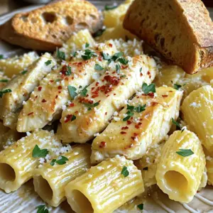 Für unser Knoblauch Butter Hähnchen mit Rigatoni benötigst du folgende Zutaten: - 225 g Rigatoni-Pasta - 2 Esslöffel Olivenöl - 4 Hähnchenbrustfilets, ohne Knochen und Haut - 4 Knoblauchzehen, fein gehackt - 60 g ungesalzene Butter - 1 Teelöffel italienische Gewürzmischung - 1/2 Teelöffel rote Pfefferflocken (optional) - Salz und schwarzer Pfeffer nach Geschmack - 50 g geriebener Parmesan-Käse - Frische Petersilie, gehackt (zum Garnieren) Wenn du die besten Zutaten auswählst, achte auf Frische. Wähle frische Hähnchenbrustfilets, die fest und rosa sind. Der Knoblauch sollte fest und ohne grüne Keime sein. Verwende gute Qualität bei deiner Butter und dem Olivenöl. Hochwertige Produkte machen den Unterschied. Achte auch darauf, dass die Rigatoni eine schöne Form haben, um die Sauce gut zu halten. Falls du etwas Abwechslung möchtest, gibt es viele Alternativen. Statt Hähnchen kannst du auch Garnelen oder Tofu verwenden. Du kannst auch Vollkorn-Rigatoni für mehr Ballaststoffe nutzen. Für eine cremige Note füge etwas Sahne hinzu oder verwende Frischkäse. Auch Gemüse wie Spinat oder Zucchini passen gut dazu. Schmecke deine Sauce mit frischen Kräutern ab, um mehr Aroma zu bekommen. Für das volle Rezept, schau dir die [Full Recipe] an. Kochen Sie die Rigatoni in einem großen Topf. Fügen Sie reichlich Salz hinzu, damit die Pasta gut schmeckt. Lassen Sie die Pasta nach Packungsanweisung kochen, bis sie al dente ist. Das bedeutet, dass sie weich, aber noch bissfest ist. Nach dem Kochen gießen Sie die Rigatoni ab, aber bewahren Sie 120 ml des Nudelwassers auf. Dieses Wasser ist wichtig, um die Sauce später zu verfeinern. Erhitzen Sie zwei Esslöffel Olivenöl in einer großen Pfanne bei mittlerer Hitze. Würzen Sie die Hähnchenbrustfilets mit Salz und schwarzem Pfeffer. Geben Sie die Hähnchenbrust in die Pfanne und braten Sie jede Seite für etwa 6-7 Minuten. Das Hähnchen sollte goldbraun und durchgegart sein. Nehmen Sie das Hähnchen aus der Pfanne und lassen Sie es einige Minuten ruhen. Schneiden Sie es dann in Streifen. In derselben Pfanne fügen Sie die gehackten Knoblauchzehen und die ungesalzene Butter hinzu. Sautieren Sie dies für 1-2 Minuten. Achten Sie darauf, dass der Knoblauch nicht verbrennt, denn er soll nur duften und leicht goldbraun werden. Jetzt geben Sie die italienische Gewürzmischung und die roten Pfefferflocken hinzu, falls Sie diese verwenden. Mischen Sie alles gut. Fügen Sie die gekochten Rigatoni in die Pfanne. Vermengen Sie sie gut mit der Knoblauch-Butter-Sauce. Falls die Mischung zu trocken ist, fügen Sie etwas vom reservierten Nudelwasser hinzu. Jetzt falten Sie vorsichtig die Hähnchenstreifen unter die Pasta. Bestreuen Sie das Gericht mit geriebenem Parmesan und erhitzen Sie alles kurz. Servieren Sie das Gericht heiß und garnieren Sie es mit frischer, gehackter Petersilie für einen tollen Akzent. Dieses Rezept für Knoblauch-Butter-Hähnchen mit Rigatoni bietet Ihnen ein köstliches Erlebnis. Ein häufiger Fehler ist, das Hähnchen zu lange zu braten. Das kann es trocken machen. Achte darauf, dass du die Hähnchenbrust nur bis zur goldbraunen Farbe brätst. Ein weiterer Fehler ist, den Knoblauch zu lange zu garen. Er sollte duften, aber nicht verbrennen. Und vergiss nicht, das Nudelwasser aufzuheben! Es hilft, die Sauce cremiger zu machen. Für die perfekte Konsistenz der Sauce ist das Nudelwasser wichtig. Füge es nach und nach hinzu, bis die Sauce schön cremig ist. Mische die gekochten Rigatoni gut mit der Knoblauch-Butter. Achte darauf, dass alle Nudeln gleichmäßig bedeckt sind. Wenn die Sauce zu dick ist, einfach mehr Nudelwasser hinzufügen. Garnierung macht das Gericht besonders. Frische Petersilie bringt Farbe und Geschmack. Streue sie direkt vor dem Servieren darüber. Parmesan-Käse ist ein weiterer toller Zusatz. Er schmilzt leicht und gibt einen tollen Geschmack. Du kannst auch einige rote Pfefferflocken oben drauf geben, wenn du es würziger magst. Für die Präsentation arrangiere das Hähnchen schön über den Rigatoni. Das sieht toll aus! Für das vollständige Rezept, schau dir die [Full Recipe] an. {{image_4}} Wenn Sie eine vegetarische Option suchen, können Sie das Hähnchen einfach durch Gemüse ersetzen. Zucchini, Paprika und Champignons passen gut. Schneiden Sie das Gemüse in Stücke und braten Sie es in der Pfanne an. Verwenden Sie die gleiche Menge Knoblauch und Butter. Die Pasta bleibt gleich. So genießen Sie ein leckeres, fleischfreies Gericht. Sie können das Gericht leicht anpassen, indem Sie zusätzliche Zutaten hinzufügen. Erbsen sind eine tolle Wahl, um Farbe und Geschmack zu bringen. Fügen Sie sie einfach in der letzten Minute zum Kochen der Pasta hinzu. Auch Spinat passt gut. Geben Sie ihn kurz vor dem Servieren in die Pfanne. So bleibt er frisch und knackig. Experimentieren Sie mit verschiedenen Gewürzen für neue Aromen. Statt italienischer Gewürzmischung können Sie auch Paprika oder Curry verwenden. Diese bringen einen ganz neuen Geschmack. Für einen scharfen Kick fügen Sie mehr rote Pfefferflocken hinzu. Denken Sie daran, das Gericht regelmäßig zu probieren. So finden Sie die perfekte Balance für Ihren Gaumen. Wenn du Reste von Knoblauch Butter Hähnchen mit Rigatoni hast, bewahre sie gut auf. Lege das Gericht in einen luftdichten Behälter. Stelle sicher, dass die Speisen abgekühlt sind, bevor du sie einpackst. So bleiben die Aromen frisch. Du kannst das Gericht bis zu drei Tage im Kühlschrank aufbewahren. Um die Reste wieder aufzuwärmen, benutze eine Pfanne. Erhitze die Pfanne bei mittlerer Hitze. Füge etwas Wasser oder Brühe hinzu, um die Pasta feucht zu halten. Rühre alles gut um. Du kannst auch die Mikrowelle verwenden. Stelle die Reste in eine mikrowellengeeignete Schüssel und decke sie ab. Erwärme das Gericht in Intervallen von 1 Minute, bis es warm ist. Das Gericht hält sich gut im Kühlschrank. Du solltest es innerhalb von drei Tagen essen. Wenn du das Knoblauch Butter Hähnchen mit Rigatoni länger aufbewahren möchtest, friere es ein. So bleibt es bis zu drei Monate frisch. Achte darauf, es in einem geeigneten Behälter einzufrieren. So vermeidest du Gefrierbrand. Die Zubereitung von Knoblauch-Butter-Hähnchen mit Rigatoni dauert etwa 30 Minuten. Das umfasst die Zeit zum Kochen der Pasta und das Braten des Hähnchens. Sie können also schnell ein leckeres Gericht auf den Tisch bringen, das auch für Gäste beeindruckend aussieht. Ja, Sie können dieses Rezept im Voraus zubereiten. Kochen Sie die Rigatoni und das Hähnchen separat. Lagern Sie die Zutaten in luftdichten Behältern im Kühlschrank. Wenn Sie bereit sind zu essen, erwärmen Sie alles zusammen in einer Pfanne. Das spart Zeit und macht das Abendessen stressfrei. Zu Knoblauch-Butter-Hähnchen mit Rigatoni passen viele Beilagen. Ein frischer grüner Salat ist eine gute Wahl. Auch geröstetes Gemüse ergänzt das Gericht gut. Für Brotliebhaber empfehle ich knuspriges Baguette, um die köstliche Sauce aufzutunken. Diese Kombination macht das Essen noch leckerer und runder. In diesem Artikel haben wir die besten Zutaten für das Gericht besprochen. Du hast gelernt, wie man Rigatoni-Pasta und Hähnchen zubereitet. Wir haben Tipps gegeben, um Fehler zu vermeiden und die perfekte Konsistenz zu erreichen. Variationen und Lagerinformationen helfen dir, kreativ zu sein und Reste richtig aufzubewahren. Denke daran, dass die Auswahl der richtigen Zutaten den Unterschied macht. Ich hoffe, du hast viele nützliche Infos gefunden, um dein Gericht zu verbessern. Viel Spaß beim Kochen!