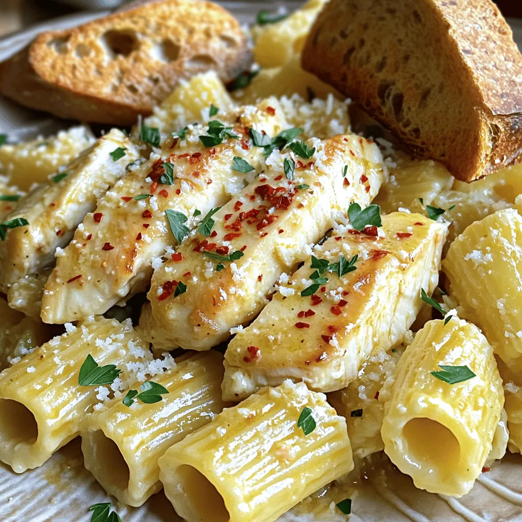 Für unser Knoblauch Butter Hähnchen mit Rigatoni benötigst du folgende Zutaten: - 225 g Rigatoni-Pasta - 2 Esslöffel Olivenöl - 4 Hähnchenbrustfilets, ohne Knochen und Haut - 4 Knoblauchzehen, fein gehackt - 60 g ungesalzene Butter - 1 Teelöffel italienische Gewürzmischung - 1/2 Teelöffel rote Pfefferflocken (optional) - Salz und schwarzer Pfeffer nach Geschmack - 50 g geriebener Parmesan-Käse - Frische Petersilie, gehackt (zum Garnieren) Wenn du die besten Zutaten auswählst, achte auf Frische. Wähle frische Hähnchenbrustfilets, die fest und rosa sind. Der Knoblauch sollte fest und ohne grüne Keime sein. Verwende gute Qualität bei deiner Butter und dem Olivenöl. Hochwertige Produkte machen den Unterschied. Achte auch darauf, dass die Rigatoni eine schöne Form haben, um die Sauce gut zu halten. Falls du etwas Abwechslung möchtest, gibt es viele Alternativen. Statt Hähnchen kannst du auch Garnelen oder Tofu verwenden. Du kannst auch Vollkorn-Rigatoni für mehr Ballaststoffe nutzen. Für eine cremige Note füge etwas Sahne hinzu oder verwende Frischkäse. Auch Gemüse wie Spinat oder Zucchini passen gut dazu. Schmecke deine Sauce mit frischen Kräutern ab, um mehr Aroma zu bekommen. Für das volle Rezept, schau dir die [Full Recipe] an. Kochen Sie die Rigatoni in einem großen Topf. Fügen Sie reichlich Salz hinzu, damit die Pasta gut schmeckt. Lassen Sie die Pasta nach Packungsanweisung kochen, bis sie al dente ist. Das bedeutet, dass sie weich, aber noch bissfest ist. Nach dem Kochen gießen Sie die Rigatoni ab, aber bewahren Sie 120 ml des Nudelwassers auf. Dieses Wasser ist wichtig, um die Sauce später zu verfeinern. Erhitzen Sie zwei Esslöffel Olivenöl in einer großen Pfanne bei mittlerer Hitze. Würzen Sie die Hähnchenbrustfilets mit Salz und schwarzem Pfeffer. Geben Sie die Hähnchenbrust in die Pfanne und braten Sie jede Seite für etwa 6-7 Minuten. Das Hähnchen sollte goldbraun und durchgegart sein. Nehmen Sie das Hähnchen aus der Pfanne und lassen Sie es einige Minuten ruhen. Schneiden Sie es dann in Streifen. In derselben Pfanne fügen Sie die gehackten Knoblauchzehen und die ungesalzene Butter hinzu. Sautieren Sie dies für 1-2 Minuten. Achten Sie darauf, dass der Knoblauch nicht verbrennt, denn er soll nur duften und leicht goldbraun werden. Jetzt geben Sie die italienische Gewürzmischung und die roten Pfefferflocken hinzu, falls Sie diese verwenden. Mischen Sie alles gut. Fügen Sie die gekochten Rigatoni in die Pfanne. Vermengen Sie sie gut mit der Knoblauch-Butter-Sauce. Falls die Mischung zu trocken ist, fügen Sie etwas vom reservierten Nudelwasser hinzu. Jetzt falten Sie vorsichtig die Hähnchenstreifen unter die Pasta. Bestreuen Sie das Gericht mit geriebenem Parmesan und erhitzen Sie alles kurz. Servieren Sie das Gericht heiß und garnieren Sie es mit frischer, gehackter Petersilie für einen tollen Akzent. Dieses Rezept für Knoblauch-Butter-Hähnchen mit Rigatoni bietet Ihnen ein köstliches Erlebnis. Ein häufiger Fehler ist, das Hähnchen zu lange zu braten. Das kann es trocken machen. Achte darauf, dass du die Hähnchenbrust nur bis zur goldbraunen Farbe brätst. Ein weiterer Fehler ist, den Knoblauch zu lange zu garen. Er sollte duften, aber nicht verbrennen. Und vergiss nicht, das Nudelwasser aufzuheben! Es hilft, die Sauce cremiger zu machen. Für die perfekte Konsistenz der Sauce ist das Nudelwasser wichtig. Füge es nach und nach hinzu, bis die Sauce schön cremig ist. Mische die gekochten Rigatoni gut mit der Knoblauch-Butter. Achte darauf, dass alle Nudeln gleichmäßig bedeckt sind. Wenn die Sauce zu dick ist, einfach mehr Nudelwasser hinzufügen. Garnierung macht das Gericht besonders. Frische Petersilie bringt Farbe und Geschmack. Streue sie direkt vor dem Servieren darüber. Parmesan-Käse ist ein weiterer toller Zusatz. Er schmilzt leicht und gibt einen tollen Geschmack. Du kannst auch einige rote Pfefferflocken oben drauf geben, wenn du es würziger magst. Für die Präsentation arrangiere das Hähnchen schön über den Rigatoni. Das sieht toll aus! Für das vollständige Rezept, schau dir die [Full Recipe] an. {{image_4}} Wenn Sie eine vegetarische Option suchen, können Sie das Hähnchen einfach durch Gemüse ersetzen. Zucchini, Paprika und Champignons passen gut. Schneiden Sie das Gemüse in Stücke und braten Sie es in der Pfanne an. Verwenden Sie die gleiche Menge Knoblauch und Butter. Die Pasta bleibt gleich. So genießen Sie ein leckeres, fleischfreies Gericht. Sie können das Gericht leicht anpassen, indem Sie zusätzliche Zutaten hinzufügen. Erbsen sind eine tolle Wahl, um Farbe und Geschmack zu bringen. Fügen Sie sie einfach in der letzten Minute zum Kochen der Pasta hinzu. Auch Spinat passt gut. Geben Sie ihn kurz vor dem Servieren in die Pfanne. So bleibt er frisch und knackig. Experimentieren Sie mit verschiedenen Gewürzen für neue Aromen. Statt italienischer Gewürzmischung können Sie auch Paprika oder Curry verwenden. Diese bringen einen ganz neuen Geschmack. Für einen scharfen Kick fügen Sie mehr rote Pfefferflocken hinzu. Denken Sie daran, das Gericht regelmäßig zu probieren. So finden Sie die perfekte Balance für Ihren Gaumen. Wenn du Reste von Knoblauch Butter Hähnchen mit Rigatoni hast, bewahre sie gut auf. Lege das Gericht in einen luftdichten Behälter. Stelle sicher, dass die Speisen abgekühlt sind, bevor du sie einpackst. So bleiben die Aromen frisch. Du kannst das Gericht bis zu drei Tage im Kühlschrank aufbewahren. Um die Reste wieder aufzuwärmen, benutze eine Pfanne. Erhitze die Pfanne bei mittlerer Hitze. Füge etwas Wasser oder Brühe hinzu, um die Pasta feucht zu halten. Rühre alles gut um. Du kannst auch die Mikrowelle verwenden. Stelle die Reste in eine mikrowellengeeignete Schüssel und decke sie ab. Erwärme das Gericht in Intervallen von 1 Minute, bis es warm ist. Das Gericht hält sich gut im Kühlschrank. Du solltest es innerhalb von drei Tagen essen. Wenn du das Knoblauch Butter Hähnchen mit Rigatoni länger aufbewahren möchtest, friere es ein. So bleibt es bis zu drei Monate frisch. Achte darauf, es in einem geeigneten Behälter einzufrieren. So vermeidest du Gefrierbrand. Die Zubereitung von Knoblauch-Butter-Hähnchen mit Rigatoni dauert etwa 30 Minuten. Das umfasst die Zeit zum Kochen der Pasta und das Braten des Hähnchens. Sie können also schnell ein leckeres Gericht auf den Tisch bringen, das auch für Gäste beeindruckend aussieht. Ja, Sie können dieses Rezept im Voraus zubereiten. Kochen Sie die Rigatoni und das Hähnchen separat. Lagern Sie die Zutaten in luftdichten Behältern im Kühlschrank. Wenn Sie bereit sind zu essen, erwärmen Sie alles zusammen in einer Pfanne. Das spart Zeit und macht das Abendessen stressfrei. Zu Knoblauch-Butter-Hähnchen mit Rigatoni passen viele Beilagen. Ein frischer grüner Salat ist eine gute Wahl. Auch geröstetes Gemüse ergänzt das Gericht gut. Für Brotliebhaber empfehle ich knuspriges Baguette, um die köstliche Sauce aufzutunken. Diese Kombination macht das Essen noch leckerer und runder. In diesem Artikel haben wir die besten Zutaten für das Gericht besprochen. Du hast gelernt, wie man Rigatoni-Pasta und Hähnchen zubereitet. Wir haben Tipps gegeben, um Fehler zu vermeiden und die perfekte Konsistenz zu erreichen. Variationen und Lagerinformationen helfen dir, kreativ zu sein und Reste richtig aufzubewahren. Denke daran, dass die Auswahl der richtigen Zutaten den Unterschied macht. Ich hoffe, du hast viele nützliche Infos gefunden, um dein Gericht zu verbessern. Viel Spaß beim Kochen!