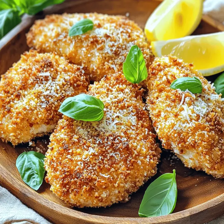 - 4 Hähnchenbrustfilets, ohne Haut und Knochen - 1 Tasse Paniermehl (am besten italienisch gewürzt) - 1/2 Tasse geriebener Parmesan - 1/4 Tasse frische Basilikumblätter, fein gehackt Die Hauptzutaten sind einfach und frisch. Die Hähnchenbrustfilets sind zart und leicht. Das Paniermehl gibt den Schnitzeln die perfekte Textur. Parmesan sorgt für einen herzhaften Geschmack. Frisches Basilikum bringt eine aromatische Note. Diese Zutaten machen das Gericht besonders lecker. - 2 Knoblauchzehen, fein gehackt - 1 Teelöffel getrockneter Oregano - Salz und Pfeffer nach Geschmack - 2 große Eier - 1/4 Tasse Weizenmehl - Olivenöl zum Braten - Zitronenschnitze zum Servieren Zusätzliche Zutaten runden das Rezept ab. Der Knoblauch verleiht den Schnitzeln einen tollen Geschmack. Oregano ergänzt das Aroma perfekt. Eier helfen, die Panade zu binden. Weizenmehl sorgt für eine gute Basis. Olivenöl gibt den Schnitzeln eine schöne Bräunung. Zitronenschnitze bringen Frische beim Servieren. Diese Zutaten machen das Gericht nicht nur köstlich, sondern auch einfach zuzubereiten. Besuche den [Full Recipe], um die genauen Mengen und Schritte zu sehen. Nehmen Sie die Hähnchenbrustfilets und legen Sie sie zwischen Frischhaltefolie. Klopfen Sie die Filets vorsichtig auf eine Dicke von etwa 1,5 cm. So garen sie gleichmäßig. Dies ist ein wichtiger Schritt für die perfekte Konsistenz. Wenn die Filets gleichmäßig sind, sind sie beim Braten zart und saftig. In einer flachen Schüssel verquirlen Sie die Eier. Diese Mischung hilft, die Panade gut zu haften. In einer anderen Schüssel kombinieren Sie das Paniermehl, den Parmesan, den Basilikum, den Knoblauch, den Oregano sowie Salz und Pfeffer. Mischen Sie alles gut. Diese Mischung wird die Schnitzel lecker machen. Erhitzen Sie in einer großen Pfanne Olivenöl bei mittlerer Hitze. Das Öl sollte etwa 0,5 cm hoch sein. Wenn das Öl heiß ist, legen Sie die panierten Hähnchen-Schnitzel vorsichtig in die Pfanne. Braten Sie jedes Schnitzel etwa 4-5 Minuten auf jeder Seite. Achten Sie darauf, dass sie goldbraun und durchgegart sind. Ein Fleischthermometer sollte 75 °C anzeigen. Nehmen Sie die Schnitzel aus der Pfanne und lassen Sie sie auf Küchenpapier abtropfen. Für das vollständige Rezept schauen Sie sich die [Full Recipe] an. Um die perfekte Panade für die Italienischen Basilikum-Hähnchen-Schnitzel zu erreichen, beachte ein paar einfache Tricks. Erstens, klopfe die Hähnchenfilets gleichmäßig dünn. So garen sie schön und bleiben saftig. Zweitens, verwende frisches Paniermehl. Das sorgt für eine knusprige Textur. Dritte Regel: Mische etwas Parmesan in die Panade. Der Käse gibt tollen Geschmack und macht die Panade noch knuspriger. Beim Braten gibt es einige Fehler, die du vermeiden solltest. Überfülle die Pfanne nicht! So bleibt die Hitze konstant und die Schnitzel werden schön goldbraun. Achte auch darauf, das Öl nicht zu heiß werden zu lassen. Brennt das Öl, wird die Panade schnell dunkel, aber das Hähnchen bleibt roh. Teste die Temperatur mit einem kleinen Stück Hähnchen. Wenn es brutzelt, ist das Öl bereit. Die Italienischen Basilikum-Hähnchen-Schnitzel passen perfekt zu verschiedenen Beilagen. Ein frischer Salat mit Tomaten und Gurken bringt eine schöne Frische. Auch Pasta mit Pesto ist eine tolle Wahl. Als Getränk empfehle ich einen leichten Weißwein oder ein spritziges Mineralwasser mit Zitrone. Wenn du etwas mehr Geschmack möchtest, serviere die Schnitzel mit einer leichten Zitronensauce oder einem Dip aus Joghurt und Kräutern. Für die vollständige Zubereitung schau dir das [Full Recipe] an! {{image_4}} Eine mediterrane Variante macht Ihre Hähnchen-Schnitzel noch spannender. Fügen Sie einfach frische Tomaten und Feta-Käse hinzu. Schneiden Sie die Tomaten in kleine Stücke. Mischen Sie die Tomaten mit dem Feta und etwas Basilikum. Diese Mischung kommt als Topping auf die Schnitzel. Der Geschmack wird frisch und lecker! Wenn Sie eine vegetarische Option möchten, sind Auberginen-Schnitzel eine tolle Wahl. Schneiden Sie die Auberginen in dicke Scheiben. Panieren Sie sie wie die Hähnchen-Schnitzel. Braten Sie sie in Olivenöl, bis sie goldbraun sind. So genießen Sie die Aromen, ohne Fleisch zu verwenden. Für eine würzige Note können Sie Chili-Flocken oder scharfe Gewürze verwenden. Mischen Sie diese einfach in die Paniermischung. Der Schärfegrad können Sie nach Ihrem Geschmack anpassen. Diese Variante bringt eine aufregende Kick und macht die Schnitzel noch interessanter. - Legen Sie übrig gebliebene Schnitzel in einen luftdichten Behälter. - Sie können die Schnitzel mit etwas Backpapier zwischen den Schichten lagern. - So bleibt die Knusprigkeit erhalten und das Aroma bleibt frisch. - Kühlen Sie die Schnitzel im Kühlschrank für bis zu drei Tage. - Erwärmen Sie die Schnitzel in einer Pfanne ohne Öl. - Nutzen Sie mittlere Hitze, um die Schnitzel gleichmäßig warm zu machen. - Drehen Sie sie oft, damit sie knusprig bleiben und nicht verbrennen. - Sie können auch den Ofen nutzen. Stellen Sie ihn auf 180°C und backen Sie sie 10 Minuten lang. - Im Kühlschrank halten die Schnitzel bis zu drei Tage. - Für längere Lagerung legen Sie die Schnitzel in den Gefrierschrank. - Im Gefrierfach bleiben sie bis zu drei Monate frisch. - Wickeln Sie die Schnitzel gut ein, um Frostschäden zu vermeiden. Lust auf das Rezept? Hier ist das [Full Recipe]. Die Schnitzel brauchen etwa 4-5 Minuten pro Seite. Die genaue Zeit hängt von der Dicke ab. Wenn die Schnitzel goldbraun sind, sind sie meist fertig. Prüfen Sie die Temperatur mit einem Thermometer. Es sollte 75 °C zeigen. So stellen Sie sicher, dass das Hähnchen gut durch ist. Ja, Sie können die Schnitzel auch im Ofen machen. Heizen Sie den Ofen auf 200 °C vor. Legen Sie die Schnitzel auf ein Backblech, das mit Backpapier ausgelegt ist. Backen Sie sie etwa 20 Minuten. Wenden Sie die Schnitzel nach der ersten Hälfte der Zeit. So werden sie gleichmäßig knusprig. Zu den Italienischen Basilikum-Hähnchen-Schnitzeln passen viele Beilagen. Hier sind einige Vorschläge: - Ein einfacher grüner Salat - Pasta mit Olivenöl und Knoblauch - Gebratene Zucchini oder Auberginen - Knoblauchbrot für einen extra Genuss Dieses Rezept hat seine Wurzeln in der italienischen Küche. Italiens Liebe zu frischen Kräutern, wie Basilikum, macht dieses Gericht besonders. Viele Familien in Italien haben ihre eigenen Variationen. Diese Traditionen machen das Essen lebendig und spannend. Es gibt viele Wege, das Rezept anzupassen. Hier sind einige Ideen: - Fügen Sie getrocknete Tomaten oder Oliven hinzu. - Verwenden Sie Pesto statt frischem Basilikum. - Machen Sie es schärfer mit Chili-Flocken. - Ersetzen Sie das Hähnchen durch Auberginen für eine vegetarische Option. Probiere diese Variationen aus, um dein eigenes perfektes Gericht zu kreieren! Für die genauen Zubereitungsschritte und Tipps, schau dir das Full Recipe an. Zusammengefasst haben wir die besten Zutaten für köstliche Hähnchen-Schnitzel erkundet. Wir haben die Vorbereitung, das Panieren und das Braten Schritt für Schritt durchgegangen. Mit unseren Tipps und Tricks machst du die perfekte Panade und vermeidest häufige Fehler. Du kannst mit Variationen wie mediterranen oder vegetarischen Optionen spielen. Denke auch daran, wie du übrig gebliebene Schnitzel richtig aufbewahrst. Experimentiere und genieße die vielen Geschmäcker, die diese Schnitzel zu bieten haben!