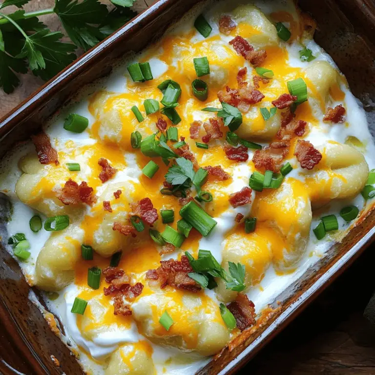Die Hauptzutaten für Loaded Baked Potato Gnocchi sind einfach und lecker. Hier ist, was du brauchst: - 2 Tassen Kartoffel-Gnocchi - 1 Tasse Sauerrahm - 1 Tasse geriebener scharfer Cheddar-Käse - 1/2 Tasse gekochter Speck, zerbröselt - 1/2 Tasse Frühlingszwiebeln, in Ringe geschnitten - 1 Teelöffel Knoblauchpulver - 1/2 Teelöffel geräuchertes Paprikapulver - Salz und Pfeffer nach Geschmack - Frische Petersilie zur Garnierung Diese Zutaten sorgen für einen tollen Geschmack und eine cremige Textur. Der Speck bringt eine herzhafte Note, während die Frühlingszwiebeln für Frische sorgen. Wenn du nach Alternativen suchst, gibt es viele Möglichkeiten. Du kannst die Gnocchi durch Blumenkohl-Gnocchi ersetzen, um die Kalorien zu reduzieren. Für eine vegetarische Option, lasse den Speck weg oder ersetze ihn durch geräucherten Tofu. Anstelle von Sauerrahm kannst du auch griechischen Joghurt verwenden. Er gibt eine ähnliche Cremigkeit und ist gesünder. Die Nährwerte variieren je nach Zutaten. Hier sind einige allgemeine Angaben: - Kartoffel-Gnocchi: Hoch in Kohlenhydraten, aber auch eine gute Quelle für Vitamine. - Sauerrahm: Liefert Kalzium, hat aber auch einen hohen Fettgehalt. - Cheddar-Käse: Reich an Protein, enthält aber auch viel Fett und Kalorien. - Speck: Eine gute Proteinquelle, aber auch hoch in gesättigten Fetten. - Frühlingszwiebeln: Niedrig in Kalorien und reich an Antioxidantien. Diese Informationen helfen dir, bewusste Entscheidungen bei der Zubereitung deiner Loaded Baked Potato Gnocchi zu treffen. Wenn du mehr über das Rezept erfahren möchtest, schau dir die Full Recipe an. Um die Gnocchi perfekt zu kochen, bringe zuerst einen großen Topf mit gesalzenem Wasser zum Kochen. Füge die Kartoffel-Gnocchi hinzu. Sie sollten in etwa 2-3 Minuten an die Oberfläche schwimmen. Das zeigt, dass sie fertig sind. Gieße die Gnocchi ab und stelle sie beiseite. Nimm einen mittelgroßen Topf und stelle ihn auf niedrige Hitze. Füge den Sauerrahm, die Hälfte des geriebenen Cheddar-Käses, das Knoblauchpulver und das geräucherte Paprikapulver hinzu. Mische alles gut und würze mit Salz und Pfeffer. Rühre die Mischung 3-5 Minuten lang, bis der Käse geschmolzen ist und die Sauce schön glatt wird. Jetzt kommt der spaßige Teil! Gib die gekochten Gnocchi in eine große Rührschüssel. Falte sie vorsichtig in die Käsesauce, bis sie gleichmäßig bedeckt sind. Füge den zerbröselten Speck und einen Teil der geschnittenen Frühlingszwiebeln hinzu. Vermische alles gut. Heize deinen Ofen auf 190°C vor. Fülle die Mischung in eine gefettete Auflaufform und verteile sie gleichmäßig. Streue den restlichen Cheddar-Käse darüber. Backe das Gericht 20 Minuten lang, bis es sprudelnd und goldbraun ist. Nimm die Auflaufform aus dem Ofen und lass sie einige Minuten abkühlen. Garniere das Gericht mit den restlichen Frühlingszwiebeln und frischer Petersilie. So wird es noch schöner! Für das vollständige Rezept, schau dir die [Full Recipe] an. Um perfekte Gnocchi zu machen, achte auf die Qualität der Kartoffeln. Wähle mehligkochende Kartoffeln. Diese sorgen für die beste Textur. Koche die Kartoffeln, bis sie weich sind. Lass sie dann etwas abkühlen. Zerdrücke sie gut, ohne Klumpen. Mische die Kartoffeln mit Mehl und einem Ei. Knete den Teig sanft, bis er glatt ist. Zu lange kneten macht die Gnocchi hart. Forme kleine Stücke und rolle sie in die typische Form. Koche sie in gesalzenem Wasser. Wenn sie aufsteigen, sind sie fertig. Für eine cremigere Sauce kannst du verschiedene Zutaten ausprobieren. Ersetze den Sauerrahm durch Frischkäse oder Ricotta. Diese machen die Sauce noch reichhaltiger. Füge etwas Milch oder Brühe hinzu, um die Konsistenz zu verbessern. Wenn du mehr Geschmack willst, probiere, mit Kräutern wie Thymian oder Oregano zu würzen. Ein Spritzer Zitronensaft bringt Frische. Achte darauf, die Sauce bei niedriger Hitze zu kochen. So bleibt sie cremig und brennt nicht an. Das Anrichten ist wichtig für einen schönen Eindruck. Verwende eine große, flache Schüssel oder einen tiefen Teller. Verteile die Gnocchi gleichmäßig und schön. Bestreue sie mit dem restlichen Käse und den Frühlingszwiebeln. Du kannst auch etwas frische Petersilie darüber streuen. Das bringt Farbe ins Gericht. Serviere die Gnocchi heiß und frisch aus dem Ofen. Ein einfacher grüner Salat passt gut dazu. So machst du das Essen besonders und einladend. {{image_4}} Wenn Sie eine vegetarische Version der Loaded Baked Potato Gnocchi möchten, ersetzen Sie den Speck. Nutzen Sie stattdessen geröstete Pilze oder geriebene Zucchini. Diese Zutaten bringen viel Geschmack und Textur. Sie können auch geräucherten Käse wählen, um den rauchigen Geschmack des Specks zu simulieren. Fügen Sie mehr Gemüse wie Spinat oder Brokkoli hinzu, um die Nährstoffe zu erhöhen. Diese Variante ist nicht nur lecker, sondern auch gesund. Für eine glutenfreie Option, nutzen Sie Gnocchi aus Kartoffeln oder glutenfreiem Mehl. Diese sind heutzutage leicht zu finden. Prüfen Sie die Verpackung auf Glutenfreiheit. Achten Sie darauf, dass auch die Käsesauce glutenfrei ist. Es gibt viele Marken, die glutenfreie Produkte anbieten. Diese Alternativen schmecken gut und machen Ihr Gericht für alle geeignet. Toppings machen das Gericht besonders. Probieren Sie knusprige Zwiebelringe oder Jalapeños für einen Kick. Auch ein Klecks Sour Cream oder Guacamole kann sehr lecker sein. Für die Beilagen passen frischer Salat oder gedünstetes Gemüse gut. Diese geben Farbe und Frische. Für eine besondere Note können Sie frische Kräuter wie Schnittlauch oder Petersilie verwenden. Mit diesen Ideen wird Ihre Mahlzeit noch interessanter. Für das detaillierte Rezept, besuchen Sie den [Full Recipe]. Um die Reste der Loaded Baked Potato Gnocchi richtig aufzubewahren, lasse sie zuerst abkühlen. Fülle die Gnocchi in einen luftdichten Behälter. Achte darauf, dass der Behälter gut verschlossen ist. So bleiben die Gnocchi frisch. Du kannst die Reste bis zu drei Tage im Kühlschrank lagern. Wenn du die Gnocchi wieder aufwärmen möchtest, nutze eine Pfanne oder den Ofen. In einer Pfanne erhitzt du die Gnocchi bei mittlerer Hitze. Füge einen Schuss Wasser oder Brühe hinzu, um sie saftig zu halten. Wenn du den Ofen verwendest, heize ihn auf 180°C (350°F). Stelle die Gnocchi in eine Auflaufform und bedecke sie mit Folie. Backe sie etwa 15 Minuten lang. Die Gnocchi lassen sich nur schwer einfrieren, da die Textur leidet. Wenn du sie dennoch einfrieren möchtest, tu dies vor dem Backen. Lege die ungebackenen Gnocchi in einen gefrierfesten Behälter. Sie können bis zu einem Monat im Gefrierfach aufbewahrt werden. Wenn du bereit bist zu essen, tau die Gnocchi im Kühlschrank auf und backe sie wie im Rezept beschrieben. Die Zubereitung dauert insgesamt etwa 40 Minuten. Dies schließt die Kochzeit der Gnocchi und die Zubereitung der Käsesauce ein. Die Vorbereitungszeit beträgt etwa 15 Minuten. Ja, du kannst die Gnocchi im Voraus zubereiten. Koche sie und stelle sie dann im Kühlschrank kalt. Du kannst die Käsesauce ebenfalls vorbereiten. Mische alles kurz vor dem Backen. Zu Loaded Baked Potato Gnocchi passen viele Beilagen. Hier sind einige Ideen: - Frischer grüner Salat - Geröstetes Gemüse - Knoblauchbrot - Gedünsteter Brokkoli Diese Beilagen ergänzen das Gericht und sorgen für eine bunte Mahlzeit. In diesem Blogbeitrag habe ich die Hauptzutaten für Loaded Baked Potato Gnocchi vorgestellt und Alternativen aufgezeigt. Wir haben gelernt, wie man Gnocchi kocht, eine Käsesauce zubereitet und alles zusammen aufbackt. Ich habe Tipps gegeben, um perfekte Gnocchi zu machen und verschiedene Varianten vorgestellt, einschließlich vegetarischer und glutenfreier Optionen. Achten Sie darauf, wie Sie Reste aufbewahren. Mit diesen Informationen können Sie leckere Gnocchi zubereiten und Ihre Gäste beeindrucken. Viel Spaß beim Kochen!