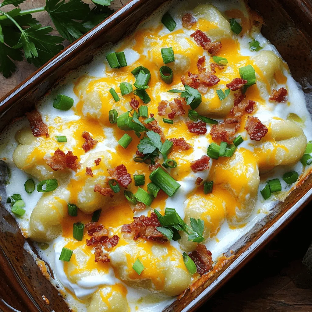 Die Hauptzutaten für Loaded Baked Potato Gnocchi sind einfach und lecker. Hier ist, was du brauchst: - 2 Tassen Kartoffel-Gnocchi - 1 Tasse Sauerrahm - 1 Tasse geriebener scharfer Cheddar-Käse - 1/2 Tasse gekochter Speck, zerbröselt - 1/2 Tasse Frühlingszwiebeln, in Ringe geschnitten - 1 Teelöffel Knoblauchpulver - 1/2 Teelöffel geräuchertes Paprikapulver - Salz und Pfeffer nach Geschmack - Frische Petersilie zur Garnierung Diese Zutaten sorgen für einen tollen Geschmack und eine cremige Textur. Der Speck bringt eine herzhafte Note, während die Frühlingszwiebeln für Frische sorgen. Wenn du nach Alternativen suchst, gibt es viele Möglichkeiten. Du kannst die Gnocchi durch Blumenkohl-Gnocchi ersetzen, um die Kalorien zu reduzieren. Für eine vegetarische Option, lasse den Speck weg oder ersetze ihn durch geräucherten Tofu. Anstelle von Sauerrahm kannst du auch griechischen Joghurt verwenden. Er gibt eine ähnliche Cremigkeit und ist gesünder. Die Nährwerte variieren je nach Zutaten. Hier sind einige allgemeine Angaben: - Kartoffel-Gnocchi: Hoch in Kohlenhydraten, aber auch eine gute Quelle für Vitamine. - Sauerrahm: Liefert Kalzium, hat aber auch einen hohen Fettgehalt. - Cheddar-Käse: Reich an Protein, enthält aber auch viel Fett und Kalorien. - Speck: Eine gute Proteinquelle, aber auch hoch in gesättigten Fetten. - Frühlingszwiebeln: Niedrig in Kalorien und reich an Antioxidantien. Diese Informationen helfen dir, bewusste Entscheidungen bei der Zubereitung deiner Loaded Baked Potato Gnocchi zu treffen. Wenn du mehr über das Rezept erfahren möchtest, schau dir die Full Recipe an. Um die Gnocchi perfekt zu kochen, bringe zuerst einen großen Topf mit gesalzenem Wasser zum Kochen. Füge die Kartoffel-Gnocchi hinzu. Sie sollten in etwa 2-3 Minuten an die Oberfläche schwimmen. Das zeigt, dass sie fertig sind. Gieße die Gnocchi ab und stelle sie beiseite. Nimm einen mittelgroßen Topf und stelle ihn auf niedrige Hitze. Füge den Sauerrahm, die Hälfte des geriebenen Cheddar-Käses, das Knoblauchpulver und das geräucherte Paprikapulver hinzu. Mische alles gut und würze mit Salz und Pfeffer. Rühre die Mischung 3-5 Minuten lang, bis der Käse geschmolzen ist und die Sauce schön glatt wird. Jetzt kommt der spaßige Teil! Gib die gekochten Gnocchi in eine große Rührschüssel. Falte sie vorsichtig in die Käsesauce, bis sie gleichmäßig bedeckt sind. Füge den zerbröselten Speck und einen Teil der geschnittenen Frühlingszwiebeln hinzu. Vermische alles gut. Heize deinen Ofen auf 190°C vor. Fülle die Mischung in eine gefettete Auflaufform und verteile sie gleichmäßig. Streue den restlichen Cheddar-Käse darüber. Backe das Gericht 20 Minuten lang, bis es sprudelnd und goldbraun ist. Nimm die Auflaufform aus dem Ofen und lass sie einige Minuten abkühlen. Garniere das Gericht mit den restlichen Frühlingszwiebeln und frischer Petersilie. So wird es noch schöner! Für das vollständige Rezept, schau dir die [Full Recipe] an. Um perfekte Gnocchi zu machen, achte auf die Qualität der Kartoffeln. Wähle mehligkochende Kartoffeln. Diese sorgen für die beste Textur. Koche die Kartoffeln, bis sie weich sind. Lass sie dann etwas abkühlen. Zerdrücke sie gut, ohne Klumpen. Mische die Kartoffeln mit Mehl und einem Ei. Knete den Teig sanft, bis er glatt ist. Zu lange kneten macht die Gnocchi hart. Forme kleine Stücke und rolle sie in die typische Form. Koche sie in gesalzenem Wasser. Wenn sie aufsteigen, sind sie fertig. Für eine cremigere Sauce kannst du verschiedene Zutaten ausprobieren. Ersetze den Sauerrahm durch Frischkäse oder Ricotta. Diese machen die Sauce noch reichhaltiger. Füge etwas Milch oder Brühe hinzu, um die Konsistenz zu verbessern. Wenn du mehr Geschmack willst, probiere, mit Kräutern wie Thymian oder Oregano zu würzen. Ein Spritzer Zitronensaft bringt Frische. Achte darauf, die Sauce bei niedriger Hitze zu kochen. So bleibt sie cremig und brennt nicht an. Das Anrichten ist wichtig für einen schönen Eindruck. Verwende eine große, flache Schüssel oder einen tiefen Teller. Verteile die Gnocchi gleichmäßig und schön. Bestreue sie mit dem restlichen Käse und den Frühlingszwiebeln. Du kannst auch etwas frische Petersilie darüber streuen. Das bringt Farbe ins Gericht. Serviere die Gnocchi heiß und frisch aus dem Ofen. Ein einfacher grüner Salat passt gut dazu. So machst du das Essen besonders und einladend. {{image_4}} Wenn Sie eine vegetarische Version der Loaded Baked Potato Gnocchi möchten, ersetzen Sie den Speck. Nutzen Sie stattdessen geröstete Pilze oder geriebene Zucchini. Diese Zutaten bringen viel Geschmack und Textur. Sie können auch geräucherten Käse wählen, um den rauchigen Geschmack des Specks zu simulieren. Fügen Sie mehr Gemüse wie Spinat oder Brokkoli hinzu, um die Nährstoffe zu erhöhen. Diese Variante ist nicht nur lecker, sondern auch gesund. Für eine glutenfreie Option, nutzen Sie Gnocchi aus Kartoffeln oder glutenfreiem Mehl. Diese sind heutzutage leicht zu finden. Prüfen Sie die Verpackung auf Glutenfreiheit. Achten Sie darauf, dass auch die Käsesauce glutenfrei ist. Es gibt viele Marken, die glutenfreie Produkte anbieten. Diese Alternativen schmecken gut und machen Ihr Gericht für alle geeignet. Toppings machen das Gericht besonders. Probieren Sie knusprige Zwiebelringe oder Jalapeños für einen Kick. Auch ein Klecks Sour Cream oder Guacamole kann sehr lecker sein. Für die Beilagen passen frischer Salat oder gedünstetes Gemüse gut. Diese geben Farbe und Frische. Für eine besondere Note können Sie frische Kräuter wie Schnittlauch oder Petersilie verwenden. Mit diesen Ideen wird Ihre Mahlzeit noch interessanter. Für das detaillierte Rezept, besuchen Sie den [Full Recipe]. Um die Reste der Loaded Baked Potato Gnocchi richtig aufzubewahren, lasse sie zuerst abkühlen. Fülle die Gnocchi in einen luftdichten Behälter. Achte darauf, dass der Behälter gut verschlossen ist. So bleiben die Gnocchi frisch. Du kannst die Reste bis zu drei Tage im Kühlschrank lagern. Wenn du die Gnocchi wieder aufwärmen möchtest, nutze eine Pfanne oder den Ofen. In einer Pfanne erhitzt du die Gnocchi bei mittlerer Hitze. Füge einen Schuss Wasser oder Brühe hinzu, um sie saftig zu halten. Wenn du den Ofen verwendest, heize ihn auf 180°C (350°F). Stelle die Gnocchi in eine Auflaufform und bedecke sie mit Folie. Backe sie etwa 15 Minuten lang. Die Gnocchi lassen sich nur schwer einfrieren, da die Textur leidet. Wenn du sie dennoch einfrieren möchtest, tu dies vor dem Backen. Lege die ungebackenen Gnocchi in einen gefrierfesten Behälter. Sie können bis zu einem Monat im Gefrierfach aufbewahrt werden. Wenn du bereit bist zu essen, tau die Gnocchi im Kühlschrank auf und backe sie wie im Rezept beschrieben. Die Zubereitung dauert insgesamt etwa 40 Minuten. Dies schließt die Kochzeit der Gnocchi und die Zubereitung der Käsesauce ein. Die Vorbereitungszeit beträgt etwa 15 Minuten. Ja, du kannst die Gnocchi im Voraus zubereiten. Koche sie und stelle sie dann im Kühlschrank kalt. Du kannst die Käsesauce ebenfalls vorbereiten. Mische alles kurz vor dem Backen. Zu Loaded Baked Potato Gnocchi passen viele Beilagen. Hier sind einige Ideen: - Frischer grüner Salat - Geröstetes Gemüse - Knoblauchbrot - Gedünsteter Brokkoli Diese Beilagen ergänzen das Gericht und sorgen für eine bunte Mahlzeit. In diesem Blogbeitrag habe ich die Hauptzutaten für Loaded Baked Potato Gnocchi vorgestellt und Alternativen aufgezeigt. Wir haben gelernt, wie man Gnocchi kocht, eine Käsesauce zubereitet und alles zusammen aufbackt. Ich habe Tipps gegeben, um perfekte Gnocchi zu machen und verschiedene Varianten vorgestellt, einschließlich vegetarischer und glutenfreier Optionen. Achten Sie darauf, wie Sie Reste aufbewahren. Mit diesen Informationen können Sie leckere Gnocchi zubereiten und Ihre Gäste beeindrucken. Viel Spaß beim Kochen!