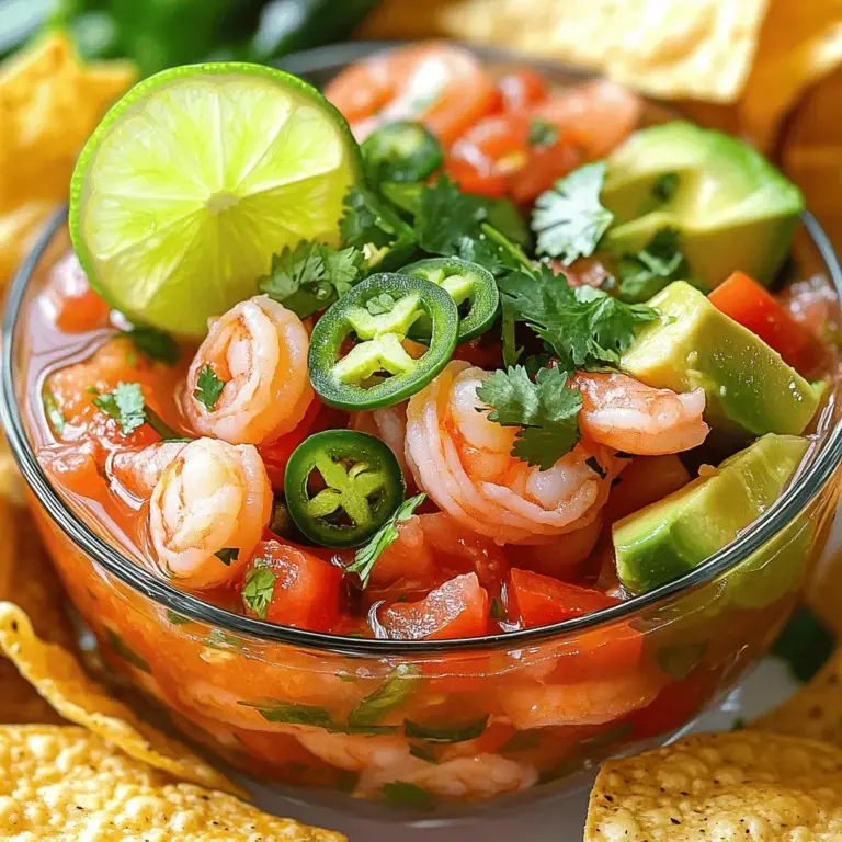 - 450 g große Garnelen, geschält und entdarmt - 240 g gewürfelte Tomaten - 1 reife Avocado, gewürfelt - 75 g rote Zwiebel, fein gehackt - 60 g frischer Koriander, gehackt - 2 Jalapeños, entkernt und fein gehackt - 60 ml Limettensaft (ca. 2 Limetten) Für diesen Garnelencocktail sind die frischen Zutaten entscheidend. Die Garnelen geben den Hauptgeschmack. Achten Sie darauf, dass sie frisch sind. Die Avocado sorgt für eine cremige Textur. Tomaten bringen Saftigkeit und Farbe. Rote Zwiebeln fügen einen milden Zwiebelgeschmack hinzu. Koriander bringt ein frisches Aroma. Jalapeños geben die nötige Schärfe. Der Limettensaft bringt alles zusammen und sorgt für eine erfrischende Note. - 1 Esslöffel Olivenöl - Salz und Pfeffer nach Geschmack Olivenöl ist wichtig, um die Zutaten zu verbinden. Es macht das Gericht reichhaltiger. Salz und Pfeffer sind die Grundgewürze. Sie heben den Geschmack der anderen Zutaten hervor. Verwenden Sie sie nach Ihrem Geschmack. - Tortilla-Chips zum Servieren - Garnierungsmöglichkeiten: Limettenscheibe, frischer Koriander Servieren Sie den Garnelencocktail mit knusprigen Tortilla-Chips. Das gibt einen tollen Crunch. Sie können auch Limettenscheiben und frischen Koriander verwenden, um das Gericht zu garnieren. Diese Details machen das Gericht noch ansprechender. Alle diese Zutaten finden Sie im [Full Recipe]. Um die Garnelen perfekt zu machen, bringen Sie einen Topf mit gesalzenem Wasser zum Kochen. Fügen Sie 450 g große Garnelen hinzu und kochen Sie sie 2–3 Minuten lang. Die Garnelen sind fertig, wenn sie rosa und undurchsichtig sind. Gießen Sie die Garnelen ab und legen Sie sie sofort in eine Schüssel mit Eiswasser. So stoppen Sie den Garprozess. Lassen Sie sie dort für einige Minuten, bis sie abgekühlt sind. In einer großen Schüssel vermischen Sie die frischen Zutaten. Nehmen Sie 240 g gewürfelte Tomaten, eine gewürfelte Avocado, 75 g fein gehackte rote Zwiebel, 60 g gehackten Koriander und zwei entkernte, fein gehackte Jalapeños. Rühren Sie die Mischung vorsichtig um, damit alles gut verteilt ist. Sobald die Garnelen abgekühlt sind, schneiden Sie sie in mundgerechte Stücke. Geben Sie die Garnelen in die Schüssel mit dem Gemüse. Beträufeln Sie alles mit 60 ml Limettensaft und einem Esslöffel Olivenöl. Mischen Sie die Zutaten vorsichtig, bis sie gleichmäßig verteilt sind. Schmecken Sie die Mischung mit Salz und Pfeffer ab. Lassen Sie den Cocktail für mindestens 20 Minuten im Kühlschrank marinieren. So verbinden sich die Aromen gut. Für die vollständige Anleitung schauen Sie sich das Full Recipe an. Beim Einkauf frischer Garnelen achte auf die Farbe und den Geruch. Die Garnelen sollten rosa oder rot sein. Ein frischer Geruch ist wichtig. Vermeide Garnelen, die einen starken Fischgeruch haben. Kaufe sie am besten bei einem vertrauenswürdigen Fischhändler. Frische Garnelen haben eine feste Textur und glänzen. Du kannst auch gefrorene Garnelen verwenden, wenn frische nicht verfügbar sind. Achte darauf, sie gut abzutauen und schnell zu kochen. Eine reife Avocado zu erkennen, ist einfach. Drücke leicht auf die Haut. Wenn sie leicht nachgibt, ist sie reif. Die Farbe sollte dunkelgrün bis fast schwarz sein. Vermeide Avocados mit dunklen Flecken oder einer harten Schale. Lagere unreife Avocados bei Raumtemperatur. Um sie schneller reifen zu lassen, lege sie in eine Papiertüte mit einem Apfel. Das erzeugt Ethylengas, das den Reifungsprozess beschleunigt. Für den besten Limettensaft wähle frische Limetten. Achte auf eine glatte, glänzende Haut. Sie sollten schwer für ihre Größe sein. Presse die Limette direkt vor der Verwendung. Das sorgt für den besten Geschmack. Wenn du keinen frischen Saft hast, verwende 100% reinen Limettensaft aus der Flasche. Vermeide Fruchtsäfte mit Zusätzen oder Zucker. So bleibt der Geschmack rein und frisch. {{image_4}} Um deinen Garnelencocktail aufzupeppen, kannst du verschiedene Zutaten hinzufügen. Hier sind einige Ideen: - Fügen Sie gewürfelte Mango hinzu, um eine süße Note zu erhalten. - Probieren Sie frische Paprika für mehr Farbe und Crunch. - Rote Bohnen können für zusätzliche Textur und Protein sorgen. - Ein Spritzer Tabasco bringt mehr Würze in die Mischung. Diese Ergänzungen machen das Gericht noch interessanter und passen gut zu den Garnelen und Avocado. Wenn du eine pflanzliche Version des Garnelencocktails willst, gibt es tolle Alternativen. Ersetze die Garnelen durch: - Gegrillten Tofu für eine herzhafte Textur. - Kichererbsen, die eine schöne Fülle bieten. - Zucchini-Nudeln für mehr Frische und Crunch. Diese Optionen sind lecker und bieten die gleiche gute Mischung aus Aromen. Die Schärfe des Cocktails kann leicht angepasst werden. Wenn du es milder magst: - Lass die Jalapeños weg oder verwende weniger. - Milder Paprika oder rote Peperoni sind gute Alternativen. Wenn du es schärfer magst: - Füge mehr Jalapeños hinzu oder verwende frische Chilis. - Ein Hauch von Cayennepfeffer verstärkt die Würze. Es ist wichtig, die Schärfe nach deinem Geschmack zu regulieren, um den perfekten Biss zu finden. Der Garnelencocktail ist im Kühlschrank am besten aufgehoben. Legen Sie ihn in einen luftdichten Behälter. So bleibt er frisch. Normalerweise hält er sich 1 bis 2 Tage. Achten Sie darauf, ihn nicht zu lange zu lagern. Frische Garnelen sind der Schlüssel zu einem großartigen Geschmack. Es ist nicht nötig, den Garnelencocktail wieder aufzuwärmen. Er schmeckt kalt am besten. Servieren Sie ihn direkt aus dem Kühlschrank. Garnieren Sie ihn mit frischem Koriander und Limettenscheiben. Das gibt einen tollen Look! Haben Sie Reste? Machen Sie ein schnelles Tacos! Fügen Sie die Garnelen und das Gemüse in Tortillas. Das ist lecker und einfach. Oder machen Sie einen Salat. Mischen Sie alles mit frischem Grün. Der Garnelencocktail ist sehr vielseitig. Sie können ihn auf viele Arten genießen. Du kannst den Garnelencocktail für bis zu zwei Tage im Kühlschrank aufbewahren. Achte darauf, ihn in einem luftdichten Behälter zu lagern. So bleiben die Aromen frisch. Nach zwei Tagen kann die Avocado braun werden und die Garnelen verlieren ihre Textur. Daher ist es am besten, ihn frisch zu genießen. Ja, gefrorene Garnelen sind eine gute Option. Stelle sicher, dass du sie richtig auftauen lässt. Lege die gefrorenen Garnelen in den Kühlschrank über Nacht. Du kannst sie auch in kaltem Wasser schnell auftauen. Kochen sie dann wie im Rezept angegeben. Frische Garnelen sind toll, aber gefrorene sind oft praktisch und gut. Ja, dieser Garnelencocktail ist von Natur aus glutenfrei. Alle Zutaten sind sicher für glutenfreie Ernährung. Achte jedoch darauf, dass die Tortilla-Chips, die du servierst, ebenfalls glutenfrei sind. Viele Marken bieten glutenfreie Optionen an. So kannst du den Cocktail ohne Bedenken genießen. Ein Mexikanischer Garnelencocktail ist lecker und einfach zuzubereiten. Wir haben über die besten Zutaten gesprochen, wie frische Garnelen und reife Avocados. Deine Zugabe von Spices, wie Limettensaft, macht das Gericht besonders frisch. Die Variationen und Aufbewahrungstipps bieten dir viele Optionen. Denk daran, dass frische Zutaten den Unterschied machen. So kannst du jeden Bissen genießen, egal ob für einen Anlass oder einen Snack. Nutze die Tipps, um dein Gericht zu verbessern und kreativ zu sein!