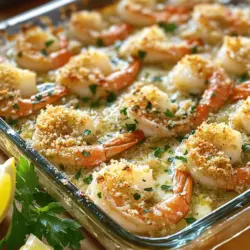 - 450 g große Garnelen - 60 g Butter - 4 Knoblauchzehen - Zitronenschale und -saft - Rote Pfefferflocken - Parmesan und Semmelbrösel - Salz und Pfeffer - Frische Petersilie Die Hauptzutaten sind einfach und frisch. Die Garnelen geben einen tollen Geschmack. Ich verwende große Garnelen, da sie saftig und zart sind. Butter ist wichtig, um die Aromen zu verstärken. Der Knoblauch bringt einen intensiven, leckeren Geschmack. Die weiteren Zutaten sind das Geheimnis für den besonderen Kick. Zitronenschale und -saft geben Frische und Säure. Rote Pfefferflocken bringen ein wenig Schärfe ins Spiel. Parmesan und Semmelbrösel sorgen für eine knusprige Kruste, die das Gericht perfekt abrundet. Gewürze sind ebenfalls wichtig. Salz und Pfeffer bringen alle Aromen zusammen. Frische Petersilie fügt Farbe und einen frischen Geschmack hinzu. Sie macht das Gericht lebendig und ansprechend. Für das vollständige Rezept schauen Sie bitte auf die [Full Recipe]. Heize deinen Ofen auf 200°C vor. Fette eine Auflaufform mit etwas Butter ein. Das sorgt dafür, dass die Garnelen nicht kleben. In einer großen Schüssel kombinierst du die geschmolzene Butter, den gehackten Knoblauch, die Zitronenschale und den Zitronensaft. Wenn du magst, füge die roten Pfefferflocken hinzu. Rühre alles gut um, bis die Mischung schön gleichmäßig ist. Jetzt kommen die Garnelen dazu. Wälze sie in der Knoblauch-Butter-Mischung, bis sie ganz bedeckt sind. Das gibt den Garnelen einen tollen Geschmack. Vergiss nicht, mit Salz und Pfeffer abzuschmecken. So wird das Gericht noch besser. Verteile die marinierten Garnelen gleichmäßig in der Auflaufform. In einer kleinen Schüssel vermengst du den geriebenen Parmesan mit den Semmelbröseln. Streue diese Mischung gleichmäßig über die Garnelen. Backe alles im vorgeheizten Ofen für 10-12 Minuten. Die Garnelen sollten rosa und undurchsichtig sein. Die Oberseite wird schön goldbraun. Serviere die Garnelen mit frischer Petersilie für mehr Geschmack. Für das komplette Rezept schaue dir das [Full Recipe] an. Wähle große Garnelen für dieses Gericht. Sie bieten den besten Biss und Geschmack. Achte darauf, dass sie frisch sind. Wenn du gefrorene Garnelen verwendest, tau sie gut auf. Die Garzeit ist wichtig. Backe die Garnelen 10 bis 12 Minuten. Sie sind perfekt, wenn sie rosa und undurchsichtig sind. Überbacke sie nicht, sonst werden sie gummiartig. Frischer Knoblauch schmeckt am besten. Er gibt dem Gericht einen tollen Geschmack. Getrockneter Knoblauch ist praktisch, hat aber nicht denselben Geschmack. Rote Pfefferflocken fügen Schärfe hinzu. Du kannst die Menge anpassen, um die Schärfe zu steuern. Wenn du es mild magst, lass sie weg oder verwende weniger. Präsentiere die Garnelen auf einem schönen Teller. Ein Bett aus frischen Kräutern sieht toll aus. Du kannst auch Zitronenscheiben für mehr Farbe verwenden. Für Beilagen empfehle ich frischen Salat oder ein einfaches Reisgericht. Diese passen gut zu den Garnelen und machen das Essen rundum lecker. Weitere Ideen findest du im Full Recipe. {{image_4}} Sie können mit verschiedenen Kräutern und Gewürzen spielen. Basilikum und Oregano geben neuen Geschmack. Diese Kräuter passen gut zu Knoblauch. Auch Zwiebeln können eine tolle Ergänzung sein. Sie bringen eine süße Note. Kombinieren Sie die Zwiebeln mit etwas Knoblauch für mehr Tiefe. So schmecken die Garnelen noch besser. Parmesan ist großartig, aber nicht die einzige Wahl. Mozzarella kann eine mildere Option sein. Er schmilzt gut und macht die Garnelen cremig. Für vegane Optionen gibt es viele Käseersatzprodukte. Diese können aus Nüssen oder Soja bestehen. Diese Alternativen sind lecker und passen gut zu den Garnelen. Experimentieren Sie mit verschiedenen Käsesorten. Grillen oder Braten der Garnelen gibt verschiedene Aromen. Grillen bringt einen rauchigen Geschmack. Braten sorgt für eine knusprige Textur. Eine weitere einfache Methode ist der Airfryer. Er gart die Garnelen schnell und gleichmäßig. Die Garnelen bleiben saftig und lecker. Diese Methoden sind schnell und einfach. Probieren Sie alle aus, um zu sehen, was Ihnen am besten gefällt. Wenn du einige Garnelen übrig hast, kühle sie schnell. Stelle sicher, dass du die Garnelen in einem luftdichten Behälter aufbewahrst. So bleiben sie frisch und lecker. Du kannst auch Frischhaltefolie verwenden, um den Behälter abzudecken. Halte die Garnelen im Kühlschrank. Dort bleiben sie etwa 2 bis 3 Tage genießbar. Wenn du die Garnelen länger aufbewahren möchtest, friere sie ein. Lege die Garnelen in einem luftdichten Behälter oder einem Gefrierbeutel. Drücke die Luft heraus, bevor du den Beutel schließt. So bleiben die Garnelen bis zu 3 Monate frisch. Um die Garnelen wieder aufzuwärmen, kannst du sie in einer Pfanne auf mittlerer Hitze garen. Achte darauf, sie nicht zu lange zu erhitzen, damit sie zart bleiben. Gekochte Garnelen sind im Kühlschrank 2 bis 3 Tage haltbar. Wenn du sie einfrierst, sind sie bis zu 3 Monate sicher. Überprüfe die Garnelen vor dem Essen immer auf einen frischen Geruch. Wenn sie unangenehm riechen, wirf sie weg. Diese Hinweise helfen dir, Lebensmittelverschwendung zu vermeiden und deine Garnelen sicher zu genießen. Garnelen sind schnell gar. Der optimale Garzeitrahmen liegt zwischen 10 und 12 Minuten. Achte darauf, dass sie rosa und undurchsichtig werden. Überkoche sie nicht, sonst werden sie zäh. Ja, gefrorene Garnelen sind eine tolle Wahl! Lass sie vorher auftauen. Du kannst sie einfach in kaltem Wasser oder über Nacht im Kühlschrank auftauen. So bleiben sie frisch und lecker. Zu Knoblauch-Parmesan gebackenen Garnelen passen viele Beilagen. Hier sind einige Ideen: - Reis oder Quinoa - Pasta mit einer leichten Soße - Frischer Salat - Knoblauchbrot Wenn du mehr Schärfe willst, füge rote Pfefferflocken hinzu. Du kannst auch frischen Chili oder Cayennepfeffer verwenden. Beginne mit einer kleinen Menge und schmecke die Mischung ab. So passt du die Schärfe genau an deinen Geschmack an. Die gepufferten Garnelen sind ein wahrer Genuss. Wir haben die Hauptzutaten, die Zubereitung, Tipps zur Perfektion und viele Variationen besprochen. Experimentiere mit verschiedenen Kräutern und Käsearten, um dein Gericht zu verfeinern. Achte auch auf Lagerung und Haltbarkeit, um lange Freude an deinem Essen zu haben. Dieser einfache Ansatz sorgt für köstliche, schmackhafte Garnelen jeder Zeit. Viel Spaß beim Kochen und Genießen deiner Kreationen!