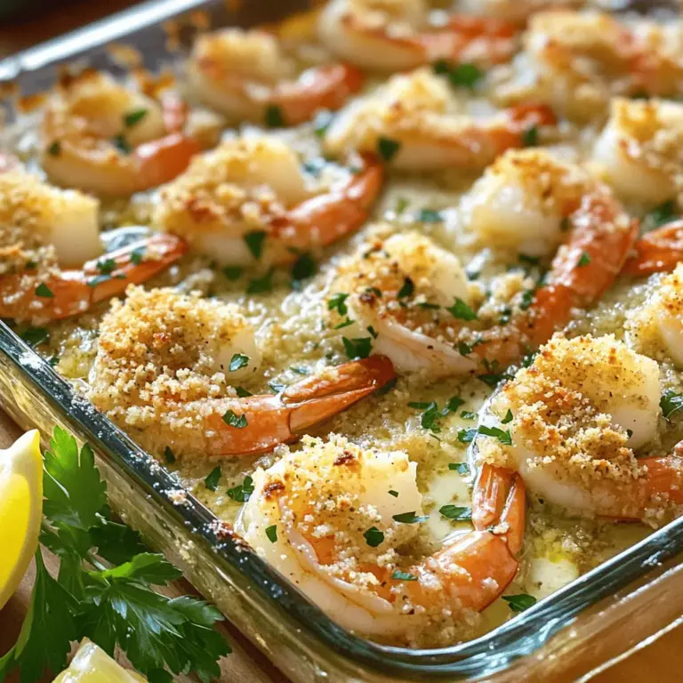 - 450 g große Garnelen - 60 g Butter - 4 Knoblauchzehen - Zitronenschale und -saft - Rote Pfefferflocken - Parmesan und Semmelbrösel - Salz und Pfeffer - Frische Petersilie Die Hauptzutaten sind einfach und frisch. Die Garnelen geben einen tollen Geschmack. Ich verwende große Garnelen, da sie saftig und zart sind. Butter ist wichtig, um die Aromen zu verstärken. Der Knoblauch bringt einen intensiven, leckeren Geschmack. Die weiteren Zutaten sind das Geheimnis für den besonderen Kick. Zitronenschale und -saft geben Frische und Säure. Rote Pfefferflocken bringen ein wenig Schärfe ins Spiel. Parmesan und Semmelbrösel sorgen für eine knusprige Kruste, die das Gericht perfekt abrundet. Gewürze sind ebenfalls wichtig. Salz und Pfeffer bringen alle Aromen zusammen. Frische Petersilie fügt Farbe und einen frischen Geschmack hinzu. Sie macht das Gericht lebendig und ansprechend. Für das vollständige Rezept schauen Sie bitte auf die [Full Recipe]. Heize deinen Ofen auf 200°C vor. Fette eine Auflaufform mit etwas Butter ein. Das sorgt dafür, dass die Garnelen nicht kleben. In einer großen Schüssel kombinierst du die geschmolzene Butter, den gehackten Knoblauch, die Zitronenschale und den Zitronensaft. Wenn du magst, füge die roten Pfefferflocken hinzu. Rühre alles gut um, bis die Mischung schön gleichmäßig ist. Jetzt kommen die Garnelen dazu. Wälze sie in der Knoblauch-Butter-Mischung, bis sie ganz bedeckt sind. Das gibt den Garnelen einen tollen Geschmack. Vergiss nicht, mit Salz und Pfeffer abzuschmecken. So wird das Gericht noch besser. Verteile die marinierten Garnelen gleichmäßig in der Auflaufform. In einer kleinen Schüssel vermengst du den geriebenen Parmesan mit den Semmelbröseln. Streue diese Mischung gleichmäßig über die Garnelen. Backe alles im vorgeheizten Ofen für 10-12 Minuten. Die Garnelen sollten rosa und undurchsichtig sein. Die Oberseite wird schön goldbraun. Serviere die Garnelen mit frischer Petersilie für mehr Geschmack. Für das komplette Rezept schaue dir das [Full Recipe] an. Wähle große Garnelen für dieses Gericht. Sie bieten den besten Biss und Geschmack. Achte darauf, dass sie frisch sind. Wenn du gefrorene Garnelen verwendest, tau sie gut auf. Die Garzeit ist wichtig. Backe die Garnelen 10 bis 12 Minuten. Sie sind perfekt, wenn sie rosa und undurchsichtig sind. Überbacke sie nicht, sonst werden sie gummiartig. Frischer Knoblauch schmeckt am besten. Er gibt dem Gericht einen tollen Geschmack. Getrockneter Knoblauch ist praktisch, hat aber nicht denselben Geschmack. Rote Pfefferflocken fügen Schärfe hinzu. Du kannst die Menge anpassen, um die Schärfe zu steuern. Wenn du es mild magst, lass sie weg oder verwende weniger. Präsentiere die Garnelen auf einem schönen Teller. Ein Bett aus frischen Kräutern sieht toll aus. Du kannst auch Zitronenscheiben für mehr Farbe verwenden. Für Beilagen empfehle ich frischen Salat oder ein einfaches Reisgericht. Diese passen gut zu den Garnelen und machen das Essen rundum lecker. Weitere Ideen findest du im Full Recipe. {{image_4}} Sie können mit verschiedenen Kräutern und Gewürzen spielen. Basilikum und Oregano geben neuen Geschmack. Diese Kräuter passen gut zu Knoblauch. Auch Zwiebeln können eine tolle Ergänzung sein. Sie bringen eine süße Note. Kombinieren Sie die Zwiebeln mit etwas Knoblauch für mehr Tiefe. So schmecken die Garnelen noch besser. Parmesan ist großartig, aber nicht die einzige Wahl. Mozzarella kann eine mildere Option sein. Er schmilzt gut und macht die Garnelen cremig. Für vegane Optionen gibt es viele Käseersatzprodukte. Diese können aus Nüssen oder Soja bestehen. Diese Alternativen sind lecker und passen gut zu den Garnelen. Experimentieren Sie mit verschiedenen Käsesorten. Grillen oder Braten der Garnelen gibt verschiedene Aromen. Grillen bringt einen rauchigen Geschmack. Braten sorgt für eine knusprige Textur. Eine weitere einfache Methode ist der Airfryer. Er gart die Garnelen schnell und gleichmäßig. Die Garnelen bleiben saftig und lecker. Diese Methoden sind schnell und einfach. Probieren Sie alle aus, um zu sehen, was Ihnen am besten gefällt. Wenn du einige Garnelen übrig hast, kühle sie schnell. Stelle sicher, dass du die Garnelen in einem luftdichten Behälter aufbewahrst. So bleiben sie frisch und lecker. Du kannst auch Frischhaltefolie verwenden, um den Behälter abzudecken. Halte die Garnelen im Kühlschrank. Dort bleiben sie etwa 2 bis 3 Tage genießbar. Wenn du die Garnelen länger aufbewahren möchtest, friere sie ein. Lege die Garnelen in einem luftdichten Behälter oder einem Gefrierbeutel. Drücke die Luft heraus, bevor du den Beutel schließt. So bleiben die Garnelen bis zu 3 Monate frisch. Um die Garnelen wieder aufzuwärmen, kannst du sie in einer Pfanne auf mittlerer Hitze garen. Achte darauf, sie nicht zu lange zu erhitzen, damit sie zart bleiben. Gekochte Garnelen sind im Kühlschrank 2 bis 3 Tage haltbar. Wenn du sie einfrierst, sind sie bis zu 3 Monate sicher. Überprüfe die Garnelen vor dem Essen immer auf einen frischen Geruch. Wenn sie unangenehm riechen, wirf sie weg. Diese Hinweise helfen dir, Lebensmittelverschwendung zu vermeiden und deine Garnelen sicher zu genießen. Garnelen sind schnell gar. Der optimale Garzeitrahmen liegt zwischen 10 und 12 Minuten. Achte darauf, dass sie rosa und undurchsichtig werden. Überkoche sie nicht, sonst werden sie zäh. Ja, gefrorene Garnelen sind eine tolle Wahl! Lass sie vorher auftauen. Du kannst sie einfach in kaltem Wasser oder über Nacht im Kühlschrank auftauen. So bleiben sie frisch und lecker. Zu Knoblauch-Parmesan gebackenen Garnelen passen viele Beilagen. Hier sind einige Ideen: - Reis oder Quinoa - Pasta mit einer leichten Soße - Frischer Salat - Knoblauchbrot Wenn du mehr Schärfe willst, füge rote Pfefferflocken hinzu. Du kannst auch frischen Chili oder Cayennepfeffer verwenden. Beginne mit einer kleinen Menge und schmecke die Mischung ab. So passt du die Schärfe genau an deinen Geschmack an. Die gepufferten Garnelen sind ein wahrer Genuss. Wir haben die Hauptzutaten, die Zubereitung, Tipps zur Perfektion und viele Variationen besprochen. Experimentiere mit verschiedenen Kräutern und Käsearten, um dein Gericht zu verfeinern. Achte auch auf Lagerung und Haltbarkeit, um lange Freude an deinem Essen zu haben. Dieser einfache Ansatz sorgt für köstliche, schmackhafte Garnelen jeder Zeit. Viel Spaß beim Kochen und Genießen deiner Kreationen!