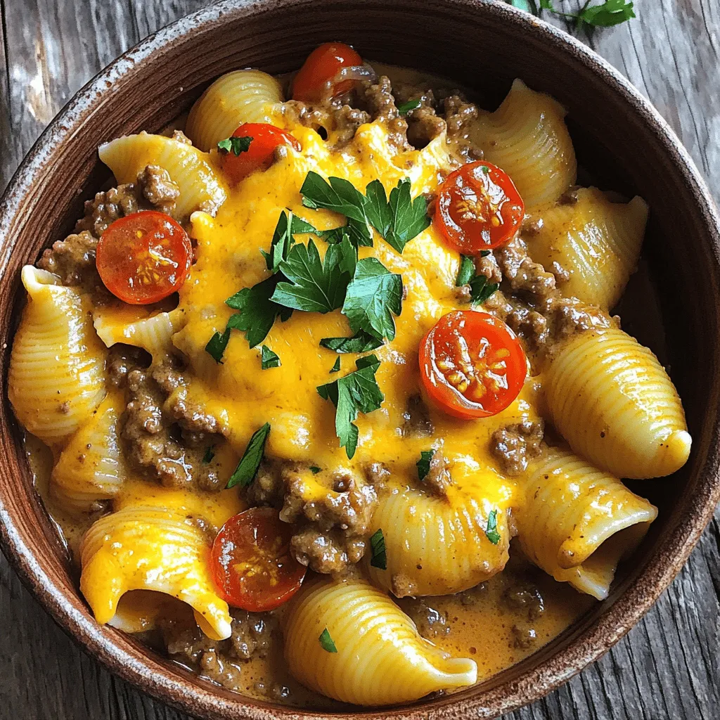Um cremige Rindfleisch- und Muscheln-Pasta zuzubereiten, brauchen Sie folgende Zutaten: - 450 g Rinderhackfleisch - 225 g große Muschelnudeln - 1 mittelgroße Zwiebel, gewürfelt - 2 Knoblauchzehen, fein gehackt - 240 ml Schlagsahne - 240 ml Rinderbrühe - 100 g geriebener Cheddar-Käse - 150 g Kirschtomaten, halbiert - 2 Teelöffel italienische Gewürzmischung - Salz und Pfeffer nach Geschmack - Frische Petersilie, fein gehackt (zum Garnieren) Wählen Sie frische Zutaten für den besten Geschmack. Achten Sie auf die Qualität des Rinderhackfleischs. Bio-Fleisch hat oft einen reicheren Geschmack. Auch bei den Tomaten sollten Sie reife und saftige Kirschtomaten wählen. Sie bringen Frische in das Gericht. Für die Muschelnudeln sollten Sie auf die Größe achten. Große Muscheln halten die cremige Sauce gut fest. Verwenden Sie frische Kräuter, wenn möglich. Sie verleihen der Pasta einen hellen und frischen Geschmack. Die Zutaten in dieser Pasta sind nicht nur köstlich, sondern auch nahrhaft. Rinderhackfleisch liefert Proteine, die wichtig für den Körper sind. Die Muschelnudeln geben Kohlenhydrate, die Energie für den Tag bieten. Zwiebeln und Knoblauch sind reich an Antioxidantien. Diese helfen, das Immunsystem zu stärken. Die Schlagsahne bietet gesunde Fette, die gut für die Herzgesundheit sind. Kirschtomaten bringen Vitamine und Mineralien mit. Petersilie hat viele Vitamine und kann die Verdauung fördern. Wenn Sie mehr über die Zubereitung erfahren möchten, schauen Sie sich das [Full Recipe] an. Beginnen Sie mit den Muschelnudeln. Kochen Sie sie in einem großen Topf. Verwenden Sie kochendes, gesalzenes Wasser. Halten Sie sich an die Anweisungen auf der Verpackung. Lassen Sie sie al dente kochen. Nach dem Kochen abgießen und beiseite stellen. Dies sorgt für die perfekte Textur. Jetzt kommt das Rinderhackfleisch. Erhitzen Sie eine große Pfanne bei mittlerer Hitze. Fügen Sie das Rinderhackfleisch hinzu. Braten Sie es an, bis es rundum braun ist. Zerkleinern Sie das Fleisch mit einem Spatel. Wenn zu viel Fett in der Pfanne ist, gießen Sie es ab. Das gibt mehr Geschmack und weniger Fett. Fügen Sie die gewürfelte Zwiebel und den gehackten Knoblauch hinzu. Braten Sie alles etwa 3–4 Minuten an. Warten Sie, bis die Zwiebel schön transparent ist. Gießen Sie jetzt die Rinderbrühe in die Pfanne. Lassen Sie alles leicht köcheln und reduzieren. Nach etwa 5 Minuten, reduzieren Sie die Hitze. Rühren Sie die Schlagsahne ein, bis alles gut vermischt ist. Geben Sie den geriebenen Cheddar-Käse dazu. Rühren Sie, bis der Käse geschmolzen ist. Fügen Sie dann die Muschelnudeln und Kirschtomaten hinzu. Rühren Sie vorsichtig um, damit alles gut vermischt ist. Schmecken Sie die Mischung mit italienischer Gewürzmischung, Salz und Pfeffer ab. Lassen Sie es für 2–3 Minuten auf dem Herd. Dann nehmen Sie die Pfanne vom Herd. Lassen Sie die Pasta eine Minute ruhen, damit sie eindickt. Für die vollständige Anleitung schauen Sie sich das Full Recipe an. Bei der Zubereitung von cremiger Rindfleisch- und Muscheln-Pasta gibt es einige häufige Fehler. Achte darauf, die Muschelnudeln nicht zu lange zu kochen. Sie sollten al dente sein, damit sie in der Sauce nicht matschig werden. Ein weiterer Fehler ist das Überkochen der Sauce. Lass die Mischung nur leicht köcheln, um die cremige Konsistenz zu erhalten. Um die Sauce besonders cremig zu machen, verwende frische Schlagsahne. Die Qualität der Sahne hat einen großen Einfluss auf den Geschmack. Du kannst auch etwas Frischkäse hinzufügen. Das macht die Sauce noch reichhaltiger. Ein weiterer Geheimtipp ist, die Hitze beim Hinzufügen der Sahne zu reduzieren. So bleibt die Sauce schön glatt und dick. Die Präsentation ist wichtig für das Essen. Verwende eine große Schüssel, um die Pasta zu servieren. Garniere sie mit frisch gehackter Petersilie. Das gibt nicht nur Farbe, sondern auch frischen Geschmack. Streue ein wenig zusätzlichen Käse darüber, um es noch ansprechender zu machen. Du kannst auch Kirschtomaten oben drauf legen, um einen schönen Kontrast zu schaffen. {{image_4}} Für eine vegetarische Version der cremigen Rindfleisch- und Muscheln-Pasta können Sie das Rinderhackfleisch durch Linsen oder fein gehackte Pilze ersetzen. Diese Zutaten bieten eine herzhafte Textur und einen vollmundigen Geschmack. Verwenden Sie grüne oder braune Linsen, die gut kochen und eine gute Nährstoffquelle sind. Auch Pilze sind voller Geschmack und passen gut zur Sahnesauce. Spielen Sie mit den Gewürzen, um neue Geschmäcker zu entdecken. Fügen Sie zum Beispiel geräucherten Paprika oder Kreuzkümmel hinzu. Diese Gewürze verleihen der Pasta eine interessante Note. Frische Kräuter wie Basilikum oder Oregano bringen Frische in das Gericht. Experimentieren Sie mit verschiedenen Kombinationen, um Ihren eigenen Stil zu finden. Servieren Sie die Pasta mit einem frischen Salat, um die Aromen zu ergänzen. Ein einfacher grüner Salat mit einem leichten Dressing passt perfekt. Auch knuspriges Brot ist eine tolle Beilage, um die cremige Sauce aufzutunken. Wenn Sie mehr Sauce möchten, können Sie eine einfache Tomatensauce daneben reichen. Diese Ergänzungen machen das Essen noch aufregender. Probieren Sie die vollständige Rezeptanleitung von cremiger Rindfleisch- und Muscheln-Pasta aus und genießen Sie die Variationen! Um die Reste Ihrer cremigen Rindfleisch- und Muscheln-Pasta richtig zu lagern, lassen Sie die Pasta zuerst auf Raumtemperatur abkühlen. Nachdem sie abgekühlt ist, füllen Sie die Pasta in einen luftdichten Behälter. So bleibt die Pasta frisch und lecker. Lagern Sie sie im Kühlschrank. Die Reste halten sich dort bis zu drei Tage. Wenn Sie die Pasta für längere Zeit aufbewahren möchten, können Sie sie einfrieren. Teilen Sie die Pasta in Portionen. Legen Sie jede Portion in einen gefriergeeigneten Behälter oder einen Gefrierbeutel. Drücken Sie die Luft heraus, bevor Sie die Behälter verschließen. So vermeiden Sie Gefrierbrand. Die eingefrorene Pasta bleibt bis zu drei Monate frisch. Zum Aufwärmen der Pasta, nehmen Sie die gewünschte Portion aus dem Kühlschrank oder Gefrierfach. Wenn die Pasta gefroren ist, lassen Sie sie zuerst im Kühlschrank über Nacht auftauen. Zum Erhitzen geben Sie die Pasta in einen Topf oder eine Pfanne. Fügen Sie einen Schluck Wasser oder Brühe hinzu, um die Sauce cremig zu halten. Erwärmen Sie sie bei mittlerer Hitze und rühren Sie gut um. Servieren Sie die Pasta heiß und garnieren Sie sie mit frischer Petersilie. So bleibt der Geschmack frisch und köstlich. Du kannst die cremige Rindfleisch- und Muscheln-Pasta bis zu drei Tage im Kühlschrank aufbewahren. Stelle sicher, dass du sie in einem luftdichten Behälter lagerst. Vor dem Essen solltest du die Pasta gut durchwärmen. Wenn du planst, sie länger aufzubewahren, friere sie ein. So bleibt der Geschmack frisch. Ja, du kannst andere Nudelformen verwenden. Spiralen oder Penne eignen sich gut. Sie fangen die Sauce toll auf. Achte darauf, die Kochzeit entsprechend anzupassen. Jede Nudel hat ihre eigene Garzeit. Probiere verschiedene Formen aus, um deinen Favoriten zu finden! Um die Sauce gesünder zu machen, gibt es viele Optionen. Du kannst die Schlagsahne durch griechischen Joghurt ersetzen. Das reduziert das Fett und erhöht die Proteinmenge. Auch mehr Gemüse ist eine tolle Idee. Füge Spinat oder Paprika hinzu, um die Nährstoffe zu erhöhen. Ein paar frische Kräuter bringen zusätzlichen Geschmack. So wird die Sauce lecker und gesund! Für das vollständige Rezept, schau dir die [Full Recipe] an. Die cremige Rindfleisch- und Muscheln-Pasta ist einfach zuzubereiten und köstlich. In diesem Artikel habe ich die Zutaten, die Zubereitung, Tipps und Variationen abgedeckt. Denke daran, frische Zutaten zu wählen und häufige Fehler zu vermeiden. Probiere die vegetarische Version oder passe die Gewürze an. Lagere Reste richtig, um die Pasta später zu genießen. Auch kleine Anpassungen an der Sauce können große Wirkung zeigen. Jetzt bist du bereit, leckere Pasta zu kochen. Viel Spaß beim Ausprobieren!