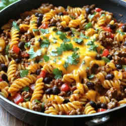 - Pasta (z.B. Penne oder Fusilli) - Rinderhackfleisch oder Putenhackfleisch - Zwiebel, Knoblauch und Paprika Für Cowboy Pasta sind die Hauptzutaten sehr wichtig. Ich wähle gerne Penne oder Fusilli, weil sie die Soße gut halten. Das Hackfleisch kann Rind oder Pute sein. Beides gibt einen tollen Geschmack. Zwiebel, Knoblauch und Paprika bringen Frische und Aroma ins Gericht. - Schwarze Bohnen und gewürfelte Tomaten mit grünen Chilis - Chili-Pulver, Kreuzkümmel, Salz und Pfeffer - Cheddar-Käse und frischer Koriander Die Gewürze machen Cowboy Pasta besonders lecker. Schwarze Bohnen und gewürfelte Tomaten mit Chilis geben eine schöne Textur. Chili-Pulver und Kreuzkümmel sorgen für Würze. Ich füge Salz und Pfeffer nach Geschmack hinzu. Zum Schluss kommt der Cheddar-Käse für Cremigkeit und frischer Koriander für einen frischen Kick. Das Rezept ist einfach und macht Spaß! [Full Recipe] Beginne, indem du einen großen Topf mit Wasser füllst. Füge eine gute Menge Salz hinzu. Das Wasser sollte sprudelnd kochen. Jetzt gib die Pasta hinzu. Ich empfehle Penne oder Fusilli. Koche die Pasta nach den Anweisungen auf der Verpackung. Überprüfe nach der empfohlenen Zeit, ob sie al dente ist. Das bedeutet, sie sollte einen leichten Biss haben. Wenn sie fertig ist, gieße sie ab und stelle sie beiseite. Erhitze in einer großen Pfanne einen Esslöffel Olivenöl bei mittlerer Hitze. Füge die gewürfelte Zwiebel hinzu. Brate sie etwa 3-4 Minuten an, bis sie weich und durchsichtig ist. Jetzt kommt der fein gehackte Knoblauch und die gewürfelte rote Paprika dazu. Brate alles weitere 2-3 Minuten. Das gibt einen tollen Duft! Erhöhe die Hitze auf mittelhoch und füge das Rinder- oder Putenhackfleisch hinzu. Brate es etwa 5-7 Minuten, bis es braun ist. Zerkleinere es dabei mit einem Spatel. Füge dann die schwarzen Bohnen, die gewürfelten Tomaten mit Chilis, den Mais, Chili-Pulver und Kreuzkümmel hinzu. Schmecke alles mit Salz und Pfeffer ab. Lass die Mischung 5 Minuten köcheln. Jetzt ist es Zeit, die gekochte Pasta in die Pfanne zu geben. Mische alles gut durch, damit sich die Aromen verbinden. Streue den geriebenen Cheddar-Käse gleichmäßig darüber. Lass ihn leicht schmelzen. Das sieht sehr einladend aus! Serviere die Cowboy Pasta warm. Garnieren kannst du sie mit frischem Koriander. Das macht das Gericht noch schöner und frischer. Du kannst das ganze Rezept mit den genauen Mengen in der [Full Recipe] finden. Um die perfekte Pasta zu kochen, bringe einen großen Topf mit Wasser zum Kochen. Füge ausreichend Salz hinzu, bevor du die Pasta hinzufügst. Die Kochzeit hängt von der Pasta ab, also schau auf die Verpackung. Meist sind es 8 bis 12 Minuten. Für Al-Dente Ergebnisse, koche die Pasta 1-2 Minuten weniger als angegeben. So bleibt sie bissfest. Probiere ein Stück Pasta, um sicherzugehen, dass sie genau richtig ist. Um den Geschmack zu verbessern, passe die Gewürze nach deinem Geschmack an. Füge mehr Chili-Pulver hinzu, wenn du es schärfer magst. Oder ein wenig mehr Kreuzkümmel, um einen erdigen Geschmack zu bekommen. Für die Garnierung empfehle ich, frischen Koriander großzügig zu verwenden. Das gibt einen schönen Farbkontrast und frischen Geschmack. Du kannst auch Limettenscheiben servieren. Sie bringen eine spritzige Note und runden das Gericht ab. Für das vollständige Rezept, schau dir die [Full Recipe] an. {{image_4}} Wenn du Cowboy Pasta vegan oder vegetarisch machen möchtest, ist das ganz einfach. Du kannst das Hackfleisch durch pflanzliche Proteine ersetzen. Hier sind ein paar Optionen: - Linsen: Diese sind nahrhaft und geben eine tolle Textur. - Soja-Granulat: Das nimmt die Aromen gut auf und ist eine gute Fleischalternative. - Gemischtes Gemüse: Du kannst mehr Paprika, Zucchini oder Karotten verwenden. Das bringt Farbe und Geschmack. Zusätzlich kannst du verschiedene Gemüsesorten hinzufügen. Wie wäre es mit: - Spinat: Das gibt mehr Nährstoffe und eine schöne Farbe. - Pilze: Diese verleihen einen herzhaften Geschmack und eine fleischige Konsistenz. Du kannst Cowboy Pasta auch mit regionalen Zutaten anpassen. Das macht das Gericht noch interessanter. Hier sind einige Ideen: - Käse aus der Region: Verwende einen lokalen Käse statt Cheddar. Das gibt einen neuen Geschmack. - Frische Kräuter: Nutze Kräuter wie Basilikum oder Thymian aus deinem Garten. Diese bringen Frische. Denke auch daran, saisonale Zutaten zu nutzen. Im Sommer sind frische Tomaten toll. Im Herbst kannst du Kürbis hinzufügen. Das passt super zum Gericht und schmeckt köstlich. Wenn du mehr über die Zubereitung erfahren möchtest, schau dir das [Full Recipe](#) an. Um Reste von Cowboy Pasta richtig zu lagern, nutzen Sie einen luftdichten Behälter. Achten Sie darauf, die Pasta abkühlen zu lassen, bevor Sie sie im Kühlschrank verstauen. So bleibt der Geschmack frisch. Ich empfehle, die Reste innerhalb von drei bis vier Tagen zu essen. Für die Wiedererwärmung geben Sie die Pasta in eine Pfanne. Fügen Sie etwas Wasser oder Brühe hinzu, um die Feuchtigkeit zu erhöhen. Erhitzen Sie sie bei mittlerer Hitze. Rühren Sie die Mischung, bis sie heiß ist. So bleibt die Pasta nicht trocken und schmeckt fast wie frisch zubereitet. Cowboy Pasta hält sich im Kühlschrank etwa drei bis vier Tage. Sie können die Reste auch einfrieren. Lassen Sie die Pasta dazu vollständig abkühlen und füllen Sie sie in einen Gefrierbehälter. So bleibt sie bis zu drei Monate frisch. Um die gefrorene Pasta zu verwenden, lassen Sie sie über Nacht im Kühlschrank auftauen. Erhitzen Sie sie dann wie oben beschrieben. So genießen Sie Ihr leckeres Gericht auch später! Die Zubereitung von Cowboy Pasta dauert insgesamt etwa 30 Minuten. Die Vorbereitungszeit beträgt etwa 15 Minuten. In dieser Zeit schneiden Sie die Zwiebel, den Knoblauch und die Paprika. Während das Wasser kocht, können Sie die anderen Zutaten bereitstellen. Das Kochen der Pasta selbst dauert meist 10 bis 12 Minuten. Ja, Sie können Cowboy Pasta im Voraus zubereiten. Kochen Sie die Pasta und bereiten Sie die Sauce vor. Lassen Sie die Mischung abkühlen und stellen Sie sie in den Kühlschrank. Wenn Sie bereit sind zu essen, wärmen Sie die Pasta in einer Pfanne auf. Fügen Sie etwas Wasser hinzu, damit sie nicht austrocknet. So bleibt sie saftig und lecker. Zu Cowboy Pasta passen viele Beilagen gut. Ein frischer grüner Salat ist eine tolle Wahl. Sie können auch knuspriges Brot servieren. Maisbrot oder ein rustikales Baguette ergänzen das Gericht perfekt. So haben Sie eine ausgewogene Mahlzeit, die jeder mag. Cowboy Pasta hat ihren Ursprung in der amerikanischen Küche. Sie vereint Tex-Mex und italienische Einflüsse. Diese Mischung spiegelt die Vielfalt der amerikanischen Gastronomie wider. Das Gericht ist herzhaft und sättigend, ideal für gesellige Abende. Es erfreut sich großer Beliebtheit und wird oft in Familien-Rezeptbüchern gefunden. Es zeigt, wie kreativ man mit einfachen Zutaten sein kann und wird in vielen Haushalten geliebt. Cowboy Pasta ist einfach und lecker. Wir haben über die Hauptzutaten, wie Pasta, Hackfleisch, Zwiebeln und Gewürze gesprochen. Die Schritt-für-Schritt-Anleitung hilft Ihnen, diese Speise schnell zuzubereiten. Tipps für perfekte Ergebnisse können den Geschmack verbessern und Variationen bieten kreative Freiheit. Reste lassen sich gut aufbewahren, und das Essen hält sich lange. Denken Sie daran, Ihre Cowboy Pasta nach Ihrem Geschmack anzupassen. So wird jedes Gericht einzigartig und besonders. Versuchen Sie es und genießen Sie die Vielfalt!