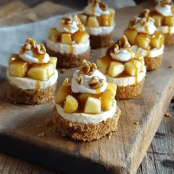 - Graham-Cracker-Brösel: Diese Brösel bilden die knusprige Kruste. Sie sind die Basis für den süßen Snack. - Frischkäse und Puderzucker: Frischkäse macht die Füllung cremig. Puderzucker sorgt für die süße Note, die den Käsekuchen perfekt macht. - Äpfel und Karamellsauce: Frische Äpfel bringen einen fruchtigen Geschmack. Karamellsauce fügt eine süße, klebrige Schicht hinzu, die alles verbindet. - Walnüsse: Diese Nüsse geben einen crunchy Knack. Sie sind eine tolle Ergänzung zur Karamellsauce. - Schlagsahne: Ein Klecks Schlagsahne bringt noch mehr Genuss. Sie macht die Bissen besonders lecker und ansprechend. Für das vollständige Rezept, schaue dir die [Full Recipe] an. Für die Kruste mische ich zuerst die Graham-Cracker-Brösel, den Kristallzucker und die geschmolzene Butter in einer großen Schüssel. Du willst, dass die Brösel gut befeuchtet sind. Sie sollten die Textur von nassem Sand haben. Dann lege ich eine Mini-Muffinform mit Papierförmchen aus. Ich drücke etwa 1 Esslöffel der Bröselmischung in den Boden jeder Form. Das ist wichtig, damit die Kruste fest wird. Ich backe sie dann im vorgeheizten Ofen bei 175°C für 8 bis 10 Minuten. Sie sind fertig, wenn sie goldbraun sind. Nach dem Backen lasse ich sie abkühlen. In einer separaten Schüssel nehme ich den weichen Frischkäse und schlage ihn mit Puderzucker, Vanilleextrakt und Zimt glatt. Das gibt der Füllung einen tollen Geschmack. Dann füge ich die gewürfelten Äpfel hinzu und falte sie vorsichtig in die Mischung. So bleiben die Äpfel ganz und die Füllung wird schön cremig. Jetzt ist es Zeit, die Muffinform zu füllen. Ich löffle die Käsekuchenfüllung gleichmäßig über die abgekühlten Krusten. Jede Form sollte bis zur Oberkante gefüllt sein. Danach decke ich die Muffinform mit Frischhaltefolie ab. Sie muss mindestens 2 Stunden im Kühlschrank kaltgestellt werden. So werden die Käsekuchenbissen fest und lecker. Um die beste Konsistenz für deine Mini Caramel Apple Cheesecake Bites zu bekommen, ist es wichtig, den Frischkäse richtig vorzubereiten. Lass ihn zuerst auf Raumtemperatur kommen. So wird er schön weich und lässt sich leicht vermischen. Klumpen im Frischkäse sind nicht gut für die Füllung. Ich empfehle auch, möglichst frische Äpfel zu verwenden. Granny Smith-Äpfel sind perfekt, denn sie sind knackig und haben eine tolle Säure. Diese frischen Äpfel geben deinem Dessert den besten Geschmack. Die Präsentation macht einen großen Unterschied. Du kannst die Käsekuchenbissen für besondere Anlässe schön anrichten. Platziere sie auf einem schönen Teller oder einer Tortenplatte. Ein kleiner Trick ist, sie mit zusätzlicher Karamellsauce zu beträufeln. Das sieht nicht nur gut aus, sondern schmeckt auch fantastisch. Wenn du magst, streue einige gehackte Walnüsse darüber. Sie geben einen schönen Crunch und ergänzen den Geschmack. Ein Klecks Schlagsahne auf jedem Bissen rundet das Ganze ab und macht es noch leckerer. Wenn du mehr Ideen brauchst, schaue dir die [Full Recipe] an, um weitere Tipps zu entdecken. {{image_4}} Für Mini Caramel Apple Cheesecake Bites nutze ich oft Äpfel. Granny Smith eignet sich gut. Aber du kannst auch andere Früchte verwenden. - Birnen sind eine süße und saftige Option. - Pfirsiche bringen einen frischen, fruchtigen Geschmack. - Himbeeren oder Erdbeeren fügen eine schöne Säure hinzu. Die Kombinationen sind endlos! Mische verschiedene Früchte für einen bunten Snack. Probiere eine Mischung aus Äpfeln und Birnen. Du wirst überrascht sein, wie gut sie harmonieren. Wenn du glutenfreie Snacks magst, gibt es auch Alternativen. - Nutze glutenfreie Graham-Cracker oder Haferflocken für die Kruste. - Ersetze den Zucker mit einem Zuckerersatz. Für eine zuckerreduzierte Variante kannst du die Karamellsauce selbst machen. Verwende weniger Zucker oder Honig. Du kannst auch Fruchtpüree für einen natürlichen süßen Geschmack verwenden. Diese Optionen machen die Bites gesünder, ohne den Geschmack zu verlieren. Du kannst die Mini Cheesecake Bites anpassen, um sie deinem Lebensstil anzupassen. So bleibt jeder Snack ein Genuss! Mini Caramel Apple Cheesecake Bites sind im Kühlschrank drei bis vier Tage haltbar. Es ist wichtig, sie in einem luftdichten Behälter zu lagern. So bleibt die Frische erhalten. Damit die Bissen nicht austrocknen, lege ein Stück Frischhaltefolie zwischen die Bissen und den Deckel des Behälters. Das hilft, die Feuchtigkeit zu bewahren. Diese kleinen Leckerbissen lassen sich gut einfrieren. Am besten frierst du sie bis zu drei Monate ein. Stelle sicher, dass sie gut verpackt sind. Nutze eine Gefriertüte oder einen luftdichten Behälter. Wenn du sie auftauen möchtest, lege die Bissen einfach für einige Stunden in den Kühlschrank. Du kannst sie auch direkt bei Raumtemperatur auftauen lassen. Nach dem Auftauen sind sie bereit zum Servieren. Ein zusätzlicher Klecks Schlagsahne macht sie noch leckerer! Die Mini Caramel Apple Cheesecake Bites müssen mindestens 2 Stunden im Kühlschrank kühlen. Diese Zeit hilft, die Bissen fest zu machen. Wenn du mehr Zeit hast, lasse sie bis zu 4 Stunden kühlen. Längeres Kühlen macht sie noch besser. Ja, du kannst ganz leicht Karamellsauce selbst machen. Hier ist eine einfache Anleitung: - Zutaten: 1 Tasse Zucker, 1/4 Tasse Wasser, 1/2 Tasse Schlagsahne, 2 Esslöffel Butter, 1/2 Teelöffel Salz. - Anleitung: In einem Topf Zucker und Wasser vermengen. Bei mittlerer Hitze rühren, bis der Zucker aufgelöst ist. Lass die Mischung kochen, bis sie goldbraun ist. Nimm den Topf vom Herd, füge Schlagsahne, Butter und Salz hinzu. Rühren, bis alles gut vermischt ist. Lass die Sauce abkühlen. Du kannst Mini-Käsekuchen in vielen Bäckereien und Supermärkten finden. Auch online gibt es viele Optionen. Websites wie Amazon oder lokale Bäckereien bieten oft frische Mini-Käsekuchen an. Achte auf gute Bewertungen, um die besten zu finden. Wenn du keine Walnüsse verwenden kannst, gibt es viele Alternativen. Du kannst Mandeln, Pecannüsse oder sogar keine Nüsse verwenden. Für Allergiker sind Sonnenblumenkerne eine gute Option. Sie geben einen schönen Crunch ohne Allergene. Mini Caramel Apple Cheesecake Bites sind einfach zuzubereiten und sehr lecker. Du hast die Hauptzutaten wie Graham-Cracker und Frischkäse gelernt. Wir haben Schritt für Schritt gesehen, wie man die Kruste und Füllung macht. Tipps zur perfekten Konsistenz und Präsentation helfen dir, deine Kreationen zu verbessern. Variationen mit anderen Früchten geben dir viele Wege, kreativ zu sein. Denke auch an die beste Aufbewahrung und Lagerung. So bleiben sie frisch. Jetzt bist du bereit, diese Köstlichkeiten auszuprobieren und zu genießen!
