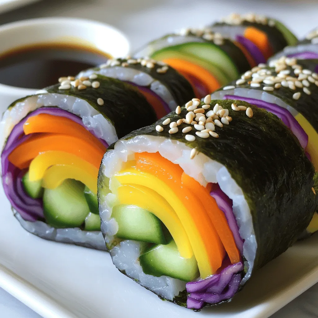 Für die Regenbogen Gemüse Sushi Rollen brauchst du frische und bunte Zutaten. Hier sind die Hauptzutaten: - 2 Tassen Sushi-Reis - 2 ½ Tassen Wasser - ¼ Tasse Reisessig - 1 Esslöffel Zucker - 1 Teelöffel Salz - 4 Blätter Nori (Seetang) - 1 kleine Karotte, in Julienne geschnitten - 1 Gurke, in Julienne geschnitten - 1 kleine Paprika (rot oder gelb), in Julienne geschnitten - 1 Avocado, in Scheiben geschnitten - ½ Tasse rote oder lila Kohl, dünn geschnitten - Sesamkörner zum Garnieren - Sojasauce, zum Dippen Diese Zutaten machen die Rollen bunt und gesund. Der Sushi-Reis gibt die Basis. Nori hält alles zusammen. Frisches Gemüse bringt Farbe und Vitamine. Um die Nährstoffe zu erhöhen, kannst du einige Extras hinzufügen. Hier sind Vorschläge: - Radieschen für einen frischen Geschmack - Spinat für mehr Eisen - Paprika in verschiedenen Farben für Antioxidantien - Zucchini für zusätzliche Textur Diese Ergänzungen sind nicht nur lecker, sondern auch gesund. Sie machen deine Sushi-Rollen noch bunter und nahrhafter. Die Wahl des richtigen Reis ist wichtig. Sushi-Reis ist klebrig und hat die beste Textur. Hier sind einige Optionen: - Kurzkörniger Reis ist ideal für Sushi. - Jasminreis hat einen tollen Duft, ist aber weniger klebrig. - Vollkornreis ist gesünder, hat aber eine andere Textur. Nutze für die besten Ergebnisse immer echten Sushi-Reis. Er sorgt für den perfekten Halt der Rollen. Die Auswahl des Reises beeinflusst den gesamten Geschmack deiner Sushi-Rollen. Wenn du mehr darüber wissen möchtest, schau dir das [Full Recipe](#) an. Um den perfekten Sushi-Reis zu machen, beginne mit 2 Tassen Sushi-Reis. Spüle den Reis unter kaltem Wasser, bis das Wasser klar ist. Das hilft, überschüssige Stärke zu entfernen. Lass den Reis gut abtropfen. Danach koche den Reis mit 2 ½ Tassen Wasser in einem Topf. Bringe das Wasser zum Kochen und reduziere die Hitze. Decke den Topf ab und lasse den Reis etwa 20 Minuten köcheln, bis er weich ist. In der Zwischenzeit mische ¼ Tasse Reisessig, 1 Esslöffel Zucker und 1 Teelöffel Salz in einer kleinen Schüssel. Erhitze die Mischung leicht, bis sich Zucker und Salz auflösen. Lass die Mischung dann abkühlen. Sobald der Reis fertig ist, fülle ihn in eine große Schüssel. Füge die abgekühlte Essigmischung hinzu und hebe sie vorsichtig unter. Lass den Reis auf Raumtemperatur abkühlen. Jetzt geht es ans Füllen und Rollen. Lege eine Bambus-Sushi-Matte auf deine Arbeitsfläche. Platziere ein Blatt Nori mit der glänzenden Seite nach unten auf die Matte. Befeuchte deine Hände mit Wasser, um klebrige Finger zu vermeiden. Nimm etwa ½ Tasse Sushi-Reis und verteile ihn gleichmäßig über das Nori. Lass oben einen 2,5 cm breiten Rand frei. Jetzt kommt die Füllung! Lege eine Linie der Karotte, Gurke, Paprika, Avocado und dem lila Kohl waagrecht in die Mitte des Reis. Hebe vorsichtig die nächste Kante der Matte an und rolle sie über die Füllung. Übe dabei sanften, aber festen Druck aus. Rolle weiter, bis du den Rand des Noris erreichst. Befeuchte die Kante des Noris leicht mit Wasser, um die Rolle zu verschließen. Wiederhole diesen Schritt mit den restlichen Zutaten. Um die Sushi-Rollen in Stücke zu schneiden, benutze ein scharfes Messer. Schneide jede Rolle in 6 bis 8 Stücke. Wische das Messer zwischen den Schnitten mit einem feuchten Tuch ab. Das hält die Schnitte sauber und macht die Stücke schöner. Um sie noch ansprechender zu machen, bestreue die Stücke mit Sesamkörnern. Jetzt sind deine Regenbogen Gemüse Sushi Rollen bereit zum Servieren! Für die vollständige Anleitung, schau dir das [Full Recipe] an. Um perfekten Sushi-Reis zu kochen, spüle zuerst den Reis gut ab. Das entfernt die Stärke. Danach mische den Reis mit Wasser in einem Topf. Bring das Wasser zum Kochen, dann decke den Topf ab. Reduziere die Hitze auf niedrig und lasse den Reis etwa 20 Minuten köcheln. So wird er weich und körnig. Wenn der Reis fertig ist, lasse ihn etwas abkühlen. Mische dann Reisessig, Zucker und Salz an. Diese Mischung gibt dem Reis den typischen Geschmack. Ein häufiger Fehler ist, zu viel Füllung zu nehmen. Das macht das Rollen schwer. Achte darauf, die Füllung gleichmäßig zu verteilen. Lass auch einen kleinen Rand am Nori. Wenn du zu fest rollst, kann die Rolle zerdrückt werden. Rolle lieber sanft, aber bestimmt. Feuchte die Kante des Nori mit Wasser an, um sie zu schließen. Das hilft, die Rolle zusammenzuhalten. Eine Bambus-Sushi-Matte macht das Rollen einfacher. Sie hilft, die Rolle gleichmäßig zu formen. Ein scharfes Messer ist wichtig, um die Stücke sauber zu schneiden. Wische das Messer zwischen den Schnitten ab, damit die Stücke gut aussehen. Auch eine kleine Schüssel mit Wasser für deine Hände ist nützlich. So bleibt der Reis nicht kleben. Mit diesen Hilfsmitteln wird das Sushi-Rollen zum Kinderspiel. Für die vollständige Anleitung, sieh dir das [Full Recipe] an. {{image_4}} Regenbogen Gemüse Sushi Rollen sind perfekt für Vegetarier und Veganer. Du kannst die Füllungen leicht anpassen. Statt Fisch kannst du mehr Gemüse verwenden. Probiere Zucchini, Radieschen oder sogar Mangostreifen für eine süße Note. Diese Optionen sind nicht nur bunt, sondern auch gesund. Verleihe deinen Sushi-Rollen einen besonderen Twist. Füge frische Kräuter wie Basilikum oder Koriander hinzu. Diese Kräuter bringen einen frischen Geschmack. Du kannst auch gebratene Tofu-Würfel verwenden. Sie bieten eine tolle Textur und Protein. Experimentiere mit verschiedenen Kombinationen. Je mehr Farben, desto schöner wird das Gericht. Wenn du Gluten meiden möchtest, gibt es tolle Alternativen. Verwende glutenfreien Reis oder spezielle Nori-Blätter. Viele Marken bieten glutenfreie Optionen. Achte darauf, die Sojasauce zu ersetzen. Nutze Tamari oder Kokosnuss-Aminos als Dip. So bleibt dein Sushi lecker und gesund. Probier diese Variationen aus und finde deine Lieblingskombination! Für das komplette Rezept schau dir die [Full Recipe] an. Um deine übrig gebliebenen Sushi-Rollen frisch zu halten, benutze einen luftdichten Behälter. Stelle sicher, dass der Behälter sauber und trocken ist. Lege ein leicht feuchtes Papiertuch zwischen die Rollen, um die Feuchtigkeit zu speichern. Dadurch bleibt der Reis weich und die Füllungen frisch. Vermeide es, die Rollen zu stapeln, damit sie nicht zerdrückt werden. Austrocknung kann deine Sushi-Rollen ungenießbar machen. Um das zu verhindern, kannst du die Rollen in Frischhaltefolie wickeln. Dies hält die Luft fern und bewahrt die Feuchtigkeit. Lagere sie im Kühlschrank, aber nicht länger als 24 Stunden. Wenn du die Sushi-Rollen aufwärmen möchtest, verwende eine Mikrowelle, aber nur kurz, um die Füllungen nicht zu kochen. Sushi-Reste sind am besten innerhalb von 24 Stunden zu essen. Nach dieser Zeit kann der Reis hart werden und die Füllungen verlieren ihren Geschmack. Wenn du die Reste länger aufbewahren willst, friere sie ein. Aber achte darauf, dass du die Sushi-Rollen gut verpackst, um Frostbrand zu vermeiden. So bleiben die Aromen auch nach dem Auftauen erhalten. Sushi-Rollen sind am besten frisch. Du kannst sie jedoch bis zu einem Tag im Kühlschrank aufbewahren. Achte darauf, sie in Frischhaltefolie zu wickeln. So bleiben sie feucht und frisch. Nach einem Tag können sie austrocknen und den Geschmack verlieren. Wenn du Reste hast, iss sie schnell. Ja, du kannst auch andere Blätter nutzen. Reispapier eignet sich gut. Es gibt auch Salatblätter wie Romana, die frisch sind. Wenn du kreativ sein willst, probiere Tortillas. Diese Optionen geben dir neue Geschmäcker und Texturen. Es gibt viele leckere Alternativen zu Sojasauce. Du kannst Erdnusssoße ausprobieren, die einen süßen und nussigen Geschmack hat. Eine scharfe Chili-Soße bringt Würze. Auch Sesamöl mit etwas Essig ist eine gute Wahl. Sei kreativ und finde deinen Favoriten! In diesem Blogbeitrag haben wir die Zutaten für Regenbogen Gemüse Sushi Rollen besprochen. Ich habe die besten Sushi-Reis Optionen und nützliche Tipps zum Rollen geteilt. Wir haben kreative Füllungen und wichtige Lagerungshinweise betrachtet. Sushi selbst zu machen ist einfach und macht Spaß. Experimentiere mit verschiedenen Zutaten und finde deinen eigenen Stil. So machst du jedes Mal leckere Sushi-Rollen. Es lohnt sich, kreativ zu sein und Neues auszuprobieren.