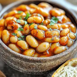 - 2 Dosen (je 425 g) Cannellini-Bohnen, abgetropft und gespült - 240 ml Ketchup - 60 ml Melasse Die Hauptzutaten sind einfach. Cannellini-Bohnen sind weich und cremig. Ketchup bringt Süße und Säure. Melasse gibt Tiefe und einen reichen Geschmack. - 1 Teelöffel geräuchertes Paprikapulver - 1 Teelöffel Knoblauchpulver - 15 ml Olivenöl Gewürze bringen das Gericht zum Leben. Geräuchertes Paprikapulver fügt einen tollen Rauchgeschmack hinzu. Knoblauchpulver gibt eine angenehme Würze. Olivenöl sorgt für eine schöne Textur. - Frische Petersilie, gehackt Die frische Petersilie macht dein Gericht bunt. Sie gibt einen frischen Geschmack. Streue sie einfach über die Bohnen vor dem Servieren. Mit diesen Zutaten bereitest du köstliche selbstgemachte gebackene Bohnen in Minuten zu. Für das vollständige Rezept schau dir den [Full Recipe] an. - Bohnen abtropfen und spülen Nimm zwei Dosen Cannellini-Bohnen. Öffne die Dosen und gieße die Bohnen in ein Sieb. Spüle sie gut mit Wasser ab. So reduzierst du überschüssiges Salz und Konservierungsstoffe. - Zutaten vermengen Nimm eine Schüssel und füge Ketchup, Melasse, braunen Zucker, Apfelessig, geräuchertes Paprikapulver, Knoblauchpulver, Zwiebelpulver, Salz und Pfeffer hinzu. Mische alles gut. Du willst eine glatte Sauce ohne Klumpen. - Bohnen erwärmen Erhitze 15 ml Olivenöl in einem großen Topf bei mittlerer Hitze. Gib die Bohnen in den Topf. Rühre vorsichtig um, damit sie gleichmäßig warm werden. - Sauce zubereiten Gieße die vorbereitete Sauce über die Bohnen. Rühre gut um, bis die Bohnen vollständig bedeckt sind. - Köcheln und abschmecken Bringe die Mischung zum Köcheln. Reduziere dann die Hitze auf niedrig. Decke den Topf ab und lasse die Bohnen 10-15 Minuten köcheln. Rühre gelegentlich um, um ein Anbrennen zu vermeiden. Schmecke die Bohnen ab. Füge nach Bedarf mehr Salz oder Pfeffer hinzu. - Servieren Wenn die Bohnen heiß sind, nimm den Topf vom Herd. Lasse sie 2-3 Minuten ruhen, damit die Sauce eindickt. Serviere die Bohnen in einer rustikalen Schüssel und garniere sie mit frischer, gehackter Petersilie. Genieß deine köstlichen gebackenen Bohnen! Um Zeit zu sparen, optimiere deine Vorbereitungszeit. Du kannst die Bohnen abtropfen und spülen, während das Öl erhitzt. So machst du zwei Schritte gleichzeitig. Bereite die Sauce in einer separaten Schüssel vor. Wenn du die Zutaten im Voraus vorbereitest, wird das Kochen schneller und einfacher. Du kannst die Bohnen und Sauce einen Tag vorher zubereiten. Dann musst du nur noch alles warm machen. Füge zusätzliche Gewürze hinzu, um den Geschmack zu verbessern. Probiere zum Beispiel einen Hauch von Kreuzkümmel oder Chili für mehr Schärfe. Experimentiere mit sauer-süßen Aromen, indem du etwas Honig oder Ahornsirup hinzufügst. Diese kleinen Änderungen können den Geschmack deiner Bohnen stark verändern. Ich empfehle, beim Kochen zu probieren, um die perfekte Mischung zu finden. Eine ansprechende Serviermethode kann dein Gericht aufwerten. Serviere die gebackenen Bohnen in einer rustikalen Schüssel. Das sieht gut aus und macht Lust auf mehr. Garnieren für die Optik ist ebenfalls wichtig. Streue frische, gehackte Petersilie darüber. So erhält dein Gericht Farbe und Frische. Ein Stück knuspriges Brot zum Dippen macht das Essen noch besser. {{image_4}} Für eine leckere, vegetarische Version der gebackenen Bohnen, kannst du alternative Bohnen verwenden. Kidneybohnen oder schwarze Bohnen sind gute Optionen. Diese Bohnen haben ihren eigenen Geschmack und passen gut zur Sauce. Ein weiterer Tipp ist, Gemüse hinzuzufügen. Zwiebeln und Paprika bringen mehr Farbe und Geschmack. Du kannst sie in Würfel schneiden und in Olivenöl anbraten. Dann gib die Bohnen und die Sauce dazu. Möchtest du etwas mehr Schwung in deine Bohnen bringen? Füge Chili oder Pfeffer hinzu. Das gibt den Bohnen einen schönen Kick. Du kannst frische Chilis oder einfach etwas Cayennepfeffer verwenden. Außerdem kannst du geräuchertes Fleisch integrieren. Ein Stück Speck oder Schinken kann den Bohnen einen tollen, herzhaften Geschmack geben. Brate das Fleisch zuerst an, bevor du die Bohnen hinzufügst. Es ist immer eine gute Idee, die Zutaten je nach Saison zu ändern. Im Sommer kannst du frische Kräuter wie Basilikum oder Thymian hinzufügen. Im Winter passen warme Gewürze wie Zimt oder Muskatnuss gut. Du kannst auch die Sauce und Gewürze variieren. Füge Honig für eine süßere Note hinzu oder verwende BBQ-Sauce für einen rauchigen Geschmack. So bleiben deine gebackenen Bohnen immer spannend und neu. - Kühlschrank: Wie lange halten sie? Du kannst die gebackenen Bohnen bis zu fünf Tage im Kühlschrank aufbewahren. Achte darauf, sie in einem luftdichten Behälter zu lagern. - Einfrieren: Tipps für die Lagerung Wenn du sie länger aufbewahren möchtest, friere sie in Portionen ein. Verwende gefrierfeste Behälter oder Beutel. So bleiben sie bis zu drei Monate frisch. - Beste Methoden zum Aufwärmen Erhitze die Bohnen auf dem Herd bei mittlerer Hitze. Rühre sie oft um. Du kannst auch die Mikrowelle nutzen. Stelle die Bohnen in eine mikrowellengeeignete Schüssel und decke sie ab. - Wie du die Konsistenz bewahrst Füge etwas Wasser oder Brühe hinzu, wenn die Bohnen zu dick werden. So bleiben sie cremig und lecker. - Rezepte, um Reste zu verwenden Du kannst die Bohnen in einem Eintopf verwenden oder mit Reis kombinieren. Sie passen gut in Burritos oder als Füllung für Nachos. - Kombinationen mit anderen Gerichten Serviere die Bohnen als Beilage zu Grillfleisch oder auf einem Burger. Sie sind auch köstlich zu einem frischen Salat. Die Gesamtzeit für das Gericht beträgt nur 20 Minuten. Die Vorbereitungszeit ist 5 Minuten. Die Kochzeit dauert etwa 15 Minuten. Diese schnelle Zubereitungszeit macht das Gericht ideal für einen schnellen Snack oder als Beilage. Ja, du kannst die Bohnen im Voraus zubereiten. Du kannst sie in einem luftdichten Behälter im Kühlschrank aufbewahren. Sie bleiben dort bis zu 5 Tage frisch. Wenn du sie aufwärmen möchtest, nutze eine Pfanne oder die Mikrowelle. Stelle sicher, dass du etwas Wasser hinzufügst, um die Bohnen saftig zu halten. Du kannst verschiedene Bohnensorten verwenden. Schwarze Bohnen geben einen anderen Geschmack. Kidneybohnen sind ebenfalls eine gute Wahl. Weiße Bohnen oder Pinto-Bohnen funktionieren auch gut. Experimentiere mit verschiedenen Sorten, um neue Aromen zu entdecken. Diese Anleitung zeigt dir, wie du ein einfaches Bohnenrezept zubereitest. Wir haben die Zutaten, wie Cannellini-Bohnen und Ketchup, besprochen. Du hast gelernt, wie du die Bohnen vorbereitest und die Sauce kochst. Denke daran, mit verschiedenen Gewürzen zu experimentieren, um den Geschmack zu verbessern. Nutze die Tipps, um Zeit zu sparen und deine Speisen ansprechend zu präsentieren. Mit den Variationen kannst du das Rezept nach deinem Geschmack anpassen. Viel Spaß beim Kochen und Ausprobieren!