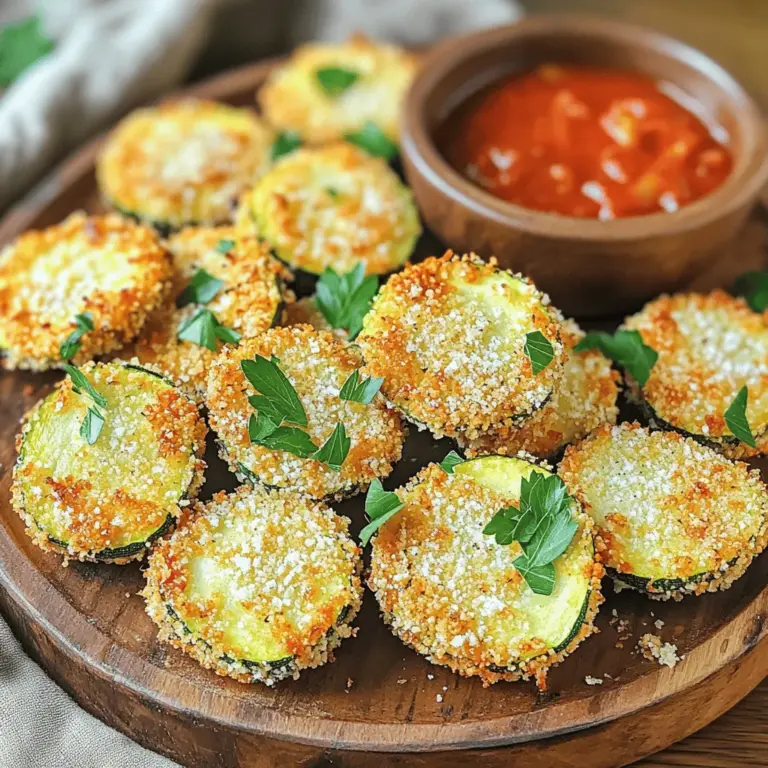 Um die perfekten Zucchini-Parmesan-Häppchen zu machen, brauchst du einige Hauptzutaten. Hier ist die Liste: - 2 mittelgroße Zucchini, in 1,5 cm dicke Scheiben geschnitten - 1 Tasse Semmelbrösel (am besten Panko für extra Knusprigkeit) - ½ Tasse geriebener Parmesan - 1 Teelöffel Knoblauchpulver - 1 Teelöffel getrocknete italienische Kräuter (Oregano, Thymian, Basilikum) - 1 großes Ei, verquirlt - Salz und Pfeffer nach Geschmack - Olivenölspray Diese Zutaten bringen den Geschmack und die Textur, die du suchst. Die Zucchini ist frisch und leicht, während der Parmesan einen herzhaften Biss gibt. Du kannst die Zutaten nach deinem Geschmack anpassen. Hier sind einige Ideen: - Verwende andere Käsesorten wie Mozzarella oder Pecorino. - Probiere glutenfreie Semmelbrösel für eine glutenfreie Variante. - Füge scharfen Paprika oder Cayennepfeffer für einen extra Kick hinzu. Diese Alternativen machen das Rezept vielseitig und anpassbar. Du kannst so deine eigenen Geschmäcker einbringen. Die Wahl der Semmelbrösel ist wichtig für die Knusprigkeit deiner Häppchen. Panko ist leicht und luftig. Es gibt den Häppchen eine bessere Textur. Normale Semmelbrösel können zu dicht sein und weniger knusprig werden. Wenn du die richtigen Semmelbrösel wählst, kannst du sicherstellen, dass deine Zucchini-Parmesan-Häppchen perfekt knusprig und lecker werden. Achte darauf, sie gleichmäßig zu verwenden, damit sie schön haften. Um die Heißluftfritteuse vorzubereiten, stelle sicher, dass sie sauber ist. Heize die Heißluftfritteuse auf 200 °C (400 °F) vor. Diese Temperatur sorgt für eine knusprige Textur der Zucchini-Häppchen. Wenn du die Heißluftfritteuse vorheizt, wird die Garzeit kürzer und die Häppchen werden gleichmäßiger gar. Jetzt ist es Zeit, die Zucchini-Scheiben zu panieren. Nimm die geschnittenen Zucchini und tauche jede Scheibe in das verquirlte Ei. Achte darauf, dass die Scheiben gut bedeckt sind. Danach wälze sie in der Semmelbröselmischung. Drücke leicht, damit die Panade gut haftet. Diese Schritte sorgen dafür, dass die Zucchini beim Frittieren schön knusprig wird. Lege die panierten Zucchini-Häppchen in einer einzigen Schicht in den Korb der Heißluftfritteuse. Besprühe sie leicht mit Olivenöl, um die Knusprigkeit zu erhöhen. Frittier die Häppchen für etwa 10-12 Minuten. Schüttle den Korb einmal während des Kochens, damit sie gleichmäßig braun werden. Nach der Zeit sind die Zucchini-Häppchen goldbraun und bereit zum Servieren. Wenn du die Zucchini-Häppchen nach dem Frittieren kurz abkühlen lässt, behalten sie ihre Form. Diese kleinen Snacks sind perfekt für eine gesellige Runde oder einfach zum Naschen. Du kannst das Rezept für mehr Details im Full Recipe nachlesen. Um die Zucchini-Häppchen knusprig zu bekommen, sollten Sie ein paar einfache Tipps beachten. Nutzen Sie Panko-Semmelbrösel, sie geben mehr Knusprigkeit. Achten Sie darauf, dass die Zucchini-Scheiben gleichmäßig dick sind. So garen sie gleichmäßig. Besprühen Sie die Häppchen vor dem Frittieren leicht mit Olivenöl. Das Öl hilft, die Oberfläche knusprig zu machen. Schütteln Sie den Korb während des Kochens. Das sorgt dafür, dass die Luft gut zirkuliert. Variieren Sie die Gewürze, um neue Geschmäcker zu entdecken. Fügen Sie Paprikapulver oder Cayennepfeffer für eine scharfe Note hinzu. Frische Kräuter wie Petersilie oder Schnittlauch geben einen frischen Geschmack. Sie können auch Käse wie Mozzarella verwenden. Das ergibt eine cremigere Füllung. Für eine noch gesündere Option probieren Sie Vollkorn-Semmelbrösel. Das gibt zusätzlichen Nährwert. Ein häufiger Fehler ist, die Zucchini nicht gut abzutrocknen. Feuchtigkeit verhindert die Knusprigkeit. Stellen Sie sicher, dass die Scheiben nach dem Waschen trocken sind. Ein weiterer Fehler ist das Überladen des Frittierkorbs. Lassen Sie genug Platz zwischen den Häppchen. Auch wenn Sie die Temperatur nicht richtig einstellen, kann dies die Ergebnisse beeinflussen. Halten Sie sich an 200 °C für die besten Ergebnisse. Wenn die Häppchen nicht goldbraun sind, frittieren Sie sie länger. Prüfen Sie sie regelmäßig. Für die vollständige Zubereitung lesen Sie das Full Recipe. {{image_4}} Für eine vegane Version der Zucchini-Häppchen kann man das Ei einfach ersetzen. Stattdessen nutze ich pflanzliche Milch mit etwas Mehl. Diese Mischung hilft, die Panade an den Zucchini zu halten. Verwende dann vegane Semmelbrösel und einen veganen Käseersatz. Das Ergebnis bleibt knusprig und lecker. Zucchini sind toll, aber auch andere Gemüse funktionieren gut. Du kannst Auberginen, Karotten oder sogar Blumenkohl verwenden. Schneide das Gemüse in Scheiben oder Stücke, die ähnlich wie Zucchini sind. Die Zubereitung bleibt gleich. Jede Gemüsesorte bringt ihren eigenen Geschmack mit. Experimentiere mit Gewürzen und Kräutern, um deinen Häppchen das gewisse Etwas zu geben. Füge Paprikapulver oder Cayennepfeffer für mehr Schärfe hinzu. Frische Kräuter wie Petersilie oder Schnittlauch passen ebenfalls gut. Mische sie einfach in die Semmelbrösel. So machst du deine Zucchini-Parmesan-Häppchen noch interessanter. Für die vollständige Rezeptanleitung, schau dir die [Full Recipe] an. Um die Zucchini-Parmesan-Häppchen frisch zu halten, lege sie in einen luftdichten Behälter. Achte darauf, dass die Häppchen vollständig abgekühlt sind, bevor du sie lagerst. So bleibt die Knusprigkeit besser erhalten. Stelle den Behälter in den Kühlschrank. So bleiben die Häppchen bis zu drei Tage genießbar. Um die Zucchini-Häppchen wieder knusprig zu machen, heize deine Heißluftfritteuse auf 180 °C (350 °F) vor. Lege die Häppchen in den Korb und frittiere sie für etwa fünf Minuten. So werden sie wieder warm und knusprig. Vermeide die Mikrowelle, denn sie macht die Häppchen weich. Im Kühlschrank halten die Zucchini-Häppchen bis zu drei Tage. Wenn du sie länger aufbewahren möchtest, friere sie ein. Lege die Häppchen in einen Gefrierbeutel und presse die Luft heraus. So halten sie sich bis zu drei Monate im Gefrierfach. Wenn du sie wieder aufwärmen möchtest, lasse sie zuerst im Kühlschrank auftauen, bevor du sie in der Heißluftfritteuse aufwärmst. Die Zubereitung der Zucchini-Häppchen dauert etwa 15 Minuten. Die Garzeit in der Heißluftfritteuse beträgt 10 bis 12 Minuten. Insgesamt sind Sie also in etwa 25 Minuten fertig. So schnell können Sie einen leckeren Snack zaubern! Ja, Sie können die Zucchini-Häppchen auch im Ofen zubereiten. Heizen Sie den Ofen auf 200 °C vor. Legen Sie die panierten Zucchini auf ein Backblech mit Backpapier. Backen Sie sie für etwa 20 bis 25 Minuten. Drehen Sie die Häppchen nach der Hälfte der Zeit um, damit sie gleichmäßig knusprig werden. Die beste Dipsauce für Zucchini-Häppchen ist marinara Sauce. Sie passt perfekt zu den knusprigen Häppchen. Sie können auch Knoblauchdip oder Joghurt-Dip ausprobieren. Diese Dips bringen den Geschmack der Zucchini noch mehr zur Geltung. Für das vollständige Rezept können Sie die Anleitung oben nachlesen. Zucchini-Parmesan-Häppchen sind einfach und lecker. Wir haben die besten Zutaten, die richtige Zubereitung und nützliche Tipps behandelt. Du kannst diese Häppchen anpassen, um neue Geschmäcker zu entdecken. Experimentiere mit Gewürzen oder anderen Gemüsesorten. Achte auf perfekte Lagerung, damit sie frisch bleiben. Mit diesen Informationen bist du bereit, köstliche Häppchen zu machen. Viel Spaß beim Ausprobieren!