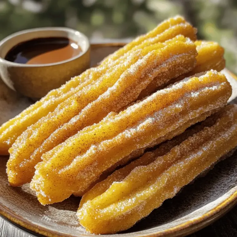 Um leckere Churros zu machen, brauchst du folgende Hauptzutaten: - 1 Tasse Wasser - 2 Esslöffel Kristallzucker - 1/2 Teelöffel Salz - 1/2 Tasse ungesalzene Butter - 1 Tasse Weizenmehl - 2 große Eier - 1 Teelöffel Vanilleextrakt Diese Zutaten bilden die Basis für den Teig. Jedes Element spielt eine wichtige Rolle. Das Wasser hilft, den Teig zu binden. Zucker macht den Teig süß und die Butter sorgt für einen reichen Geschmack. Für die perfekte Zimt-Zucker-Mischung benötigst du: - 1/4 Tasse Kristallzucker - 1 Esslöffel gemahlener Zimt Diese Mischung gibt den Churros ihren charakteristischen Geschmack. Der Zimt bringt Wärme und die Süße des Zuckers macht sie unwiderstehlich. Für das Frittieren empfehle ich: - Pflanzenöl - Erdnussöl Diese Öle sind ideal, da sie hohe Temperaturen gut halten. Sie verleihen den Churros eine goldene Farbe und eine knusprige Textur. Vermeide Öle mit starkem Eigengeschmack, da sie den feinen Churros-Geschmack überdecken könnten. Für das vollständige Rezept, schaue dir das [Full Recipe] an. Zuerst müssen wir den Teig für unsere Churros machen. Nimm einen mittelgroßen Topf. Füge 1 Tasse Wasser, 2 Esslöffel Zucker, 1/2 Teelöffel Salz und 1/2 Tasse Butter hinzu. Stelle den Topf auf mittlere Hitze. Warte, bis die Mischung kocht. Wenn das Wasser kocht, gib 1 Tasse Mehl auf einmal hinein. Rühre mit einem Holzlöffel kräftig. Der Teig wird schnell fest und löst sich von den Seiten. Das dauert etwa 1-2 Minuten. Nimm den Topf vom Herd und lass den Teig 5 Minuten abkühlen. Jetzt füge nacheinander 2 große Eier hinzu. Rühre gut um, bis jedes Ei eingearbeitet ist. Zum Schluss gib 1 Teelöffel Vanilleextrakt dazu. Rühre bis die Masse glatt und gleichmäßig ist. Jetzt kommt der aufregende Teil: Frittieren! Fülle den Churroteig in einen Spritzbeutel mit einer Sterntülle. Erhitze 2 Zoll Öl in einer tiefen Pfanne oder einem Topf. Die Temperatur sollte bei etwa 175°C liegen. Spritze lange Teigstreifen (ca. 15 cm) in das heiße Öl. Schneide die Teigstreifen mit einer Schere ab. Frittiere die Churros in Chargen. Sie sollten goldbraun sein, das dauert etwa 2-3 Minuten pro Seite. Wenn sie fertig sind, nimm sie mit einem Schaumlöffel heraus und lege sie auf Küchenpapier, damit sie abtropfen können. Um die Churros perfekt zu machen, wälzen wir sie in einer Zimt-Zucker-Mischung. In einer flachen Schüssel vermenge 1/4 Tasse Zucker und 1 Esslöffel gemahlenen Zimt. Nimm die warmen Churros und wälze sie in dieser Mischung. Mache das, während sie noch warm sind, dann bleibt der Zucker besser haften. Serviere die Churros sofort. So sind sie am besten! Wenn du sie später genießt, achte darauf, sie wieder etwas warm zu machen. Du wirst die süßen, knusprigen Churros lieben! Für das vollständige Rezept, schau dir die vollständige Anleitung an. Für perfekte Churros beachte einige einfache Tipps. Stelle sicher, dass das Öl heiß genug ist. Du kannst dies testen, indem du ein kleines Stück Teig hineinwirfst. Es sollte sofort aufsteigen. Die Form der Churros ist wichtig. Spritze sie gleichmäßig und in einer Linie. Das sorgt für eine schöne Form. Wälze sie sofort nach dem Frittieren in der Zimt-Zucker-Mischung. So bleibt der Zucker besser haften. Achte darauf, den Teig nicht zu lange zu rühren. Er sollte glatt sein, aber nicht zu flüssig. Wenn du die Churros frittierst, mache es in kleinen Chargen. Überfülle die Pfanne nicht. So wird das Öl nicht zu kalt und die Churros werden nicht fettig. Lass die Churros nicht zu lange im Öl. Wenn sie goldbraun sind, nimm sie sofort heraus. Für die Zubereitung von Churros benötigst du einige Geräte. Ein mittelgroßer Topf ist wichtig, um den Teig zu kochen. Ein Holzlöffel hilft dir beim Rühren. Du brauchst auch einen Spritzbeutel mit einer Sterntülle für die Form. Eine tiefe Pfanne oder ein Topf ist nötig, um die Churros zu frittieren. Ein Schaumlöffel ist hilfreich, um die Churros herauszunehmen. Küchenpapier ist wichtig, um überschüssiges Öl abtropfen zu lassen. Diese Geräte helfen dir, die besten Churros zu machen. Wenn du die Tipps und Tricks beachtest und das [Full Recipe] befolgst, gelingt dir ein köstliches Ergebnis! {{image_4}} Churros sind nicht nur lecker, sie lassen sich auch füllen! Du kannst sie mit verschiedenen Süßigkeiten füllen. Beliebte Füllungen sind Schokolade, Vanillepudding oder sogar frische Früchte. Um gefüllte Churros zu machen, spritze den Teig wie gewohnt. Frittiere sie dann, bis sie goldbraun sind. Lass sie kurz abkühlen, bevor du mit einer Spritze die Füllung hineingibst. Das sorgt für eine süße Überraschung! Eine gute Dipping-Sauce macht Churros noch besser. Du kannst Schokoladensauce, Karamell oder Erdbeersoße verwenden. Für eine einfache Schokoladensauce schmelze dunkle Schokolade und mische sie mit Sahne. Für Karamell kannst du Zucker langsam erhitzen, bis er goldbraun wird und dann Sahne hinzufügen. Diese Saucen passen perfekt zu den warmen Churros und machen sie zu einem echten Genuss! Wenn du vegan oder glutenfrei essen möchtest, gibt es tolle Alternativen. Für vegane Churros kannst du die Eier durch Apfelmus oder Leinsamen ersetzen. Verwende pflanzliche Butter für den Teig. Glutenfreie Churros gelingen mit glutenfreiem Mehl. Achte darauf, dass auch die Frittieröle für deine Diät geeignet sind. So kannst du alle in den Genuss dieser Leckerei kommen! Für das komplette Rezept schau dir [Full Recipe] an. Um Churros frisch zu halten, lagere sie in einem luftdichten Behälter. Dies verhindert, dass sie weich werden. Wenn du keine Box hast, benutze Frischhaltefolie. Wickele die Churros fest ein, um die Feuchtigkeit zu reduzieren. Stelle sicher, dass sie vollständig abgekühlt sind, bevor du sie lagerst. So bleiben sie knusprig und lecker. Churros schmecken am besten frisch. Wenn du sie aufwärmen möchtest, benutze den Ofen. Heize den Ofen auf 180°C vor. Lege die Churros auf ein Backblech und backe sie für etwa 5 Minuten. Das macht sie wieder knusprig. Du kannst auch eine Mikrowelle verwenden, aber sie werden nicht so knusprig. Erwärme sie in kurzen Intervallen von 10 Sekunden. Churros bleiben in einem luftdichten Behälter etwa 2-3 Tage frisch. Nach dieser Zeit können sie weich werden. Wenn du sie länger aufbewahren möchtest, friere sie ein. So bleiben sie bis zu einem Monat haltbar. Zum Auftauen einfach über Nacht im Kühlschrank lassen. Dann kannst du sie im Ofen wieder aufwärmen. Die Zubereitung von Churros dauert insgesamt etwa 30 Minuten. Die Vorbereitungszeit liegt bei 15 Minuten. Das Frittieren dauert etwa 15 Minuten. Wenn du alles gut vorbereitet hast, geht es schnell. Ja, du kannst Churros im Voraus machen. Bereite den Teig vor und spritze ihn in Streifen. Du kannst sie dann einfrieren. Frittieren kannst du sie später frisch. So bleiben sie knusprig und lecker. Du kannst auch Kokosöl oder Erdnussöl nutzen. Diese Öle haben einen hohen Rauchpunkt und sind gut zum Frittieren. Achte darauf, dass das Öl heiß genug ist. So gelingen die Churros perfekt. Churros sind einfach und lecker. Wir haben die besten Zutaten und die Schritte durchgearbeitet. Du weißt jetzt, wie du perfekten Teig machst und richtig frittierst. Du kennst auch Tipps, um Fehler zu vermeiden und diverse Variationen zu probieren. Denke daran, wie wichtig die richtige Lagerung ist. Wenn du alles berücksichtigst, wirst du viele Freude daran haben. Mach es dir schmackhaft und teile deine Churros mit anderen!