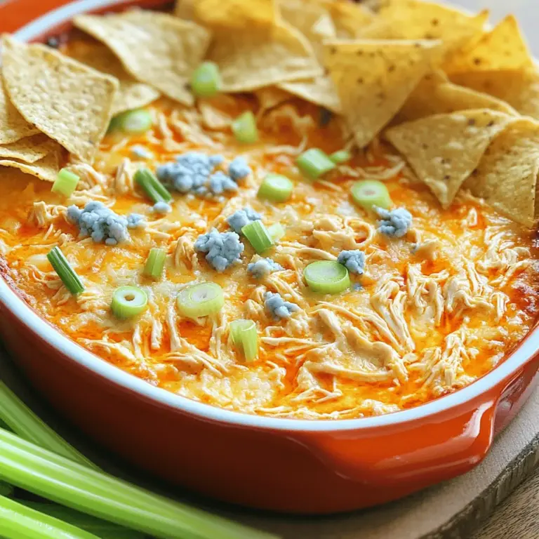 Für einen köstlichen Buffalo Chicken Dip, benötigst du einige Hauptzutaten. Diese sind einfach zu finden und machen den Dip lecker: - 2 Tassen zerrupftes gekochtes Hähnchen - 1 Paket (225 g) Frischkäse, auf Zimmertemperatur gebracht - 1 Tasse geriebener scharfer Cheddar-Käse - 1/2 Tasse Buffalo-Sauce (nach Geschmack anpassen) - 1/2 Tasse Ranch-Dressing - 1/4 Tasse gehackte Frühlingszwiebeln - 1/4 Tasse zerbröckelter Blauschimmelkäse (optional) - Tortilla-Chips oder Selleriesticks zum Servieren Du kannst den Dip nach deinem Geschmack anpassen. Hier sind einige zusätzliche Zutaten, die du ausprobieren kannst: - Gehackte Paprika für mehr Crunch - Gehackte Jalapeños für extra Schärfe - Frische Kräuter wie Petersilie oder Koriander für mehr Frische - Frisch geriebener Parmesan für einen anderen Käsegeschmack Jede dieser Zutaten bringt einen neuen Twist in deinen Dip. Sei kreativ und finde deinen Favoriten! Beim Kauf der Zutaten, achte auf Qualität. Hier sind einige Tipps: - Wähle frisches Hähnchen. Gekochtes Hähnchen aus der eigenen Küche schmeckt besser. - Der Frischkäse sollte weich und cremig sein. So lässt er sich besser vermischen. - Achte auf die Buffalo-Sauce. Such dir eine aus, die dir gut schmeckt. - Bei Käse, greife zu hochwertigem Cheddar. Er gibt dem Dip einen tollen Geschmack. Mit diesen Tipps wird dein Buffalo Chicken Dip ein Hit auf jeder Party! Für das komplette Rezept, schau dir den [Full Recipe] an. Um Buffalo Chicken Dip einfach zuzubereiten, fangen Sie mit der Vorbereitung an. Stellen Sie alle Zutaten bereit. Sie brauchen: - 2 Tassen zerrupftes gekochtes Hähnchen - 1 Paket (225 g) Frischkäse, auf Zimmertemperatur gebracht - 1 Tasse geriebener scharfer Cheddar-Käse - 1/2 Tasse Buffalo-Sauce - 1/2 Tasse Ranch-Dressing - 1/4 Tasse gehackte Frühlingszwiebeln - 1/4 Tasse zerbröckelter Blauschimmelkäse (optional) - Tortilla-Chips oder Selleriesticks zum Servieren Heizen Sie Ihren Ofen auf 175 °C vor. So ist er bereit, wenn der Dip fertig ist. Nehmen Sie eine große Rührschüssel. Geben Sie den Frischkäse und die Buffalo-Sauce hinein. Mischen Sie beides gut. Ein Mixer macht das leicht, aber ein Löffel geht auch. Die Mischung sollte cremig und glatt sein. Fügen Sie nun das zerrupfte Hähnchen, das Ranch-Dressing und den geriebenen Cheddar-Käse hinzu. Rühren Sie vorsichtig um, bis alles gut vermischt ist. Wenn Sie möchten, geben Sie den zerbröckelten Blauschimmelkäse und die Hälfte der gehackten Frühlingszwiebeln dazu. Das gibt extra Geschmack. Übertragen Sie die Mischung in eine Auflaufform. Verteilen Sie sie gleichmäßig. Stellen Sie die Form in den vorgeheizten Ofen. Backen Sie den Dip für 20-25 Minuten. Er ist fertig, wenn er blubbert und die Ränder goldbraun sind. Nehmen Sie die Form heraus und streuen Sie die restlichen gehackten Frühlingszwiebeln darüber. Servieren Sie den Dip warm mit Tortilla-Chips oder Selleriesticks. So können Sie ihn genießen! Für das komplette Rezept, schauen Sie in den Abschnitt "Full Recipe". Ein häufiger Fehler ist, den Frischkäse nicht weich genug zu machen. Wenn er kalt ist, lässt er sich schwer mischen. Lassen Sie ihn also immer auf Raumtemperatur. Ein weiterer Fehler ist, zu viel Buffalo-Sauce hinzuzufügen. Fangen Sie mit weniger an und probieren Sie danach. Es ist einfacher, mehr hinzuzufügen, als es zu ändern. Die perfekte Konsistenz ist cremig und glatt. Um das zu erreichen, mischen Sie den Frischkäse gut mit der Buffalo-Sauce. Wenn die Mischung zu dick ist, können Sie etwas Ranch-Dressing hinzufügen. Das macht den Dip noch cremiger und leckerer. Achten Sie darauf, die Zutaten gut zu vermengen, damit jede Bissen köstlich schmeckt. Jeder hat einen anderen Geschmack. Wenn Sie es milder mögen, verwenden Sie weniger scharfe Buffalo-Sauce. Sie können auch mehr Ranch-Dressing hinzufügen, um die Schärfe zu reduzieren. Für mehr Kick fügen Sie gehackte Jalapeños oder einen Spritzer Zitronensaft hinzu. Experimentieren Sie, bis Sie Ihre perfekte Mischung finden. Dieses Rezept ist sehr anpassbar und macht Spaß zu variieren. Für die vollständige Anleitung zur Zubereitung schauen Sie sich das [Full Recipe] an. {{image_4}} Buffalo Chicken Dip kann auf verschiedene Arten scharf gemacht werden. Wenn du es mild magst, benutze weniger Buffalo-Sauce. Füge einen Teelöffel Honig hinzu, um die Schärfe etwas zu mildern. Für mehr Hitze, wähle eine schärfere Sauce oder füge frische Jalapeños hinzu. Diese Optionen bringen Vielfalt und passen zu jedem Geschmack. Du kannst Buffalo Chicken Dip auch vegan und glutenfrei machen. Ersetze das Hähnchen durch zerrupften Jackfruit oder Kichererbsen. Nutze veganen Frischkäse und ein pflanzliches Ranch-Dressing. Achte darauf, glutenfreie Chips zu wählen, um das Rezept für alle genießbar zu machen. Diese Varianten sind lecker und sehr nahrhaft. Es gibt viele Möglichkeiten, den Dip zu variieren. Füge Gemüse wie Paprika oder Spinat hinzu, um mehr Farbe und Nährstoffe zu bekommen. Du kannst auch verschiedene Käsesorten ausprobieren, wie Gouda oder Mozzarella. Experimentiere mit Kräutern wie Petersilie oder Dill, um neue Geschmacksrichtungen zu entdecken. Diese Kombinationen machen deinen Buffalo Chicken Dip einzigartig und spannend. Für das vollständige Rezept, siehe die [Full Recipe]. Um Reste von Buffalo Chicken Dip richtig zu lagern, verwende einen luftdichten Behälter. Stelle sicher, dass der Dip vollständig abgekühlt ist. Decke die Oberfläche mit Frischhaltefolie ab, bevor du den Deckel schließt. So bleibt der Dip frisch und lecker. Im Kühlschrank hält sich Buffalo Chicken Dip etwa 3-4 Tage. Achte darauf, den Dip nicht zu lange stehen zu lassen. Wenn du ihn einfrieren möchtest, kann er bis zu 3 Monate halten. Verwende einen gefrierfesten Behälter für die beste Qualität. Um den Dip wieder aufzuwärmen, nutze den Ofen oder die Mikrowelle. Im Ofen bei 175 °C dauert es etwa 15-20 Minuten. Rühre den Dip zwischendurch um, damit er gleichmäßig warm wird. In der Mikrowelle kannst du ihn in kurzen Intervallen von 30 Sekunden erwärmen. Prüfe regelmäßig die Temperatur. Genieße den Dip warm, damit der Geschmack voll zur Geltung kommt. Sie können Buffalo Chicken Dip bis zu zwei Tage im Voraus zubereiten. Lagern Sie ihn in einem luftdichten Behälter im Kühlschrank. Vor dem Servieren sollten Sie ihn einfach im Ofen aufwärmen. Dies hilft, die cremige Textur zu bewahren. Viele Menschen genießen den Dip auch kalt, aber warm schmeckt er besser. Ja, Sie können Buffalo Chicken Dip im Slow Cooker zubereiten. Mischen Sie alle Zutaten in der Schüssel des Slow Cookers. Stellen Sie ihn auf niedrige Hitze und lassen Sie alles etwa zwei Stunden köcheln. Rühren Sie gelegentlich um, damit nichts anbrennt. Dies ist eine großartige Methode, wenn Sie eine Party haben oder mehrere Gäste bewirten. Die besten Beilagen sind Tortilla-Chips oder Selleriesticks. Tortilla-Chips fügen eine knusprige Textur hinzu. Selleriesticks sind frisch und passen gut zu der würzigen Mischung. Sie können auch Karotten oder Gurken verwenden. Diese Optionen bieten einen schönen Kontrast zur Cremigkeit des Dips. Buffalo Chicken Dip ist einfach und lecker. Du hast die wichtigsten Zutaten für das Rezept kennengelernt. Die Schritt-für-Schritt-Anleitung zeigt, wie du ihn perfekt zubereitest. Mit Tipps und Tricks kannst du häufige Fehler vermeiden und den Geschmack anpassen. Die Variationen bieten Optionen für jeden. Denke daran, Reste richtig zu lagern, damit du länger Freude daran hast. Letztendlich ist dieser Dip ein Hit für jedes Treffen. Probiere es aus und genieße den vollmundigen Geschmack!