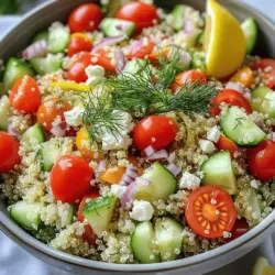 - Quinoa: Die Basis dieses Salats. Quinoa ist nahrhaft und hat einen tollen Geschmack. Verwende immer eine Tasse, die du gut abgespült hast. So entfernst du Bitterstoffe, die den Geschmack stören können. - Gemüse: Hier kommen die frischen Zutaten ins Spiel. Ich empfehle: - 1 Tasse Kirschtomaten, halbiert - 1 Gurke, gewürfelt - 1 rote Paprika, gewürfelt - 1/4 Tasse rote Zwiebel, fein gehackt - 1/4 Tasse frischer Dill, gehackt Jedes Gemüse bringt Farbe und Geschmack. Du kannst auch andere Sorten hinzufügen, die du magst. - Dressing-Zutaten: Das Dressing macht den Salat besonders. Du brauchst: - 3 Esslöffel Olivenöl - 2 Esslöffel Zitronensaft - Abrieb von 1 Zitrone - Salz und Pfeffer nach Geschmack Diese Zutaten sorgen für Frische und einen tollen Geschmack. Kombiniere sie gut, damit alles perfekt zusammenpasst. Für die vollständige Anleitung und mehr Details schau dir das [Full Recipe] an. - Spüle 1 Tasse Quinoa gut unter kaltem Wasser ab. So entfernst du Bitterstoffe. - Gib die Quinoa mit 2 Tassen Wasser oder Gemüsebrühe in einen mittelhohen Topf. - Bringe die Mischung bei mittlerer bis hoher Hitze zum Kochen. - Reduziere die Hitze, wenn das Wasser kocht. Decke den Topf ab und lasse die Quinoa 15 Minuten köcheln. - Nimm den Topf vom Herd und lasse die Quinoa 10 Minuten ruhen. - Verwende eine Gabel, um die Quinoa aufzulockern. - Schneide 1 Tasse Kirschtomaten in Hälften. - Würfle 1 Gurke und 1 rote Paprika. - Hacke 1/4 Tasse rote Zwiebel fein. - Schneide 1/4 Tasse frischen Dill. - Vermenge die abgekühlte Quinoa mit dem geschnittenen Gemüse in einer großen Schüssel. - Kombiniere 3 Esslöffel Olivenöl, 2 Esslöffel Zitronensaft und den Abrieb von 1 Zitrone in einer kleinen Schüssel. - Füge Salz und Pfeffer nach Geschmack hinzu. - Gieße das Dressing über den Salat und mische alles gut durch. - Wenn gewünscht, streue 1/4 Tasse zerbröckelten Feta-Käse über den Salat, bevor du ihn servierst. Für die vollständige Zubereitung empfehle ich, die [Full Recipe] zu lesen. Um Quinoa perfekt zu kochen, gibt es einige einfache Methoden. Zuerst spüle die Quinoa gut ab. Das entfernt Bitterstoffe. Verwende für zwei Tassen Wasser eine Tasse Quinoa. Das Verhältnis sorgt für die richtige Konsistenz. Koche die Quinoa in einem mittelhohen Topf. Bring das Wasser oder die Brühe zum Kochen. Reduziere die Hitze, wenn das Wasser kocht. Decke den Topf ab und lass die Quinoa 15 Minuten köcheln. So wird die Quinoa locker und zart. Nach dem Kochen lasse sie zehn Minuten ruhen. Dann lockere sie mit einer Gabel auf. Klumpige Quinoa ist oft ein Problem. Um das zu vermeiden, achte darauf, die Quinoa gut abzuspülen. Außerdem hilft das Auflockern nach dem Kochen. Du kannst den Zitronen-Dill-Quinoa-Salat nach deinem Geschmack anpassen. Füge andere Gemüse hinzu, wie Paprika oder Karotten. Das gibt mehr Farbe und Geschmack. Für eine vegane Option kannst du den Feta-Käse weglassen. Stattdessen benutze Avocado für eine cremige Note. Der Salat bleibt glutenfrei, da Quinoa kein Gluten enthält. Die Präsentation macht viel aus. Serviere den Salat in einer großen Schüssel. Garniere ihn mit frischem Dill und einem Zitronenschnitz. Das sieht nicht nur gut aus, sondern macht ihn auch einladend. Du kannst auch kleine Portionen in Gläsern anrichten. Das ist perfekt für Partys oder Picknicks. Serviere den Salat kalt oder bei Raumtemperatur. So bleibt er frisch und lecker. Für mehr Details, schaue dir das [Full Recipe] an. {{image_4}} Um den Zitronen-Dill-Quinoa-Salat frisch zu halten, wähle einen luftdichten Behälter. Ein Glasbehälter eignet sich gut, da er die Aromen bewahrt. Plastiktüten sind weniger ideal, da sie nicht so gut abschließen. Der Salat bleibt im Kühlschrank etwa drei bis fünf Tage frisch. Achte darauf, dass er gut abgedeckt ist, um Austrocknung zu vermeiden. Für Meal Prepping teile den Salat in Portionen auf. Verwende kleine Behälter, die sich gut stapeln lassen. So hast du immer eine gesunde Mahlzeit bereit. Um die Zubereitung zu beschleunigen, schneide das Gemüse im Voraus. Du kannst auch die Quinoa am Abend vorher kochen. So ist alles bereit, wenn du den Salat machen möchtest. Für eine schnelle Variante kannst du die Zutaten einfach in einer großen Schüssel vermengen und gleich servieren. Wenn du die vollständige Anleitung für das Rezept suchst, schau dir die [Full Recipe] an. Eine Portion Zitronen-Dill-Quinoa-Salat hat etwa 200 Kalorien. Die Nährstoffe sind gut verteilt. - Eiweiß: 6 g - Fett: 9 g - Kohlenhydrate: 24 g Dieser Salat ist nicht nur lecker, sondern auch nahrhaft. Er enthält wichtige Vitamine und Mineralstoffe. - Vitamin C: Unterstützt das Immunsystem. - Eisen: Wichtig für die Blutbildung. - Kalium: Hilft bei der Regulierung des Blutdrucks. Quinoa ist ein echtes Superfood. Es hat viele Vorteile. - Reich an Eiweiß: Quinoa enthält alle neun essenziellen Aminosäuren. - Glutenfrei: Ideal für Menschen mit Glutenunverträglichkeit. - Ballaststoffe: Fördert eine gesunde Verdauung. Frisches Gemüse hat ebenso viele Vorzüge. - Nährstoffreich: Gemüse liefert Vitamine und Antioxidantien. - Kalorienarm: Gut für eine ausgewogene Ernährung. - Vielfältig: Verschiedene Farben bringen verschiedene Nährstoffe. Wenn du diese Nahrungsmittel kombinierst, bekommst du eine gesunde und schmackhafte Mahlzeit. Um die genauen Nährwerte zu sehen, schaue dir die Full Recipe an. Zitronen-Dill-Quinoa-Salat bleibt im Kühlschrank etwa 3 bis 5 Tage frisch. Es ist wichtig, den Salat in einem luftdichten Behälter zu lagern. So bleibt der Geschmack erhalten und die Zutaten bleiben knackig. Achte darauf, den Salat vor dem Servieren gut durchzumischen. Ja, du kannst den Salat im Voraus zubereiten. Das macht das Essen einfach und schnell. Bereite die Quinoa und das Gemüse an einem Tag vor. Mische sie dann am Tag des Servierens mit dem Dressing. So bleibt alles frisch. Wenn du den Feta-Käse verwendest, füge ihn erst kurz vor dem Servieren hinzu. Ja, der Salat ist vegan, wenn du den Feta-Käse weglässt. Du kannst auch andere Käsealternativen wie pflanzlichen Feta verwenden. Dieser Salat ist gesund und voller Geschmack, auch ohne Käse. Wenn du etwas Cremiges möchtest, probiere Avocado oder einen veganen Joghurt. Du kannst viele Gemüsearten hinzufügen. Hier sind einige Vorschläge: - Avocado für Cremigkeit - Karotten für eine süße Note - Spinat oder Rucola für mehr Grün - Mais für einen süßen Crunch - Brokkoli für zusätzliche Nährstoffe Frischen Dill findest du in den meisten Supermärkten. Schau in der Gemüseabteilung oder bei den Kräutern. Du kannst auch lokale Bauernmärkte besuchen. Wenn du keinen frischen Dill findest, kannst du getrockneten Dill verwenden. Verwende dann weniger, da getrockneter Dill stärker ist. In diesem Artikel habe ich die Hauptzutaten für einen köstlichen Zitronen-Dill-Quinoa-Salat behandelt. Du hast erfahren, wie du die Quinoa richtig zubereitest und den Salat zusammenstellst. Tipps für Variationen und Lagerung haben dir weitere Optionen gegeben. Dieser Salat ist nicht nur einfach zuzubereiten, sondern auch gesund und lecker. Probiere ihn aus und entdecke die Vielfalt der Zutaten! So bringst du Farbe und Geschmack auf deinen Teller.