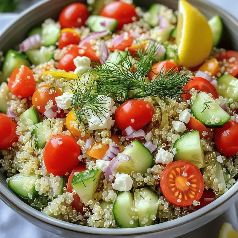- Quinoa: Die Basis dieses Salats. Quinoa ist nahrhaft und hat einen tollen Geschmack. Verwende immer eine Tasse, die du gut abgespült hast. So entfernst du Bitterstoffe, die den Geschmack stören können. - Gemüse: Hier kommen die frischen Zutaten ins Spiel. Ich empfehle: - 1 Tasse Kirschtomaten, halbiert - 1 Gurke, gewürfelt - 1 rote Paprika, gewürfelt - 1/4 Tasse rote Zwiebel, fein gehackt - 1/4 Tasse frischer Dill, gehackt Jedes Gemüse bringt Farbe und Geschmack. Du kannst auch andere Sorten hinzufügen, die du magst. - Dressing-Zutaten: Das Dressing macht den Salat besonders. Du brauchst: - 3 Esslöffel Olivenöl - 2 Esslöffel Zitronensaft - Abrieb von 1 Zitrone - Salz und Pfeffer nach Geschmack Diese Zutaten sorgen für Frische und einen tollen Geschmack. Kombiniere sie gut, damit alles perfekt zusammenpasst. Für die vollständige Anleitung und mehr Details schau dir das [Full Recipe] an. - Spüle 1 Tasse Quinoa gut unter kaltem Wasser ab. So entfernst du Bitterstoffe. - Gib die Quinoa mit 2 Tassen Wasser oder Gemüsebrühe in einen mittelhohen Topf. - Bringe die Mischung bei mittlerer bis hoher Hitze zum Kochen. - Reduziere die Hitze, wenn das Wasser kocht. Decke den Topf ab und lasse die Quinoa 15 Minuten köcheln. - Nimm den Topf vom Herd und lasse die Quinoa 10 Minuten ruhen. - Verwende eine Gabel, um die Quinoa aufzulockern. - Schneide 1 Tasse Kirschtomaten in Hälften. - Würfle 1 Gurke und 1 rote Paprika. - Hacke 1/4 Tasse rote Zwiebel fein. - Schneide 1/4 Tasse frischen Dill. - Vermenge die abgekühlte Quinoa mit dem geschnittenen Gemüse in einer großen Schüssel. - Kombiniere 3 Esslöffel Olivenöl, 2 Esslöffel Zitronensaft und den Abrieb von 1 Zitrone in einer kleinen Schüssel. - Füge Salz und Pfeffer nach Geschmack hinzu. - Gieße das Dressing über den Salat und mische alles gut durch. - Wenn gewünscht, streue 1/4 Tasse zerbröckelten Feta-Käse über den Salat, bevor du ihn servierst. Für die vollständige Zubereitung empfehle ich, die [Full Recipe] zu lesen. Um Quinoa perfekt zu kochen, gibt es einige einfache Methoden. Zuerst spüle die Quinoa gut ab. Das entfernt Bitterstoffe. Verwende für zwei Tassen Wasser eine Tasse Quinoa. Das Verhältnis sorgt für die richtige Konsistenz. Koche die Quinoa in einem mittelhohen Topf. Bring das Wasser oder die Brühe zum Kochen. Reduziere die Hitze, wenn das Wasser kocht. Decke den Topf ab und lass die Quinoa 15 Minuten köcheln. So wird die Quinoa locker und zart. Nach dem Kochen lasse sie zehn Minuten ruhen. Dann lockere sie mit einer Gabel auf. Klumpige Quinoa ist oft ein Problem. Um das zu vermeiden, achte darauf, die Quinoa gut abzuspülen. Außerdem hilft das Auflockern nach dem Kochen. Du kannst den Zitronen-Dill-Quinoa-Salat nach deinem Geschmack anpassen. Füge andere Gemüse hinzu, wie Paprika oder Karotten. Das gibt mehr Farbe und Geschmack. Für eine vegane Option kannst du den Feta-Käse weglassen. Stattdessen benutze Avocado für eine cremige Note. Der Salat bleibt glutenfrei, da Quinoa kein Gluten enthält. Die Präsentation macht viel aus. Serviere den Salat in einer großen Schüssel. Garniere ihn mit frischem Dill und einem Zitronenschnitz. Das sieht nicht nur gut aus, sondern macht ihn auch einladend. Du kannst auch kleine Portionen in Gläsern anrichten. Das ist perfekt für Partys oder Picknicks. Serviere den Salat kalt oder bei Raumtemperatur. So bleibt er frisch und lecker. Für mehr Details, schaue dir das [Full Recipe] an. {{image_4}} Um den Zitronen-Dill-Quinoa-Salat frisch zu halten, wähle einen luftdichten Behälter. Ein Glasbehälter eignet sich gut, da er die Aromen bewahrt. Plastiktüten sind weniger ideal, da sie nicht so gut abschließen. Der Salat bleibt im Kühlschrank etwa drei bis fünf Tage frisch. Achte darauf, dass er gut abgedeckt ist, um Austrocknung zu vermeiden. Für Meal Prepping teile den Salat in Portionen auf. Verwende kleine Behälter, die sich gut stapeln lassen. So hast du immer eine gesunde Mahlzeit bereit. Um die Zubereitung zu beschleunigen, schneide das Gemüse im Voraus. Du kannst auch die Quinoa am Abend vorher kochen. So ist alles bereit, wenn du den Salat machen möchtest. Für eine schnelle Variante kannst du die Zutaten einfach in einer großen Schüssel vermengen und gleich servieren. Wenn du die vollständige Anleitung für das Rezept suchst, schau dir die [Full Recipe] an. Eine Portion Zitronen-Dill-Quinoa-Salat hat etwa 200 Kalorien. Die Nährstoffe sind gut verteilt. - Eiweiß: 6 g - Fett: 9 g - Kohlenhydrate: 24 g Dieser Salat ist nicht nur lecker, sondern auch nahrhaft. Er enthält wichtige Vitamine und Mineralstoffe. - Vitamin C: Unterstützt das Immunsystem. - Eisen: Wichtig für die Blutbildung. - Kalium: Hilft bei der Regulierung des Blutdrucks. Quinoa ist ein echtes Superfood. Es hat viele Vorteile. - Reich an Eiweiß: Quinoa enthält alle neun essenziellen Aminosäuren. - Glutenfrei: Ideal für Menschen mit Glutenunverträglichkeit. - Ballaststoffe: Fördert eine gesunde Verdauung. Frisches Gemüse hat ebenso viele Vorzüge. - Nährstoffreich: Gemüse liefert Vitamine und Antioxidantien. - Kalorienarm: Gut für eine ausgewogene Ernährung. - Vielfältig: Verschiedene Farben bringen verschiedene Nährstoffe. Wenn du diese Nahrungsmittel kombinierst, bekommst du eine gesunde und schmackhafte Mahlzeit. Um die genauen Nährwerte zu sehen, schaue dir die Full Recipe an. Zitronen-Dill-Quinoa-Salat bleibt im Kühlschrank etwa 3 bis 5 Tage frisch. Es ist wichtig, den Salat in einem luftdichten Behälter zu lagern. So bleibt der Geschmack erhalten und die Zutaten bleiben knackig. Achte darauf, den Salat vor dem Servieren gut durchzumischen. Ja, du kannst den Salat im Voraus zubereiten. Das macht das Essen einfach und schnell. Bereite die Quinoa und das Gemüse an einem Tag vor. Mische sie dann am Tag des Servierens mit dem Dressing. So bleibt alles frisch. Wenn du den Feta-Käse verwendest, füge ihn erst kurz vor dem Servieren hinzu. Ja, der Salat ist vegan, wenn du den Feta-Käse weglässt. Du kannst auch andere Käsealternativen wie pflanzlichen Feta verwenden. Dieser Salat ist gesund und voller Geschmack, auch ohne Käse. Wenn du etwas Cremiges möchtest, probiere Avocado oder einen veganen Joghurt. Du kannst viele Gemüsearten hinzufügen. Hier sind einige Vorschläge: - Avocado für Cremigkeit - Karotten für eine süße Note - Spinat oder Rucola für mehr Grün - Mais für einen süßen Crunch - Brokkoli für zusätzliche Nährstoffe Frischen Dill findest du in den meisten Supermärkten. Schau in der Gemüseabteilung oder bei den Kräutern. Du kannst auch lokale Bauernmärkte besuchen. Wenn du keinen frischen Dill findest, kannst du getrockneten Dill verwenden. Verwende dann weniger, da getrockneter Dill stärker ist. In diesem Artikel habe ich die Hauptzutaten für einen köstlichen Zitronen-Dill-Quinoa-Salat behandelt. Du hast erfahren, wie du die Quinoa richtig zubereitest und den Salat zusammenstellst. Tipps für Variationen und Lagerung haben dir weitere Optionen gegeben. Dieser Salat ist nicht nur einfach zuzubereiten, sondern auch gesund und lecker. Probiere ihn aus und entdecke die Vielfalt der Zutaten! So bringst du Farbe und Geschmack auf deinen Teller.