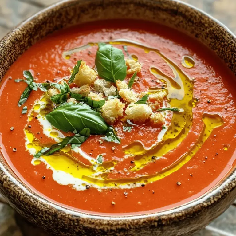 Um eine köstliche cremige Tomaten-Basilikum-Suppe zu machen, brauchst du einige wichtige Zutaten: - 2 Esslöffel Olivenöl - 1 mittlere Zwiebel, grob gehackt - 3 Knoblauchzehen, fein gehackt - 1 Dose (800 g) zerdrückte Tomaten - 500 ml Gemüsebrühe - 1 Teelöffel Zucker - 1 Teelöffel getrockneter Basilikum - 1/2 Teelöffel Salz - 1/4 Teelöffel schwarzer Pfeffer - 240 ml Schlagsahne (oder Kokosmilch für eine milchfreie Variante) - 1/4 Tasse frischer Basilikum, grob gehackt (plus extra für die Garnitur) - Croutons zum Bestreuen (optional) Diese Zutaten machen deine Suppe cremig und voller Geschmack. Die Tomaten und der Basilikum bringen frische und Tiefe. Du kannst die Suppe nach deinem Geschmack anpassen. Hier sind einige Optionen: - Eine Prise Cayennepfeffer für Schärfe - Frisches Gemüse wie Karotten oder Sellerie für mehr Textur - Parmesan oder Feta für einen herzhaften Kick Mit diesen Zutaten kannst du die Suppe spannender machen. Experimentiere ruhig, um deinen perfekten Geschmack zu finden. Frische Zutaten machen einen großen Unterschied. Hier sind einige Tipps: - Wähle reife Tomaten, wenn du frische verwendest. Sie haben mehr Geschmack. - Kaufe frischen Basilikum, der lebendig und grün ist. Vermeide welke Blätter. - Achte auf die Qualität des Olivenöls. Hochwertiges Öl verbessert den Geschmack. Mit diesen Tipps wählst du die besten Zutaten für deine cremige Tomaten-Basilikum-Suppe. Wenn du die besten Zutaten verwendest, wird deine Suppe noch besser schmecken. Schau dir das Rezept an, um alles zu sehen. Um die cremige Tomaten-Basilikum-Suppe zu machen, musst du zuerst die Zutaten vorbereiten. Du brauchst: - 2 Esslöffel Olivenöl - 1 mittlere Zwiebel, grob gehackt - 3 Knoblauchzehen, fein gehackt - 1 Dose (800 g) zerdrückte Tomaten - 500 ml Gemüsebrühe - 1 Teelöffel Zucker - 1 Teelöffel getrockneter Basilikum - 1/2 Teelöffel Salz - 1/4 Teelöffel schwarzer Pfeffer - 240 ml Schlagsahne (oder Kokosmilch) - 1/4 Tasse frischer Basilikum, grob gehackt - Croutons zum Bestreuen (optional) Stelle sicher, dass alle Zutaten bereit sind, bevor du mit dem Kochen beginnst. Das macht den Prozess schneller und einfacher. 1. Erhitze das Olivenöl in einem großen Topf bei mittlerer Hitze. 2. Füge die gehackte Zwiebel hinzu und brate sie etwa 5 Minuten lang, bis sie glasig wird. 3. Danach kommt der Knoblauch dazu. Gar ihn für 1 Minute, bis er duftet. 4. Jetzt gieße die zerdrückten Tomaten und die Gemüsebrühe in den Topf. Rühre Zucker, Basilikum, Salz und Pfeffer unter. 5. Lass die Mischung sanft köcheln. Das dauert etwa 20 Minuten. So kommen die Aromen gut zur Geltung. Nach dem Köcheln nimm den Topf vom Herd. Jetzt püriere die Suppe. Du kannst einen Stabmixer verwenden. Falls du keinen hast, fülle die Suppe vorsichtig in einen Standmixer. Püriere sie, bis sie glatt ist. Gib die pürierte Suppe zurück in den Topf. Rühre die Schlagsahne oder Kokosmilch ein, bis alles gut vermischt ist. Halte die Suppe bei niedriger Hitze warm, aber lass sie nicht kochen. Füge nun den frisch gehackten Basilikum hinzu. Rühre gut um und schmecke die Suppe ab. Nach Belieben nachwürzen. Serviere die Suppe heiß. Garniere sie mit extra Basilikumblättern und optional mit Croutons. Du kannst die vollständige Anleitung in meinem [Full Recipe] finden. Um die Suppe wirklich cremig zu machen, verwende frische Schlagsahne oder Kokosmilch. Diese Zutaten geben der Suppe die perfekte, samtige Konsistenz. Ein weiterer Trick ist, die Suppe gut zu pürieren. Verwende einen Stabmixer, um eine glatte Textur zu erreichen. Wenn du die Suppe in Chargen pürierst, sei vorsichtig. Lass genug Platz im Mixer, damit die Suppe nicht überläuft. Ein häufiger Fehler ist, die Zwiebeln nicht lange genug zu garen. Zwiebeln sollten glasig sein, bevor du den Knoblauch hinzufügst. Achte darauf, dass du die Suppe nicht zu lange kochen lässt, nachdem du die Sahne hinzugefügt hast. Zu langes Kochen kann die cremige Textur ruinieren. Auch das Überpürieren kann die Suppe wässrig machen. Püriere sie nur bis zur gewünschten Konsistenz. Füge den frischen Basilikum kurz vor dem Servieren hinzu. Dadurch bleibt der Geschmack frisch und intensiv. Wenn du ihn zu früh hinzufügst, verliert er sein Aroma. Du kannst auch etwas getrockneten Basilikum beim Kochen hinzufügen, um die Aromen zu verstärken. Das gibt den Tomaten eine schöne Tiefe. Für das beste Ergebnis, schau dir das [Full Recipe](#) an. {{image_4}} Um die Suppe vegan zu machen, ersetze die Schlagsahne durch Kokosmilch. Diese gibt der Suppe eine schöne Cremigkeit und einen milden Geschmack. Du kannst auch Hafercreme oder Sojasahne verwenden. Beide Optionen sind lecker und passen gut zu den Tomaten. Achte darauf, pflanzliche Brühe zu nutzen, um den Geschmack abzurunden. Die Hauptzutaten der Suppe sind schon glutenfrei. Achte jedoch darauf, dass deine Brühe und die Croutons glutenfrei sind, wenn du sie verwendest. Du kannst auch geröstete Nüsse oder Samen für eine knusprige Textur hinzufügen. Diese geben der Suppe einen zusätzlichen Biss und sind glutenfrei. Die Suppe ist eine tolle Basis für viele Aromen. Du kannst geröstete Paprika oder Karotten für mehr Süße hinzufügen. Für einen scharfen Kick verwende etwas rote Pfefferflocken oder frische Chilischoten. Auch ein Spritzer Zitronensaft kann die Aromen frisch und lebendig machen. Experimentiere mit Kräutern wie Thymian oder Oregano, um neue Geschmäcker zu entdecken. Wenn du mehr Inspiration brauchst, schau dir das Full Recipe an. Um die frisch zubereitete Suppe zu lagern, lasse sie zuerst abkühlen. Fülle sie dann in einen luftdichten Behälter. Du kannst die Suppe bis zu drei Tage im Kühlschrank aufbewahren. Vergiss nicht, sie vor dem Servieren gut umzurühren. Die Suppe lässt sich leicht wiedererwärmen. Du kannst sie auf dem Herd oder in der Mikrowelle erhitzen. Erhitze sie langsam, um die cremige Konsistenz zu bewahren. Rühre oft um, damit sie gleichmäßig warm wird. Füge bei Bedarf etwas Gemüsebrühe hinzu, wenn die Suppe zu dick wird. Die Suppe hält sich im Kühlschrank bis zu drei Tage. Wenn du mehr Zeit brauchst, kannst du sie auch einfrieren. Fülle die Suppe in Portionen in Gefrierbeutel oder -behälter. Sie bleibt bis zu drei Monate frisch. Wenn du die Reste verwendest, kannst du sie mit frischem Basilikum oder Croutons aufpeppen. So wird jede Portion zum Genuss! Du kannst die cremige Tomaten-Basilikum-Suppe bis zu fünf Tage im Kühlschrank aufbewahren. Stelle sicher, dass du die Suppe in einem luftdichten Behälter lagerst. Wenn du sie länger aufbewahren willst, ist das auch möglich. Ja, die Suppe lässt sich gut einfrieren. Fülle sie in gefriergeeignete Behälter und lasse etwas Platz für die Ausdehnung. Du kannst die Suppe bis zu drei Monate einfrieren. Um sie aufzutauen, lege sie einfach über Nacht in den Kühlschrank. Es gibt viele tolle Beilagen, die gut zu dieser Suppe passen. Hier sind einige Ideen: - Frisches Baguette - Knoblauchbrot - Gegrillter Käse - Ein einfacher grüner Salat Diese Beilagen ergänzen die Suppe perfekt und machen das Essen noch besser. Für das vollständige Rezept der Suppe schaue dir die [Full Recipe] an. Die cremige Tomaten-Basilikum-Suppe ist einfach und schnell zubereitet. Wir haben Ihnen die Hauptzutaten, die Zubereitung und viele Tipps gezeigt. Variationen wie vegane und glutenfreie Optionen erweitern den Genuss. Achten Sie auf frische Zutaten für besten Geschmack. Richtiges Lagern hilft, Reste zu nutzen. Nutzen Sie diese Tipps, um die perfekte Suppe zu kochen. Probieren Sie es selbst aus und überzeugen Sie sich!