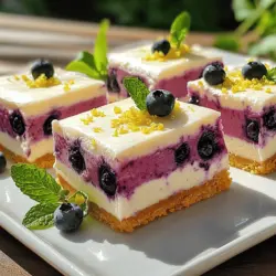 - 1 Tasse Graham-Cracker-Brösel - 450 g Frischkäse, weich - 1 Tasse frische Blaubeeren - 60 g ungesalzene Butter, geschmolzen - 2 Esslöffel Zucker - 60 ml frisch gepresster Zitronensaft (ca. 2 Zitronen) - Abrieb von 1 Zitrone - 150 g Kristallzucker - 2 große Eier - 1 Teelöffel Vanilleextrakt - Eine Prise Salz Heizen Sie den Ofen auf 175°C vor. Bereiten Sie eine 20x20 cm Backform vor. Legen Sie Backpapier hinein und lassen Sie etwas Papier über den Rand hängen. So wird das Herausnehmen einfacher. In einer mittelgroßen Schüssel vermischen Sie die Graham-Cracker-Brösel, die geschmolzene Butter und 2 Esslöffel Zucker. Drücken Sie die Mischung gleichmäßig in die Form. Backen Sie die Kruste etwa 10 Minuten, bis sie goldbraun ist. Lassen Sie sie abkühlen. In einer großen Schüssel schlagen Sie den weichen Frischkäse mit 150 g Kristallzucker glatt. Fügen Sie den Zitronensaft, den Zitronenabrieb, die Eier, das Vanilleextrakt und eine Prise Salz hinzu. Mischen Sie alles gut, aber vorsichtig, bis es glatt ist. Heben Sie die frischen Blaubeeren vorsichtig unter die Masse. Achten Sie darauf, die Beeren nicht zu zerdrücken. Gießen Sie die Käsekuchen-Mischung gleichmäßig über die abgekühlte Kruste. Backen Sie die Riegel 25-30 Minuten. Die Ränder sollten fest sein, aber die Mitte darf leicht wackeln. Schalten Sie den Ofen aus und lassen Sie die Riegel 10 Minuten bei leicht geöffnetem Ofen abkühlen. Nach dem Abkühlen kühlen Sie die Riegel mindestens 4 Stunden im Kühlschrank, bis sie fest sind. Schneiden Sie sie in Quadrate und servieren Sie sie gut gekühlt. Für das vollständige Rezept besuchen Sie bitte [Full Recipe]. - Richtiges Mischen der Zutaten: Beginne mit den weichen Zutaten. Stelle sicher, dass der Frischkäse zimmerwarm ist. So vermischt er sich leichter. Mische alle Zutaten gut, aber sei vorsichtig mit den Blaubeeren. Sie sollen ganz bleiben. - Backzeit und Temperatur-Anpassungen: Jeder Ofen ist anders. Stelle deinen Ofen auf 175°C ein, aber beobachte die Riegel. Sie sollten die Ränder fest und die Mitte leicht wackelnd sein. Wenn sie zu schnell bräunen, decke sie mit Folie ab. - Vorschläge zur Garnierung: Du kannst die Riegel mit frischen Blaubeeren und etwas Zitronenabrieb dekorieren. Ein Minzblatt gibt Farbe und Frische. - Anrichten der Riegel für Gäste: Schneide die Riegel in gleichmäßige Stücke. Serviere sie auf einem weißen Teller. So kommen die Farben schön zur Geltung. - Ersetzen von Blaubeeren mit anderen Früchten: Du kannst die Blaubeeren durch Himbeeren oder Erdbeeren ersetzen. Diese Früchte bringen einen anderen Geschmack. - Glutenfreie Alternativen für die Kruste: Verwende glutenfreie Kekse anstelle von Graham-Crackern. So haben auch glutenfreie Gäste eine gute Wahl. - Hinzufügen von weiteren Aromen wie Lavendel oder Minze: Du kannst einen kleinen Teil Lavendel oder frische Minze in die Käsekuchenmasse geben. Das sorgt für einen einzigartigen Geschmack. - Kombination mit verschiedenen Käsesorten: Probiere, einen Teil des Frischkäses mit Ricotta oder Mascarpone zu ersetzen. Das gibt den Riegeln eine neue Textur und einen neuen Geschmack. Du findest die vollständige Anleitung in der [Full Recipe]. Die Lagerung ist wichtig für die Frische der Riegel. Ich empfehle, die Zitronen-Blaubeer-Käsekuchen-Riegel im Kühlschrank zu lagern. Legen Sie die Riegel in einen luftdichten Behälter. So bleiben sie frisch und lecker. Die Riegel halten sich im Kühlschrank bis zu einer Woche. Achten Sie darauf, sie gut abzudecken, damit sie nicht austrocknen. Wenn Sie die Riegel länger aufbewahren möchten, können Sie sie einfrieren. Schneiden Sie die Riegel in Portionen, bevor Sie sie einfrieren. Wickeln Sie jede Portion in Frischhaltefolie ein. Legen Sie sie dann in einen gefriergeeigneten Behälter. So bleiben die Riegel bis zu drei Monate frisch. Für das Auftauen nehmen Sie die Riegel einfach aus dem Gefrierfach. Lassen Sie sie über Nacht im Kühlschrank auftauen. So bleiben sie saftig und lecker. Genießen Sie sie kühl für den besten Geschmack. {{image_4}} Die Riegel halten sich bis zu einer Woche im Kühlschrank. Bewahren Sie sie in einem luftdichten Behälter auf. So bleiben sie frisch und lecker. Die Kälte hilft, die Textur gut zu halten. Ich empfehle, die Riegel gut abzudecken. Das schützt sie vor Gerüchen aus dem Kühlschrank. Ja, Sie können die Riegel glutenfrei machen. Verwenden Sie glutenfreie Graham-Cracker oder andere glutenfreie Kekse. Achten Sie darauf, die Butter und den Zucker wie im Rezept angegeben zu verwenden. Die Kruste wird trotzdem knusprig und lecker. Glutenfreie Optionen sind einfach zu finden und machen das Rezept vielseitig. Die besten Früchte sind frische Blaubeeren. Sie passen perfekt zu den Zitronen. Man kann auch Himbeeren oder Erdbeeren verwenden. Diese Früchte bringen Farbe und Geschmack. Mischen Sie verschiedene Beeren für einen bunten Effekt. Experimentieren Sie auch mit gefrorenen Früchten, wenn die Saison nicht ideal ist. Für die leckeren Zitronen-Blaubeer-Käsekuchen-Riegel brauchen Sie folgende Zutaten: - 1 Tasse Graham-Cracker-Brösel - 60 g ungesalzene Butter, geschmolzen - 2 Esslöffel Zucker - 450 g Frischkäse, weich - 150 g Kristallzucker - 60 ml frisch gepresster Zitronensaft (ca. 2 Zitronen) - Abrieb von 1 Zitrone - 2 große Eier - 1 Tasse frische Blaubeeren - 1 Teelöffel Vanilleextrakt - Eine Prise Salz Die Zubereitung ist einfach und macht viel Spaß. Sie beginnt mit dem Vorheizen des Ofens auf 175°C. Bereiten Sie Ihre Backform vor, indem Sie sie mit Backpapier auslegen. Lassen Sie etwas Papier über den Rand hängen. So können Sie die Riegel später leicht herausnehmen. Mischen Sie die Graham-Cracker-Brösel, die geschmolzene Butter und den Zucker. Drücken Sie diese Mischung auf den Boden der Form. Backen Sie die Kruste für etwa 10 Minuten. Sie wird leicht goldbraun. Für die Füllung schlagen Sie den weichen Frischkäse mit dem Kristallzucker, bis er cremig ist. Fügen Sie dann den Zitronensaft, den Abrieb, die Eier, das Vanilleextrakt und eine Prise Salz hinzu. Mischen Sie alles gut. Jetzt kommen die Blaubeeren ins Spiel. Heben Sie sie vorsichtig unter die Käsekuchenmasse. Gießen Sie diese Mischung gleichmäßig über die abgekühlte Kruste. Backen Sie die Riegel für 25-30 Minuten. Die Ränder sollten fest sein, die Mitte bleibt jedoch leicht wackelig. Lassen Sie die Riegel im leicht geöffneten Ofen für 10 Minuten abkühlen. Danach kühlen Sie sie für mindestens 4 Stunden im Kühlschrank. Servieren Sie die Riegel gut gekühlt. Schneiden Sie sie in Quadrate und garnieren Sie sie mit etwas Zitronenabrieb und ein paar extra Blaubeeren. Für die Präsentation lege ich die Riegel gerne auf einen weißen Teller. Für das vollständige Rezept besuchen Sie bitte den Abschnitt über die Zubereitung. Die Zitronen-Blaubeer-Käsekuchen-Riegel sind einfach zuzubereiten und lecker. Sie bestehen aus Graham-Cracker-Bröseln, Frischkäse und frischen Blaubeeren. Die Schritt-für-Schritt-Anleitung hilft bei der perfekten Zubereitung. Außerdem gibt es nützliche Tipps für Dekoration und Abwandlungen, um das Rezept zu variieren. Achten Sie auf die richtige Lagerung, um die Frische zu erhalten. Diese Riegel sind eine großartige süße Leckerei für jeden Anlass. Ich hoffe, Sie genießen die Zubereitung und dass sie allen schmecken!