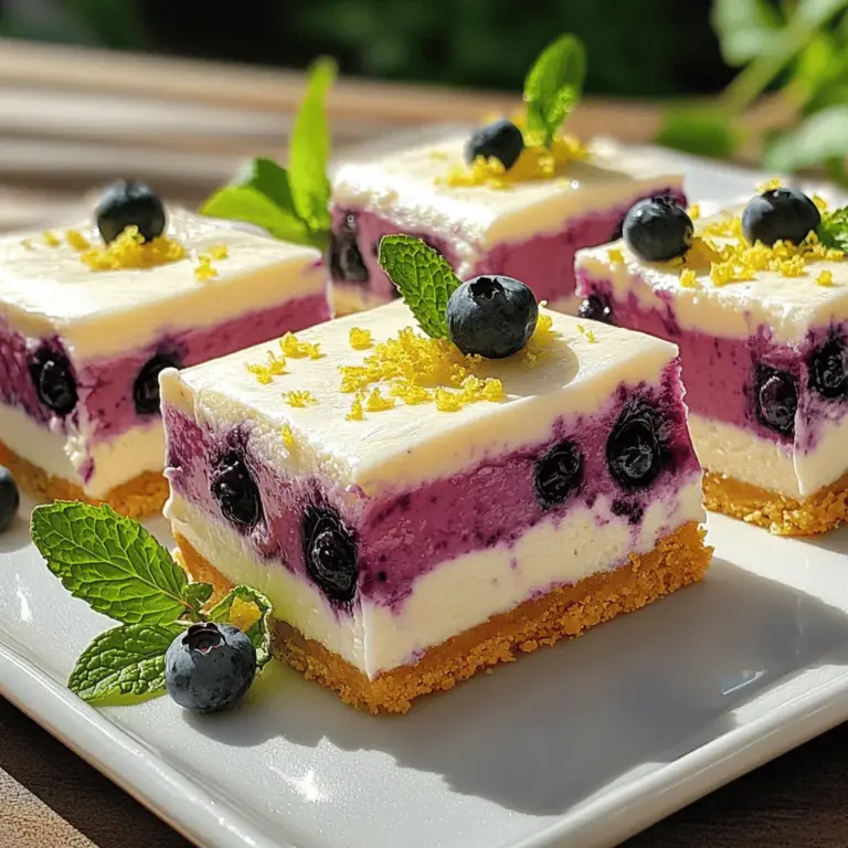- 1 Tasse Graham-Cracker-Brösel - 450 g Frischkäse, weich - 1 Tasse frische Blaubeeren - 60 g ungesalzene Butter, geschmolzen - 2 Esslöffel Zucker - 60 ml frisch gepresster Zitronensaft (ca. 2 Zitronen) - Abrieb von 1 Zitrone - 150 g Kristallzucker - 2 große Eier - 1 Teelöffel Vanilleextrakt - Eine Prise Salz Heizen Sie den Ofen auf 175°C vor. Bereiten Sie eine 20x20 cm Backform vor. Legen Sie Backpapier hinein und lassen Sie etwas Papier über den Rand hängen. So wird das Herausnehmen einfacher. In einer mittelgroßen Schüssel vermischen Sie die Graham-Cracker-Brösel, die geschmolzene Butter und 2 Esslöffel Zucker. Drücken Sie die Mischung gleichmäßig in die Form. Backen Sie die Kruste etwa 10 Minuten, bis sie goldbraun ist. Lassen Sie sie abkühlen. In einer großen Schüssel schlagen Sie den weichen Frischkäse mit 150 g Kristallzucker glatt. Fügen Sie den Zitronensaft, den Zitronenabrieb, die Eier, das Vanilleextrakt und eine Prise Salz hinzu. Mischen Sie alles gut, aber vorsichtig, bis es glatt ist. Heben Sie die frischen Blaubeeren vorsichtig unter die Masse. Achten Sie darauf, die Beeren nicht zu zerdrücken. Gießen Sie die Käsekuchen-Mischung gleichmäßig über die abgekühlte Kruste. Backen Sie die Riegel 25-30 Minuten. Die Ränder sollten fest sein, aber die Mitte darf leicht wackeln. Schalten Sie den Ofen aus und lassen Sie die Riegel 10 Minuten bei leicht geöffnetem Ofen abkühlen. Nach dem Abkühlen kühlen Sie die Riegel mindestens 4 Stunden im Kühlschrank, bis sie fest sind. Schneiden Sie sie in Quadrate und servieren Sie sie gut gekühlt. Für das vollständige Rezept besuchen Sie bitte [Full Recipe]. - Richtiges Mischen der Zutaten: Beginne mit den weichen Zutaten. Stelle sicher, dass der Frischkäse zimmerwarm ist. So vermischt er sich leichter. Mische alle Zutaten gut, aber sei vorsichtig mit den Blaubeeren. Sie sollen ganz bleiben. - Backzeit und Temperatur-Anpassungen: Jeder Ofen ist anders. Stelle deinen Ofen auf 175°C ein, aber beobachte die Riegel. Sie sollten die Ränder fest und die Mitte leicht wackelnd sein. Wenn sie zu schnell bräunen, decke sie mit Folie ab. - Vorschläge zur Garnierung: Du kannst die Riegel mit frischen Blaubeeren und etwas Zitronenabrieb dekorieren. Ein Minzblatt gibt Farbe und Frische. - Anrichten der Riegel für Gäste: Schneide die Riegel in gleichmäßige Stücke. Serviere sie auf einem weißen Teller. So kommen die Farben schön zur Geltung. - Ersetzen von Blaubeeren mit anderen Früchten: Du kannst die Blaubeeren durch Himbeeren oder Erdbeeren ersetzen. Diese Früchte bringen einen anderen Geschmack. - Glutenfreie Alternativen für die Kruste: Verwende glutenfreie Kekse anstelle von Graham-Crackern. So haben auch glutenfreie Gäste eine gute Wahl. - Hinzufügen von weiteren Aromen wie Lavendel oder Minze: Du kannst einen kleinen Teil Lavendel oder frische Minze in die Käsekuchenmasse geben. Das sorgt für einen einzigartigen Geschmack. - Kombination mit verschiedenen Käsesorten: Probiere, einen Teil des Frischkäses mit Ricotta oder Mascarpone zu ersetzen. Das gibt den Riegeln eine neue Textur und einen neuen Geschmack. Du findest die vollständige Anleitung in der [Full Recipe]. Die Lagerung ist wichtig für die Frische der Riegel. Ich empfehle, die Zitronen-Blaubeer-Käsekuchen-Riegel im Kühlschrank zu lagern. Legen Sie die Riegel in einen luftdichten Behälter. So bleiben sie frisch und lecker. Die Riegel halten sich im Kühlschrank bis zu einer Woche. Achten Sie darauf, sie gut abzudecken, damit sie nicht austrocknen. Wenn Sie die Riegel länger aufbewahren möchten, können Sie sie einfrieren. Schneiden Sie die Riegel in Portionen, bevor Sie sie einfrieren. Wickeln Sie jede Portion in Frischhaltefolie ein. Legen Sie sie dann in einen gefriergeeigneten Behälter. So bleiben die Riegel bis zu drei Monate frisch. Für das Auftauen nehmen Sie die Riegel einfach aus dem Gefrierfach. Lassen Sie sie über Nacht im Kühlschrank auftauen. So bleiben sie saftig und lecker. Genießen Sie sie kühl für den besten Geschmack. {{image_4}} Die Riegel halten sich bis zu einer Woche im Kühlschrank. Bewahren Sie sie in einem luftdichten Behälter auf. So bleiben sie frisch und lecker. Die Kälte hilft, die Textur gut zu halten. Ich empfehle, die Riegel gut abzudecken. Das schützt sie vor Gerüchen aus dem Kühlschrank. Ja, Sie können die Riegel glutenfrei machen. Verwenden Sie glutenfreie Graham-Cracker oder andere glutenfreie Kekse. Achten Sie darauf, die Butter und den Zucker wie im Rezept angegeben zu verwenden. Die Kruste wird trotzdem knusprig und lecker. Glutenfreie Optionen sind einfach zu finden und machen das Rezept vielseitig. Die besten Früchte sind frische Blaubeeren. Sie passen perfekt zu den Zitronen. Man kann auch Himbeeren oder Erdbeeren verwenden. Diese Früchte bringen Farbe und Geschmack. Mischen Sie verschiedene Beeren für einen bunten Effekt. Experimentieren Sie auch mit gefrorenen Früchten, wenn die Saison nicht ideal ist. Für die leckeren Zitronen-Blaubeer-Käsekuchen-Riegel brauchen Sie folgende Zutaten: - 1 Tasse Graham-Cracker-Brösel - 60 g ungesalzene Butter, geschmolzen - 2 Esslöffel Zucker - 450 g Frischkäse, weich - 150 g Kristallzucker - 60 ml frisch gepresster Zitronensaft (ca. 2 Zitronen) - Abrieb von 1 Zitrone - 2 große Eier - 1 Tasse frische Blaubeeren - 1 Teelöffel Vanilleextrakt - Eine Prise Salz Die Zubereitung ist einfach und macht viel Spaß. Sie beginnt mit dem Vorheizen des Ofens auf 175°C. Bereiten Sie Ihre Backform vor, indem Sie sie mit Backpapier auslegen. Lassen Sie etwas Papier über den Rand hängen. So können Sie die Riegel später leicht herausnehmen. Mischen Sie die Graham-Cracker-Brösel, die geschmolzene Butter und den Zucker. Drücken Sie diese Mischung auf den Boden der Form. Backen Sie die Kruste für etwa 10 Minuten. Sie wird leicht goldbraun. Für die Füllung schlagen Sie den weichen Frischkäse mit dem Kristallzucker, bis er cremig ist. Fügen Sie dann den Zitronensaft, den Abrieb, die Eier, das Vanilleextrakt und eine Prise Salz hinzu. Mischen Sie alles gut. Jetzt kommen die Blaubeeren ins Spiel. Heben Sie sie vorsichtig unter die Käsekuchenmasse. Gießen Sie diese Mischung gleichmäßig über die abgekühlte Kruste. Backen Sie die Riegel für 25-30 Minuten. Die Ränder sollten fest sein, die Mitte bleibt jedoch leicht wackelig. Lassen Sie die Riegel im leicht geöffneten Ofen für 10 Minuten abkühlen. Danach kühlen Sie sie für mindestens 4 Stunden im Kühlschrank. Servieren Sie die Riegel gut gekühlt. Schneiden Sie sie in Quadrate und garnieren Sie sie mit etwas Zitronenabrieb und ein paar extra Blaubeeren. Für die Präsentation lege ich die Riegel gerne auf einen weißen Teller. Für das vollständige Rezept besuchen Sie bitte den Abschnitt über die Zubereitung. Die Zitronen-Blaubeer-Käsekuchen-Riegel sind einfach zuzubereiten und lecker. Sie bestehen aus Graham-Cracker-Bröseln, Frischkäse und frischen Blaubeeren. Die Schritt-für-Schritt-Anleitung hilft bei der perfekten Zubereitung. Außerdem gibt es nützliche Tipps für Dekoration und Abwandlungen, um das Rezept zu variieren. Achten Sie auf die richtige Lagerung, um die Frische zu erhalten. Diese Riegel sind eine großartige süße Leckerei für jeden Anlass. Ich hoffe, Sie genießen die Zubereitung und dass sie allen schmecken!