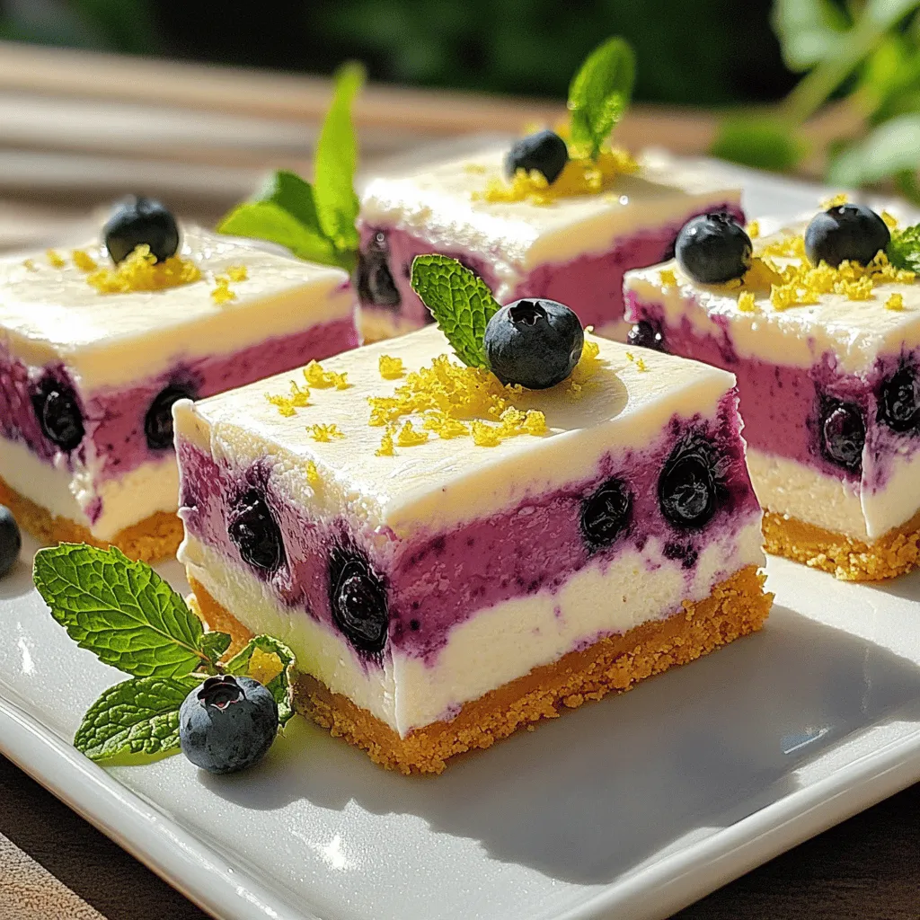 - 1 Tasse Graham-Cracker-Brösel - 450 g Frischkäse, weich - 1 Tasse frische Blaubeeren - 60 g ungesalzene Butter, geschmolzen - 2 Esslöffel Zucker - 60 ml frisch gepresster Zitronensaft (ca. 2 Zitronen) - Abrieb von 1 Zitrone - 150 g Kristallzucker - 2 große Eier - 1 Teelöffel Vanilleextrakt - Eine Prise Salz Heizen Sie den Ofen auf 175°C vor. Bereiten Sie eine 20x20 cm Backform vor. Legen Sie Backpapier hinein und lassen Sie etwas Papier über den Rand hängen. So wird das Herausnehmen einfacher. In einer mittelgroßen Schüssel vermischen Sie die Graham-Cracker-Brösel, die geschmolzene Butter und 2 Esslöffel Zucker. Drücken Sie die Mischung gleichmäßig in die Form. Backen Sie die Kruste etwa 10 Minuten, bis sie goldbraun ist. Lassen Sie sie abkühlen. In einer großen Schüssel schlagen Sie den weichen Frischkäse mit 150 g Kristallzucker glatt. Fügen Sie den Zitronensaft, den Zitronenabrieb, die Eier, das Vanilleextrakt und eine Prise Salz hinzu. Mischen Sie alles gut, aber vorsichtig, bis es glatt ist. Heben Sie die frischen Blaubeeren vorsichtig unter die Masse. Achten Sie darauf, die Beeren nicht zu zerdrücken. Gießen Sie die Käsekuchen-Mischung gleichmäßig über die abgekühlte Kruste. Backen Sie die Riegel 25-30 Minuten. Die Ränder sollten fest sein, aber die Mitte darf leicht wackeln. Schalten Sie den Ofen aus und lassen Sie die Riegel 10 Minuten bei leicht geöffnetem Ofen abkühlen. Nach dem Abkühlen kühlen Sie die Riegel mindestens 4 Stunden im Kühlschrank, bis sie fest sind. Schneiden Sie sie in Quadrate und servieren Sie sie gut gekühlt. Für das vollständige Rezept besuchen Sie bitte [Full Recipe]. - Richtiges Mischen der Zutaten: Beginne mit den weichen Zutaten. Stelle sicher, dass der Frischkäse zimmerwarm ist. So vermischt er sich leichter. Mische alle Zutaten gut, aber sei vorsichtig mit den Blaubeeren. Sie sollen ganz bleiben. - Backzeit und Temperatur-Anpassungen: Jeder Ofen ist anders. Stelle deinen Ofen auf 175°C ein, aber beobachte die Riegel. Sie sollten die Ränder fest und die Mitte leicht wackelnd sein. Wenn sie zu schnell bräunen, decke sie mit Folie ab. - Vorschläge zur Garnierung: Du kannst die Riegel mit frischen Blaubeeren und etwas Zitronenabrieb dekorieren. Ein Minzblatt gibt Farbe und Frische. - Anrichten der Riegel für Gäste: Schneide die Riegel in gleichmäßige Stücke. Serviere sie auf einem weißen Teller. So kommen die Farben schön zur Geltung. - Ersetzen von Blaubeeren mit anderen Früchten: Du kannst die Blaubeeren durch Himbeeren oder Erdbeeren ersetzen. Diese Früchte bringen einen anderen Geschmack. - Glutenfreie Alternativen für die Kruste: Verwende glutenfreie Kekse anstelle von Graham-Crackern. So haben auch glutenfreie Gäste eine gute Wahl. - Hinzufügen von weiteren Aromen wie Lavendel oder Minze: Du kannst einen kleinen Teil Lavendel oder frische Minze in die Käsekuchenmasse geben. Das sorgt für einen einzigartigen Geschmack. - Kombination mit verschiedenen Käsesorten: Probiere, einen Teil des Frischkäses mit Ricotta oder Mascarpone zu ersetzen. Das gibt den Riegeln eine neue Textur und einen neuen Geschmack. Du findest die vollständige Anleitung in der [Full Recipe]. Die Lagerung ist wichtig für die Frische der Riegel. Ich empfehle, die Zitronen-Blaubeer-Käsekuchen-Riegel im Kühlschrank zu lagern. Legen Sie die Riegel in einen luftdichten Behälter. So bleiben sie frisch und lecker. Die Riegel halten sich im Kühlschrank bis zu einer Woche. Achten Sie darauf, sie gut abzudecken, damit sie nicht austrocknen. Wenn Sie die Riegel länger aufbewahren möchten, können Sie sie einfrieren. Schneiden Sie die Riegel in Portionen, bevor Sie sie einfrieren. Wickeln Sie jede Portion in Frischhaltefolie ein. Legen Sie sie dann in einen gefriergeeigneten Behälter. So bleiben die Riegel bis zu drei Monate frisch. Für das Auftauen nehmen Sie die Riegel einfach aus dem Gefrierfach. Lassen Sie sie über Nacht im Kühlschrank auftauen. So bleiben sie saftig und lecker. Genießen Sie sie kühl für den besten Geschmack. {{image_4}} Die Riegel halten sich bis zu einer Woche im Kühlschrank. Bewahren Sie sie in einem luftdichten Behälter auf. So bleiben sie frisch und lecker. Die Kälte hilft, die Textur gut zu halten. Ich empfehle, die Riegel gut abzudecken. Das schützt sie vor Gerüchen aus dem Kühlschrank. Ja, Sie können die Riegel glutenfrei machen. Verwenden Sie glutenfreie Graham-Cracker oder andere glutenfreie Kekse. Achten Sie darauf, die Butter und den Zucker wie im Rezept angegeben zu verwenden. Die Kruste wird trotzdem knusprig und lecker. Glutenfreie Optionen sind einfach zu finden und machen das Rezept vielseitig. Die besten Früchte sind frische Blaubeeren. Sie passen perfekt zu den Zitronen. Man kann auch Himbeeren oder Erdbeeren verwenden. Diese Früchte bringen Farbe und Geschmack. Mischen Sie verschiedene Beeren für einen bunten Effekt. Experimentieren Sie auch mit gefrorenen Früchten, wenn die Saison nicht ideal ist. Für die leckeren Zitronen-Blaubeer-Käsekuchen-Riegel brauchen Sie folgende Zutaten: - 1 Tasse Graham-Cracker-Brösel - 60 g ungesalzene Butter, geschmolzen - 2 Esslöffel Zucker - 450 g Frischkäse, weich - 150 g Kristallzucker - 60 ml frisch gepresster Zitronensaft (ca. 2 Zitronen) - Abrieb von 1 Zitrone - 2 große Eier - 1 Tasse frische Blaubeeren - 1 Teelöffel Vanilleextrakt - Eine Prise Salz Die Zubereitung ist einfach und macht viel Spaß. Sie beginnt mit dem Vorheizen des Ofens auf 175°C. Bereiten Sie Ihre Backform vor, indem Sie sie mit Backpapier auslegen. Lassen Sie etwas Papier über den Rand hängen. So können Sie die Riegel später leicht herausnehmen. Mischen Sie die Graham-Cracker-Brösel, die geschmolzene Butter und den Zucker. Drücken Sie diese Mischung auf den Boden der Form. Backen Sie die Kruste für etwa 10 Minuten. Sie wird leicht goldbraun. Für die Füllung schlagen Sie den weichen Frischkäse mit dem Kristallzucker, bis er cremig ist. Fügen Sie dann den Zitronensaft, den Abrieb, die Eier, das Vanilleextrakt und eine Prise Salz hinzu. Mischen Sie alles gut. Jetzt kommen die Blaubeeren ins Spiel. Heben Sie sie vorsichtig unter die Käsekuchenmasse. Gießen Sie diese Mischung gleichmäßig über die abgekühlte Kruste. Backen Sie die Riegel für 25-30 Minuten. Die Ränder sollten fest sein, die Mitte bleibt jedoch leicht wackelig. Lassen Sie die Riegel im leicht geöffneten Ofen für 10 Minuten abkühlen. Danach kühlen Sie sie für mindestens 4 Stunden im Kühlschrank. Servieren Sie die Riegel gut gekühlt. Schneiden Sie sie in Quadrate und garnieren Sie sie mit etwas Zitronenabrieb und ein paar extra Blaubeeren. Für die Präsentation lege ich die Riegel gerne auf einen weißen Teller. Für das vollständige Rezept besuchen Sie bitte den Abschnitt über die Zubereitung. Die Zitronen-Blaubeer-Käsekuchen-Riegel sind einfach zuzubereiten und lecker. Sie bestehen aus Graham-Cracker-Bröseln, Frischkäse und frischen Blaubeeren. Die Schritt-für-Schritt-Anleitung hilft bei der perfekten Zubereitung. Außerdem gibt es nützliche Tipps für Dekoration und Abwandlungen, um das Rezept zu variieren. Achten Sie auf die richtige Lagerung, um die Frische zu erhalten. Diese Riegel sind eine großartige süße Leckerei für jeden Anlass. Ich hoffe, Sie genießen die Zubereitung und dass sie allen schmecken!