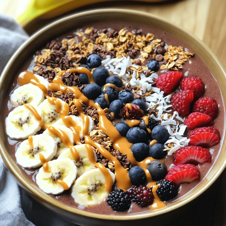 Um eine leckere Schokoladen-Erdnussbutter Smoothie Bowl zu machen, brauchen wir einige einfache Zutaten. Hier sind die Hauptzutaten, die du benötigst: - 2 reife Bananen, gefroren - 1 Tasse ungesüßte Mandelmilch (oder eine andere Milch Deiner Wahl) - 2 Esslöffel ungesüßtes Kakaopulver - 2 Esslöffel natürliche Erdnussbutter - 1 Esslöffel Ahornsirup (optional für zusätzliche Süße) - Eine Prise Meersalz Diese Zutaten sorgen für einen cremigen und schokoladigen Geschmack. Gefrorene Bananen geben eine tolle Textur. Kakaopulver fügt den schokoladigen Geschmack hinzu. Erdnussbutter bringt die nötige Cremigkeit und einen nussigen Kick. Du kannst auch einige Zutaten anpassen. Hier sind einige Ideen: - Verwende Hafermilch oder Sojamilch anstelle von Mandelmilch. - Probiere andere Nussbutter wie Mandel- oder Cashewbutter aus. - Anstelle von Ahornsirup kannst du Honig oder Agavendicksaft verwenden. - Füge Spinat oder Avocado hinzu, um den Nährstoffgehalt zu steigern. Diese Alternativen bieten dir mehr Optionen und können den Genuss der Bowl noch verbessern. Die Toppings machen deine Smoothie Bowl besonders. Sie bringen Farbe und Textur. Hier sind einige tolle Vorschläge: - In Scheiben geschnittene Bananen - Granola für einen Crunch - Kakaonibs für mehr Schokolade - Kokosraspel für Tropenflair - Frische Beeren wie Himbeeren oder Erdbeeren Wähle deine Toppings aus und arrangiere sie schön. So wird deine Schokoladen-Erdnussbutter Smoothie Bowl ein echter Hingucker. Wenn du mehr über die Zubereitung erfahren möchtest, schau dir das Full Recipe an. Um die Schokoladen-Erdnussbutter Smoothie Bowl zu machen, beginne mit den Zutaten. Du brauchst: - 2 reife Bananen, gefroren - 1 Tasse ungesüßte Mandelmilch - 2 Esslöffel ungesüßtes Kakaopulver - 2 Esslöffel natürliche Erdnussbutter - 1 Esslöffel Ahornsirup (optional) - Eine Prise Meersalz Achte darauf, dass die Bananen gut gefroren sind. Das macht die Bowl cremig und kühl. Wenn du keine gefrorenen Bananen hast, kannst du frische verwenden, aber die Konsistenz wird anders sein. Gib alle Zutaten in deinen Mixer. Mixe bei hoher Geschwindigkeit. Du willst eine glatte, cremige Textur. Wenn die Mischung zu dick ist, füge mehr Mandelmilch hinzu. Kratze die Seiten des Mixers ab, wenn nötig. Das hilft, alles gut zu vermischen. Mixen dauert etwa 1 bis 2 Minuten. Du wirst merken, wenn die Konsistenz perfekt ist. Sie sollte dick, aber nicht fest sein. Gieße die Mischung in eine Schüssel. Verwende einen Spatel, um alles herauszubekommen. Jetzt kommt der spaßige Teil: Die Toppings! Arrangiere die in Scheiben geschnittenen Bananen, Granola, Kakaonibs, Kokosraspel und frische Beeren auf der Oberfläche. Sei kreativ! Wenn du möchtest, füge einen kleinen Klecks Erdnussbutter oben drauf. Serviere die Bowl sofort mit einem Löffel. So einfach ist das! Du kannst auch die [Full Recipe] für mehr Details nutzen. Um den vollen Geschmack zu genießen, benutze reife Bananen. Sie sind süß und cremig. Gefrorene Bananen machen die Bowl dick und kalt. Wähle ungesüßte Mandelmilch für einen nussigen Geschmack. Das Kakaopulver sollte ungesüßt sein. So bleibt die Süße im Gleichgewicht. Erdnussbutter gibt der Bowl einen reichen, nussigen Geschmack. Füge eine Prise Meersalz hinzu, um die Aromen zu verstärken. Experimentiere mit verschiedenen Toppings für mehr Textur und Geschmack. Ein häufiger Fehler ist, die Bananen nicht gefroren zu verwenden. Das macht die Bowl wässrig. Achte darauf, die richtige Menge Milch zu nutzen. Zu viel macht die Mischung dünn, zu wenig macht sie schwer zu mixen. Wenn du die Bowl nicht schön anrichtest, sieht sie weniger einladend aus. Nutze frische Zutaten, um die besten Aromen zu erzielen. Vergiss nicht, die Seiten des Mixers abzukratzen. So bekommst du alles aus der Mischung. Um die Nährstoffe zu erhöhen, füge Spinat oder Grünkohl hinzu. Diese grünen Blätter sind reich an Vitaminen und Mineralstoffen. Chiasamen oder Leinsamen sind tolle Ergänzungen. Sie bieten Ballaststoffe und gesunde Fette. Nüsse oder Samen als Topping liefern extra Proteine. Probiere auch Joghurt für mehr Cremigkeit und Probiotika. So wird deine Smoothie Bowl nicht nur lecker, sondern auch gesund. Für das gesamte Rezept schau dir die Full Recipe an. {{image_4}} Die Schokoladen-Erdnussbutter Smoothie Bowl ist sehr anpassbar. Sie können den Geschmack ändern, indem Sie andere Früchte verwenden. Zum Beispiel, fügen Sie Himbeeren oder Erdbeeren hinzu. Diese Beeren bringen eine frische Note. Sie können auch andere Nussbutter probieren. Mandel- oder Cashewbutter geben einen neuen Geschmack. Für einen schärferen Kick können Sie etwas Zimt oder Muskatnuss hinzufügen. Diese Gewürze harmonieren gut mit Schokolade. Wenn Sie eine vegane Version möchten, verwenden Sie einfach pflanzliche Milch. Meine Empfehlung ist ungesüßte Mandelmilch. Sie ist leicht und lecker. Alle anderen Zutaten in diesem Rezept sind bereits vegan und glutenfrei. Achten Sie darauf, glutenfreies Granola zu wählen, wenn Sie eine glutenfreie Option möchten. So bleibt die Smoothie Bowl für alle genießbar. Um Ihre Smoothie Bowl noch besser zu machen, fügen Sie Extras hinzu. Chiasamen oder Leinsamen sind großartige Optionen. Sie erhöhen den Nährstoffgehalt und die Ballaststoffe. Auch Avocado macht die Bowl cremiger und gesünder. Probieren Sie auch Proteinpulver aus, um mehr Energie zu bekommen. Eine kleine Menge reicht aus. Darüber hinaus können Sie Nüsse oder Samen als Topping verwenden. So wird der Crunch noch interessanter. Wenn Sie die Basis variieren möchten, probieren Sie Kokosmilch oder Hafermilch für einen anderen Geschmack. Für das gesamte Rezept schauen Sie sich den [Full Recipe](#) an. Um Reste der Schokoladen-Erdnussbutter Smoothie Bowl zu lagern, füllen Sie eine luftdichte Schüssel. So bleibt die Frische erhalten. Stellen Sie die Schüssel in den Kühlschrank. Essen Sie die Reste innerhalb von 24 Stunden. Wenn Sie sie länger aufbewahren, verlieren sie ihre Cremigkeit. Lagern Sie die gefrorenen Bananen in einem Beutel im Gefrierfach. So bleiben sie frisch und bereit für den nächsten Smoothie. Halten Sie Mandelmilch und Erdnussbutter im Kühlschrank. Achten Sie darauf, die Behälter gut zu verschließen. So verhindern Sie, dass sie verderben. Die Schokoladen-Erdnussbutter Smoothie Bowl schmeckt am besten frisch. Nach der Zubereitung kann sie 1-2 Tage im Kühlschrank bleiben. Die Toppings sollten jedoch frisch hinzugefügt werden. Wenn Sie die Bowl länger aufbewahren, wird die Textur weniger ansprechend. Genießen Sie sie frisch für das beste Geschmackserlebnis! Eine Schokoladen-Erdnussbutter Smoothie Bowl hat etwa 300 bis 400 Kalorien pro Portion. Die genaue Zahl hängt von den Zutaten ab, die du verwendest. Zum Beispiel, wenn du mehr Erdnussbutter oder Ahornsirup hinzufügst, kann die Kalorienzahl steigen. Die Bananen und die Mandelmilch tragen ebenfalls zur Kalorienzahl bei. Es ist wichtig, deine Portionen zu beachten, um die Kalorien im Blick zu behalten. Ja, die Smoothie Bowl kann gut in eine Diät passen. Sie enthält gesunde Fette, Ballaststoffe und Proteine. Diese Nährstoffe helfen dir, dich satt zu fühlen. Wenn du Kalorien reduzieren möchtest, kannst du die Menge an Erdnussbutter oder Ahornsirup verringern. Außerdem sind die Zutaten einfach und leicht zu finden, was die Smoothie Bowl zu einer gesunden Wahl macht. Ja, du kannst andere Milchersatzprodukte verwenden. Statt Mandelmilch kannst du Hafermilch, Sojamilch oder Kokosmilch nehmen. Jede Option gibt deinem Smoothie einen anderen Geschmack. Achte darauf, dass die Milch ungesüßt ist, wenn du den Zuckergehalt niedrig halten möchtest. Du kannst auch pflanzliche Milch mit zusätzlichen Vitaminen wählen, um den Nährwert zu steigern. Für das beste Ergebnis probiere verschiedene Sorten aus! Die Schokoladen-Erdnussbutter Smoothie Bowl ist lecker und nahrhaft. Wir haben die Hauptzutaten, alternative Optionen und köstliche Toppings erkundet. Die Schritt-für-Schritt-Anleitung zeigt, wie du sie perfekt zubereitest. Zudem habe ich Tipps für den besten Geschmack und häufige Fehler angesprochen, die du vermeiden solltest. Variationen und Aufbewahrung sichern Vielfalt und Frische. So bleibt die Smoothie Bowl ein stets neuer Genuss. Nutze die FAQs, um weitere Informationen zu erhalten und dein Wissen zu erweitern. Genieß deine kreative und gesunde Snack-Idee!