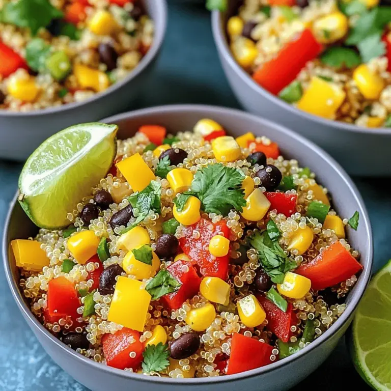 - 1 Tasse Quinoa, gründlich abgespült - 2 Tassen Gemüsebrühe - 1 Dose (15 oz) schwarze Bohnen, abgespült und abgetropft - 1 Tasse Maiskörner (frisch, gefroren oder aus der Dose) - 1 rote Paprika, gewürfelt - 1 gelbe Paprika, gewürfelt - 1 kleine rote Zwiebel, gehackt - 2 Knoblauchzehen, fein gehackt - 1 Limette, ausgepresst und abgerieben - ¼ Tasse frischer Koriander, gehackt Diese Zutaten bringen frische Aromen auf den Tisch. Quinoa ist nahrhaft und leicht zuzubereiten. Die Bohnen liefern Protein und Ballaststoffe. Paprika und Zwiebeln geben Süße und Crunch. Knoblauch sorgt für Geschmack. Limette und Koriander bringen Frische. - 1 Teelöffel gemahlener Kreuzkümmel - 1 Teelöffel geräuchertes Paprikapulver - 1 Teelöffel Chili-Pulver - 2 Esslöffel Olivenöl - Salz und Pfeffer nach Geschmack Die Gewürze sind das Herz des Gerichts. Kreuzkümmel gibt einen warmen, erdigen Geschmack. Geräuchertes Paprikapulver fügt Tiefe hinzu. Chili-Pulver bringt eine leichte Schärfe. Das Olivenöl hilft, alles gut zu vermischen und gibt einen feinen Geschmack. Salz und Pfeffer heben alle Aromen hervor. Für das vollständige Rezept, siehe den Abschnitt Full Recipe. Zuerst würfeln Sie eine kleine rote Zwiebel und zwei Paprika. Eine Paprika sollte rot sein und die andere gelb. Diese bunten Stücke bringen Farbe und Geschmack. Dann spülen Sie die Quinoa gründlich ab und lassen sie abtropfen. So entfernen Sie die Bitterstoffe, die den Geschmack stören könnten. In einem großen Topf erhitzen Sie zwei Esslöffel Olivenöl bei mittlerer Hitze. Fügen Sie die gehackte Zwiebel hinzu und sautieren Sie sie für zwei bis drei Minuten. Die Zwiebel soll glasig werden. Dann geben Sie zwei fein gehackte Knoblauchzehen, die gewürfelten Paprika, einen Teelöffel gemahlenen Kreuzkümmel, einen Teelöffel geräuchertes Paprikapulver und einen Teelöffel Chili-Pulver hinzu. Kochen Sie alles für weitere zwei bis drei Minuten, bis die Paprika weich und aromatisch ist. Jetzt fügen Sie die abgespülte Quinoa in den Topf und rühren alles gut um. Toasten Sie die Quinoa für etwa eine Minute. Dann gießen Sie zwei Tassen Gemüsebrühe hinein. Bringen Sie die Mischung zum Kochen. Reduzieren Sie dann die Hitze auf niedrig. Decken Sie den Topf ab und lassen Sie das Ganze etwa 15 Minuten köcheln. Die Quinoa sollte fluffig sein und die gesamte Flüssigkeit aufgesogen haben. - Überkochende Quinoa verhindern: Achte darauf, die Hitze nach dem Aufkochen zu reduzieren. Zu hohe Hitze lässt die Quinoa überkochen und matschig werden. Wenn du den Topf abdeckst, bleibt die Feuchtigkeit drin und die Quinoa wird schön fluffig. - Richtiges Würzen zur Geschmacksverbesserung: Verwende frische Gewürze, um den Geschmack zu verstärken. Mische Kreuzkümmel und geräuchertes Paprikapulver gut durch. So verteilt sich der Geschmack gleichmäßig. - Variation der Kochzeiten anpassen: Wenn du verschiedene Quinoa-Sorten verwendest, kann sich die Kochzeit ändern. Braune Quinoa benötigt etwas länger als weiße. Probiere einfach, bis sie weich und lecker ist. - Temperaturkontrolle während des Kochens: Halte die Temperatur niedrig, nachdem die Quinoa kocht. Zu hohe Hitze kann die Körner zerbrechen. Ein sanftes Köcheln sorgt für die beste Konsistenz. - Servieren in tiefen Schalen: Eine tiefere Schale gibt deinem Gericht mehr Volumen. So sieht es nicht nur besser aus, sondern bleibt auch länger warm. - Garnieren mit Limettenvierteln und Koriander: Limettenviertel bringen Frische. Koriander verleiht Farbe und einen tollen Duft. Lege beides an die Seite, damit jeder nach Belieben hinzufügen kann. Für das vollständige Rezept, schau dir die [Full Recipe] an. {{image_4}} Du kannst dieses Rezept ganz leicht anpassen. Füge einfach andere Gemüsesorten hinzu. Zucchini bringt eine schöne Süße. Spinat fügt Farbe und Nährstoffe hinzu. Beide Optionen machen das Gericht noch gesünder. Protein macht die Mahlzeit sättigender. Hähnchen passt gut dazu und bringt einen herzhaften Geschmack. Garnelen sind eine tolle Option für Meeresfrüchte-Fans. Sie kochen schnell und bleiben zart. Mit diesen Zutaten wird dein Gericht noch vielfältiger. Möchtest du eine mexikanische Note? Füge zusätzliches Chili hinzu. Es gibt dem Gericht einen scharfen Kick. Du kannst auch Avocado hinzufügen, um die Schärfe auszugleichen. Ein mediterranes Geschmacksprofil ist auch eine Option. Füge Feta und Oliven hinzu, um eine salzige Tiefe zu schaffen. Diese Kombination macht das Gericht besonders frisch und lecker. Du wirst die Vielfalt lieben, die du mit einfachen Zutaten erzielen kannst. Für das vollständige Rezept schau dir die One-Pot Zesty Quinoa Fiesta an. Bewahre die One-Pot Zesty Quinoa Fiesta im Kühlschrank auf. Du kannst sie für bis zu 4 Tage genießen. Stelle sicher, dass du sie in einem luftdichten Behälter aufbewahrst. So bleibt sie frisch. Wenn du sie wieder erhitzen möchtest, mache das einfach in der Mikrowelle oder in einem Topf. Füge ein wenig Wasser hinzu, um ein Austrocknen zu verhindern. Rühre gut um, damit sich die Hitze gleichmäßig verteilt. Für die langfristige Lagerung kannst du die Quinoa Fiesta einfrieren. Sie hält sich bis zu 3 Monate im Gefrierschrank. Teile das Gericht in Portionen auf und lege es in gefriergeeignete Behälter. Das macht das Auftauen einfacher. Um die Quinoa aufzutauen, lege sie einfach über Nacht in den Kühlschrank oder erwärme sie direkt aus dem Gefrierfach in der Mikrowelle. Achte darauf, sie gut umzurühren, damit sie gleichmäßig warm wird. So bleibt der Geschmack frisch und köstlich. Die Zubereitung dauert insgesamt 30 Minuten. Die Vorbereitungszeit beträgt 15 Minuten, und das Kochen dauert 15 Minuten. Sie können schnell eine köstliche Mahlzeit zaubern, die sowohl lecker als auch gesund ist. Ja, Sie können die Quinoa vorher kochen. Das hat einige Vorteile. Vorgekochte Quinoa spart Zeit. Sie können sie einfach hinzufügen und schnell weiterkochen. Allerdings gibt es auch Nachteile. Vorher gekochte Quinoa kann weicher sein. Das kann die Textur des Gerichts ändern. Ich empfehle, die Quinoa direkt im Rezept zu kochen, um die beste Konsistenz zu erhalten. Ja, das Rezept ist vegan. Alle Zutaten stammen aus Pflanzen. Sie können die schwarzen Bohnen, die Quinoa und das Gemüse verwenden. Wenn Sie möchten, können Sie noch mehr Gemüse oder Pflanzenproteine hinzufügen. Das macht das Gericht noch nahrhafter und bunter. Die Zesty-Note kommt von den Gewürzen und der Limette. Kreuzkümmel, geräuchertes Paprikapulver und Chili-Pulver geben Geschmack und Tiefe. Die Limette bringt frische und Säure ins Gericht. Diese Kombination macht es lebendig und interessant. Sie können die Gewürze auch nach Ihrem Geschmack anpassen, um die perfekte Balance zu finden. Die Zubereitung der One-Pot Zesty Quinoa Fiesta ist einfach und schnell. Wir haben frische Zutaten wie Quinoa, Gemüse und Gewürze aufgeführt. Sie können die Gerichte nach Ihrem Geschmack anpassen, indem Sie verschiedene Gemüse und Proteine hinzufügen. Achten Sie auf die Lagerungshinweise, um die Frische zu bewahren. Probieren Sie diese leckeren Variationen aus und bringen Sie Farbe auf Ihren Teller. Gutes Essen sollte Spaß machen und ist leicht zu erreichen. Genießen Sie die Vielfalt und Freude beim Kochen!