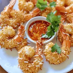 Um knusprige Kokosnuss-Garnelen zu machen, brauchst du einige einfache Zutaten. Hier ist, was du benötigst: - 450 g große Garnelen, geschält und entdarmt - 120 g Allzweckmehl - 2 große Eier, verquirlt - 100 g geraspelte Kokosnuss (süß oder ungesüßt je nach Vorliebe) - 100 g Panko-Brösel - ½ Teelöffel Knoblauchpulver - ½ Teelöffel Paprika - Salz und Pfeffer nach Geschmack - Pflanzenöl zum Frittieren Diese Zutaten sorgen für den klassischen, knusprigen Geschmack. Der Geschmack deiner Garnelen hängt stark von der Qualität der Zutaten ab. Frische Garnelen sind wichtig. Achte darauf, dass sie fest und glänzend sind. Der Unterschied ist groß. Wähle Panko-Brösel für mehr Knusprigkeit. Panko ist leichter und luftiger als normale Semmelbrösel. Wenn du Kokosnuss verwendest, entscheide dich für ungesüßte, um den natürlichen Geschmack der Garnelen zu betonen. Die Gewürze wie Knoblauchpulver und Paprika geben den Garnelen den letzten Schliff. Frische Garnelen erkennst du an ihrem Geruch. Sie sollten mild riechen, nicht fischig. Die Farbe sollte gleichmäßig sein. Überprüfe auch, ob die Schalen glänzend sind. Wenn du gefrorene Garnelen kaufst, lass sie langsam im Kühlschrank auftauen. Das bewahrt ihren Geschmack und die Textur. Mit diesen Tipps machst du deine knusprigen Kokosnuss-Garnelen zu einem echten Hit. Besuche den Link zur [Full Recipe], um die Zubereitung zu sehen. Um perfekte knusprige Kokosnuss-Garnelen zu machen, müssen Sie die Garnelen gut vorbereiten. Beginnen Sie damit, 450 g große Garnelen unter kaltem Wasser abzuspülen. Danach tupfen Sie sie mit Küchenpapier trocken. Das hilft, die Feuchtigkeit zu entfernen. Würzen Sie die Garnelen leicht mit Salz und Pfeffer. Diese einfache Würze bringt den natürlichen Geschmack hervor. Jetzt richten Sie Ihre Panierstation ein. Diese besteht aus drei flachen Schüsseln. Geben Sie 120 g Allzweckmehl in die erste Schüssel. In die zweite Schüssel kommen 2 verquirlte Eier. In die dritte Schüssel vermischen Sie 100 g geraspelte Kokosnuss, 100 g Panko-Brösel, ½ Teelöffel Knoblauchpulver, ½ Teelöffel Paprika, sowie Salz und Pfeffer. Diese Mischung gibt der Panade einen tollen Geschmack. Erhitzen Sie etwa 2,5 cm Pflanzenöl in einer großen Pfanne bei mittlerer bis hoher Hitze. Das Öl sollte heiß sein, etwa 180 °C. Nehmen Sie jede Garnele und wenden Sie sie zuerst im Mehl. Klopfen Sie überschüssiges Mehl ab. Tauchen Sie die bemehlte Garnele dann in die verquirlten Eier. Achten Sie darauf, dass sie gut bedeckt ist. Rollen Sie sie schließlich in der Kokos-Panko-Mischung. Drücken Sie sanft, damit die Panade gut haftet. Geben Sie die panierten Garnelen vorsichtig in das heiße Öl. Frittieren Sie sie in kleinen Portionen, damit die Pfanne nicht überfüllt ist. Frittieren Sie die Garnelen etwa 2-3 Minuten auf jeder Seite. Sie sollten goldbraun und knusprig werden. Nehmen Sie die Garnelen aus dem Öl und legen Sie sie auf einen Teller mit Küchenpapier. Dieses Papier lässt das überschüssige Öl abtropfen. Servieren Sie die Garnelen sofort mit süßer Chili-Dip-Sauce oder Ihrer Lieblingssauce. Um die Garnelen perfekt zu frittieren, ist die Temperatur des Öls entscheidend. Das Öl sollte etwa 180 °C heiß sein. Verwenden Sie ein Thermometer, um sicherzustellen, dass Sie die richtige Temperatur erreichen. Wenn das Öl nicht heiß genug ist, werden die Garnelen fettig und nicht knusprig. Wenn es zu heiß ist, verbrennen die Garnelen außen, während sie innen noch roh bleiben. Frittieren Sie die Garnelen in kleinen Portionen. So können sie gleichmäßig garen und bleiben schön knusprig. Um die Garnelen knusprig zu halten, legen Sie sie nach dem Frittieren auf Küchenpapier. Das Papier saugt überschüssiges Öl auf und verhindert, dass die Garnelen weich werden. Servieren Sie die Garnelen sofort, wenn sie noch heiß sind. Wenn Sie sie warmhalten müssen, legen Sie sie in den Ofen bei niedriger Temperatur. Achten Sie jedoch darauf, sie nicht zu lange dort zu lassen, da sie sonst austrocknen. Falls Sie Zutaten übrig haben, bewahren Sie diese gut auf. Sie können das Mehl, die Kokosnuss und die Panko-Brösel in einem luftdichten Behälter aufbewahren. Diese können Sie für andere Rezepte verwenden. Übrig gebliebene Garnelen können Sie in einem Wrap oder Salat verwenden. Fügen Sie etwas Limettensaft für mehr Geschmack hinzu. Die übrig gebliebenen Zutaten sind vielseitig einsetzbar und verleihen vielen Gerichten einen tollen Geschmack. {{image_4}} Fügen Sie Ananas zu Ihrer Garnelenplatte hinzu. Die Süße der Ananas passt gut zur Kokosnuss. Schneiden Sie frische Ananas in kleine Stücke. Braten Sie die Ananas kurz an, bevor Sie die Garnelen frittieren. Diese Kombination bringt einen tropischen Flair auf Ihren Teller. Servieren Sie die Garnelen und Ananas zusammen auf einem großen Teller. Ein Spritzer Limettensaft verstärkt die Frische. Für eine vegane Version nutzen Sie Tofu statt Garnelen. Verwenden Sie festen Tofu und schneiden Sie ihn in Würfel. Marinieren Sie den Tofu in Sojasauce und Limettensaft. Panieren Sie die Tofu-Würfel nach dem gleichen Verfahren wie die Garnelen. Frittieren Sie sie in heißem Öl, bis sie goldbraun sind. Diese Variante ist lecker und bietet eine tolle Textur. Experimentieren Sie mit verschiedenen Gewürzen. Fügen Sie Curry-Pulver für eine exotische Note hinzu. Paprika bringt eine milde Schärfe. Für einen asiatischen Touch probieren Sie Sesam oder Ingwer. Mischen Sie die Gewürze in die Kokos-Panko-Mischung. So passen die Garnelen zu verschiedenen Gerichten. Diese Variationen machen das Rezept vielseitig und spannend. Für das vollständige Rezept, schauen Sie sich die [Full Recipe] an. Wenn du Garnelen übrig hast, lagere sie in einem luftdichten Behälter. Lass die Garnelen abkühlen, bevor du sie verpackst. So bleiben sie frisch und lecker. Du kannst die Garnelen auch mit etwas Küchenpapier zwischen den Schichten anordnen. Das hilft, die Knusprigkeit zu bewahren. Um die Garnelen wieder aufzuwärmen, benutze eine Pfanne. Erhitze sie auf mittlerer Hitze. Gib die Garnelen hinein und brate sie für etwa zwei Minuten pro Seite. So werden sie wieder knusprig. Du kannst auch einen Ofen nutzen. Stelle ihn auf 180 °C. Lege die Garnelen auf ein Backblech und erwärme sie für 5-7 Minuten. Im Kühlschrank halten sich die Garnelen bis zu drei Tage. Achte darauf, sie gut abzudecken. Wenn du die Garnelen einfrieren möchtest, lege sie in einen Gefrierbeutel. Sie können bis zu drei Monate im Gefrierschrank bleiben. Vergiss nicht, das Datum auf den Beutel zu schreiben. So behältst du den Überblick über die Haltbarkeit. Die Zubereitung der knusprigen Kokosnuss-Garnelen dauert etwa 25 Minuten. Du brauchst 15 Minuten für die Vorbereitung und 10 Minuten zum Frittieren. So hast du schnell ein leckeres Gericht. Ich finde, diese Zeit ist es wert, um die perfekte Kruste zu bekommen. Ja, du kannst die Garnelen auch im Ofen zubereiten. Heize deinen Ofen auf 200 °C vor. Lege die panierten Garnelen auf ein Backblech mit Backpapier. Sprühe sie leicht mit Öl ein. Backe sie für etwa 15 bis 20 Minuten, bis sie goldbraun sind. Diese Methode ist gesünder, aber ich liebe die knusprige Textur aus der Fritteuse. Zu knusprigen Kokosnuss-Garnelen passen viele Dips. Mein Favorit ist süße Chili-Sauce. Du kannst auch eine Mango-Salsa oder Kokosnuss-Curry-Dip ausprobieren. Diese Dips ergänzen die Garnelen perfekt und machen das Essen noch spannender. Kokosnuss-Garnelen sind einfach und lecker. Wir haben die besten Zutaten und Tipps geteilt. Frische Garnelen bringen den besten Geschmack. Die Schritt-für-Schritt-Anleitung hilft beim Frittieren. Denkt an die perfekten Frittierbedingungen, um knusprige Garnelen zu erzielen. Variationen wie die tropische Version machen das Gericht spannend. Auch Aufbewahrung und Wiedererwärmung sind wichtig, um Reste zu genießen. Denkt daran, die Garnelen kreativ zu variieren. So bleibt jedes Gericht frisch und lecker. Viel Spaß beim Kochen und Genießen!