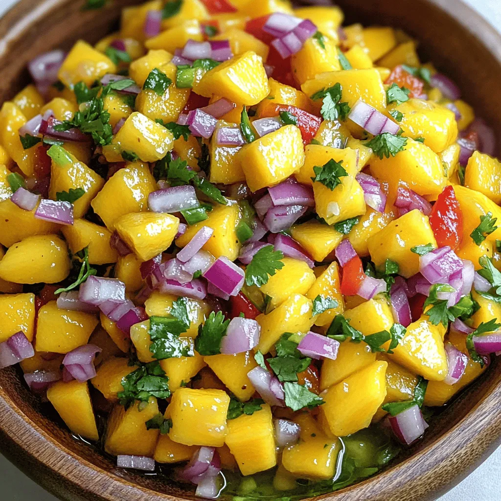 Um eine leckere würzige Mango Salsa zuzubereiten, benötigen Sie die folgenden Zutaten: - 2 reife Mangos, gewürfelt - 1 mittelgroße rote Zwiebel, fein gehackt - 1 rote Paprika, gewürfelt - 1 Jalapeño, entkernt und fein gehackt - 1/4 Tasse frischer Koriander, gehackt - Saft von 2 Limetten - Salz nach Geschmack - 1/2 Teelöffel Kreuzkümmel (optional) Wählen Sie reife Mangos für den besten Geschmack. Reife Mangos fühlen sich weich an, haben einen süßen Duft und eine leicht gelbe oder rote Farbe. Achten Sie darauf, dass die Schale keine dunklen Flecken hat. Manchmal sind grüne Mangos noch nicht reif. Lassen Sie sie einige Tage bei Raumtemperatur reifen. Wenn Sie andere Geschmäcker mögen, probieren Sie diese Alternativen: - Statt roter Zwiebel, verwenden Sie Frühlingszwiebeln für einen milderen Geschmack. - Fügen Sie Ananasstücke hinzu, um eine süßere Note zu erhalten. - Für mehr Schärfe, verwenden Sie Habanero statt Jalapeño. - Ersetzen Sie Koriander durch Petersilie, wenn Sie den Geschmack nicht mögen. Diese Variationen machen die Salsa spannend und passen zu vielen Gerichten. Für die vollständige Anleitung und Zubereitung schauen Sie sich das Full Recipe an. Um die würzige Mango Salsa zuzubereiten, beginnen wir mit frischen Zutaten. Die reifen Mangos sind der Schlüssel. Schneide sie in kleine Würfel. Nimm eine mittelgroße rote Zwiebel und hacke sie fein. Würfle auch die rote Paprika. Füge die Zwiebeln und die Paprika in eine mittlere Schüssel hinzu. Jetzt kommt der spannende Teil! Nimm eine Jalapeño, entferne die Kerne und hacke sie klein. Gib die Jalapeño in die Schüssel. Füge nun 1/4 Tasse gehackten frischen Koriander hinzu. Presse den Saft von zwei Limetten über alles. Würze die Mischung mit etwas Salz. Wenn du magst, kannst du 1/2 Teelöffel Kreuzkümmel hinzufügen. Mische alles vorsichtig, damit die Aromen sich gut verbinden. Lass die Salsa mindestens 10 Minuten ruhen. So kann sie besser schmecken. Die Vorbereitung dauert etwa 15 Minuten. In nur 25 Minuten ist die gesamte Salsa fertig. Du kannst sie gleich genießen! Serviere die Salsa frisch mit Tortilla-Chips oder als leckeren Belag für Hähnchen oder Fisch. Die Farben und Aromen werden alle begeistern. Für die vollständige Anleitung, schau dir das Full Recipe an. Ein häufiger Fehler ist die Auswahl unreifer Mangos. Diese Früchte sind oft sauer und geschmacklos. Achten Sie darauf, dass die Mangos weich und aromatisch sind. Ein weiterer Fehler ist zu viel Limettensaft. Dies kann die anderen Aromen überdecken. Fügen Sie den Saft in kleinen Mengen hinzu und probieren Sie zwischendurch. Um die Aromen zu intensivieren, lassen Sie die Salsa ruhen. Zehn Minuten sind ideal, damit sich die Geschmäcker verbinden. Ein Hauch von Kreuzkümmel gibt der Salsa Tiefe. Experimentieren Sie auch mit frischen Kräutern. Minze oder Basilikum können spannende Akzente setzen. Präsentation ist wichtig. Verwenden Sie eine bunte Schüssel für die Salsa. Fügen Sie frische Korianderblätter als Garnitur hinzu. Das sorgt für einen frischen und ansprechenden Look. Servieren Sie die Salsa mit Tortilla-Chips auf einem großen Teller. Die Farben der Zutaten machen Ihr Gericht lebendig und einladend. Für das vollständige Rezept schauen Sie sich die Full Recipe an. {{image_4}} Mango passt gut zu anderen Früchten. Ananas bringt Süße und einen tollen Knack. Pfirsich bietet eine weiche Textur und feinen Geschmack. Beide Früchte machen die Salsa fruchtiger und bunter. Einfach die gewürfelten Mangos ersetzen. Du wirst die frischen Aromen lieben! Die Schärfe der Salsa ist wichtig. Jalapeño ist ein guter Start, aber probiere mehr! Verwende Serrano oder Habanero für extra Hitze. Diese Chilis geben deiner Salsa mehr Charakter. Schneide sie klein oder püriere sie für eine gleichmäßige Schärfe. So kannst du die perfekte Mischung finden, die dir gefällt. Die Salsa ist von Natur aus vegan und gesund. Du kannst sie mit vielen Gerichten kombinieren. Serviere sie mit gegrilltem Gemüse oder Tacos. Auch als Dip für Nachos ist sie fantastisch. Wenn du ein bisschen mehr Protein willst, füge schwarze Bohnen hinzu. So wird die Salsa noch nahrhafter. Für das vollständige Rezept, schau dir die Anleitung an und genieße die frische Salsa! Um die Frische der würzigen Mango Salsa zu bewahren, lagern Sie sie im Kühlschrank. Verwenden Sie einen luftdichten Behälter. Dies hilft, die Aromen zu schützen und die Salsa länger frisch zu halten. Vermeiden Sie es, die Salsa in einer offenen Schüssel zu lassen. So bleibt sie länger knackig und lecker. Die Salsa bleibt im Kühlschrank etwa drei bis fünf Tage frisch. Achten Sie darauf, sie gut zu verschließen. Wenn Sie sehen, dass die Farben verblassen oder die Salsa einen seltsamen Geruch hat, ist es besser, sie wegzuwerfen. Frische ist der Schlüssel zu einem tollen Geschmack. Möchten Sie die Salsa länger aufbewahren? Das Einfrieren ist eine gute Option. Füllen Sie die Salsa in einen gefrierfesten Behälter oder einen Gefrierbeutel. Lassen Sie etwas Platz, damit sich die Salsa ausdehnen kann. Sie können die Salsa bis zu drei Monate einfrieren. Zum Auftauen einfach über Nacht im Kühlschrank lassen. Genießen Sie die Salsa ganz einfach nach dem Auftauen. So bleibt der Geschmack fast gleich wie frisch zubereitet. Du kannst die Schärfe ganz einfach ändern. Wenn du es mild magst, lass die Jalapeño weg oder nimm eine halbe. Für mehr Schärfe kannst du mehr Jalapeño hinzufügen oder sogar andere Chilis ausprobieren. Du kannst auch die Kerne der Jalapeño entfernen, um die Hitze zu verringern. Experimentiere, bis du die perfekte Mischung gefunden hast! Würzige Mango Salsa passt zu vielen Gerichten. Sie schmeckt toll mit gegrilltem Hähnchen oder Fisch. Du kannst sie auch auf Tacos oder Burritos verwenden. Außerdem ist sie ein Hit bei Partys als Dip mit Tortilla-Chips. Probiere sie auch mit Salaten oder sogar auf gebackenem Gemüse! Ja, du kannst die Salsa einen Tag vorher machen. Das gibt den Aromen Zeit, sich zu verbinden. Achte darauf, sie in einem luftdichten Behälter im Kühlschrank aufzubewahren. Vor dem Servieren, rühre die Salsa gut durch. So bleibt sie frisch und lecker! Für das vollständige Rezept schau dir die vollständige Anleitung an. Diese Anleitung hat Ihnen gezeigt, wie Sie eine köstliche Mango Salsa zubereiten. Wir haben die Zutaten, die Zubereitung und praktische Tipps zur Vermeidung häufiger Fehler behandelt. Denken Sie daran, verschiedene Variationen auszuprobieren, um den Geschmack anzupassen. Lagern Sie die Salsa richtig, damit sie lange frisch bleibt. Mit diesen Tipps und Tricks können Sie sicher eine leckere Salsa kreieren, die zu vielen Gerichten passt. Trauen Sie sich, kreativ zu sein!