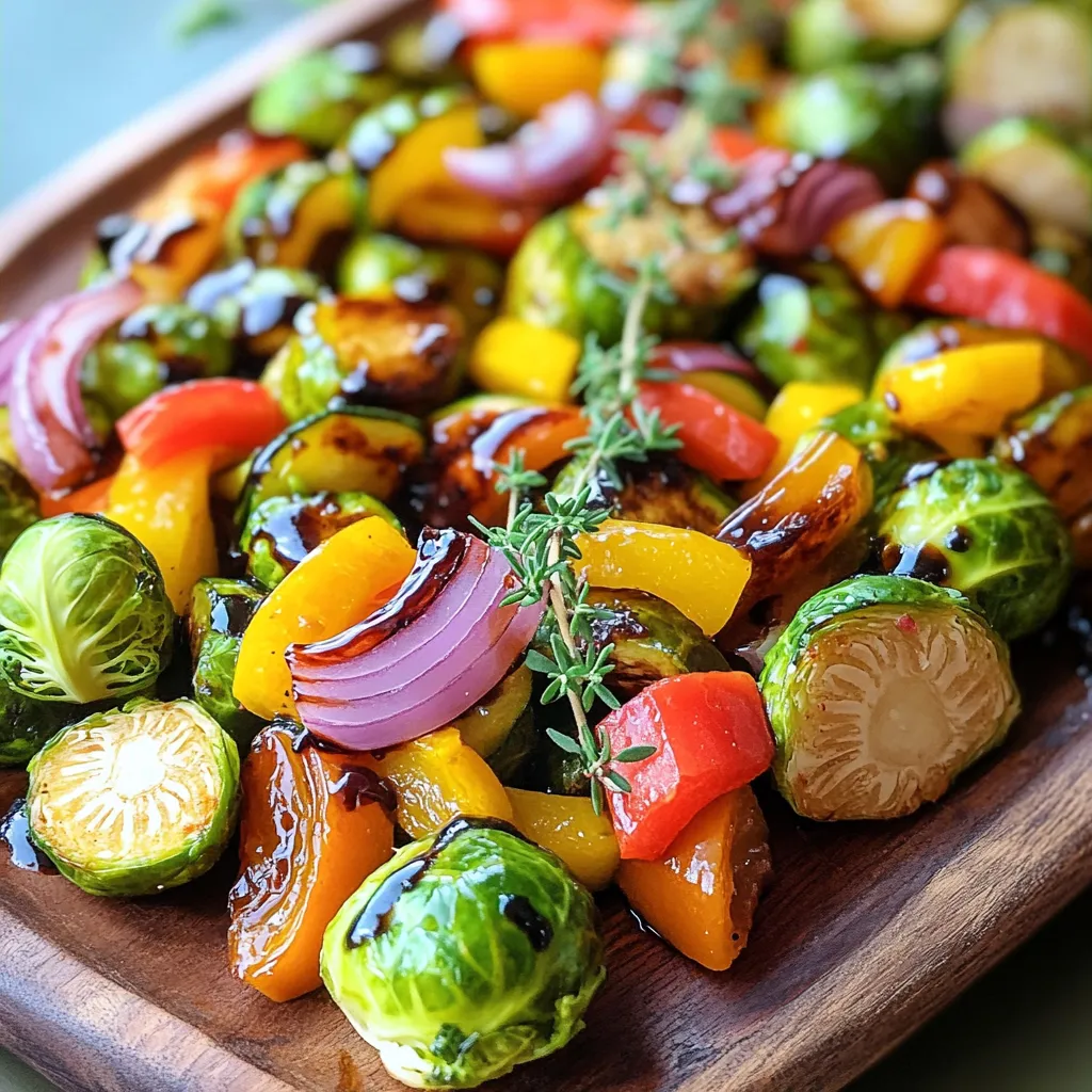 Für dieses leckere Gericht brauchen Sie einige frische Zutaten. Hier ist die Liste: - 2 Tassen Rosenkohl, halbiert - 1 rote Paprika, in Streifen geschnitten - 1 gelbe Paprika, in Streifen geschnitten - 1 Zucchini, in Scheiben geschnitten - 1 rote Zwiebel, in Spalten geschnitten Diese bunten Gemüse machen das Gericht nicht nur schön, sondern auch gesund. Rosenkohl bietet Ballaststoffe, während Paprika viel Vitamin C hat. Zucchini bringt eine zarte Textur. Die richtige Mischung aus Gewürzen macht alles besser. Für unser Rezept benötigen Sie: - 2 Esslöffel Olivenöl - 3 Esslöffel Balsamico-Essig - 1 Esslöffel Honig oder Ahornsirup - 2 Knoblauchzehen, fein gehackt - Salz und schwarzer Pfeffer nach Geschmack Olivenöl sorgt für einen reichhaltigen Geschmack. Balsamico-Essig bringt eine süß-saure Note. Honig oder Ahornsirup helfen, die Aromen zu balancieren. Der frische Knoblauch fügt eine schöne Tiefe hinzu. Frische Kräuter machen das Gericht lebendiger. Hier sind einige Optionen: - Frischer Thymian - Frischer Rosmarin Beide Kräuter passen gut zu geröstetem Gemüse. Sie geben einen tollen Duft und Geschmack. Wenn Sie die Kräuter am Ende hinzufügen, sehen sie auch gut aus! Verwenden Sie die [Full Recipe], um Schritt für Schritt zu lernen, wie man dieses Gericht zubereitet. Um die Balsamico-Röstgemüse zuzubereiten, müssen wir zuerst die Zutaten vorbereiten. Nehmen Sie sich Zeit für diesen Schritt. - Halbieren Sie die Rosenkohl und schneiden Sie die Paprika in Streifen. - Schneiden Sie die Zucchini in Scheiben und die rote Zwiebel in Spalten. - Legen Sie alles in eine große Schüssel. Jetzt kommt der spannende Teil: die Balsamico-Mischung. Diese Mischung gibt dem Gemüse einen tollen Geschmack. - Nehmen Sie eine kleine Schüssel. - Mischen Sie das Olivenöl, den Balsamico-Essig, den Honig oder Ahornsirup, die gehackten Knoblauchzehen, Salz und Pfeffer. - Rühren Sie alles gut um, bis es gleichmäßig aussieht. Jetzt ist es Zeit, die Gemüse zu rösten. Das Rösten bringt die Aromen zur Geltung. - Heizen Sie Ihren Ofen auf 220 °C vor. - Gießen Sie die Balsamico-Mischung über das Gemüse in der großen Schüssel. - Rühren Sie alles um, bis das Gemüse gut bedeckt ist. - Verteilen Sie das Gemüse auf einem Backblech mit Backpapier. Rösten Sie das Gemüse für 25-30 Minuten. Rühren Sie es nach 15 Minuten um, damit es gleichmäßig gart. Nach dem Rösten nehmen Sie das Blech aus dem Ofen. Lassen Sie das Gemüse kurz abkühlen. Jetzt können Sie das köstliche Balsamico-Röstgemüse genießen. Wenn Sie mehr Details suchen, schauen Sie sich das komplette Rezept für Balsamico-Glasierte Regenbogen-Gemüse-Medley an. Für Balsamico-Röstgemüse eignet sich eine Vielzahl an Gemüsesorten. Ich empfehle: - Rosenkohl - Paprika (rot und gelb) - Zucchini - Rote Zwiebel Diese Gemüsesorten bringen Farbe und Geschmack. Sie rösten gleichmäßig und ergeben eine tolle Textur. Du kannst auch Karotten oder Kürbis hinzufügen, um mehr Süße zu bekommen. Die richtige Temperatur ist wichtig für das Rösten. Ich empfehle 220 °C (425 °F). Bei dieser Temperatur karamellisiert das Gemüse gut. - Roste das Gemüse etwa 25-30 Minuten. - Wende das Gemüse nach der Hälfte der Zeit. So garen alle Stücke gleichmäßig. Achte darauf, dass das Gemüse zart und leicht gebräunt ist. Um den Geschmack zu variieren, kannst du verschiedene Zutaten ausprobieren. - Füge frische Kräuter wie Thymian oder Rosmarin hinzu. - Experimentiere mit verschiedenen Balsamico-Sorten. Ein süßerer Balsamico bringt mehr Tiefe. - Probiere auch Gewürze wie Paprika oder Kreuzkümmel. Diese kleinen Änderungen machen viel aus und bringen frische Ideen in dein Gericht. Diese Tipps helfen dir, das Balsamico-Röstgemüse noch interessanter zu gestalten. Für das vollständige Rezept schau dir die Balsamico-Glasierte Regenbogen-Gemüse-Medley an. {{image_4}} Balsamico-Röstgemüse ist von Natur aus vegan und glutenfrei. Sie brauchen keine tierischen Produkte. Das Rezept passt gut zu jedem, der pflanzlich lebt. Sie können auch andere Gemüse verwenden. Probieren Sie Karotten oder Süßkartoffeln für mehr Süße. Balsamico gibt es in vielen Variationen. Jeder Typ hat seinen eigenen Geschmack. Ein alter Balsamico ist süßer und dicker. Ein junger Balsamico hat einen schärferen Geschmack. Experimentieren Sie mit diesen Sorten. So finden Sie die perfekte Mischung für Ihre Gemüse. Möchten Sie das Gericht noch nahrhafter machen? Fügen Sie Kichererbsen oder Linsen hinzu. Diese Zutaten geben dem Gericht mehr Protein. Sie sind auch sehr sättigend. So wird Ihr Balsamico-Röstgemüse noch gesünder. Das Rezept bleibt einfach und lecker, selbst mit diesen Ergänzungen. Nach dem Rösten lasse das Gemüse kurz abkühlen. Fülle es dann in einen luftdichten Behälter. So bleibt es frisch. Stelle den Behälter in den Kühlschrank. Das Gemüse schmeckt auch kalt gut in Salaten. Um die Reste aufzuwärmen, nutze den Ofen oder die Mikrowelle. Im Ofen heizt du ihn auf 180 °C. Lege das Gemüse auf ein Blech und erwärme es für etwa 10 bis 15 Minuten. In der Mikrowelle kannst du es in 1-2 Minuten aufwärmen. Achte darauf, dass das Gemüse nicht zu weich wird. Die Reste halten sich gut im Kühlschrank. Dort bleiben sie 3 bis 5 Tage genießbar. Achte darauf, dass der Behälter gut verschlossen ist. Wenn du das Gemüse länger aufbewahren möchtest, friere es ein. So bleibt der Geschmack erhalten. Ich röste das Gemüse etwa 25 bis 30 Minuten. Die genaue Zeit hängt von der Gemüsesorte ab. Manchmal möchte ich, dass das Gemüse leicht karamellisiert ist. Rühren Sie das Gemüse nach der Hälfte der Zeit um. So wird es gleichmäßig gar. Überprüfen Sie die Konsistenz beim Rosten. Es sollte zart, aber nicht matschig sein. Ja, Sie können dieses Rezept im Airfryer zubereiten. Der Airfryer ist perfekt für schnelles Rösten. Stellen Sie die Temperatur auf etwa 200 °C ein. Rösten Sie das Gemüse in Chargen, um Platz zu schaffen. Die Garzeit beträgt etwa 15 bis 20 Minuten. Schütteln Sie den Korb einmal, um ein gleichmäßiges Garen zu gewährleisten. Balsamico-Röstgemüse passt gut zu vielen Gerichten. Ich empfehle, es zu Fleisch oder Fisch zu servieren. Es ergänzt auch Pasta oder Quinoa gut. Ein frischer Salat macht die Mahlzeit leicht und gesund. Für eine schmackhafte Kombination können Sie auch Feta oder Parmesan hinzufügen. Für das vollständige Rezept schauen Sie sich die Balsamico-Glasierte Regenbogen-Gemüse-Medley an. Balsamico-Glasierte Regenbogen-Gemüse-Medley ist ein einfaches und leckeres Gericht. Wir haben die besten Zutaten, Gewürze und frischen Kräuter betrachtet. Ich habe dir eine Schritt-für-Schritt-Anleitung gegeben, um es perfekt zuzubereiten. Tipps zu den besten Gemüsen und Röstzeiten helfen dir, das Gericht zu optimieren. Du kannst Variationen ausprobieren, um dein Gericht zu verändern. Achte auf die Lagerung, damit die Reste frisch bleiben. Dieses Rezept ist vielseitig und gesund. Probiere es aus und genieße die leckeren Aromen!