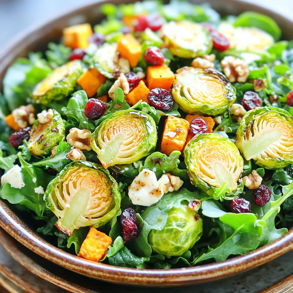 - 450 g Rosenkohl, halbiert - 1 mittelgroße Süßkartoffel, gewürfelt - 4 Tassen gemischte Blattsalate (Spinat, Grünkohl, Rucola) Die Hauptzutaten sind einfach und gesund. Rosenkohl hat viele Ballaststoffe. Süßkartoffeln bringen eine süße Note. Die Blattsalate sorgen für Frische und Farbe. Diese Mischung macht den Salat nahrhaft und lecker. - 2 Esslöffel Olivenöl - 1 Teelöffel Knoblauchpulver - Salz und Pfeffer nach Geschmack Die Gewürze bringen Geschmack. Olivenöl ist gesund und hilft beim Rösten. Knoblauchpulver fügt eine aromatische Note hinzu. Salz und Pfeffer verbessern den Geschmack. Diese Zutaten sind wichtig für den perfekten Salat. - 60 g getrocknete Cranberries - 60 g Walnüsse, grob gehackt - 60 g Feta-Käse, zerbröselt (optional) - 2 Esslöffel Balsamico-Vinaigrette Zusätzliche Zutaten machen den Salat besonders. Cranberries sind süß und fruchtig. Walnüsse bieten einen knusprigen Biss. Feta-Käse fügt einen salzigen Geschmack hinzu. Balsamico-Vinaigrette bringt Säure und verbindet alles. Diese Extras machen den Salat noch besser. Wenn Sie mehr darüber wissen möchten, können Sie die [Full Recipe] ansehen. - Heizen Sie den Ofen auf 200°C vor. - Mischen Sie Rosenkohl und Süßkartoffeln mit Olivenöl, Knoblauchpulver, Salz und Pfeffer. - Achten Sie darauf, dass das Gemüse gut beschichtet ist. - Breiten Sie das Gemüse auf einem Backblech aus. - Rösten Sie es 25-30 Minuten lang. - Wenden Sie das Gemüse nach der Hälfte der Zeit für eine gleichmäßige Röstung. - Anrichten der gemischten Blattsalate in einer großen Servierschüssel. - Verwenden Sie frische Blattsalate für einen knackigen Biss. - Fügen Sie das geröstete Gemüse, Cranberries, Walnüsse und Feta hinzu. - Beträufeln Sie alles mit Vinaigrette. - Mischen Sie vorsichtig, damit die Zutaten gleichmäßig verteilt sind. Für das vollständige Rezept schauen Sie sich bitte die [Full Recipe] an. Um das Gemüse perfekt zu rösten, achten Sie darauf, es gleichmäßig zu wenden. Nach der Hälfte der Röstzeit, also etwa nach 12-15 Minuten, nehmen Sie das Blech heraus. Verwenden Sie einen Spatel, um das Gemüse zu wenden. Dies sorgt dafür, dass alle Seiten schön knusprig werden. Achten Sie darauf, dass die Stücke nicht überfüllt sind, damit sie gleichmäßig rösten. Die Gewürze in diesem Rezept sind vielseitig. Sie können Knoblauchpulver durch frischen Knoblauch ersetzen, wenn Sie einen stärkeren Geschmack wünschen. Fügen Sie auch etwas Paprika oder Kreuzkümmel hinzu, um dem Gericht mehr Tiefe zu geben. Wenn Sie es süßer mögen, probieren Sie einen Hauch von Honig oder Ahornsirup. Für eine ansprechende Servierung richten Sie den Salat in einer großen Schüssel an. Streuen Sie die Walnüsse und Cranberries obenauf für einen schönen Farbtupfer. Ein Spritzer zusätzlicher Vinaigrette gibt dem Salat einen frischen Look. Servieren Sie ihn mit frischen Kräutern wie Petersilie oder Schnittlauch für zusätzlichen Geschmack und Farbe. {{image_4}} Um den Salat noch bunter zu machen, kannst du weitere pflanzliche Zutaten hinzufügen. Überlege, geröstete Karotten oder Rote Bete für eine süße Note zu verwenden. Auch Avocado bringt eine cremige Textur. Erbsen oder Kichererbsen fügen mehr Protein hinzu. Frische Kräuter wie Petersilie oder Schnittlauch geben einen frischen Geschmack. Wenn du mehr Protein möchtest, ergänze den Salat mit Hühnchen oder Quinoa. Gegrilltes Hühnchen passt gut zu den Aromen. Verwende gekochte Quinoa für eine vegane Option. Quinoa hat viele Nährstoffe und macht den Salat sättigender. Du kannst sogar Kichererbsen oder schwarze Bohnen verwenden. Sie sind proteinreich und sehr lecker. Balsamico-Vinaigrette ist klasse, aber es gibt viele Alternativen. Eine Zitronen-Tahini-Soße bringt Frische und Cremigkeit. Du kannst auch Joghurt mit Kräutern für eine cremige Variante mischen. Ein einfaches Olivenöl-Zitronen-Dressing ist leicht und gesund. Spiele mit Gewürzen wie Senf oder Honig, um neuen Geschmack zu kreieren. Bewahren Sie die Reste des Salats in einem luftdichten Behälter auf. So bleibt der Salat frisch. Stellen Sie sicher, dass der Behälter gut verschlossen ist. So verhindern Sie, dass der Salat austrocknet oder andere Gerüche aufnimmt. Es ist am besten, die Reste innerhalb von drei Tagen zu essen. Der Salat hält sich im Kühlschrank etwa drei Tage. Nach dieser Zeit kann die Frische nachlassen. Die Süßkartoffeln und der Rosenkohl verlieren ihre Knusprigkeit. Am besten genießen Sie den Salat frisch zubereitet. Wenn Sie ihn länger aufbewahren, wird die Textur nicht so gut sein. Um den Salat aufzuwärmen, verwenden Sie eine Pfanne bei mittlerer Hitze. Fügen Sie einen kleinen Schuss Olivenöl hinzu. So bleibt der Salat saftig und die Aromen kommen zurück. Rühren Sie den Salat vorsichtig um, damit das Gemüse nicht zerfällt. Vermeiden Sie die Mikrowelle, da sie die Textur negativ beeinflussen kann. Sie können den Salat bis zu drei Tage im Kühlschrank lagern. Bewahren Sie ihn in einem luftdichten Behälter auf. So bleibt er frisch und lecker. Achten Sie darauf, das Dressing getrennt zu halten, damit der Salat knusprig bleibt. Ja, gefrorener Rosenkohl und Süßkartoffeln sind gute Alternativen. Sie sparen Zeit und sind oft gleichwertig frisch. Achten Sie darauf, sie vor dem Rösten gut abzutropfen. Gefrorenes Gemüse kann mehr Wasser abgeben, was die Röstung beeinflussen kann. Dieser Salat eignet sich hervorragend für Meal Prep. Bereiten Sie die Einzelteile vor und lagern Sie sie getrennt. Röstgemüse, Salat und Dressing halten sich gut. Mischen Sie sie erst kurz vor dem Essen. So bleibt alles frisch und geschmackvoll. Ja, Sie können die Cranberries weglassen. Sie bringen Süße, aber es gibt Alternativen. Versuchen Sie, frische Äpfel oder Birnen hinzuzufügen. Diese geben auch eine süße Note und frische. Wenn Sie keine Früchte möchten, verwenden Sie Nüsse oder Samen für zusätzlichen Crunch. Dieser Blogbeitrag hat Ihnen gezeigt, wie Sie einen leckeren Salat mit Rosenkohl und Süßkartoffeln zubereiten. Wir haben die Hauptzutaten, Gewürze und Variationen besprochen. Vergessen Sie nicht, den perfekten Röstprozess zu beachten und den Salat ansprechend zu präsentieren. In meinen letzten Gedanken: Experimentieren Sie mit Zutaten und würzen Sie nach Ihrem Geschmack! So machen Sie jedes Mal etwas Einzigartiges.