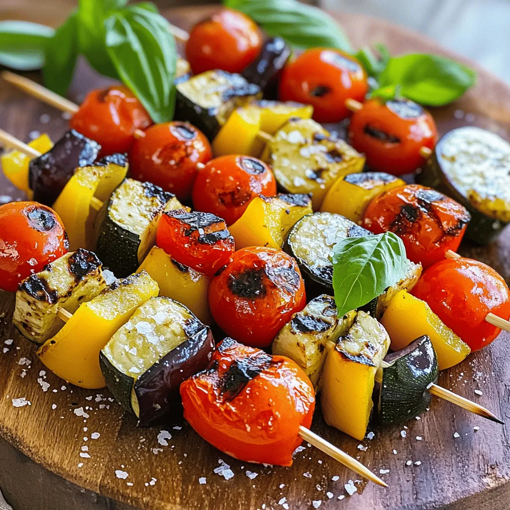 - 1 rote Paprika - 1 gelbe Paprika - 1 Zucchini - 1 Aubergine - 1 rote Zwiebel - 8 Kirschtomaten - 3 Esslöffel Olivenöl - 2 Knoblauchzehen - 1 Teelöffel getrockneter Oregano - 1 Teelöffel geräuchertes Paprikapulver - Salz und Pfeffer - Vorbereitungszeit: 15 Minuten - Gesamtzeit: 30 Minuten - Portionen: 4 Um die besten gegrillten Gemüse-Spieße zu machen, benötigen Sie frische und bunte Zutaten. Ich liebe die Kombination aus roter und gelber Paprika. Diese Farben machen die Spieße nicht nur schön, sie schmecken auch lecker zusammen. Zucchini und Aubergine bringen eine schöne Textur. Die rote Zwiebel gibt einen tollen Geschmack. Kirschtomaten sind süß und platzen beim Grillen, was die Spieße noch saftiger macht. Für die Marinade mische ich Olivenöl, gehackten Knoblauch, Oregano und geräuchertes Paprikapulver. Diese Mischung gibt den Spießen einen tollen Geschmack. Fügen Sie Salz und Pfeffer hinzu, um alles abzurunden. Die Zubereitung ist einfach. Schneiden Sie das Gemüse in gleich große Stücke. Das sorgt dafür, dass alles gleichmäßig gart. Lassen Sie das Gemüse mindestens 15 Minuten in der Marinade ziehen. So nehmen die Spieße mehr Geschmack auf. Mit diesen Zutaten und der Marinade sind Sie bereit für ein tolles Grillfest. Für das vollständige Rezept besuchen Sie bitte [Full Recipe]. Um die Holzspieße vorzubereiten, weiche sie 30 Minuten in Wasser ein. Dies verhindert, dass sie auf dem Grill verbrennen. Ein weiterer Tipp ist, die Spieße nicht direkt über die Flamme zu platzieren. So vermeidest du schnelle Verbrennungen und kannst die Spieße gleichmäßig garen. Die Marinade ist der Schlüssel zu großartigem Geschmack. Mische in einer kleinen Schüssel 3 Esslöffel Olivenöl, 2 fein gehackte Knoblauchzehen, 1 Teelöffel getrockneten Oregano und 1 Teelöffel geräuchertes Paprikapulver. Füge Salz und Pfeffer nach Geschmack hinzu. Frische Kräuter wie Basilikum oder Petersilie können auch einen tollen Geschmack bringen. Sie verleihen deiner Marinade einen frischen Kick. Schneide das Gemüse in gleich große Stücke. Verwende 1 rote Paprika, 1 gelbe Paprika, 1 Zucchini, 1 Aubergine, 1 rote Zwiebel und 8 Kirschtomaten. Das gleichmäßige Schneiden sorgt für gleichmäßiges Garen. Gib das geschnittene Gemüse in eine große Schüssel und gieße die Marinade darüber. Mische alles vorsichtig, damit jedes Stück gut bedeckt ist. Lasse das Gemüse mindestens 15 Minuten marinieren. So ziehen die Aromen richtig ein. Heize deinen Grill auf mittlere bis hohe Temperatur vor. Fädel die marinierten Gemüsestücke abwechselnd auf die eingeweichten Spieße. Achte auf eine schöne Farbmischung. Lege die Spieße auf den Grill und gare sie 10-12 Minuten lang. Wende die Spieße regelmäßig, damit das Gemüse gleichmäßig gar wird und schöne Grillstreifen bekommt. Nach dem Grillen lasse die Spieße eine Minute ruhen, bevor du sie servierst. So bleiben sie saftig und zart. Für das vollständige Rezept, einschließlich der genauen Zubereitung, siehe den Abschnitt Full Recipe. - Optimale Grillzeit: Grillen Sie die Spieße 10 bis 12 Minuten lang. Wenden Sie sie regelmäßig. So bekommen sie schöne Grillstreifen. - Erkennung der Garstufe: Das Gemüse sollte zart sein, aber nicht zerfallen. Überprüfen Sie die Zucchini und Aubergine. Sie sind gut, wenn sie leicht eindrückbar sind. - Ideen für zusätzliche Gewürze: Sie können Kreuzkümmel oder Thymian hinzufügen. Diese Gewürze geben den Spießen einen neuen Geschmack. - Alternativen zu Olivenöl: Verwenden Sie Avocadoöl oder Sonnenblumenöl. Diese Öle sind leicht und passen gut zum Gemüse. - Anrichten der Spieße: Legen Sie die Spieße auf eine große Platte. Beträufeln Sie sie mit der restlichen Marinade für mehr Geschmack. - Beilagen, die gut dazu passen: Servieren Sie die Spieße mit Quinoa oder einem frischen Salat. Beides ergänzt die Aromen der Spieße wunderbar. Für das Full Recipe schauen Sie in den entsprechenden Abschnitt. {{image_4}} Für gegrillte Gemüse-Spieße gibt es viele Optionen. Du kannst verschiedene Gemüsesorten mischen. Probiere zum Beispiel: - Champignons - Zucchini - Paprika - Kürbis - Brokkoli Saisonale Anpassungen bringen frische Aromen. Im Sommer sind Zucchini und Auberginen perfekt. Im Herbst kannst du Kürbis und Rüben verwenden. Wenn du vegane oder glutenfreie Optionen suchst, gibt es viele Alternativen. Für eine pflanzenbasierte Marinade benutze: - Sojasauce - Zitronensaft - Kräuter wie Thymian oder Rosmarin Glutenfreie Marinade-Ideen sind einfach. Mische Olivenöl mit frischen Kräutern und Gewürzen. So bleibt der Geschmack stark und lecker. Füllbare Spieße bieten viele Möglichkeiten. Du kannst Protein hinzufügen. Tofu und Tempeh sind tolle Optionen. Für ein einfaches Rezept mit Tofu, mariniere ihn mit Olivenöl und Gewürzen. Schneide ihn in Würfel und fädele ihn auf die Spieße. Tempeh bietet einen herzhafteren Geschmack. Du kannst ihn auch marinieren und grillen. Diese Variationen machen deine Gemüse-Spieße bunt und schmackhaft. Probiere verschiedene Kombinationen und genieße die Vielfalt! Um die Reste Ihrer gegrillten Gemüse-Spieße frisch zu halten, legen Sie sie in einen Behälter. Achten Sie darauf, dass der Behälter luftdicht ist. Lagern Sie die Spieße im Kühlschrank. So bleiben sie etwa drei bis fünf Tage genießbar. Wenn Sie sicherstellen wollen, dass die Spieße frisch bleiben, können Sie sie auch in Alufolie einwickeln. Dies hilft, die Feuchtigkeit zu bewahren. Wenn Sie mehr Spieße zubereitet haben, als Sie essen können, frieren Sie die Reste ein. Wickeln Sie die Spieße in Frischhaltefolie oder legen Sie sie in einen Gefrierbeutel. So bleiben sie bis zu drei Monate haltbar. Beim Einfrieren sollten Sie die Spieße nicht überladen. Dies hilft, ein gleichmäßiges Einfrieren zu gewährleisten. Um die gefrorenen Spieße aufzuwärmen, können Sie die Mikrowelle oder den Grill verwenden. Wenn Sie die Mikrowelle nutzen, stellen Sie die Leistung auf mittlere Stufe und erhitzen Sie für zwei bis drei Minuten. Wenn Sie den Grill nutzen, legen Sie die Spieße auf eine niedrige Temperatur für etwa fünf bis sieben Minuten. So werden sie schön warm, ohne zu verbrennen. Die Marinade ist nicht nur für die Spieße gut. Sie können sie auch für andere Rezepte nutzen. Zum Beispiel passt sie gut zu gegrilltem Hühnchen oder Fisch. Verwenden Sie die Marinade auch als Dressing für Salate. Dies gibt Ihrem Gericht mehr Geschmack und Tiefe. Eine weitere Idee ist, die Marinade als Basis für eine Sauce zu verwenden. Mischen Sie sie mit Joghurt für einen leckeren Dip. Wenn Sie also Reste haben, verschwenden Sie sie nicht! Diese Marinade ist vielseitig und kann viele Gerichte aufwerten. Grillen Sie die Gemüse-Spieße 10 bis 12 Minuten. Wenden Sie sie regelmäßig. So garen sie gleichmäßig. Die Spieße sind fertig, wenn das Gemüse zart und leicht gebräunt ist. Überprüfen Sie die Garstufe der Zwiebel und der Paprika. Diese sind gute Indikatoren für die Garzeit. Beliebte Gemüsesorten für Spieße sind Paprika, Zucchini und Aubergine. Auch Champignons und Zwiebeln sind toll. Weniger bekannte Optionen sind Fenchel oder Radieschen. Diese bringen einen besonderen Geschmack. Variieren Sie die Auswahl, um neue Aromen zu entdecken. Ja, Sie können die Spieße auch im Ofen machen. Stellen Sie den Ofen auf 200 Grad Celsius ein. Legen Sie die Spieße auf ein Backblech. Backen Sie sie etwa 15 Minuten. Wenden Sie sie nach der Hälfte der Zeit, um eine schöne Bräunung zu erhalten. Sie können Metallspieße nutzen. Diese sind wiederverwendbar und halten länger. Alternativ können Sie auch Gemüse verwenden. Zucchini oder Paprika können als Basis dienen. Diese Ideen helfen, Müll zu reduzieren und sind kreativ. Um den Geschmack zu verstärken, probieren Sie verschiedene Kräuter. Frischer Thymian oder Rosmarin sind tolle Optionen. Marinieren Sie das Gemüse länger, um den Geschmack zu intensivieren. Auch ein Spritzer Zitrone bringt Frische. Experimentieren Sie mit verschiedenen Gewürzen, um die Aromen zu variieren. Ja, die Spieße sind bereits vegetarisch. Sie können auch Tofu oder Tempeh hinzufügen. Marinieren Sie diese Zutaten gleich wie das Gemüse. Das gibt den Spießen zusätzlichen Geschmack und Protein. So wird Ihr Gericht noch sättigender. Für das vollständige Rezept schauen Sie bitte in den Abschnitt "Full Recipe". Gegrillte Gemüse-Spieße sind einfach und lecker. Mit frischen Zutaten und einer tollen Marinade machen sie jede Grillparty besser. In diesem Blog haben wir die wichtigsten Zutaten, die Anleitung und Tipps geteilt. Egal ob vegan oder glutenfrei, es gibt viele Variationen. Denken Sie auch an die Lagerung von Resten und die Verwendung der Marinade. Diese Spieße sind nicht nur gesund, sondern auch vielseitig. Probieren Sie sie aus und genießen Sie die köstlichen Aromen. Essen Sie gesund und genießen Sie das Grillen!