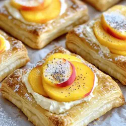 Für den perfekten Pfirsich-Creme-Käse-Danish benötigst du folgende Hauptzutaten: - 1 Packung gekühlter Blätterteig (2 Blätter, aufgetaut) - 225 g Frischkäse, weich gerührt - 60 g Puderzucker - 1 Teelöffel Vanilleextrakt - 2 reife Pfirsiche, dünn geschnitten - 1 Esslöffel Zitronensaft - 1 Ei (für die Ei-Glasur) - 1 Esslöffel Milch (für die Ei-Glasur) Diese Zutaten sorgen für eine tolle Mischung aus Frische und Cremigkeit. Um deinen Danish noch besser zu machen, kannst du einige Beigaben und Garnierungen nutzen: - Puderzucker zum Bestäuben - Sesam- oder Chiasamen für einen knackigen Biss Diese kleinen Extras bringen mehr Geschmack und eine schöne Optik auf den Tisch. Wenn du nicht alle Zutaten zur Hand hast, hier sind einige Substitute: - Statt Frischkäse kannst du Ricotta verwenden. - Dosenpfirsiche sind eine gute Option, wenn frische nicht verfügbar sind. - Verwende Agavendicksaft, wenn du keinen Puderzucker hast. Mit diesen Alternativen kannst du trotzdem einen leckeren Danish zaubern. Zuerst heizen Sie den Ofen auf 200 °C (400 °F) vor. Nehmen Sie ein Backblech und legen Sie es mit Backpapier aus. In einer Schüssel vermengen Sie den weichen Frischkäse, Puderzucker und Vanilleextrakt. Schlagen Sie die Mischung mit einem Handmixer, bis sie glatt ist. Das sorgt für einen tollen Geschmack. Jetzt rollen Sie die Blätterteigblätter auf einer leicht bemehlten Fläche aus. Schneiden Sie jedes Blatt in 6 gleich große Quadrate. Markieren Sie mit einem scharfen Messer ein kleineres Quadrat in jedem Teigquadrat. Achten Sie darauf, den Teig nicht ganz durchzuschneiden, damit ein Rand entsteht. Mischen Sie die dünn geschnittenen Pfirsiche mit Zitronensaft, um ihre Farbe zu bewahren. Geben Sie in die Mitte jedes markierten Teigquadrats einen Esslöffel der Frischkäsefüllung. Legen Sie dann einige Pfirsichscheiben darauf. Verquirlen Sie das Ei mit der Milch und bestreichen Sie die Ränder der Teigquadrate mit der Ei-Glasur. Jetzt sind die Danishes bereit für den Ofen! Backen Sie sie für 15 bis 18 Minuten, bis der Teig goldbraun und knusprig ist. Um eine perfekte Textur zu erreichen, achten Sie darauf, den Blätterteig nicht zu überarbeiten. Zu viel Kneten kann die Blätterteigstruktur zerstören. Vor dem Backen sollten die Danishes gut gekühlt sein. Das hilft, die Schichten knusprig zu halten. Wenn Sie die Danishes warm servieren, werden sie besonders köstlich! Diese leckeren Pfirsich-Creme-Käse-Danish sind ein toller Snack für jeden Tag. Für mehr Details siehe das Full Recipe. Blätterteig ist einfach zu verwenden, wenn Sie einige Dinge beachten. Lassen Sie den Teig vollständig auftauen. Ein kalter Teig bricht leicht. Rollen Sie den Teig auf einer bemehlten Fläche aus. Achten Sie darauf, ihn gleichmäßig dünn zu machen. Die Blätter sollten gleich groß sein, um gleichmäßig zu backen. Markieren Sie die Ränder leicht, um eine schöne Form zu bekommen. Dies hilft dem Teig, beim Backen aufzugehen. Beim Backen gibt es einige häufige Fehler. Überfüllen Sie die Teigstücke nicht mit Füllung. Zu viel Füllung lässt den Teig durchweichen. Stellen Sie sicher, dass der Ofen vor dem Backen heiß ist. Ein kalter Ofen kann die Backzeit verlängern. Achten Sie darauf, den Blätterteig gut zu beobachten. Er sollte goldbraun und knusprig sein. Wenn Sie die Danish zu lange backen, werden sie trocken. Sie können die Füllung im Voraus zubereiten. Mischen Sie den Frischkäse, Puderzucker und Vanille. Lagern Sie die Mischung im Kühlschrank. Auch die Pfirsiche können Sie vorbereiten. Schneiden Sie sie und geben Sie Zitronensaft dazu. Das verhindert das Braunwerden. Am Tag des Backens rollen Sie den Teig aus und füllen ihn. So sparen Sie Zeit und können die Danish frisch genießen. Weitere Tipps finden Sie im Full Recipe. {{image_4}} Wenn Sie Abwechslung wollen, tauschen Sie die Pfirsiche aus. Äpfel oder Beeren sind tolle Alternativen. Sie können auch Kirschen oder Birnen verwenden. Für eine exotische Note probieren Sie Mangos oder Ananas. Schneiden Sie die Früchte klein und mischen Sie sie mit etwas Zitronensaft. So bleibt die Farbe frisch. Jeder hat seine Vorlieben. Fügen Sie Zimt oder Muskatnuss zur Füllung hinzu. Dies gibt einen besonderen Geschmack. Wenn Sie eine süßere Note mögen, erhöhen Sie den Puderzucker. Für einen herzhaften Snack können Sie Feta oder Spinat verwenden. Diese Optionen machen Ihre Danish einzigartig. Wenn Sie vegan sind, verwenden Sie pflanzlichen Frischkäse. Erhältlich in vielen Supermärkten, schmeckt er gut. Für glutenfreie Optionen nehmen Sie glutenfreien Blätterteig. Achten Sie darauf, dass alle Zutaten glutenfrei sind. So können alle in den Genuss dieser Leckerei kommen. Genießen Sie die Vielfalt der Möglichkeiten! Diese Variationen lassen sich leicht umsetzen. Sie können die Rezepte nach Ihrem Geschmack anpassen. Nutzen Sie die Ideen, um Neues zu entdecken. Probieren Sie verschiedene Kombinationen aus. So wird jeder Bissen zu einem Erlebnis! Um die Pfirsich-Creme-Käse-Danish frisch zu halten, lagere sie in einem luftdichten Behälter. Stelle sicher, dass der Behälter gut verschlossen ist. So bleibt der Teig knusprig und die Füllung cremig. Du kannst die Danishes auch in Frischhaltefolie einwickeln. Lagere sie bei Raumtemperatur, wenn du sie schnell essen willst. Bei längerer Lagerung empfehle ich den Kühlschrank. Wenn du die Danishes wieder aufwärmen möchtest, heize den Ofen auf 180 °C vor. Lege die Danishes auf ein Backblech und backe sie für etwa 5–10 Minuten. So wird der Teig wieder knusprig. Du kannst auch die Mikrowelle benutzen, aber der Teig wird nicht so knusprig. Erwärme sie dort nur für 15–20 Sekunden. Im Kühlschrank bleiben die Pfirsich-Creme-Käse-Danish etwa 3 bis 5 Tage frisch. Wenn du sie länger aufbewahren möchtest, friere sie ein. Im Gefrierschrank halten sie bis zu 2 Monate. Verpacke sie gut in Frischhaltefolie oder einem luftdichten Behälter, um Gefrierbrand zu vermeiden. Vor dem Servieren lassen sich die gefrorenen Danishes einfach im Kühlschrank auftauen. Du kannst sie dann wie gewohnt aufwärmen. Die Zubereitung eines Pfirsich-Creme-Käse-Danish dauert insgesamt etwa 35 Minuten. Die Vorbereitungszeit beträgt etwa 15 Minuten. Dabei schneiden Sie die Pfirsiche, bereiten die Füllung vor und rollen den Blätterteig aus. Das Backen im Ofen dauert dann 15 bis 18 Minuten. So können Sie schnell einen köstlichen Snack zaubern. Ja, Sie können Dosenpfirsiche verwenden. Achten Sie darauf, die Pfirsiche gut abzutropfen, um überschüssige Flüssigkeit zu vermeiden. Frische Pfirsiche bieten jedoch einen besseren Geschmack und eine bessere Textur. Wenn Sie frische Pfirsiche verwenden, wählen Sie reife, saftige Früchte für das beste Ergebnis. Die besten Zutaten finden Sie in Ihrem örtlichen Supermarkt oder auf Wochenmärkten. Suchen Sie nach frischen, reifen Pfirsichen. Achten Sie darauf, hochwertigen Frischkäse und frisches Blattwerk zu kaufen. Bio-Zutaten sind oft geschmackvoller und gesünder. Für eine vollständige Anleitung zu den Zutaten können Sie das Rezept [Full Recipe] anschauen. Die Herstellung eines Pfirsich-Creme-Käse-Danish ist einfach und macht Spaß. Wir haben die wichtigsten Zutaten besprochen, Tipps zum Backen und Tricks zur optimalen Nutzung von Blätterteig. Du solltest auch Variationen ausprobieren, um neue Geschmäcker zu entdecken. Das richtige Lagern ist wichtig für die Frische deiner Leckereien. Nutze die FAQs für weitere Klärungen. Mit diesen Informationen kannst du erfolgreich in der Küche arbeiten und deine Gäste beeindrucken. Viel Spaß beim Backen und genießen!